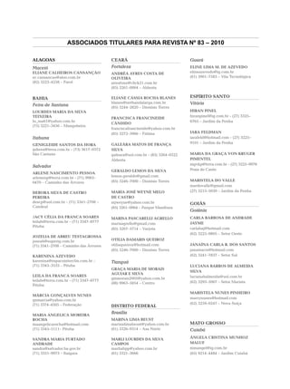 ASSOCIADOS TITULARES PARA REVISTA Nº 83 – 2010

ALAGOAS                                 CEARÁ                                 Guará
Maceió                                  Fortaleza                             ELINE LIMA M. DE AZEVEDO
ELIANE CALHEIROS CANSANÇÃO              ANDRÉA AYRES COSTA DE                 elineazevedo@ig.com.br
ec.cansancao@aloo.com.br                OLIVEIRA                              (61) 3901–7583 – Vila Tecnológica
(82) 3223–4258 – Farol                  airesfono@click21.com.br
                                        (85) 3261–0064 – Aldeota

BAHIA                                   ELIANE CÁSSIA ROCHA BLANES            ESPÍRITO SANTO
                                        blanes@netbandalarga.com.br           Vitória
Feira de Santana                        (85) 3244–2820 – Dionísio Torres
LOURDES MARIA DA SILVA                                                        HIRAN PINEL
TEIXEIRA                                                                      hiranpinel@ig.com.br - (27) 3325–
                                        FRANCISCA FRANCINEIDE
lu_ma61@yahoo.com.br                                                          6765 – Jardim da Penha
                                        CÂNDIDO
(75) 3221–3456 – Mangabeira
                                        franciscafrancineide@yahoo.com.br
                                        (85) 3272–3966 – Fátima               IARA FELDMAN
Itabuna                                                                       iarafeld@hotmail.com - (27) 3225–
                                        GALEÁRA MATOS DE FRANÇA               9101 – Jardim da Penha
GENIGLEIDE SANTOS DA HORA
gshora@terra.com.br - (73) 3617–0372    SILVA
São Caetano                             galeara@uol.com.br - (85) 3264–0322   MARIA DA GRAÇA VON KRUGER
                                        Aldeota                               PIMENTEL
                                                                              mgvkp@terra.com.br - (27) 3225–9978
Salvador
                                        GERALDO LEMOS DA SILVA                Praia do Canto
ARLENE NASCIMENTO PESSOA
arlenenp@terra.com.br - (71) 9983–      lemos.geraldo@gmail.com
                                        (85) 3246–7000 – Dionísio Torres      MARISTELA DO VALLE
0470 – Caminho das Árvores
                                                                              mardovalle@gmail.com
DEBORA SILVA DE CASTRO                  MARIA JOSÉ WEYNE MELO                 (27) 3215–5039 – Jardim da Penha
PEREIRA                                 DE CASTRO
descp@uol.com.br - (71) 3341–2708 –     mjweyne@yahoo.com.br                  GOIÁS
Candeal                                 (85) 3261–0064 – Parque Manibura
                                                                              Goiânia
JACY CÉLIA DA FRANCA SOARES             MARISA PASCARELLI AGRELLO             CARLA BARBOSA DE ANDRADE
leilafs@terra.com.br - (71) 3347–8777                                         JAYME
                                        marisagrello@gmail.com
Pituba
                                        (85) 3267–5714 – Varjota              carlabaj@hotmail.com
                                                                              (62) 3225–9805 – Setor Oeste
JOZELIA DE ABREU TESTAGROSSA
jozeab@superig.com.br                   OTILIA DAMARIS QUEIROZ
(71) 3341–2708 – Caminho das Árvores    otiliaqueiroz@hotmail.com             JANAÍNA CARLA R. DOS SANTOS
                                        (85) 3246–7000 – Dionísio Torres      janainacrs@hotmail.com
KARENINA AZEVEDO                                                              (62) 3241–7837 – Setor Sul
karenina@espacointerclin.com.br -       Tianguá
(71) 3345–3535 – Pituba                                                       LUCIANA BARROS DE ALMEIDA
                                        GRAÇA MARIA DE MORAIS
                                                                              SILVA
                                        AGUIAR E SILVA
LEILA DA FRANCA SOARES                                                        lucianabalmeida@uol.com.br
                                        gmmorais2005@yahoo.com.br
leilafs@terra.com.br - (71) 3347–8777                                         (62) 3293–3067 – Setor Marista
                                        (88) 9963–5854 – Centro
Pituba

                                                                              MARISTELA NUNES PINHEIRO
MÁRCIA GONÇALVES NUNES
                                                                              marrynunes@hotmail.com
gnmarcia@yahoo.com.br
(71) 3374–4505 – Federação                                                    (62) 3259–0247 – Nova Suíça
                                        DISTRITO FEDERAL
                                        Brasília
MARIA ANGELICA MOREIRA
ROCHA                                   MARINA LIMA BEUST
maangelicarocha@hotmail.com             marinalimabeust@yahoo.com.br          MATO GROSSO
(71) 3345–1111– Pituba                  (61) 3326–9314 – Asa Norte            Cuiabá

SANDRA MARIA FURTADO                    MARLI LOURDES DA SILVA                ÂNGELA CRISTINA MUNHOZ
ANDRADE                                 CAMPOS                                MALUF
sandra@salvador.ba.gov.br               marliabpp@yahoo.com.br                mmangel@ig.com.br
(71) 3351–9973 – Itaigara               (61) 3321–3666                        (65) 9214–4484 – Jardim Cuiabá
 