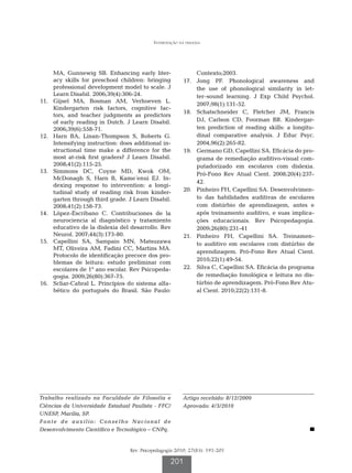 Intervenção na dislexia




        MA, Gunnewig SB. Enhancing early liter-                      Contexto;2003.
        acy skills for preschool children: bringing          	17.	   Jong PF. Phonological awareness and
        professional development model to scale. J                   the use of phonological similarity in let-
        Learn Disabil. 2006;39(4):306-24.                            ter–sound learning. J Exp Child Psychol.
	11.	   Gijsel MA, Bosman AM, Verhoeven L.
                                                                     2007;98(1):131-52.
        Kindergarten risk factors, cognitive fac-
                                                             	18.	   Schatschneider C, Fletcher JM, Francis
        tors, and teacher judgments as predictors
        of early reading in Dutch. J Learn Disabil.                  DJ, Carlson CD, Foorman BR. Kindergar-
        2006;39(6):558-71.                                           ten prediction of reading skills: a longitu-
	12.	   Harn BA, Linan-Thompson S, Roberts G.                        dinal comparative analysis. J Educ Psyc.
        Intensifying instruction: does additional in-                2004,96(2):265-82.
        structional time make a difference for the           	19.	   Germano GD, Capellini SA. Eficácia do pro-
        most at-risk first graders? J Learn Disabil.                 grama de remediação auditivo-visual com-
        2008;41(2):115-25.                                           putadorizado em escolares com dislexia.
	13.	   Simmons DC, Coyne MD, Kwok OM,                               Pró-Fono Rev Atual Cient. 2008;20(4):237-
        McDonagh S, Harn B, Kame´enui EJ. In-
                                                                     42.
        dexing response to intervention: a longi-
        tudinal study of reading risk from kinder-           	20.	   Pinheiro FH, Capellini SA. Desenvolvimen-
        garten through third grade. J Learn Disabil.                 to das habilidades auditivas de escolares
        2008;41(2):158-73.                                           com distúrbio de aprendizagem, antes e
	14.	   López-Escribano C. Contribuciones de la                      após treinamento auditivo, e suas implica-
        neurociencia al diagnóstico y tratamiento                    ções educacionais. Rev Psicopedagogia.
        educativo de la dislexia del desarrollo. Rev                 2009;26(80):231-41
        Neurol. 2007;44(3):173-80.                           	21.	   Pinheiro FH, Capellini SA. Treinamen-
	15.	   Capellini SA, Sampaio MN, Matsuzawa                          to auditivo em escolares com distúrbio de
        MT, Oliveira AM, Fadini CC, Martins MA.
                                                                     aprendizagem. Pró-Fono Rev Atual Cient.
        Protocolo de identificação precoce dos pro-
                                                                     2010;22(1):49-54.
        blemas de leitura: estudo preliminar com
        escolares de 1º ano escolar. Rev Psicopeda-          	22.	   Silva C, Capellini SA. Eficácia do programa
        gogia. 2009;26(80):367-75.                                   de remediação fonológica e leitura no dis-
	16.	   Scliar-Cabral L. Princípios do sistema alfa-                 túrbio de aprendizagem. Pró-Fono Rev Atu-
        bético do português do Brasil. São Paulo:                    al Cient. 2010;22(2):131-8.




Trabalho realizado na Faculdade de Filosofia e               Artigo recebido: 8/12/2009
Ciências da Universidade Estadual Paulista - FFC/            Aprovado: 4/3/2010
UNESP, Marília, SP.
Fonte de auxílio: Conselho Nacional de
Desenvolvimento Científico e Tecnológico – CNPq.


                                     Rev. Psicopedagogia 2010; 27(83): 191-201

                                                       201
 