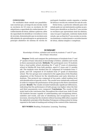 Moraes MP & Capellini SA




    CONCLUSÃO                                           português brasileiro sendo expostos a tarefas
    Os resultados deste estudo nos possibilita-         de leitura e escrita em contexto de sala de aula.
ram concluir que, ao longo do ano escolar, tanto           Desta forma, o protocolo utilizado para este
os escolares do GI como os escolares do GII             estudo pode ser um instrumento auxiliar ao pro-
adquiriram a capacidade de conhecimento e re-           fessor para identificar ao final do 2º ano escolar
conhecimento de letras, sílabas e palavras, além        os escolares que apresentam sinal da dislexia,
da capacidade de identificar e reconhecer erros         uma vez que é esperado, conforme dados deste
de inversão, demonstrando que os escolares sem          estudo, que ao final do 2º ano escolar os escola-
dificuldades de aprendizagem se apropriam do            res dominem o conhecimento e reconhecimento
princípio alfabético do sistema de escrita do           de letras, sílabas simples e complexas.




                                               SUMMARY
                  Knowledge of letters, syllables and words by students 1st and 2nd gra-
                                        des of basic education

                Purpose: Verify and compare the performance of students from 1st and
            2 grades of basic education in knowledge of letters, syllables and words
             nd

            in three assessment periods. Methods: The participants were 19 students
            from a local public school attending the 1st and 2nd years of elementary
            school in Marília-SP, from both genders, aged 6-7 years and 11 months
            old. The students were divided into GI: composed of 9 students from 1st
            grade, and GII: composed of 10 students from 2nd grade of elementary
            school. The two groups were subjected to the application of the Brazilian
            adaptation of the Protocol for the identification and early detection of
            dyslexia. This protocol was composed of two parts, called reading level
            and identification of specific errors. The results were statistically analyzed
            in order to compare the performance of the groups in the three assessment
            periods. Results: The results revealed statistically significant differences,
            indicating that the performance of both groups was higher when the first
            and third assessments were compared. Conclusions: The results of this
            study lead to the conclusion that, throughout the school year, both GI and
            GII students became capable of understanding and recognizing letters,
            syllables and words, and also of identifying and recognizing errors of
            inversion, showing that the students without learning difficulties acquired
            the alphabetic principle of the Brazilian Portuguese writing system by being
            exposed to the tasks of reading and writing in the context of the classroom.

                  KEY WORDS: Reading. Evaluation. Learning. Teaching.




                                  Rev. Psicopedagogia 2010; 27(84): 325-33

                                                   332
 