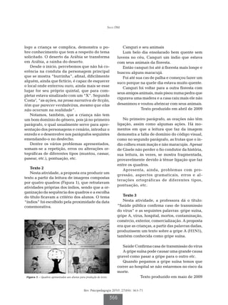 Silva DM




logo a criança se complica, demonstra o po-                                Canguri e seu animais
bre conhecimento que tem a respeito do tema                                Lum belo dia ensolarado bem quente sem
solicitado. O deserto da Arábia se transforma                           luvens no céu, Canguri um índio que estava
em Arábia, a rainha do deserto.                                         com seus animais da floresta.
    Desde o início, percebemos que não há co-                              Então canguri foi até á floresta mais longe e
erência na conduta da personagem principal                              buscou alguns maracujá.
que se mostra “burrinha”, afinal, dificilmente                             Foi até sua cas de palha e começou fazer um
alguém, ainda que fictício, é capaz de esquecer                         suco porque na quele dia estava muito quente.
o local onde enterrou ouro, ainda mais se esse
                                                                           Canguri foi voltar para a outra floresta com
lugar for seu próprio quintal, que para com-
                                                                        seus amigos animais, mais pisou numa pedra que
pletar estava sinalizado com um “X”. Segundo
                                                                        cigurava uma madera e a casa caiu mais ele não
Costa7, “as ações, na prosa narrativa de ficção,
têm que parecer verdadeiras, mesmo que elas                             desanimou e voutou abrincar com seus animais.
não ocorram na realidade”.                                                           Texto produzido em abril de 2009
    Notamos, também, que a criança não tem
um bom domínio do gênero, pois já no primeiro                              No primeiro parágrafo, as orações não têm
parágrafo, o qual usualmente serve para apre-                           ligação, assim como algumas ações. Há mo-
sentação dos personagens e cenário, introduz o                          mentos em que a leitura que faz da imagem
enredo e o desenvolve nos parágrafos seguintes                          demonstra a falta de domínio do código visual,
emendando-o no desfecho.                                                como no segundo parágrafo, as frutas que o ín-
    Dentre os vários problemas apresentados,                            dio colheu eram maçãs e não maracujás. Apesar
somam-se a repetição, erros ou alterações or-                           de Gisele não perder o fio condutor da história,
tográficas de diferentes tipos (muntou, cassar,                         sua leitura, às vezes, se mostra fragmentada,
pasear, etc.), pontuação, etc.                                          provavelmente devido à tênue ligação que faz
                                                                        entre os quadros.
   Texto 2                                                                 Apresenta, ainda, problemas com pro-
   Nesta atividade, a proposta era produzir um
                                                                        gressão, aspectos gramaticais, erros e al-
texto a partir da leitura de imagens compostas
                                                                        terações ortográficas de diferentes tipos,
por quatro quadros (Figura 1), que retratavam
                                                                        pontuação, etc.
atividades próprias dos índios, sendo que a or-
ganização da sequência dos quadros e a escolha
do título ficavam a critério dos alunos. O tema                            Texto 3
“índios” foi escolhido pela proximidade da data                            Nesta atividade, a professora dá o título:
comemorativa.                                                           “Saúde pública confirma caso de transmissão
                                                                        do vírus” e as seguintes palavras: gripe suína,
                                                                        gripe A, vírus, hospital, mortos, contaminação,
                                                                        comércio, exterior, comercialização. A proposta
                                                                        era que as crianças, a partir das palavras dadas,
                                                                        produzissem um texto sobre a gripe A (H1N1),
                                                                        também conhecida como gripe suína.

                                                                           Saúde Confirma casa de transmissão do vírus
                                                                           A gripe suína pode causar uma grande causa
                                                                        gravel como pasar a gripe para o outro etc.
                                                                           Quando pegamos a gripe suína temos que
                                                                        correr ao hospital se não estaremos no risco da
                                                                        morte.
 Figura 1 – Quadros apresentados aos alunos para produção do texto.                  Texto produzido em maio de 2009


                                               Rev. Psicopedagogia 2010; 27(84): 363-71

                                                                      366
 