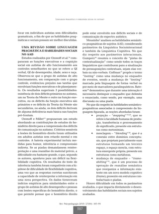 Linguagem pragmática e habilidades sociais no autismo




focar em indivíduos autistas sem dificuldades               pode estar envolvido nos déficits sociais e de
gramaticais, a fim de que as habilidades prag-              comunicação do espectro autístico.
máticas e sociais possam ser melhor discutidas.                Mousinho7 analisou as habilidades semânti-
                                                            co-pragmáticas de sujeitos AAD, considerando
    UMA REVISÃO SOBRE LINGUAGEM                             parâmetros da Linguística Sociointeracional
    PRAGMÁTICA E HABILIDADES SOCIAIS                        e também da Linguística Cognitiva. No que
    NO AAD                                                  diz respeito aos parâmetros interacionais,
    Estudos realizados por Ozonoff et al.14 com-            Gumperz16 resumiu o conceito de “pistas de
pararam as funções executivas e a cognição                  contextualização” como sendo todos os traços
social em autistas de alto funcionamento aos                linguísticos que contribuem para a sinalização
controles semelhantes no que se refere a QI                 de pressuposições contextuais, sejam elas ver-
verbal, QI de desempenho, idade, sexo e raça.               bais ou não-verbais. Goffman17 propôs o termo
Observou-se que o grupo de autistas de alto                 “footing” como uma mudança no enquadre
funcionamento, em comparação com o grupo                    de eventos, sendo a mudança de “footing”
controle, evidenciou prejuízo nas tarefas que               marcada pela linguagem de forma verbal ou
envolviam funções executivas e de planejamen-               por meio de marcadores paralinguísticos. Bate-
to. Os resultados sugeriram 3 possibilidades:               son18 demonstrou que durante uma interação é
existência de dois déficits primários no autismo,           necessário distinguir o enquadre que delimita
um na Teoria da Mente e outro na função exe-                o enunciado, como sendo, por exemplo, uma
cutiva, ou os déficits da função executiva são              discussão ou uma piada.
primários e os déficits da Teoria da Mente são                 No que diz respeito às habilidades semântico-
secundários, ou ainda, os dois déficits derivam             pragmáticas associadas à compreensão da lin-
de alguma deficiência mais básica nas funções               guagem figurada, as noções abordadas foram:
pré-frontais.                                                      •	 projeção – “mapping”19,20, que se
    Ozonoff e Miller15 propuseram um estudo                            refere à faculdade humana de produ-
abordando as contribuições de estudos do he-                           ção, transferência e processamento
misfério direito para a compreensão dos déficits                       do significado; presente em estrutu-
de comunicação no autismo. Critérios sensíveis                         ras como metonímias;
a lesões do hemisfério direito foram utilizados                    •	 mesclagem – “blending”20, que é a
em adultos autistas sem retardo mental e em                            conexão entre domínios conceptu-
controles. A bateria experimental incluiu me-                          ais, que projetam parcialmente suas
didas para humor, inferência e compreensão                             estruturas formando um terceiro
indireta. Se as piadas demandassem reinter-                            espaço, o espaço mescla, com estru-
pretação e uma reanálise do material prévio, a                         tura emergente própria; presente em
dificuldade era bastante grande, o que, segundo                        estruturas como metáforas;
os autores, apontava para um déficit na flexi-                     •	 mudança de enquadre – “frame-
bilidade cognitiva. Os resultados do teste de                          shifting”21, que é um processo de
inferência também foram compatíveis com a hi-                          operação de reanálise semântica
pótese de dificuldade de flexibilidade cognitiva,                      que reorganiza a informação exis-
uma vez que as respostas corretas suscitavam                           tente em um novo modelo cognitivo
a capacidade de reinterpretar a informação em                          (frame); presente em estruturas con-
uma nova perspectiva. Os dados forneceram                              trafactuais e piadas.
indícios empíricos para similaridades entre o                  Houve dificuldade em todos os parâmetros
grupo de autistas de alto desempenho e pessoas              avaliados, o que impacta diretamente o desen-
com lesões específicas do hemisfério direito, o             volvimento das habilidades sociais nos sujeitos
que permite pensar que o hemisfério direito                 avaliados.


                                   Rev. Psicopedagogia 2010; 27(84): 385-94

                                                      387
 