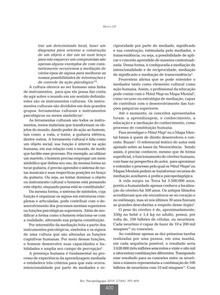 Matos LD




          trar um determinado local, fazer um             ciprocidade por parte do mediado, significado
          diagrama para orientar a construção             e sua construção, estimulada pelo mediador, e
          de um objeto e dar um nó num lenço              transcendência, ou seja, a possibilidade de apli-
          para não esquecer um compromisso são            car o conceito aprendido de maneira contextuali-
          apenas alguns exemplos de com cons-             zada. Dessa forma, é configurada a mediação de
          tantemente recorremos a mediação de             intencionalidade e de reciprocidade, mediação
          vários tipos de signos para melhorar as         de significado e mediação de transcendência5.
          nossas possibilidades de informações e              Feuerstein afirma que se pode entender o
          de controle da ação psicológica”9.
                                                          mediador tanto como elemento cultural como
    A cultura oferece ao ser humano uma linha
                                                          ação humana. Assim, o profissional da educação
de instrumentos, para que ele possa dar conta
                                                          pode contar com o Mind Map ou Mapa Mental2,
de agir sobre o mundo em um sentido definido:
                                                          como recurso ou estratégia de mediação, capaz
estes são os instrumentos culturais. Os instru-
                                                          de contribuir com o desenvolvimento das fun-
mentos culturais são divididos em dois grandes
                                                          ções psíquicas superiores.
grupos: ferramentas culturais e instrumentos
                                                              Até o momento, os conceitos apresentados
psicológicos ou meios simbólicos5.
                                                          foram: a aprendizagem, o conhecimento, a
    As ferramentas culturais são todos os instru-
                                                          educação e a mediação do conhecimento, como
mentos, meios materiais que transformam os ob-
                                                          processo de constituição humana.
jetos do mundo, dando poder de ação ao homem,
                                                              Para investigar o Mind Map2 ou o Mapa Men-
tais como: a roda, o trator, a guitarra elétrica,
                                                          tal fomos à quem de direito desenvolveu o con-
dentre outros. A ferramenta cultural é tida como
um objeto social, sua função é intervir na ação           ceito: Buzan2. O referencial teórico do autor está
humana, em sua relação com o mundo, de modo               apoiado sobre as bases da Neurociência. Sendo
que facilite esse processo. Por exemplo, ao utilizar      assim, é preciso conhecer, mesmo que de forma
um martelo, o homem precisa empregar um meio              superficial, o funcionamento do cérebro humano,
simbólico que defina seu uso, da mesma forma ao           com base na perspectiva do autor, para aproximar
tocar guitarra, é preciso aprender o sistema de no-       e entender o processo pelo qual os Mind Maps2 ou
tas musicais e suas respectivas posições no braço         Mapas Mentais podem se transformar recursos de
da guitarra. Ou seja, ao tentar dominar o objeto          mediação auxiliares à prática psicopedagógica.
ou instrumento cultural o homem está pensando                 A vida surgiu na Terra há 3.500,000 anos,
este objeto, enquanto pensa está se constituindo5.        porém a humanidade apenas conhece a localiza-
    Da mesma forma, o sistema de símbolos, cuja           ção do cérebro há 500 anos. Os antigos filósofos
função é organizar os signos em estruturas com-           acreditavam que ele encontrava-se no coração e
plexas e articuladas, pode contribuir com o de-           no estômago, mas só nos últimos 30 anos fizeram
senvolvimento dos processos mentais superiores            as grandes descobertas a respeito desse órgão2.
ou funções psicológicas superiores. Além de mo-               O peso do cérebro é de, aproximadamente,
dificar a forma como o homem relaciona-se com             350g no bebê e 1,4 kg no adulto, possui, por
a realidade, alterando sua própria constituição.          volta de, 100 bilhões de células, ou neurônios.
    Por intermédio da mediação feita a partir dos         Cada neurônio é capaz de fazer de 10 a 200 mil
instrumentos psicológicos, símbolos e os signos           sinapses12 ou conexões.
de uma cultura que são alteradas as funções                   Ao combinar apenas as dez primeiras tarefas
cognitivas humanas. Por meio dessas funções,              realizadas por uma pessoa, em uma manhã,
o homem desenvolve suas capacidades e ha-                 em cada sequência possível, o resultado seria
bilidades e amplia seu campo de percepção5.               3.628.800 (três milhões seiscentos e vinte e oito mil
    A presença humana é fundamental no pro-               e oitocentos) combinações diferentes. Transpondo
cesso de experiência da aprendizagem mediada              esse resultado para as conexões entre os neurô-
e estabelece três critérios para que esta ocorra:         nios o número representaria a combinação de 100
intencionalidade por parte do mediador e re-              bilhões de neurônios com 10 mil sinapses13. Com


                                   Rev. Psicopedagogia 2010; 27(84): 395-404

                                                    400
 