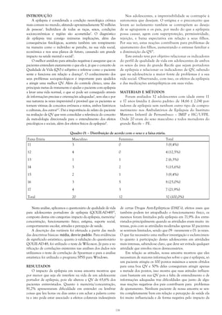 138
INTRODUÇÃO
A epilepsia é considerada a condição neurológica crônica
mais comum no mundo, afetando aproximadamente 50 milhões
de pessoas1
. Indivíduos de todas as raças, sexos, condições
socioeconômicas e regiões são acometidas2
. O diagnóstico
de epilepsia traz consigo inúmeras implicações, além das
consequências fisiológicas, acarreta também um rompimento
na maneira como o indivíduo se percebe, na sua vida social,
econômica e nos seus planos de futuro, causando um grande
impacto na saúde mental e social3
.
O melhor antídoto para atitudes negativas é assegurar que os
pacientes entendam exatamente o que ela é, já que o conceito de
Qualidade de Vida (QV) é subjetivo e refere-se como o paciente
sente e funciona em relação a doença4
. O conhecimento dos
seus problemas sociopsicológicos é importante para ajudá-los
a atingir uma melhor QV. Além do controle clínico, uma das
principais metas do tratamento é ajudar o paciente com epilepsia
a levar uma vida normal, o que só pode ser conseguido através
de informações precisas e orientações adequadas5
, sem elas e por
sua natureza às vezes imprevisível é provável que os pacientes se
tornem vitimas de conceitos errôneos e mitos, ambos históricos
e culturais, dos outros6,7
. Daí a importância do relato do paciente
na avaliação de QV que vem consolidar a relevância do conceito
da metodologia direcionada para o entendimento dos efeitos
psicológicos e sociais, além dos efeitos físicos da epilepsia8
.
Nesta análise, aplicamos o questionário de qualidade de vida
para adolescentes portadores de epilepsia (QOLIE-AD-48)10
,
composto destas oito categorias: impacto da epilepsia, memória/
concentração, funcionamento físico, estigma, suporte social,
comportamento escolar, atitudes e percepção de saúde.
A descrição das variáveis foi efetuada a partir das medi-
das descritivas básicas: média, desvio padrão. Para evidências
de significado estatístico, quanto à validação do questionário
QOLIE-AD-48, foi utilizado o teste de Wilcoxon. Já para a ve-
rificação de correlações existentes nas análises dos dados nós
utilizamos o teste de correlação de Spearman e para a análise
estatística foi utilizado o programa SPSS para Windows.
RESULTADOS
O impacto da epilepsia em nossa amostra mostrou que
por menor que seja ele interfere na vida de um adolescente
portador de epilepsia, pois ele alterou a QV de 65,6% dos
pacientes entrevistados. Quanto à memória/concentração,
81,2% apresentaram dificuldade em entender ou lembrar
coisas que leu horas ou dias antes e em achar a palavra corre-
ta e isto pode estar associado a efeitos colaterais indesejáveis
Nos adolescentes, a imprevisibilidade se contrapõe à
autonomia que desejam. O estigma e o preconceito que
levam ao isolamento também se contrapõem ao desejo
de se agruparem e os pais, por medo do que a epilepsia
possa causar, agem com superproteção, permissividade,
rejeição, e baixa expectativa em relação a seus filhos.
Por sua vez, estas reações contribuem para problemas de
ajustamento dos filhos, aumentando o estresse familiar e
a diminuição da QV9
.
Este estudo teve por objetivo relacionar os indicadores
do perfil de qualidade de vida em adolescentes de ambos
os sexos da área do grande Recife que sejam portadores
de epilepsia e relacionar os indicadores de QV, sabendo
que na adolescência a maior fonte de problemas é a sua
vida social. Observando, com isso, os efeitos da epilepsia
e das medicações antiepilépticas em suas vidas.
MATERIAIS E MÉTODOS
Foram avaliados 32 adolescentes com idade entre 11
e 17 anos (média ± desvio padrão: de 14,66 ± 2,04) por-
tadores de epilepsia sem nenhum outro tipo de compro-
metimento nos Ambulatórios de Epilepsia do Instituto
Materno Infantil de Pernambuco – IMIP e HC/UFPE.
Onde 20 eram do sexo masculino e todos moradores do
grande Recife – PE.
Quadro 01 – Distribuição de acordo com o sexo e a faixa etária.
Faixa Etária Masculino Feminino Total
11
12
13
14
15
16
17
Total
3
4
1
3
2
3
4
20
0
0
1
2
1
5
3
12
3 (9,4%)
4 (12,5%)
2 (6,3%)
5 (15,6%)
3 (9,4%)
8 (25,0%)
7 (21,9%)
32 (100,0%)
de certas Drogas Anti-Epilépticas (DAE’s), efeitos esses que
também podem ter atrapalhado o funcionamento físico, os
mesmos foram limitados pela epilepsia em 71,9% dos entre-
vistados principalmente quando as atividades eram muito in-
tensas, pois com as atividades moderadas apenas 10 pacientes
se sentiram limitados, sendo que 09 - raramente e 01- às vezes.
O que faz necessário uma melhor investigação e esclarecimen-
to quanto à participação destes adolescentes em atividades
mais intensas, sabendo-se claro, que deve ser evitada qualquer
atividade que envolva riscos desnecessários.
Em relação as atitudes, nossa amostra mostrou que eles
necessitam de maiores informações sobre o que é epilepsia, só
um paciente atingiu os 100 pontos máximos a serem obtidos
para uma boa QV e 50% deles conseguiram atingir apenas
a metade dos pontos, isso mostra que suas atitudes influen-
ciam bastante em sua QV pois a falta de entendimento e de
informações adequadas traz dificuldades que junto de algu-
mas reações negativas dos pais contribuem para problemas
de ajustamento. Nenhum paciente de nossa amostra se sen-
tiu completamente bem em relação a percepção de saúde ela
foi muito influenciada e de forma negativa pelo impacto da
 