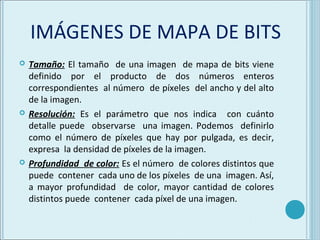 IMÁGENES DE MAPA DE BITS
   Tamaño: El tamaño de una imagen de mapa de bits viene
    definido por el producto de dos números enteros
    correspondientes al número de píxeles del ancho y del alto
    de la imagen.
   Resolución: Es el parámetro que nos indica con cuánto
    detalle puede observarse una imagen. Podemos definirlo
    como el número de píxeles que hay por pulgada, es decir,
    expresa la densidad de píxeles de la imagen.
   Profundidad de color: Es el número de colores distintos que
    puede contener cada uno de los píxeles de una imagen. Así,
    a mayor profundidad de color, mayor cantidad de colores
    distintos puede contener cada píxel de una imagen.
 