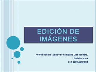 EDICIÓN DE
 IMÁGENES

Andrea Daniela Suciuc y Sonia Novillo Díaz-Tendero.
                                   1 Bachillerato A
                               I.E.S CONSABURUM
 