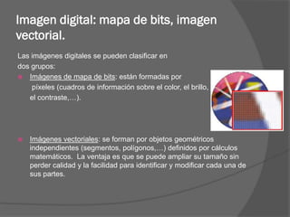 Imagen digital: mapa de bits, imagen
vectorial.
Las imágenes digitales se pueden clasificar en
dos grupos:
 Imágenes de mapa de bits: están formadas por
    píxeles (cuadros de información sobre el color, el brillo,
   el contraste,…).




   Imágenes vectoriales: se forman por objetos geométricos
    independientes (segmentos, polígonos,…) definidos por cálculos
    matemáticos. La ventaja es que se puede ampliar su tamaño sin
    perder calidad y la facilidad para identificar y modificar cada una de
    sus partes.
 