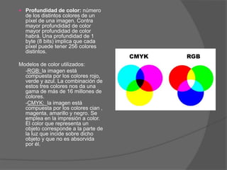  Profundidad de color: número
  de los distintos colores de un
  píxel de una imagen. Contra
  mayor profundidad de color
  mayor profundidad de color
  habrá. Una profundidad de 1
  byte (8 bits) implica que cada
  píxel puede tener 256 colores
  distintos.

Modelos de color utilizados:
  -RGB: la imagen está
  compuesta por los colores rojo,
  verde y azul. La combinación de
  estos tres colores nos da una
  gama de más de 16 millones de
  colores.
  -CMYK: la imagen está
  compuesta por los colores cian ,
  magenta, amarillo y negro. Se
  emplea en la impresión a color.
  El color que representa un
  objeto corresponde a la parte de
  la luz que incide sobre dicho
  objeto y que no es absorvida
  por él.
 