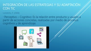 INTEGRACIÓN DE LAS ESTRATEGIAS Y SU ADAPTACIÓN
CON TIC
Londoño, F. (2006)
* Perceptivo – Cognitivo: Es la relación entre producto y usuario a
partir de acciones concretas, realizadas por medio de procesos
cognitivos y de aprendizaje.
 