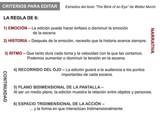 CRITERIOS PARA EDITAR                      Extraidos del texto “The Blink of an Eye” de Walter Murch


  LA REGLA DE 6:

  1) EMOCIÓN – La edición puede hacer énfasis o disminuir la emoción




                                                                                                NARRATIVA
                de la escena
  2) HISTORIA – Después de la emoción, necesito que la historia avance siempre.


     3) RITMO – Que tanto dura cada toma y la velocidad con la que las cortamos.
                Podemos aumentar o disminuir la tensión en la escena.

              4) RECORRIDO DEL OJO – La edición guiará a la audiencia a los puntos
CONTINUIDAD




                                  importantes de cada escena.


              5) PLANO BIDIMENSIONAL DE LA PANTALLA –
              Al ser un medio plano, la edición muestra la relación entre objetos y personas.

              6) ESPACIO TRIDIMENSIONAL DE LA ACCIÓN –
                     ... y la forma en que interactúan tridimensionalmente
 