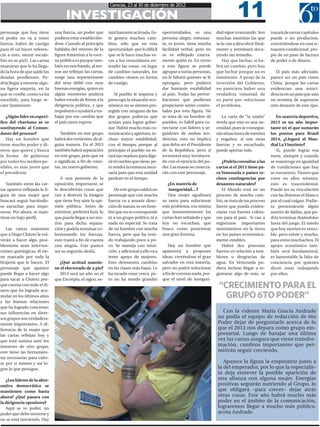 INVESTIGACIÓN
                                                              Caracas, 23 al 30 de diciembre de 2012

                                                                                                                                        11
personaje que hoy tiene        una fuerza, un poder que       tará bastante activado. Es-     oportunidades, es una         dad sigue avanzando. Son       tratará de cerrar capítulos
el poder no va a tener         pudiera estar establecién-     te genera muchos cam-           persona alegre, entusias-     muchas mentiras las que        puede o no producirse,
fuerza, habrá de castigo       dose. Cuando al principio      bios, sólo que en esta          ta, es joven, tiene mucha     se le van a descubrir final-   convirtiéndose en una si-
para él (al hacer referen-     hablaba del retorno de la      oportunidad –por lo difícil     facilidad verbal, pero no     mente y terminará deca-        tuación condicional, pro-
cia a esto, siente escalo-     figura femenina a la esce-     que se le hace muchas ve-       se ve reflejado exacta-       yendo sin remedio.             pia de un pase de factura
frío en su piel). Las cartas   na pública es porque tam-      ces a los venezolanos en-       mente quién es. En torno         Hay que luchar, si ha-      de poder o de dinero.
muestran que le ha llega-      bién en este bando, al me-     tender las cosas- en lugar      a esta figura se puede        brá un cambio, pero hay
do la hora de que salde las    nos así reflejan las cartas,   de cambios naturales, los       agrupar a varias personas,    que luchar porque no es           El país más afectado,
deudas pendientes. Po-         surge una representante        cambios vienen en forma         no le faltará quienes se le   inminente. A pesar de la       parece ser un país como
dría llegar a mostrar algu-    del sexo débil con muy         de castigo.                     opongan, pero pudiera         inversión del Gobierno,        China, porque las cartas
na ligera mejoría, en la       buenas energías, quien en                                      dar bastante estabilidad      no pareciera haber una         evidencian una reinci-
que se confíe, como ya ha      algún momento pudiera              Al pueblo le importa y      al país. Todas las pertur-    verdadera voluntad de          dencia en un país que aún
sucedido, para luego re-       haber estado de frente a la    preocupa la situación eco-      baciones que pudieran         su parte por solucionar        no termina de superarse
caer fatalmente.               dirigencia política, y que     nómica, no se sienten pro-      propiciarse serán contro-     el problema.                   otro desastre de este tipo.
                               impulsará o ayudará a tra-     tegido con ninguno de los       ladas por esta figura. No
   ¿Algún líder en especí-     bajar por ese cambio que       dos grupos políticos que        se trata de un hombre de         La carta de “la unión”         En materia deportiva,
fico del chavismo se ve        el país tanto espera.          actúan para lograr gober-       paridos, es hábil para co-    revela que esto es una ne-     2013 es un año impor-
sustituyendo al Coman-                                        nar. Habrá mucha más co-        nectarse con líderes y se-    cesidad, pues se consegui-     tante en el que sumarán
dante del proceso?                También en este grupo       municación y apertura, in-      guidores de ambas ten-        rán situaciones de mentira     los puntos para Brasil
   Hay un hombre que           habrá dos vertientes, de al-   cluso mayor estabilidad,        dencias, esto no implica      y engaños, si une otras        2014, ¿Llegará al Mun-
tiene mucho poder y di-        guna manera. En el 2013        con el tiempo, porque al        que deba ser el Presidente    fuerzas y es escuchado,        dial La Vinotinto?
nero, que quiere y busca       también habrá separación       principio el pueblo no es-      de la República, pero sí      puede aportar más.                Sí, puede lograr esa
la forma de gobernar           en este grupo, pero que va     tará tan maduro para dige-      terminará muy involucra-                                     meta, siempre y cuando
por todos los medios po-       a significar, a fin de cuen-   rir el cambio que viene, pe-    do con el ejercicio del po-      ¿Podría consultar a las     se mantenga en igualdad
sibles, es más joven que       tas, un nuevo gobierno.        ro tendrá la entereza nece-     der. Las masas se conecta-    cartas si el 2013 tiene pa-    de condiciones que hoy
el presidente.                                                saria para que esta unidad      rán con este personaje.       ra Venezuela o países ve-      se encuentra. Tienen que
                                  A una persona de la         perdure en el tiempo.                                         cinos contingencias por        creer en ellos mismos,
   También entre las car-      oposición, importante, se                                         ¿En materia de             desastres naturales?           esto es trascendental.
tas aparece reflejada la fi-   le descubrirán cosas que          De este grupo saldrá un         inseguridad…?                 El Mundo está en un         Puede ser su vinculación
gura de una mujer que          van a destruir la imagen       personaje que con mucha            Una mujer agudizará        proceso de mucho cam-          con las féminas el blanco
buscará seguir haciéndo-       que tiene hoy ante la opi-     fuerza va a asumir direc-       su tarea para solucionar      bio, se trata de un proceso    por el cual caigan. Pudie-
se escuchar para impo-         nión pública. Antes de         ción de masas, es un hom-       este problema, esa misma      fuerte que pueda eviden-       ra presentársele algún
nerse. Por ahora, se man-      eximirse, preferirá huir, lo   bre que no se corresponde       que insistentemente las       ciarse con fuertes coleta-     asunto de faldas, que po-
tiene en bajo perfil.          que puede llegar a ser mo-     ni a un grupo político ni a     cartas han señalado y que     zos para el país. Sí van a     dría terminar dejándolos
                               tivo para dicha separa-        nada en especial. Se trata      hoy no escuchan, que          registrarse importantes        fuera del juego. El miedo
   Las cartas muestran         ción y podría terminar co-     de un hombre con mucha          busca como posicionar         movimientos en la tierra       que hoy sienten es venci-
que a Hugo Chávez le vol-      hesionando las fuerzas,        fuerza, pero que ha veni-       una gran fortuna.             en los países económica-       ble, pero existe y mucho,
verán a hacer algo, posi-      esto traerá a fin de cuenta    do trabajando poco a po-                                      mente estables.                para estos muchachos. El
blemente sean interven-        una alegría. Este parece       co. Se maneja con intui-            Hay un hombre que            Habrá dos procesos          apoyo económico tam-
ciones quirúrgicas, él vie-    ser su segundo desliz.         ción, y adicional a ello va a   aparecerá a proponer          fuertes en relación a tem-     bién será fundamental,
ne marcado por toda la                                        tener apoyo de mujeres.         ideas, creyéndose el gran     blores o desgracias de         es lamentable la falta de
brujería que le hacen. El        ¿Qué actitud mantie-         Esto demuestra cambios          salvador en esta materia,     agua. En Venezuela pu-         conciencia por quienes
personaje que aparece          ne el electorado de a pie?     en las clases más bajas. Le     pero no podrá solucionar      diera incluso llegar a re-     dicen estar trabajando
puede llegar a hacer algo        2013 será un año en el       ha tocado estar cerca, pe-      a fin de cuentas nada, por-   gistrarse algo de esto, se     por ellos.
para sacar a Chávez por-       que Escorpio, el signo, es-    ro no ha tenido grandes         que el nivel de inseguri-
que cuenta con todo el di-
nero que ha logrado acu-
                                                                                                                             “CRECIMIENTO PARA EL
mular en los últimos años                                                                                                      GRUPO 6TO PODER”
y las buenas relaciones
que ha logrado concretar;
sus influencias en diver-                                                                                                     Con la vidente María Gracia Andrade
sos grupos son verdadera-                                                                                                   no podía el equipo de redacción de 6to
mente importantes. A di-                                                                                                    Poder dejar de preguntarle acerca de lo
ferencia de la mujer que                                                                                                    que el 2013 nos depara como grupo em-
las cartas reflejan hoy y                                                                                                   presarial. Luego de barajar una última
que está sumisa ante los                                                                                                    vez las cartas asegura que viene transfor-
intereses de otro grupo,                                                                                                    mación, cambios importantes que per-
este tiene las herramien-                                                                                                   mitirán seguir creciendo.
tas necesarias para valer-
se por sí mismo y así lo-                                                                                                      Aparece la figura la emperatriz junto a
grar lo que persigue.                                                                                                       la del emperador, por lo que la especialis-
                                                                                                                            ta deja entrever la posible aparición de
   ¿Los líderes de la alter-                                                                                                una alianza con alguna mujer. Energías
nativa democrática se                                                                                                       positivas seguirán nutriendo al Grupo, lo
mantienen como hasta                                                                                                        que obligará –para crecer– dejar atrás
ahora? ¿Qué pasara con                                                                                                      otras cosas. Este año habrá mucho más
la dirigencia opositora?                                                                                                    poder en el ámbito de la comunicación,
   Aquí se ve poder, un                                                                                                     lograremos llegar a mucho más público,
poder que debe moverse y                                                                                                    acota Andrade.
no se está moviendo. Hay
 