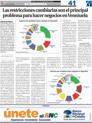 41
                                                                 Caracas, 23 al 30 de diciembre de 2012

                                                  ECONOMÍA
  EDITOR:
         Daniel González



    Las restricciones cambiarias son el principal
    problema para hacer negocios en Venezuela
                                                                                                                                 través del Sitme.                  principal factor que com-
[REGULACIONES]                                                                                                                       En Paraguay, y aunque al       plica el hacer negocios en
Hay factores que com-                                                                                                            momento del cierre de esta         esa potencia económica de
plican la realización de                                                                                                         edición sigue suspendido           América Latina. Le siguen
negocios en los países.                                                                                                          del bloque, el factor más          una infraestructura inade-
En los que conforman                                                                                                             problemático para hacer            cuada, la tasa de impues-
el Mercosur en calidad                                                                                                           negocios, de acuerdo con el        tos, la ineficiente burocra-
de miembros plenos                                                                                                               Foro Económico Mundial,            cia gubernamental, las re-
hay dos que se repi-                                                                                                             es la corrupción. A la co-         gulaciones restrictivas del
ten y sobre los cuáles                                                                                                           rrupción le siguen la inefi-       mercado laboral, la inade-
deberían tomarse me-                                                                                                             ciente burocracia guberna-         cuada preparación de la
didas. Por una parte te-                                                                                                         mental, el acceso al finan-        fuerza de trabajo y la co-
nemos la restrictiva re-                                                                                                         ciamiento y la existencia de       rrupción.
gulación laboral y por la
                                                                                                                                 una infraestructura inade-
otra, la burocracia gu-
                                                                                                                                 cuada.                                Venezuela y los días
bernamental. Las regu-
                                                                                                                                     La inflación es el princi-        para iniciar un negocio
laciones de la moneda
                                                                                                                                 pal problema para hacer               En 2011, según las esta-
extranjera son factores
                                                                                                                                 negocios en Argentina. A la        dísticas del Banco Mun-
que afectan fundamen-
                                                                                                                                 inflación le siguen la inesta-     dial, en Venezuela se ne-
talmente a Venezuela y
                                                                                                                                 bilidad política, la corrup-       cesitaban 141 días para
Argentina.
                                                                                                                                 ción, las regulaciones de la       iniciar un negocio y era
                                                                                                                                 moneda extranjera y el ac-         tan sólo superado por dos
 DANIEL GONZÁLEZ GONZÁLEZ
 DANIEL6TOPODER@GMAIL.COM                                                                                                        ceso al financiamiento.            países, Suriname y el Con-
                                 crímenes y robos, la corrup-    cracia gubernamental es          trolado por el Gobierno na-    Después le siguen la buro-         go, donde el tiempo era de
                                 ción y la inestabilidad gu-     otro factor que se hace pre-     cional desde el año 2003 y     cracia gubernamental, la           694 y 161 días, respectiva-
    Todos los países del         bernamental.                    sente en la mayoría de los       en la actualidad sólo hay      restrictiva regulación labo-       mente. Por el contrario,
mundo presentan diversos                                         países y complica el pano-       dos formas de obtener di-      ral, las regulaciones fiscales     en Argentina se necesitan
factores que pueden hacer           Ahora que Venezuela es       rama de negocios.                visas legalmente en el         y las tasas de impuesto.           26 días; en Brasil, 119 y en
más o menos difícil el en-       miembro pleno del deno-             En Uruguay los cinco         país; una de ellas es a tra-       En el caso de Brasil las re-   Uruguay se requieren
torno económico para ha-         minado Mercado Común            principales factores más         vés de Cadivi y la otra, a     gulaciones fiscales son el         apenas 7.
cer negocios, invertir o         del Sur (Mercosur) junto a      problemáticos para hacer
crear una empresa. El Foro       Argentina, Brasil, Paraguay     negocios son: las regulacio-
Económico Mundial ha es-         (actualmente suspendido)        nes laborales restrictivas, la
tandarizado esos factores y      y Uruguay, es conveniente       burocracia gubernamental,
ellos son el acceso al finan-    saber en qué medida influ-      las tasas de impuestos, la in-
ciamiento, las tasas de im-      yen los factores anterior-      adecuada infraestructura y
puesto que deben pagar las       mente mencionados en la         la existencia de una fuerza
empresas, las regulaciones       forma de hacer negocios en      de trabajo inadecuadamen-
fiscales, la escasa capaci-      cada uno de los miembros        te educada.
dad para innovar, la inefi-      plenos del bloque subre-            En el caso de Venezuela
ciente burocracia guberna-       gional. Es preciso señalar      el primer factor que compli-
mental, una fuerza de tra-       que además de los miem-         ca la realización de nego-
bajo      inadecuadamente        bros plenos, el bloque tam-     cios es la regulación de la
educada, una infraestruc-        bién cuenta con Bolivia,        moneda extranjera. Le si-
tura deficiente, regulacio-      Chile, Colombia, Perú y         guen las regulaciones labo-
nes laborales muy restricti-     Ecuador en calidad de paí-      rales restrictivas, la inesta-
vas, deficiente ética de tra-    ses asociados.                  bilidad política, la burocra-
bajo en la fuerza de trabajo,       Como se verá, un factor      cia gubernamental, la co-
la inflación, la inestabilidad   problemático que se repite      rrupción y la inflación.
política, problemas de sa-       en la mayoría de los países     Recordemos que en el caso
lud pública, regulaciones        del bloque es la regulación     de nuestro país, el tipo de
de la moneda extranjera,         laboral restrictiva. La buro-   cambio se encuentra con-

                                                                                         Publicidad
 
