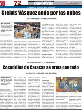 72
                                                                                Caracas, 23 al 30 de diciembre de 2012

                                                                               DEPORTES
                                                                                                                                                      EDITOR:
                                                                                                                                                               Richard Quiñonez

                                                               EL CARAQUEÑO VIVIÓ OTRO GRAN ENCUENTRO



  Greivis Vásquez anda por las nubes
                                                           LOGRÓ SÉPTIMO DOBLE-DOBLE EN LA TEMPORADA


 [ESTABLECIDO]                                                                                   el último lugar en la tabla    alemán Dirk Novitzki,           de la Navidad. Será di-
 El venezolano logró                                                                             clasificatoria correspon-      participó en una práctica       vertido”.
 sumar 20 puntos, con
                                                                                                 diente a la División Su-       completa el pasado miér-        El teutón Nowitzki dijo
 11 asistencias pero
 no pudo evitar la caí-                                                                          reste en la Conferencia        coles por primera vez           que se sentía “muy bien”
 da de su equipo una                                                                             Oeste, y además con el         desde que se sometió a          después de la práctica
 vez más.                                                                                        peor registro de toda la       una cirugía artroscópica        relativamente        ligera,
                                                                                                 NBA.                           de la rodilla; sin embargo,     que siguió jugando dos
RICHARD QUIÑÓNEZ
                                                                                                 Esta temporada, Greivis        aun no estará listo para        contra dos, con algunos
RICHARDQ0511@HOTMAIL.COM                                                                         ha visto acción en todos       hacer su debut esta tem-        de sus compañeros de
                                                                                                 los encuentros disputados      porada en el mejor ba-          menos minutos de jue-
                                Las buenas actuaciones del criollo no han sido suficientes.      por los Hornets, acumula       loncesto del mundo. Se          go. Sin embargo, reco-
De no ser porque el equi-                                                                        un promedio de 12,5 pun-       espera que lo haga des-         noció que necesitaría
po de los Hornets de            ron por octava vez conse-       ra poco, consiguió esta fi-      tos por encuentro y 8,9        pués de Navidad.                “un tiempo” para entrar
Nueva Orleeans no da            cutiva, esta vez ante el        guración por tercer en-          asistencias, en una muy        “Vamos a ver qué pasa”,         en la “forma de juego de
pie con bola, la tempora-       conjunto de los Guerreros       cuentro consecutivo. La-         buene temporada, que           dijo Nowitzki, quien se         mitad de camino”, des-
da que está teniendo el         de Golden State. El criollo     mentablemente, su apor-          aun a pesar del pésimo         operó el 19 de octubre.         pués de un descanso de
venezolano Greivis Vás-         convirtió 20 puntos, su-        te no ha sido suficiente         desempeño del conjunto         “Este es el primer día de       dos meses.
quez sería aún más rele-        mó 11 asistencias y captu-      para que los dirigidos por       le ha permitido afianzarse     parar, empujar, moverse.        Los Mavericks son pe-
vante, considerando sus         ró cinco rebotes en 33 mi-      Monty Williams eleven su         en la posición de armador      Vamos a ver cómo reac-          núltimos en la División
números personales.             nutos de acción sobre el        nivel de juego y mejoren         de los abejorros.              ciona. Lo voy a hacer un        Suroeste de la Conferen-
Esta semana, el jugador         tabloncillo.                    ese récord que hasta la                                         par de veces, y hacer al-       cia del Oeste, con récord
de la posición uno volvió       Para Vásquez este fue su        noche del jueves era de          Nowitzki ya entrena            gún tipo de contacto por        de 12 y 13, y sólo superan
a brillar en el encuentro       séptimo doble-doble de          apenas cinco triunfos por        El piloto estrella de los      un tiempo. Tal vez en al-       a los Hornets de Nueva
en que los Hornets caye-        la temporada y, por si fue-     20 caídas, ubicándose en         Mavericks de Dallas, el        gún momento, después            Orleans en esa división.



                                                               JUGARÁN CUADRANGULAR EL MES DE ENERO



     Cocodrilos de Caracas se arma con todo
                                                          CONTARÁN CON EL APOYO DE “KAKO” SOLÓRZANO


 [ENRUMBADOS]                   Para la temporada 2013,         fructífera”, expresó Solórza-    25 de enero.
 Los dueños del “pan-           “Kako” formará parte del        no a un diario deportivo es-
 tano” no se duermen            cuerpo técnico de Cocodri-      ta semana, en medio del          El expreso azul
 en los laureles y              los de Caracas y, de hecho,     entrenamiento regular del        aceita su máquina
 avizoran una gran              ya trabaja en los entrena-      equipo.                          A través de una nota de
 temporada                      mientos del equipo saurio,      Por otra parte, a través de la   prensa, el equipo Trota-
                                que se realizan a doble tur-    red social Twitter, el equipo    mundos de Carabobo
                                no y con mucha intensi-         de la capital venezolana         anunció la incorporación a
RICHARD QUIÑÓNEZ                dad. “No vengo a aplicar mi     anunció que a partir del 6       sus entrenamientos del pi-
RICHARDQ0511@HOTMAIL.COM        filosofía, el entrenador es     de enero estarían disputan-      loto Pedro Cubillán, recien-
                                Néstor, yo solo vengo a ayu-    do un cuadrangular junto a       temente adquirido en cam-
                                                                                                                                Equipos afinan detalles para la temporada 2013 de la
Nelsón “Kako” Solórzano         darlo y darle algunas ideas     los quintetos de Panteras        bio por el Pivot Oswaldo       LPB.
destacó en su etapa como        de lo que se pueda hacer        de Miranda, Toros de Ara-        González, la nota reza:
jugador y formó parte de la     mejor. He trabajado con él      gua y Bucaneros de La            “Marcando un día más en        fue incorporado al Expreso      hermano David, dándole
generación que alcanzó el       en la selección como asis-      Guaira. El mismo se jugaría      el calendario de entrena-      Azul a cambio del ala-pivot     valiosos minutos de des-
pase al mundial en 1992, co-    tente y se debe mantener        en el Parque Naciones Uni-       miento de pretemporada,        Oswaldo González.               canso gracias a su versati-
nocida como los “héroes de      una buena comunicación,         das de El Paraíso y forma        este jueves debe realizar su                                   lidad en la cancha.
Portland”. El año pasado fun-   decirle lo que se está ha-      parte de la preparación de       primera práctica con Trota-    Pedro es un experimentado
gió como director técnico del   ciendo mal, él es muy re-       los conjuntos que confor-        mundos de Carabobo bajo        jugador de las posiciones       Pedro Cubillán participó
conjuntoToros de Aragua pe-     ceptivo en ese sentido y es-    man la Liga Profesional de       la conducción del técnico      1-2, fuerte en la defensa y     en la Liga Nacional de Ba-
ro no finalizó la campaña ya    pero que en esta nueva eta-     Baloncesto, de cara a la         Jesús Cordovés el piloto-es-   efectivo en la ofensiva, que    loncesto con Aduaneros
que fue despedido.              pa con Cocodrilos sea más       temporada que arranca el         colta Pedro Cubillán quien     servirá de apoyo para su        de Carabobo.
 