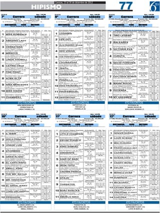 77
                                                                                                 Caracas, 23 al 30 de diciembre de 2012

                                                         HIPISMO
22/12/12                                                         Hora     2:35 PM                22/12/12                                                       Hora   3:00 PM                 22/12/12                                                         Hora    3:30 PM

7ª                      Carrera                               sábado                              8ª                      Carrera                            sábado                            9ª                      Carrera                                sábado
(1103) Handicap Libre                Premio: Bs. 45.000,00                                       (1104) Handicap Libre                Premio: Bs. 49.500,00                                    22/12/12 Handicap Libre
                                                                                                                                                                                                (1105)                                       Premio: Bs. 58.500,00
                                                                                                                                                                                                                                                      Hora 3:30 PM
22/12/12                                      Hora 2:35 PM                                       22/12/12    Lote: G-1/5a6 - Para Machos de 5 óHora 3:00 PM
                                                                                                                                                                                               9ª 35.100,00 al 1°Carrera 2° Bs.al4.095,00 al 3° Bs.
                                                                                                                                                                                                                                                 sábado
             Lote: Per./3a - Para Hembras de 3 años                                                                                            6 años                                                              Lote: G-2ó3 - Para Hembras de 3 ó más años
7ª 27.000,00 al 1° Bs. 12.600,00 al 2°
                 Carrera                                     sábado
                                                                                     1                                                                                            2                                                                                                3
 Bs.
             1.350,00 al 4°
                                                  Bs. 3.150,00 al 3°
                                         Bs. 900,00 al 5°
                                                                     Bs.                         8ªBs. 29.700,00 al 1°   Carrera
                                                                                                                  Bs. 13.860,00 al 2°
                                                                                                              1.485,00 al 4°
                                                                                                                                        Bs. 3.465,00 al 3°
                                                                                                                               Bs. 990,00 al 5°
                                                                                                                                                            sábado
                                                                                                                                                           Bs.                                  Bs.                  Bs. 16.380,00 al
                                                                                                                                                                                                                1.755,00 al 4°   Bs. 1.170,00 5°
(1103) Handicap Libre                               Premio: Bs. 45.000,00                        (1104) Handicap Libre                    Premio: Bs. 49.500,00                                (1105) Handicap Libre                Premio: Bs. 58.500,00
       DISTANCIA: 12.600,00 al 2°
                        1200
             Lote: Per./3a - Para Hembras de 3 años
                                                         METROS Bs.                                      DISTANCIA: 13.860,00 Para Machos METROS Bs.
                                                                                                                            1400 Bs. 3.465,00 al 3°
                                                                                                               Lote: G-1/5a6 -            de 5 ó 6 años
                                                                                                                                                                                                      DISTANCIA:                     1100
                                                                                                                                                                                                          Lote: G-2ó3 - Para Hembras de 3 ó más años  METROS
                                                                                    15y6
                                                                                                                                                                                 25y6
                                                                                                                                                                                                                                                                                  3
                                                                                                                                                                                                                                                                                   5y6
  Bs. 27.000,00 al 1°
               Bs.                            Bs. 3.150,00 al 3°                                   Bs. 29.700,00 al 1°
                                                                                                                   Bs.         al 2°
                 Récord: Asialatina, Bs. 900,00 al 5° (68)
                                     Ks. 56 28-8-04                                                          Récord: Wigusyuldi, Ks. 51,5 6-3-04 (79 4/5)                                       Bs. 35.100,00 al 1° Jorge16.380,00 al 2°
                                                                                                                                                                                                          Récord:      Bs. Prince, Ks. 54 23-10-10 (61 3/5)
                                                                                                                                                                                                                                             Bs. 4.095,00 al 3° Bs.
                    1.350,00 al 4°                                                                                 1.485,00 al 4°     Bs. 990,00 al 5°
   #  Stud, Ejemplar, Pedigree, Haras,Fecha Jin.Ks.Imp.Ent. Ll. Dist Tpo.                           #
                                                                                                      DISTANCIA:Pedigree, Haras,Fecha METROS
                                                                                                        Stud, Ejemplar,
                                                                                                                                  1400                Jin.Ks.Imp.Ent.      Ll. Dist Tpo.         #     Stud, Ejemplar, Pedigree, Haras,Fecha 5°
                                                                                                                                                                                                                  1.755,00 al 4°   Bs. 1.170,00 al Jin.Ks.Imp.Ent.  Ll.      Dist Tpo.
    DISTANCIA: blnc, str rj mrll y vrd - METROS
                                    1200                                                                                                                                                           DISTANCIA:c. naranja, r/diag1100                METROS
      Stud San RemoAsialatina, Ks. 56 28-8-04 (68) Martínez
               Récord: c.                                 Eder
                                                                                 5y6                    Stud Destreza II c. azul, f/diag 51,5 6-3-04 (79 4/5) Rivas
                                                                                                            Récord: Wigusyuldi, Ks. blanca -           Eduardo                    5y6
                                                                                                                                                                             7 c1400 86,3            Stud San Mateo                                  Mychel Sánchez      5 c1500 93,4
                                                                                                   #   Stud, Ejemplar, Pedigree, Haras,Fecha         Jin.Ks.Imp.Ent.      Ll.9 Dist Tpo.                Récord: Jorge Prince, Ks. 54 23-10-10 (61 3/5)                        5y6
                                                                                                   1
                                                                                                        m. azules -g. blanca                               Ks. 54
  1
     Stud, Ejemplar,y vrd -g. blnc
      m. blncs, bz. rj Pedigree, Haras,Fecha Jin.Ks.Imp.Ent. Ll. Dist Tpo.
                                                               Ks. 54
                                                                                                                                                                                                 1
 #                                                                                                                                                                              c1200 74,2           blancas p/e -m. naranja -g. blanca y                Ks. 52,5        2 c1100 65,2
                                                                                                                                                                                                #   Stud, Ejemplar, Pedigree, Haras,Fecha Jin.Ks.Imp.Ent. Ll. Dist Tpo.
         MISS ROMANCE
     Stud San Remo c. blnc, str rj mrll y vrd -          Eder Martínez
                                                              M.LA.V.       10 c1100 70                   CHARMIN
                                                                                                       Stud Destreza II c. azul, f/diag blanca -        Eduardo Rivas
                                                                                                                                                               M.LA.
                                                                                                                                                                           7 c1400 86,3
                                                                                                                                                                             6 c1200 74,2
                                                                                                                                                                                c1400 88,3              TWO LEGEND                                       M.LA.BB.        6 c1100 66,4
                                                                                                  1
                                                                                                       m. azules -g. blanca                                  Ks. 54        9                        Stud San Mateo c. naranja, r/diag               Mychel Sánchez     5 c1500 93,4

 1
     m. blncs, Character-Lady Romance
                 bz. rj y vrd -g. blnc                       Ks. +V
                                                                  54                                    MA5a Draw-Iah
      HA3a In                                                               3 c1300 81                 CHARMIN                                                M.LA.        6 9 c1400 88,3
                                                                                                                                                                                c1100 69,2           HC3a Sinan Ciero-Cibernética                                        7 c1200 74,1
     MISS ROMANCE
                                                                                                                                                                                                1
                                                             M.LA.V.       10 c1100 70                                                                                                              blancas p/e -m. naranja -g. blanca y                Ks. 52,5       2 c1100 65,2
PP 1 HA3a In Character-Lady Romance                                                              PP 3 MA5a Draw-Iah                                       Aldo Traversa         De 10-1        PP 1
                                             20-abr-09 Ramón García M.          De 2-0
                                                                                                                                                                                                    TWO LEGEND 2-abr-09 Ronald Ordoñez 6 6 c11008-373,2Aldo Traversa         De 66,4
                                                                                                                                             28-mar-07                     9 c1100 69,2
                                                                 +V        3 c1300 81            PP 3 Stud Favela c. blanca, bolos negros -                                                                                                             M.LA.BB.
                                                        Yonder Rodríguez 10 De 2-0 75,1                                                    28-mar-07     Aldo Traversa
                                                                                                                                                          Kleiner Palma      7 De 10-1 75,1
                                                                                                                                                                                c1200               HC3a Ferálico c. r/encont naranja,
                                                                                                                                                                                                     Stud Sinan Ciero-Cibernética
PP 1 Stud Clan-Lll-E.A.K. c. zl, st nrnj p/ -m. Ramón García M.
                                            20-abr-09
                                                                               c1200
                                                                                                       Stud Favela c. blanca, bolos negros -             Kleiner Palma     7 c1200 75,1
                                                                                                                                                                                                                                                                            c1200
                                                                                                                                                                                                                                                                       7 c1200 74,1

                                                                                                  2
                                                                                                        m.negras -g. negra
                                                                                                            negras -g. negra                                   Ks. 52        5 c1200 73,3
                                                                                                                                                                                c1200 73,3     PP 1 negro y oro -m. negras, bz. blancos -g.
                                                                                                                                                                                                 2
                                                                                                                                                                                                                                                     Aldo Ks. 54
 2
     Stud bz nrnj -g. zl, st c. zl, st nrnj p/ -m.
      zls, Clan-Lll-E.A.K. nrnj                                Ks. 54       9 c1400 90
                                                       Yonder Rodríguez 10 c1200 75,1                                                                                                                                                   2-abr-09           Traversa      1 De 8-3 65,1
                                                                                                                                                                                                                                                                            c1100
                                                                                                  2
                                                                                                       m.                                                    Ks. 52        5
         AMAZING LADY                                                      93 c1400 90
                                                                               c1300 81,4                 FER OUT
                                                                                                       FER OUT                                            M.GR.BB.LA.G.    3 3 c1300 80,3
                                                                                                                                                                                c1300 80,3              BALEARES                                           M.LA.       6 1 c1200 73,2
                                                                                                                                                                                                                                                                            c1300 79,2
 2
     zls, bz nrnj -g. zl, st nrnj                           V.M.LA.BZ.
                                                             Ks. 54                                                                                     M.GR.BB.LA.G.                               Stud Ferálico c. r/encont naranja,              Ronald Ordoñez
     AMAZING Fantasía
      HC3a Canberra-Con LADY                               V.M.LA.BZ.      39 c1300 81,4
                                                                               c1300 83,2               MC6a Alighieri-Igualada
                                                                                                       MC6a Alighieri-Igualada                                             3 3 c1200 74,4
                                                                                                                                                                                c1200 74,4          negro yErshaad-Ballerina blancos -g.
                                                                                                                                                                                                     HC3a oro -m. negras, bz.                                          1 6 c1100 65,1
                                                                                                                                                                                                                                                                            c1500 92,4
                                                                                                                                                                                                2
                                                                                                                                                                                                                                                         Ks. 54
                                                                                                                                                       Fernando Fuentes        De 57-2
     HC3a Canberra-Con Fantasía
                                             12-ene-09 Jesús A. Romero F.
                                            12-ene-09 Jesús A. Romero F.
                                                                           9 c1300 83,2
                                                                               De 10-0
                                                                              De 10-0
                                                                                                                                           22-may-06
                                                                                                                                             22-may-06 Fernando Fuentes
                                                                                                       Stud Pin X 100pre c. amarilla, est roja         Yeffrén Rodríguez
                                                                                                                                                                                De 57-2
                                                                                                                                                                           4 c1200 72,4             BALEARES                                             M.LA.               De 4-2
                                                                                                                                                                                                                                         27-ene-09 Riccardo D'Ángelo 1 c1300 79,2
      StudLos Samanes Racing c. ngr, db
            Los Samanes Racing c. ngr, db                Rawhy Cermeño 33 c1100 67,2
                                                                               c1100 67,2               Stud Pin X 100pre c. amarilla, est roja         Yeffrén Rodríguez 4 4 c1500 93,2
                                                                                                                                                                                c1200 72,4          HC3a Saveva And Me c. mrll y ngr, ltrs
                                                                                                                                                                                                     Stud Ershaad-Ballerina                          Marcos Dicenso 6 1 c1500 92,4
                                                                                                                                                                                                                                                                            c1300 78
                                                                                                  3
     Stud                                                                                              esp. -m. rojas -g. amarilla, p rojo                   Ks. 52
                                                        Rawhy Cermeño

                                                                                                   3
                                                                                                        esp. -m. rojas -g. amarilla, p rojo
                                                                                                       ALEJANDRO SLEW                                          Ks. 52      5 4 c1200 76,4
                                                                                                                                                                                c1500 93,2                                              27-ene-09 Riccardo D'Ángelo      1 De 4-2 78,2
                                                                                                                                                                                                 3
                                                                                                                                                                                                     pch -m. mrlls, dm ngrs -g. mrll, p ngr               Ks. 56
 3
     smán yyltrs -m. r/blncs yydrds -g. rys
      smán ltrs -m. r/blncs drds -g. rys                       Ks. 52      44 c1200 74,1
                                                                               c1200 74,1                                                                     M.LA.                                                                                                         c1300
 3
                                                             Ks. 52
         CERBATANA
     CERBATANA                                           M.CC.LA.GR.BZ.
                                                        M.CC.LA.GR.BZ.     22 c1100 67
                                                                               c1100 67                  ALEJANDRO SLEW Luis M.LA.
                                                                                                       MC5a Sinan Ciero-Anherguilla                             -V
                                                                                                                                                               Valerón
                                                                                                                                                                           2 5 v1300 82,3
                                                                                                                                                                                c1200 76,4
                                                                                                                                                                               De 34-1
                                                                                                                                                                                                        VICTORIA EVA
                                                                                                                                                                                                    Stud Saveva And Me c. mrll y ngr, ltrs           G.GR.VD.LA.CC. 1 1 c1300 78
                                                                                                                                                                                                                                                    Marcos Dicenso          c1100 65

                                                                                                                                                                                                3
                                                                                                                       Ciero-Anherguilla
                                                                                                                                           4-ene-07
                                                                                                        MC5a Sinan c. morado y verde diag. -                     -V          2 v1300 8582,3         pch -m. mrlls, dm ngrs -g. mrll, p ngr
                                                                                                                                                                                                     HZ5a Stellar Brush-Gran Victoria                    Ks. 56        1 2 c1300 78,2
                                                                                                                                                                                                                                                                            c1200 72
      HA3a Wilko-Alpine Singer -IV
     HA3a Wilko-Alpine Singer -IV                                +BZ
                                                                +BZ        55 c1500 95
                                                                               c1500 95
      15-dic, 1000/67,1 (13)-58/137 6-mar-09
       15-dic, 1000/67,1 (13)-58/137 6-mar-09 Miguel Contini
                                                          Miguel Contini       De 4-0
                                                                                De 4-0
                                                                                                       Stud Mimasa
                                                                                                                                             4-ene-07
                                                                                                                                                        Luis E. Rojas A.
                                                                                                                                                           Luis Valerón
                                                                                                                                                                           3 c1400
                                                                                                                                                                                De 34-1             VICTORIA EVA 6-mar-07 G.GR.VD.LA.CC. 1 c1100 65    Juan C. Ávila        De 17-6
                                                                                                  4
                                                                                                       m. morado y verde -g. morado y verde                  Ks. 52        4 c1400 86,2
     Stud Adry III c. blanca, franj vert azules                            3 c1200 74                                                                                                               HZ5a Stellar Brush-Gran Victoria                                   2 c1200 72
      Stud Adry III c. blanca, franj vert azules
                                                        Aknay Gutiérrez
                                                         Aknay Gutiérrez    3 c1200 74                 RED VISION verde diag. -
                                                                                                        Stud Mimasa c. morado y                          LA.GR.V4.CC. A. 7 3 c1400 91,3
                                                                                                                                                         Luis E. Rojas          c1400 85             Stud Atamaica c. amarlla, 5 cadrs azl           Kervin B. Briceño 7 c1200 73,2
                                                                                                                                                                                                                                                      Juan C. Ávila        De 17-6
 4
     -m. azules -g. negra                                   Ks. 53,5       7 c1400 88,4                MC5a Glyndebourne-Elvirita                                          7 4 c1200                                                    6-mar-07
                                                                                                                                                                                c1400 78
                                                                                                   4
                                                                                                        m. morado y verde -g. morado y verde                   Ks. 52                  86,2
                                                                                                                                                                                                 4
                                                                                                                                                                                                     sc p/e -m. azles, 2 bz amarlls -g.                   Ks. 52         1 c1400 84,2
 4
      -m. azules -g. negra                                    Ks. 53,5     47 c1200    88,4
                                                                               c1400 73,4
     MIRACLE                                               CC.LA.GR.                                                                                                           De 13-1              Stud Atamaica c. amarlla, 5 cadrs azl          Kervin B. Briceño   7 c1200 73,2
         MIRACLE
     HC3a Ershaad-Camborio                                  CC.LA.GR.
                                                                +Gr.       64 c1200 76,1
                                                                               c1200 73,4                 RED VISION                       10-ene-07
                                                                                                       Stud Del Negro I c. blanca, dib p/e -m.
                                                                                                                                                       Asdrúbal J. Rojas
                                                                                                                                                          LA.GR.V4.CC.     4 7 c1200 74,3
                                                                                                                                                                                c1400 91,3              CURUTA                                         CC.LA.M.BB.       4 c1800 114

                                                                                                                                                                                                4
                                                                                                                                                        Rigo Sarmiento                              sc p/e -m. azles, 2 bz amarlls -g.                   Ks. 52        1 c1400 84,2
                                                                                                       rombos Glyndebourne-Elvirita
                                                                                                        MC5a blancos y negros -g. roja y                                     7 c1500 95,1
                                                                                                                                                                                c1200 78             HC4a Fast Macau-Mrs. Spectacular                                   10 c1600 102
      15-dic, Ershaad-Camborio
      HC3a 1000/65,1 (13,1)-16/137 14-ene-09               Julio +Gr.       6 De 4-0 76,1
                                                                               c1200                                                                                                                CURUTA
                                                                                                  5
                                                                  Ayala                                                                                      Ks. 54        5                                                                          CC.LA.M.BB.      4 c1800 114
     Stud El Cabo Prieto c. zl l., strll blnc p/ -
       15-dic, 1000/65,1 (13,1)-16/137 14-ene-09 Daviel Morales
                                                            Julio Ayala         De 4-0                 THE PERFECTÁNGEL                      10-ene-07     LA.VD.CC.            De 13-1
                                                                                                                                                        Asdrúbal J. Rojas 4 c1300 81,4              HC4a Fast Macau-Mrs. Spectacular     12-ene-08                          De 21-3
                                                                                                                                                                                                                                                      Alexis Delgado 10 c1600 102
                                                                                                       MC5a Gold Dollar-Aguanta
                                                                                                                                                          Rigo Sarmiento 6 4 c1200 75,2
 5
     m. zl l., 4 str blncs -g. zl l.                         Ks. 55                                     Stud Del Negro I c. blanca, dib p/e -m.                                 c1200 74,3           Stud Guayacitano I c. 1/2 amarilla 1/2          Rawhy Cermeño       5 De 21-3 65,2
                                                                                                                                                                                                                                                                            c1100
      Stud El Cabo Prieto c. zl l., strll blnc p/ -       Daviel Morales                                                                                                                                                                12-ene-08    Alexis Delgado
     LINDA YHOBELL                                        M.CC.LA.V.       4 c1200 74,1                                                    30-ene-07   Antonio Machado         De 47-2


                                                                                                  5
                                                                                                        rombos blancosII c. amarilla, rojarjs y
                                                                                                                           y negros -g. bls y                  Ks. 54        5 c1300 81
                                                                                                                                                                                c1500 95,1

                                                                                                                                                                                                5
                                                                                                                                                                                                    Stud Guayacitano I c. 1/2 amarillaroja
                                                                                                                                                                                                     azul -m. azules, bz amarillos -g. 1/2                Ks. 53       5 1 c1100 65,2
                                                                                                                                                                                                                                                                            c1300 78,1

  5
      m. zl l., 4 str blncs -g. zl l.                          Ks. 55                                  Stud Gran Matiz                                   Eder Martínez     3                                                                        Rawhy Cermeño
     HZ3a Water Poet-Honie's Super Pet                           +V        2 c1400 86
         LINDA YHOBELL                                                                                 negrs -m. PERFECTÁNGEL
                                                                                                         THE rjas, bz. negrs -g. rja                        LA.VD.CC.      2 4 c1200 74,4
                                                                                                                                                                                c1300 81,4              NECID FOREVER                                                  1 4 c1300 78,1
                                                                                                                                                                                                                                                                            c1100 66,2
                                                                                                                                                                                                5
                                                                                                                                                                                                    azul -m. azules, bz amarillos -g. roja               Ks. 53
                                                                                                  6
                                                            M.CC.LA.V.
                                            19-feb-09 Carlos E. Regalado    4 De 2-0 74,1
                                                                               c1200                                                                         Ks. 54                                                                                    M.BZ.CC.LA.
      HZ3a Water Poet-Honie's Super Pet
     Stud Los Cruz c. amarilla, f/horiz azul -            Sonny+V  León    22 c1800 117
                                                                               c1400 86                LOUISNAVAS
                                                                                                        MC5a Gold Dollar-Aguanta                            LA.M.BZ.       6 6 c1200 75,1
                                                                                                                                                                                c1200 75,2          NECID FOREVER
                                                                                                                                                                                                     HC4a Striding Out-Señora Necid                   M.BZ.CC.LA.      4 2 c1100 66,2
                                                                                                                                                                                                                                                                            c1200 72,3
                                                                                                       MC5a Liberty Road-Carousel Val                                      4 c1200 74,4
                                                                                De 2-0                                                       30-ene-07  Antonio Machado         De 47-2             HC4a Striding Out-Señora Necid 18-ene-08          Antonio Bellardi 2 c1200 72,3
                                                                                                                                                                                                                                                                            De 11-3
 6
     m. amarillas -g. amarilla               19-feb-09 Carlos E.54
                                                             Ks. Regalado 3 c1600 100                   15-dic, 600/38,4 (12,4)-19/68      7-ene-07 Mauricio Torreblanca       De 10-0
     CATIRA amarilla, f/horiz azul -
      Stud Los Cruz c. CRUZ                                  LA.V.M.
                                                            Sonny León     42 c1300 82
                                                                               c1800 117                StudSeguvima c. II c. amarilla, bls rjs y
                                                                                                       Stud   Gran Matiz roja, r/verdes -m.               Eder Martínez
                                                                                                                                                          Sonny León       3 3 c1200 73
                                                                                                                                                                                c1300 81             Stud Niño Renzo I c. rosada, 7 est.18-ene-08   Antonio Bellardi       De 11-3 63,4
                                                                                                                                                                                                                                                    Jonathan Mancilla 3 c1100
                                                                           11 c1300 84                                                                                                              Stud Niño Renzo I c. -g. rosada est.
                                                                                                                                                                                                     Azules -m. rosadas rosada, 7                  Jonathan Mancilla 3 4 c1100 63,4

                                                                                                  6
     HA3a Deputy Wild Cat-Chantilly Light -IV                                                           negrs -m. rjas, bz. negrs -g. rja                      Ks. 54      1 2 c1500 93,1
                                                                                                                                                                                c1200 74,4

                                                                                                                                                                                                6
                                                                                                                                                                                                                                                          Ks. 53
                                                                                                  7
                                                                                                       rojas -g. roja                                        Ks. 54                                                                                                         c1300 77,4

  6
      m. amarillas -g. amarilla                                Ks. 54       3 c1600 100
                                                                                                       JANTO
                                                                                                          LOUISNAVAS
                                                                                                                                                                                                6
      15-dic, 1000/70,1 (13)-92/137 4-ene-09               Lenín Cruz         De 15-0                                                                                      8 6 c1400 88,3           Azules -m. rosadas -g. rosada                        Ks. 53        4 c1300 77,4
         CATIRA CRUZ                                          LA.V.M.      64 c1100 69,4
                                                                               c1300 82
                                                                                                                                                              LA.V.
                                                                                                                                                             LA.M.BZ.           c1200 75,1           PRINCESS BROWNIE                                    CC.M.LA.        5 c1200 72,4
     Stud Racing Sports C.A. c. azl clst,               Francisco Arrieta                              MC6a Gold Dollar-Halic
                                                                                                        MC5a Liberty Road-Carousel Val
                                                                                                                                                                +V         8 c1300 83,3
                                                                                                                                                                             4 De 17-2 74,4
                                                                                                                                                                                c1200               PRINCESS BROWNIE
                                                                                                                                                                                                     HA3a Chayim-Reina Luisa
                                                                                                                                                                                                                                                        CC.M.LA.       5 c1200 72,4
                                                                                                                                                                                                                                                                         4 c1200 72,2
     banda Deputypch -m. plata -g. azl y
      HA3a y ltras Wild Cat-Chantilly Light -IV                             11 c1300 84
 7
                                                             Ks. 54        7 c1100 69                   15-dic, 500/35,1 (12,3)-8/8        29-mar-06    Ernesto Ochoa                               HA3a Chayim-Reina Luisa                                            4 c1200 72,2
                                                                                                         15-dic, 600/38,4 (12,4)-19/68 7-ene-07 Gerfrin J.Torreblanca 6 c1100 68
                                                                                                                                                        Mauricio Cordero        De 10-0
     FINE PRINT
       15-dic, 1000/70,1 (13)-92/137 4-ene-09               Lenín Cruz
                                                          M.BB.BZ.CC.          De 15-0
                                                                           11 c1100 70,1               Stud El Futbolista-R.R. c. blnc, cdrs
                                                                                                       vrds -m. blncs, cdrsroja, r/verdes -m.                              9 3 c1200 76,2
                                                                                                                                                                                                      14-dic, 1000/68,4 (12)-25/30
                                                                                                                                                                                                     14-dic, 1000/68,4 (12)-25/30
                                                                                                                                                                                                                                         26-abr-09
                                                                                                                                                                                                                                        26-abr-09
                                                                                                                                                                                                                                                      Alexis Delgado
                                                                                                                                                                                                                                                     Alexis Delgado
                                                                                                                                                                                                                                                                             De 8-3
                                                                                                                                                                                                                                                                            De 8-3
                                                                                                        Stud Seguvima c. -g. vrd, b mrll                    Sonny León          c1200 73
                                                                                                  8
     HZ3a Racing Sports C.A. c. azl clst,                                                                                                                    Ks. 52                                  Stud Sharit c. turquesa, banda trans             Daviel Morales 1 1 c1300 81,3
                                                                                                                                                                                                                                                                            c1300 81,3
      Stud Lucky Roger-LibertyDay                        Francisco Arrieta 86 c1100 70,3
                                                                               c1100 69,4                                                                                                           Stud Sharit c. turquesa, banda trans             Daviel Morales
                                                                                                       TORRENTÓN                                           BZ.LA.V4.       5 c1200 74,3

                                                                                                   7
                                                        Antonio Bellardi    7 De 4-0 69                 rojas -g. roja                                         Ks. 54        1 c1500 93,1

                                                                                                                                                                                                7
                                            23-feb-09                                                                                                                                                roja-m. turquesa, bz. amarillos -g. roja
                                                                                                                                                                                                          -m. turquesa, bz. amarillos -g. roja            Ks. 54         6 c1400 88,1
                                                                                                                                                                                                                                                                            c1400 88,1

  7
      banda y ltras pch -m. plata -g. azl y                    Ks. 54          c1100
                                                                                                                                                                                                7
                                                                                                       MC5a Hushood-Torrentera                                            13 c1300 83,4             roja                                                 Ks. 54        6
     Stud Mamá Adela c. roja, estr azules -
         FINE PRINT                                    Ramón E. Escalona
                                                           M.BB.BZ.CC.      11 c1100 70,1                 JANTO                            7-ene-07
                                                                                                                                                               LA.V.
                                                                                                                                                       José G. Querales      8 De 18-2 88,3
                                                                                                                                                                                c1400                EXPLOSIVE WOMAN CC.M.LA.GR.
                                                                                                                                                                                                    EXPLOSIVE WOMAN                                    CC.M.LA.GR.     1 1 c1100 67,3
                                                                                                                                                                                                                                                                            c1100 67,3

 8
     m. blancas -g. azul y blanco                            Ks. 52                                     MC6a Gold Dollar-Halic
                                                                                                       Stud Seguvima c. roja, r/verdes -m.                       +V          8 c1300 83,3
                                                                                                                                                       Manuel J. Meleán 12 c1500        -            HC4a Velcro Fly-La Tía Hercy                                      1 1 c1100 66,3
                                                                                                                                                                                                                                                                            c1100 66,3
     ALMARoger-LibertyDay
      HZ3a Lucky ALTA                                        V.M.LA.        8 c1100 70,3
                                                                                                                                                                                De 17-2
                                                                                                                                                                                                    HC4a Velcro Fly-La Tía Hercy

                                                                                                  9
                                                                                                       rojas -g. roja
                                                                                                         15-dic, 500/35,1 (12,3)-8/8                         Ks. 54
                                                                                                                                                          Ernesto Ochoa    8 c1400     90
     HC3a Slaytheodds-Mafer                  23-feb-09                          De 4-0
                                                         Antonio Bellardi 9 c1100 70,3                                                       29-mar-06                                                                                   5-may-08 Carlos E. Regalado
                                                                                                                                                                                                                                        5-may-08 Carlos E. Regalado          De 8-3
                                                                                                                                                                                                                                                                            De 8-3
                                                                                                       PANDILLA c. blnc, cdrs
                                                                                                        Stud El Futbolista-R.R.                         Gerfrin J. Cordero 3 6 c1500 94,4
                                                                                                                                                           GR.VD.LA.
                                                                                                                                                                                c1100 68            Stud Will Póker c. negra yy rja trans, 4
                                                                                                                                                                                                     Stud Will Póker c. negra rja trans, 4           Aknay Gutiérrez 2 2 c1200 71
                                                                                                                                                                                                                                                    Aknay Gutiérrez         c1200 71
      Stud Mamá Adela c. roja, estr azules -27-may-09   Ramón E. Escalona
                                                       Ramón García M.         De 1-0                  MC5a Water Poet-Racing Queen                                        5 c1300 82,1


                                                                                                   8
                                                                                                        vrds -m. blncs, cdrs -g. vrd, b mrll                   Ks. 52        9 De 19-2 76,2
                                                                                                                                                                                c1200
                                                                                                                                                                                                8
                                                                                                                                                                                                    ases p/e -m. negra yy rja -g. rja, p negr
                                                                                                                                                                                                     ases p/e -m. negra rja -g. rja, p negr              Ks. 55

                                                                                                                                                                                                8
     Stud Prado Altoazul y blanco
      m. blancas -g. c. gris, círc negro p/e -         Yeffrén Rodríguez 8 c1100 67,3                                                                                                                                                                     Ks. 55       2 2 c1500 91,2
                                                                                                                                                                                                                                                                            c1500 91,2

 8
                                                               Ks. 52                                   14-dic, / ()-                      31-mar-07    Ernesto Ochoa

         ALMA ALTA                                                                                        TORRENTÓN                                                        4 5 c1200 73,3
                                                                                                                                                                                c1200 74,3          MAIRÉ ROCÍO
                                                                                                                                                                                                        MAIRÉ ROCÍO
 9
        m. negras -g. negra                                 Ks. 52       7 c1200 73,4                  Stud G. Márquez c. roja, dib pch -m.                  BZ.LA.V4.
                                                                                                                                                       Maikel Rodríguez                                                                            M.LA.CC.V4.GR.BB.G. 1 1 c1300 77,3
                                                                                                                                                                                                                                                  M.LA.CC.V4.GR.BB.G.       c1300 77,3
                                                            V.M.LA.
         NIÑA MERCEDES                               BZ.CC.M.LA.BB.GR. 2 c1300 80,4                    rojas, r/negras -g. roja, p negro
                                                                                                        MC5a Hushood-Torrentera                              Ks. 54        7 c1300 82,2
                                                                                                                                                                            13 c1300 83,4           HC3a Solitary Vision-Condestablesa                                 5 5 c1600 100
         HC3a Slaytheodds-Mafer
        HC3a Seattle Mirage-Kas Korá
         14-dic, / ()-                      27-may-09 Antonio García M.
                                                       Ramón Bellardi
                                                                         29 c1500 94,2
                                                                             c1100 70,3
                                                                              De 1-0
                                                                             De 4-0
                                                                                                 10    KING PROBABILITY
                                                                                                       MC6a InAllProbability-Queen Blazer
                                                                                                                                                              M.LA.
                                                                                                                                             7-ene-07 José G. Querales
                                                                                                                                                                          11 c1200 76,1
                                                                                                                                                                                De 18-2
                                                                                                                                                                          10 c1300 82,1
                                                                                                                                                                                                     HC3a Solitary Vision-Condestablesa
                                                                                                                                                                                                     15-dic, 1000/69 (12,4)-79/137 8-ene-09
                                                                                                                                                                                                      15-dic, 1000/69 (12,4)-79/137 8-ene-09          Freddy Petit
                                                                                                                                                                                                                                                        Freddy Petit
                                                                                                                                                                                                                                                                            c1600 100
                                                                                                                                                                                                                                                                           De 14-3
                                                                                                                                                                                                                                                                            De 14-3
                                           27-mar-09
                                                                                                        Stud Seguvima c. roja, r/verdes8-abr-06
                                                                                                                                            -m.         Manuel J. Meleán 12De 34-1 -
                                                                                                                                                                                c1500               Stud Emca c. amarilla, diamante                 Roimes Chirinos    6 c1100 72
                                                       Yeffrén Rodríguez 8 c1100 67,3
        Stud El Estadio c. amarillo f/horiz roja - Manuel A. Meleán
         Stud Prado Alto c. gris, círc negro p/e                                                                                                        Freddy Escobar                               Stud Emca c. amarilla, diamante                 Roimes Chirinos     6 c1100 72

                                                                                                                                                                                                9
                                                                                                                                                                                                    blanco y letras esp. -m. amarillas -g.               Ks. 57        4 c1200 71,1

                                                                                                  9
                                                                                                        rojas -g. roja
                                                                                                       Stud Milagritos c. roja, letras blancas                 Ks. 54
                                                                                                                                                          Miguel Cobis     6 8 c1300 81,4
                                                                                                                                                                                c1400 90

                                                                                                                                                                                                9
        "El Estadio"-g. negra
         m. negras p/e -m. rojas -g. roja                   Ks. 54                                                                                                                                   blanco y letras esp. -m. amarillas -g.               Ks. 57         4 c1200 71,1

 9
                                                             Ks. 52      47 c1100 67
                                                                             c1200 73,4
10       MISS VISION
         NIÑA MERCEDES
        HA3a Documentary-Manylú
                                                      BZ.CC.M.LA.BB.GR. 72 c1500 95,4
                                                       M.LA.V4.BB.CC.
                                                           +BB+CC
                                                                             c1300 80,4
                                                                         6 c1200 74              11 PANDILLA
                                                                                                       p/e -m. rojas -g. blanca, p. rojo
                                                                                                       PROFEMIGUEL
                                                                                                        MC5a Water Poet-Racing Queen
                                                                                                                                                             Ks. 52
                                                                                                                                                            GR.VD.LA.
                                                                                                                                                              M.LA.
                                                                                                                                                                          10 c1500 97,3
                                                                                                                                                                             3 c1500 94,4
                                                                                                                                                                           4 c1200 76,3
                                                                                                                                                                             5 c1300 82,1
                                                                                                                                                                                                    POTENZA
                                                                                                                                                                                                        POTENZA
                                                                                                                                                                                                    HC3a Nacosix-Vanity Fair
                                                                                                                                                                                                     HC3a Nacosix-Vanity Fair
                                                                                                                                                                                                                                                       M.LA.GR.
                                                                                                                                                                                                                                                         M.LA.GR.
                                                                                                                                                                                                                                                                       7 c1300 78,2
                                                                                                                                                                                                                                                                         7 c1300 78,2
                                                                                                                                                                                                                                                                       6 c1200 73,3
         HC3a Seattle Mirage-Kas Korá                                     2 c1500 94,2                 MC5a Al Borak-My Sweet Winner                                       8 c1200 75,3                                                 20-abr-09    Aldo Traversa       6 De 15-3 73,3
                                                                                                                                                                                                                                                                            c1200
                                           16-abr-09   Alexis Delgado        De 3-0                      14-dic, / ()-                                    Ernesto Ochoa         De 19-2
          14-dic, / ()-                                 Antonio Bellardi      De 4-0
                                                                                                                                             31-mar-07 Giancarlo Pizzani
                                                                                                                                           21-mar-07                           De 50-1                                                                 Aldo Traversa        De 15-3
                                                                                                                                                                                                    Stud Inver TZ c. azul el, 1 f/diag 20-abr-09 Yeffrén Rodríguez 6 c1200 75
        Stud Ferálico c. r/encont naranja, 27-mar-09 Roimes Chirinos                                                                                   Santiago Rodríguez 2 4 c1300
                                                                                                        Stud G. Márquez c. roja, dib pch -m.
                                                                                                       Stud Sr. Enrique Bestilleiros c. blnc trs        Maikel González                73,3
                                                                                                                                                                                c1200 81             Stud Inver TZ c. azul el, 1-g. azul
                                                                                                                                                                                                                                  f/diag                                 6 c1200 75
                                                                                                                                                                                                                                                    Yeffrén Rodríguez 10 c1200 75,2
        negro Eloro -m. negras, bz. blancos -g.
         Stud y Estadio c. amarillo f/horiz roja       Manuel A. Meleán                                                                                                                             amarilla + "TZ" -m. azules                           Ks. 52
                                                                                                                                                                                               10
                                                            Ks. 54
11
                                                                                                       frnj n V nvrtds rj y vrd -m. blncs -g. vrd            Ks. 54        2 c1500 94,3
                                                                                                 12
                                                                                                        rojas, r/negras -g. roja, p negro                      Ks. 54        7 c1300 82,2
                                                                                                 10                                                                                                 MY DREAMER
         CHAMBERY-g. roja                                                                                                                                                                            amarilla + "TZ" -m. azules -g. azul                  Ks. 52        10 c1200 75,2
                                                                                                                                                                                               10
         "El Estadio" p/e -m. rojas                          Ks. 54             4 c1100 67             DEPORTIVO                                                                                                                                       BZ.GR.M.        1 c1500 92

 10 HA3a Documentary-Manylú
                                                         M.GR.V.OT.LA.                                                                                   V4.LA.BB.GR.      9 c1200     77
    MISS VISION
        HC3a Champlain-Romantier                         M.LA.V4.BB.CC.         7 c1500 95,4             KING PROBABILITY
                                                                                                       MC5a Glyndebourne-Miss O'Graxal                         M.LA.       711c1200 75,3
                                                                                                                                                                                c1200 76,1              MY DREAMER
                                                                                                                                                                                                    HC4a Air Minister M. D.-Perfect Timing               BZ.GR.M.      1 1 c1300 80
                                                                                                                                                                                                                                                                            c1500 92
                                            4-mar-09     Miguel Cortez           Debutante              15-dic, InAllProbability-Queen Blazer
                                                                                                        MC6a 1000/68,2 (13,1)-71/137 11-mar-07          Fernando Parilli    10De 53-2 82,1
                                                                                                                                                                                c1300                HC4a Air Minister M. D.-Perfect16-mar-08
                                                                                                                                                                                                                                         Timing        Hugo Rozo         1 De 37-4 80
                                                                                                                                                                                                                                                                            c1300
                                                             +BB+CC             6 c1200 74
                                                                                                                                                         Freddy Escobar         De 34-1
                                                                                                                             6TO FAVORITOS
                                                                                                                                             8-abr-06                                                                                                   Hugo Rozo           De 37-4
                                6TO FAVORITOS                                                                                                                                                                                  6TO FAVORITOS
                                             16-abr-09   Alexis Delgado            De 3-0                                                                                                                                                16-mar-08
                                                                                                        Stud Milagritos c. roja, letras blancas            Miguel Cobis      6 c1300 81,4
         Stud Ferálico c. r/encont naranja,              Roimes Chirinos
                                                                                                        p/e -m. rojas -g. blanca, p. rojo                      Ks. 52       10 c1500 97,3

 11
         negro y oro -m. negras, bz. blancos -g.
         CHAMBERY
                         NIÑA MERCEDES (9)
                            CERBATANA (3)
                                           M.GR.V.OT.LA.
                                                             Ks. 54
                                                                                                  11      PROFEMIGUEL            DEPORTIVO (12) M.LA.
                                                                                                        MC5a Al Borak-My Sweet Winner FER OUT (2)
                                                                                                                                                                             4 c1200 76,3
                                                                                                                                                                             8 c1200 75,3
                                                                                                                                                                                                                                  POTENZA (6)
                                                                                                                                                                                                                                 MAIRE ROCIO (8)
         HC3a Champlain-Romantier
                          LINDA YHOBELLMiguel Cortez
                                  4-mar-09  (5)                                  Debutante                                           PANDILLA (9)
                                                                                                                                             21-mar-07  Giancarlo Pizzani       De 50-1
                                                                                                                                                                                                                               EXPLOSIVE WOMAN (7)
                                                                                                        Stud Sr. Enrique Bestilleiros c. blnc trs       Santiago González 2 c1300 81
                                                                                                        frnj n V nvrtds rj y vrd -m. blncs -g. vrd             Ks. 54        2 c1500 94,3

22/12/12                                                         Hora     3:55 PM
                                                                                                  12
                                                                                                  22/12/12
                                                                                                          DEPORTIVO
                                                                                                        MC5a Glyndebourne-Miss O'Graxal
                                                                                                                                                          V4.LA.BB.GR.       9 c1200 77
                                                                                                                                                                    Hora 4:20 PM
                                                                                                                                                                             7 c1200 75,3       22/12/12                                                        Hora    4:45 PM

10ª                       Carrera                                sábado                            11ª                    Carrera
                                                                                                         15-dic, 1000/68,2 (13,1)-71/137 11-mar-07
                                                                                                                                                                sábado
                                                                                                                                                         Fernando Parilli       De 53-2
                                                                                                                                                                                                12ª                        Carrera                              sábado
(1106) Handicap Libre                Premio: Bs. 49.500,00                                        (1107) Handicap Libre                 Premio: Bs. 45.000,00                                   (1108) Handicap Libre                Premio: Bs. 45.000,00
                                                                                                  22/12/12                                      Hora 4:20 PM
              Lote: G-1/4a - Para Machos de 4 años 3:55 PM                                                     Lote: Per./3aNF - Para Machos de 3 años                                                       Lote: Per./3a - Para Hembras de 3 años
                                                                                                  11ª27.000,00 al 1° Carrera                                  sábado
                                                                                     4                                                                                            5                                                                                                6
22/12/12                                      Hora

10ª
  Bs. 29.700,00 al 1°
                         Carrera
                            Bs. 13.860,00 al 2°
                                                                sábado
                                                  Bs. 3.465,00 al 3°      Bs.                      Bs.                Bs. 12.600,00 al 2°         Bs. 3.150,00 al 3° Bs.                         Bs. 27.000,00
                                                                                                                                                                                               22/12/12          al 1°       Bs. 12.600,00 al 2°   Bs. 3.150,00 al 3°
                                                                                                                                                                                                                                                                Hora     Bs.
                                                                                                                                                                                                                                                                        4:45 PM
                        1.485,00 al 4°   Bs. 990,00 al 5°                                                      1.350,00 al 4°
                                                                                                  (1107) Handicap Libre                  Bs. 900,00 al 5°
                                                                                                                                                    Premio: Bs. 45.000,00                       12ª                       Carrera
                                                                                                                                                                                                                         1.350,00 al 4°   Bs. 900,00 al 5°
                                                                                                                                                                                                                                                               sábado
       DISTANCIA:                    1200                METROS Bs.                                       DISTANCIA: 12.600,00 al 2°
                                                                                                                           1100                       METROS                                          DISTANCIA:                      1500             METROS
(1106) Handicap Libre                Premio: Bs. 49.500,00
                                                                                                               Lote: Per./3aNF - Para Machos de 3 años


                                                                                                                                                                                 5
              Lote: G-1/4a - Para Machos de 4 años                                                                                                                                             (1108) Handicap Libre                Premio: Bs. 45.000,00



                                                                                    45y6                                                                                             5y6                                                                                            5y6
                                                                                                    Bs. 27.000,00 al 1°
                                                                                                                  Bs.                            Bs. 3.150,00 al 3°    Bs.                                  Lote: Per./3a - Para Hembras de 3 años


                                                                                                                                                                                                                                                                                  6
                 Récord: Asialatina, Ks. 56 28-8-04 (68) al 3°
  Bs. 29.700,00 al 1°     Bs. 13.860,00 al 2°   Bs. 3.465,00                                                Récord: Jorge Prince, Ks. 54 23-10-10 (61 3/5)
                                                                                                                     1.350,00 al 4°      Bs. 900,00 al 5°
                                                                                                                                                                                                           Récord: Don Eusebio, Ks.2° 29-10-06 (86 3/5)
                                                                                                                                                                                                 Bs. 27.000,00 al 1°    Bs. 12.600,00 al 52      Bs. 3.150,00 al 3°     Bs.
                      1.485,00 al 4°   Bs. 990,00 al 5°
   #     Stud, Ejemplar, Pedigree, Haras,Fecha Jin.Ks.Imp.Ent.                Ll. Dist Tpo.          #  Stud, Ejemplar, Pedigree, Haras,Fecha Jin.Ks.Imp.Ent. Ll. Dist Tpo.                       #   Stud, Ejemplar, Pedigree, Haras,Fecha 5°         Jin.Ks.Imp.Ent. Ll. Dist Tpo.
                                                                                                      DISTANCIA: Erre-Ene c.        1100                 METROS
                                                                                                                                                                                                                   1.350,00 al 4°     Bs. 900,00 al
       DISTANCIA: c. crema, fig doradas - METROS
         Stud El Patriarca      1200              Simón Robles                 7 c1400 88,2             Stud AgropecuariaPrince, Ks. 54 23-10-10 (61 3/5) Santiago González 10 c1200 74,4           DISTANCIA:                   1500
                                                                                                                                                                                                      Stud Olamar c. roja, escudo marrón y            METROS
                                                                                                                                                                                                                                                         Andry Blanco
               Récord: Asialatina, Ks. 56 28-8-04 (68)                              5y6                    Récord: Jorge                                                            5y6                   Récord: Don Eusebio, Ks. 52 29-10-06 (86 3/5)                            5y6

  1
        Stud, Ejemplar, Pedigree,crema, p
         m. crema, bz dorados -g. Haras,Fecha Jin.Ks.Imp.Ent.
                                                                                                    1
                                                                                                        amarilla, rombos rojos -m. rojas -g. roja
                                                                                                                                                                                                  1
 #                                                    Ks. 55                   6 Dist Tpo.
                                                                             Ll.  c1200 74,2       #   Stud, Ejemplar, Pedigree, Haras,Fecha Jin.Ks.Imp.Ent.    Ks. 54        6 Dist Tpo.
                                                                                                                                                                            Ll.   c1100 67,3     #    dib esp. -m. negras -g. negra
                                                                                                                                                                                                     Stud, Ejemplar, Pedigree, Haras,Fecha                   Ks. 54
                                                                                                                                                                                                                                                      Jin.Ks.Imp.Ent.     Ll.4 Dist Tpo.
                                                                                                                                                                                                                                                                                 c1100 66,4
         IL IKBIR
     Stud El Patriarca c. crema, fig doradas -           Simón Robles
                                                          M.GR.CC.V.LA.       74 c1400 88,2
                                                                                  c1100 66                  LITTLE CHAMPION
                                                                                                       Stud Agropecuaria Erre-Ene c.                            CC.LA.        5 c1300 80,2
                                                                                                                                                        Santiago González 10 c1200 74,4                  QUEEN SUSAN
                                                                                                                                                                                                     Stud Olamar c. roja, escudo marrón y               Andry Blanco
                                                                                                                                                                                                                                                             V.M.LA.         6 c1100 66,4
                                                                                                                                                                                                                                                                                 c1100 68,4
                                                                                                                                                                                                 1
                                                                                                                                                                                                     dib esp. -m. negras -g. negra                          Ks. 54          4

 1
     m. crema, bz dorados -g. crema, p                       Ks. 55           6 c1200 74,2

                                                                                                   1
      MC4a Sibarita-Double You Tea                                             3 c1500 66              amarilla, rombos rojos -m. rojas -g. roja
                                                                                                        MC3a El Gran Sol-Sky Gold                              Ks. 54        67 c1100 67,3            HC3a Hushood-Bag It Now                                               63 c1100 68,4
                                                                                          93,1                                                                                    c1400 91,4         QUEEN SUSAN                                           V.M.LA.               c1100 68,1
     IL IKBIR                                           M.GR.CC.V.LA.         4 c1100
                                                                                                       LITTLE CHAMPION Carlos Rondón M. 5 c1300 80,2           CC.LA.                                HC3a Hushood-Bag It Now                                                3   c1100 68,1
PP 1 MC4a Sibarita-Double You Tea 24-mar-08               Ulises Capella          De 14-1
                                                                              3 c1500 93,1        PP 1 MC3a El Gran Sol-Sky Gold              16-mar-09                            De 4-0
                                                                                                                                                                             7 c1400 91,4
                                                                                                                                                                                                PP 1
                                                                                                                                                                                                PP 1                                       4-ene-09 Humberto Mora G.
                                                                                                                                                                                                                                         4-ene-09 Humberto Mora G.
                                                                                                                                                                                                                                                                                  De 3-0
                                                                                                                                                                                                                                                                                 De 3-0
PP 1 Stud Taramundi c. amarilla, b/diag   24-mar-08        Deyvi Chávez
                                                         Ulises Capella        4 De 14-1 115
                                                                                  c1800           PP 1 Stud Parapara (LR) I c. mostaza,     16-mar-09
                                                                                                                                                            Eduardo Rivas
                                                                                                                                                         Carlos Rondón M.     14 De 4-0 81,2
                                                                                                                                                                                  c1200              Stud G & B I Ic. ngra, "G & B" blancas
                                                                                                                                                                                                      Stud G & B c. ngra, "G & B" blancas               Carlos E. Pérez 55 c1400 88,2
                                                                                                                                                                                                                                                       Carlos E. Pérez           c1400 88,2
                                                                              4 c1800 115
                                                                                                                                                                                                 2
     Stud Taramundi c. amarilla, b/diag                  Deyvi Chávez                                                                                                                                sp. -m. ngras bz vrd, blanc y rj -g. ngra              Ks. 52          5   c1100 67,3


 2
      vintint p/e -m. amarillas, r vint -g.
                                                                                                   2
                                                                                                        número 13 en (LR) I c. mostaza, -g.
                                                                                                                        espalda -m. negras
                                                                                                                                                                                                  2
                                                               Ks. 54          8 c1300 82,3            Stud Parapara                                            Ks. 54
                                                                                                                                                           Eduardo Rivas      12 c1200 81,2
                                                                                                                                                                             14   c1200 78,4          sp. -m. ngras bz vrd, blanc y rj -g. ngra              Ks. 52          5 c1400 90
                                                                                                                                                                                                                                                                                 c1100 67,3
                                                                                                                                                                                                     LOVE IN BARI                                             LA.           8

 2 GOLD PANCHO
     vintint p/e -m. amarillas, r vint -g.                   Ks. 54           8 c1300 82,3
                                                                              66 c1800 117
                                                                                  c1800 117                 ENTRE PUEBLO                                                      9 c1400 95,3               LOVE IN BARI                                                       28 c1300
                                                                                                                                                                                                                                                                                 c1400 81 90
                                                                                                   2
                                                              CC.LA.                                   número 13 en espalda -m. negras -g.               M.BB.CC.V4.LA.GR. 12 c1200 78,4
                                                                                                                                                               Ks. 54                                                                                          LA.
     GOLD PANCHO                                             CC.LA.
                                                                                                                                                                                                     HA3a Bocca al Lupo-My Sweet Love

      MC4a Gold Dollar-Lipstick
     MC4a Gold Dollar-Lipstick                                 -Gr.+CC
                                                             -Gr.+CC          44 c1400 87,3
                                                                                  c1400 87,3           ENTRE PUEBLO
                                                                                                        MC3a Canberra-Honour a Bull                     M.BB.CC.V4.LA.GR. 97 c1400 95,3
                                                                                                                                                                                  c1800 125           HA3a Bocca al Lupo-My Sweet Love
                                                                                                                                                                                                     Stud Grupo León c. 1/2 amarilla 1/2
                                                                                                                                                                                                                                         25-ene-09   Abraham Campos
                                                                                                                                                                                                                                                      Ronald Ordoñez
                                                                                                                                                                                                                                                                                 De 7-0
                                                                                                                                                                                                                                                                             2 c1300 88
                                                                                                                                                                                                                                                                            10 c1400      81
                                                         Juan C. Ávila           De 14-1               MC3a Canberra-Honour a Bull                                           7 c1800 125
      15-dic, 1000/66,3 (12,4)-46/137 7-feb-08
       15-dic, 1000/66,3 (12,4)-46/137 7-feb-08            Juan C. Ávila          De 14-1                                                                    Henri Gómez           De 6-0                                                  25-ene-09 Abraham Campos 10 c1300 83,3 De 7-0
                                                                                                                                                                                                 3
                                                                                                                                              20-may-09                                              verde -m. amarillas -g. azul                           Ks. 54
     Stud J.X.G. c. amarilla y roja vert, f/enX José G. Hernández 1 c1300 80,4                                                               20-may-09      Henri Gómez           De 6-0             MÍA CLAUDIA 1/2                                        LA.GR.          4   c1400   89
      Stud J.X.G. c. amarilla y roja vert, f/enX José Ks.Hernández 61 c1100 67,1
                                                              G. 54               c1300 80,4            Stud Sport Services I c. azl celeste
                                                                                                       Stud Sport Services I c. azl celeste
                                                                                                                                                            Keihton Natera 88 c1100 69
                                                                                                                                                           Keihton Natera
                                                                                                                                                                                  c1100 69           HC3a Grupo León c. 1/2-IV
                                                                                                                                                                                                      Stud Repriced-She's It amarilla                                        10 c1400 88
                                                                                                                                                                                                                                                        Ronald Ordoñez 4 c1300 81,1
 3 JORGE LUIS
     verdes -m. tricolor -g. tricolor


 3
      verdes -m. tricolor -g. tricolor
                                                                                                   3
                                                                                                        "SportServices" esp -m. celestes -g.
                                                                                                                Services" esp -m. celestes -g.
                                                                                                                                                                                                  3
     JORGE LUIS                                                Ks. 54         56 c1200 74,1
                                                                                  c1100 67,1                                                                    Ks. 54        5 c1200 73,3
                                                                                                                                                                                  c1200 73,3          verde -m. amarillas -g. azul        6-feb-09     Fernando54
                                                                                                                                                                                                                                                             Ks. Parilli     10 De 6-0 83,3
                                                                                                                                                                                                                                                                                 c1300
                                                                                                   3
                                                          M.BB.VD.LA.                                  "Sport                                                  Ks. 54        5
     MT4a Unbridled Energy-ShesALovelyLady -IV             M.BB.VD.LA.        85 c1500 96,1
                                                                                  c1200 74,1                KING SAMUEL
                                                                                                       KING SAMUEL                                         GR.BZ.M.LA.CC.
                                                                                                                                                         GR.BZ.M.LA.CC.      55 c1100 67,3
                                                                                                                                                                                  c1100 67,3             MÍA CLAUDIA
                                                                                                                                                                                                     Stud La Majada c. vino tinto -m. gris -g.          Eder Martínez
                                                                                                                                                                                                                                                             LA.GR.
                                                                                                                                                                                                                                                                            3   c1800 120
                                                                                                                                                                                                                                                                            74 c1500 96,2
                                                                                                                                                                                                                                                                                 c1400 89
                                                                                                                                                                                                 4
                                                                                                                                                                                                     gris y vino tinto                                      Ks. 54
      MT4a Unbridled Energy-ShesALovelyLady -IV Fernando Moreira                  De 6-2
                                          25-mar-08
                                                                               8 c1500 96,1             MC3a Uncle Bruce-Beauty Bell
                                                                                                       MC3a Uncle Bruce-Beauty Bell                               +CC
                                                                                                                                                                 +CC         66 c1100 68
                                                                                                                                                                                  c1100 68            HC3a Repriced-She's It -IV
                                                                                                                                                                                                     FRANCHESKA MÍA                                   M.GR.OT.LA.BZ.         4 c1300 81,1
                                                                                                                                                                                                                                                                            10 c1500 97,2
     Stud R.R. (C) II c. verde b/trans blanca             Gilberto Ron        1 c1300 80,1                                                   6-feb-09 Gustavo Delgado            De 10-0             HA3a Mr. Livingston-Running Jin -IV                      +BZ           7   c1400   90
                                            25-mar-08 Fernando Moreira 8 c1300 83,1De 6-2                                                     6-feb-09 Gustavo Delgado            De 10-0                                                               Fernando Parilli
                                                                                                                                                                                                                                           6-feb-09 Manuel A. Pérez               De 6-0
 4
     y "RR" -m. verde y blanca -g. negra                     Ks. 52                                                                                                                                   14-dic, 1000/65 (13,4)-*7/30       21-mar-09                              De 12-0
                                                                                                       Stud The Pleasure I c. ngr, db. mrll y            Richard A. Pérez
     STORMING b/trans blanca
      Stud R.R. (C) II c. verde                             Gilberto Ron
                                                                V4.           91 c1100 68,4
                                                                                  c1300 80,1            Stud The Pleasure I c. ngr, db. mrll y             Richard A. Pérez                          Stud The Majada c. Ivino tinto -m. gris -g. Yeffrén Rodríguez
                                                                                                                                                                                                      Stud La Pleasure c. ngr, db. mrll y                Eder Martínez      43 c1500 95,2
                                                                                                                                                                                                                                                                                 c1800 120

                                                                                                   4
                                                                                                       vrd p/ -m. ngrs, rys y pnts mrlls -g. ngr y             Ks. 54
                                                                                                                                                                                                 5
     MZ4a Storm Soaring-Sky Goldnegra                                                                                                                                                                vrd p/ -m. ngrs, rys y pnts mrlls -g. ngr y            Ks. 52          7   c1600 106


  4
      y "RR" -m. verde y blanca -g.                                           98 c1200

                                                                                                   4
                                                                                                        vrd p/ -m. ngrs, rys y pnts mrlls -g. ngr y
                                                                                                                                                                                                  4
                                                               Ks. 52             c1300 7583,1                                                                  Ks. 54                                gris y vino tinto                                      Ks. 54         47 c1400 88,1
                                                                                                                                                                                                                                                                                 c1500 96,2
                                                                                                       DIRIGENTE                                                 M.          5 c1100 67,1            CAPRICHOSA                                           M.GR.LA.
         STORMING                         8-mar-08
     Stud Palma Beach c. f/vert roja y negra
                                                       José G. Querales
                                                                  V4.
                                                            Elio Sojo
                                                                                 De 18-1
                                                                               9 c1100 68,4
                                                                              2 c1300 79,4                  DIRIGENTE
                                                                                                       MA3a Handsome Hunk-Skpat                                   M.
                                                                                                                                                               -Gr.-BB       65 c1300 82,1
                                                                                                                                                                                  c1100 67,1             FRANCHESKA MÍA
                                                                                                                                                                                                     HA3a Handsome Hunk-Piskadera                      M.GR.OT.LA.BZ.
                                                                                                                                                                                                                                                          Luis Martín
                                                                                                                                                                                                                                                                            710 c1500 95
                                                                                                                                                                                                                                                                                 c1500 97,2
                                                                                                                                                                                                                                                                                De 10-0
      MZ4a Storm Soaring-Sky y negaGold                                       19 c1200 70,4             MA3a Handsome Hunk-Skpat 25-jun-09                                    6 De 2-0 82,1           HA3a Mr. Livingston-Running Jinc.      -IV
                                                                                                                                                                                                                                         28-ene-09
                                                                                  c1200 75                                                                      -Gr.-BB
                                                                                                                                                             Luis Martín          c1300                                                                        +BZ          57 c1200 74,3
                                                                                                                                                                                                                                                                                 c1400 90
 5
     -m. rojas y negras -g. roja                             Ks. 54                                                                                                                                  Stud Rontos Racing Stable Corp.                    Pedro Solano
     GRAN ALIVIO 8-mar-08 José G. Querales 9 c1100 66,4    GR.CC.LA.              De 18-1              Stud G & B I c. ngra, "G & B" blancas  25-jun-09 Johan E. Aranguren
                                                                                                                                                              Luis Martín          De 2-0              14-dic, 1000/65 (13,4)-*7/30                                              De 12-0
                                                                                                                                                                                                                                                       Manuel 52 Pérez 9 c1300 82,4
                                                                                                                                                                                                                                                            Ks. A.
                                                                                                                                                                                                 6
                                                                                                                                                                                                     azul "RSM" esp. -m. azules, p rojos -g.
                                                                                                                                                                                                                                           21-mar-09
                                                                                                                                                                                                     OCEAN CITY
                                                                                                   5
                                                                                                       sp. -m. ngras bz vrd, blanc y rj -g. ngra
                                                                                                                                                         Johan E. 54
                                                                                                                                                               Ks. Aranguren
     MC4a Glyndebourne-Advertencia                                            5 c1500 93,2                                                                                                                                                                  VT.LA.          5   c1300 79,2
      Stud Palma Beach c. f/vert roja y negra                Elio Sojo         2 c1300 79,4             Stud G & B I c. ngra, "G & B" blancas                                                        HA3a The Pleasure I c. ngr, db. mrll y
                                                                                                                                                                                                      Stud Inallprobability-Daffadowndilly            Yeffrén Rodríguez 34 c1400 88,2
                                                                                                                                                                                                                                                                                 c1500 95,2
      15-dic, 1000/66,1 (13,4)-30/137 25-feb-08           Juan C. Ávila          De 13-2               KING OF BARI-g. ngra                                   V.LA.M.        6   c800 47,3

 5
     Stud rojas y negras -g. roja y nega
      -m. Laudreína c. azul rey, bolos
                                                                                                    5
                                                                                                        sp. -m. ngras bz vrd, blanc y rj
                                                                                                                                                                                                  5
                                                       Francisco 54
                                                               Ks. Arrieta 11 c1100 67
                                                                                  c1200 70,4           MC3a Silent Name-Pink Coral -IV
                                                                                                                                                                Ks. 54                                vrd p/ -m. ngrs, rys y pnts mrlls -g. ngr y
                                                                                                                                                                                                                                         2-jun-09            Ks. 52
                                                                                                                                                                                                                                                        José R. Rojas        7 De 6-0 106
                                                                                                                                                                                                                                                                                 c1600
                                                                                                                                                                             6 c1100 67,4
         GRAN ALIVIO                                        GR.CC.LA.         59 c1300
                                                                                  c1100 8266,4              KING OF BARI                                       V.LA.M.        6 De 2-0 47,3
                                                                                                                                                                                   c800                  CAPRICHOSA
                                                                                                                                                                                                     Stud Tengo Fe c. azul marino, r/h                  José J. Zerpa
                                                                                                                                                                                                                                                           M.GR.LA.
                                                                                                                                                                                                                                                                            8   c1100 69,3
                                                                                                                                                                                                                                                                            54 c1300
                                                                                                                                                                                                                                                                                 c1400 8388,1
 6
     blancos -m. azules, bolos -g. azul                      Ks. 54                                     14-dic, 400/29,3 (14)-5/5                        Abraham Campos
                                                                                                                                                                                                 7
                                                                                                                                            18-mar-09                                                beige -m. blancas -g. blanca                           Ks. 54
     EL CAPO NAPO
      MC4a Glyndebourne-Advertencia                            M.V.          12 c1200 74,3
                                                                               5 c1500 93,2             MC3a Silent Name-Pink Coral -IV
                                                                                                       Stud Haras Montalbán c. amarilla,                   Daviel Morales     6 c1100 67,4           CANDY MUSIC
                                                                                                                                                                                                      HA3a Handsome Hunk-Piskadera                        CC.LA.M.          67 c1300 83,1
                                                                                                                                                                                                                                                                                 c1500 95
     MA4a Outstanding Actor-Caponera                                          5 c1300 81,3                                                                                                           HC3a Music School-Gran Actriz                                          8   c1300   83
                                                                                  De 5-1
                                                                                     13-2                                                                                          De 2-0                                                                                        De 10-0
                                                                                                   6
       15-dic, 1000/68 (13)-21/30
               1000/66,1 (13,4)-30/137 13-abr-08
                                            25-feb-08      Juan Chacón
                                                                   C. Ávila                            dibujo p/e -m. amarillas -g. verde 18-mar-09 Abraham Campos 2 c1200 73,3
                                                                                                         14-dic, 400/29,3 (14)-5/5                             Ks. 54                                                                      28-ene-09       Luis Martín
      14-dic,                                            Rafael                   De                                                                                                                                                                      Julio Ayala            De 7-0
                                                                                                       IRON Montalbán c. amarilla,
                                                                                                        Stud Haras TATO
                                                                                                                                                                                                                                         24-feb-09
      Stud Laudreína c. azul rja y negra, dib Jonathan Mancilla 81 c1200 73
     Stud Good Time-Star c. rey, bolos                   Francisco Arrieta        c1100 67                                                                  Daviel Morales 7 c1300 82,3
                                                                                                                                                           M.CC.LA.GR.                               Stud Sr. Enrique Bestilleiros Corp. c.trs
                                                                                                                                                                                                      Stud Rontos Racing Stable c. blnc                  Pedro Solano
                                                                                                                                                                                                                                                       Eduardo Rivas        75 c1500
                                                                                                                                                                                                                                                                                 c1200 9674,3
                                                                                                       MC3a Rocket Cat-La Mumeca                                             8 c1200 75,2
                                                                                                                                                                                                 8
                                                                                                                                                                                                     frnj n V nvrtds rj y vrd -m. blncs -g. vrd             Ks. 54          7   c1300 82,2


 6                                                                                                  6                                                                                             6
     y est p/e -m. rja y negra -g. -g. azul
      blancos -m. azules, bolos rja y negra                                                             dibujo p/e -m. amarillas -g. verde
                                                               Ks. 54         45 c1100 66,1
                                                                                  c1300 82                                                                      Ks. 54        2 c1200 73,3           CELAS -m. azules, p rojos -g.
                                                                                                                                                                                                      azul "RSM" esp.                                        Ks. 52         59 c1400 89,2
                                                                                                                                                                                                                                                                                 c1300 82,4
 7 EL CAPO NAPO
                                                             Ks. 52
                                                                                                                                                                                                                                                        BB.LA.V.GR.
                                                                                                        15-dic, 1000/67,1 (13,2)-57/137 16-mar-09 Carlos E. Regalado              De 3-0
     SMALL KING                                               M.LA.
                                                                M.V.          3 c1200
                                                                              12 c1200 73 74,3              IRON TATO
                                                                                                       Stud Cashen c. azul, b/cruz blancas                  M.CC.LA.GR.
                                                                                                                                                           Kleiner Palma      7 c1300 82,3
                                                                                                                                                                             10 c1400 91                 OCEAN CITY
                                                                                                                                                                                                     HC3a Chemie-Lady Love                                   VT.LA.          5 c1300 79,2
                                                                                                                                                                                                                                                                            13 c1300 84,4
     MZ4a Uncle Bruce-Lady Onix                                  -Gr.         7 c1500 94,3                                                                                                                                               9-mar-09      Fernando Parilli          De 9-0
      MA4a Outstanding Actor-Caponera                                          5 De 20-1 81,3
                                                                                  c1300                p/e -m. Rocket -g. azul,Mumeca
                                                                                                        MC3a azules Cat-La tr blancos                                         8 c1200 75,2            HA3a Inallprobability-Daffadowndilly                                  63 c1400
                                                                                                                                                                                                                                                                                 c1400 8988,2
                                                                                                   7
      15-dic, 1000/66,1 (12,1)-40/137 10-mar-08          Miguel Ibarreto                                                                                       Ks. 52        14 c1300 87,2           Stud Arrieche & Zapata c. rosada,                  Simón Robles
     Stud Santanita c. (13)-21/30
       14-dic, 1000/68 azul rey "CJ" p/e -m.              Rafael Chacón 6 c1800 120De 5-1              CROWN (13,2)-57/137 16-mar-09 Carlos E. Regalado 10 c1100 72,3
                                                                                                         15-dic, 1000/67,1 PRINCE                                                  De 3-0                                                  2-jun-09      José R. Rojas            De 6-082
                                                                                                                                                                                                 9
                                            13-abr-08 Juan M. Graterol                                                                                    M.BZ.V4.LA.GR.                             estrellas y "JF" esp -m. rojas -g. roja                Ks. 54          4   c1300
                                                                                                       MA3a Cashen c. Moon-General Authority
                                                                                                        Stud Bayou the azul, b/cruz blancas                                  8 c1100 70,3            MARILÚ azul marino, r/h
                                                                                                                                                                                                                           STAR                            M.LA.BB.         6   c1500   95

 8
     azul, bz blancos -g. azul rja y negra, dib              Ks. 52
                                                        Jonathan Mancilla 98 c1400 89,2                                                                                       10 c1400 91
      Stud Good Time-Star c.                                                      c1200 73                                                                  Kleiner Palma                            HZ3a Tengo Fe c.
                                                                                                                                                                                                      Stud Foreign Minister-Burbara                      José J. Zerpa      88 c1300
                                                                                                                                                                                                                                                                                 c1100 8369,3
     THE -m. rja y negra -g. rja y negra
      y est p/e MR. ARTUR
                                                         M.LA.GR.CC.          7 c1200 75,4                                                   5-feb-09 Antonio Catanese
                                                                                                                                                                              14 De 7-0 87,2
  7                                                                                                 7
                                                                                                        p/e -m. azules -g. azul, tr blancos
                                                                                                                                                                                                  7
     MC4a Bocca Al Lupo-MountAmber
                                                               Ks. 52          4 c1100 66,1                                                                     Ks. 52            c1300               beige -m. blancas -g. blanca       18-ene-09           Ks. 54
                                                                                                                                                                                                                                                     Abraham Campos          5 De 10-0 83
                                                                                                                                                                                                                                                                                 c1300
                                                                              6 c1100 67,3             Stud Eureka II c. morado obispo -m.               Maikel Rodríguez
         SMALL KING                                    Carlos M.LA.
                                                                A. Arteaga     3 De 15-1 73
                                                                                  c1200                     CROWN PRINCE                                   M.BZ.V4.LA.GR.     10 c1100 72,3              CANDY MUSIC
                                                                                                                                                                                                     Stud Top c. verde, b/cruz blanca y sol
                                                                                                                                                                                                     esp -m. verdes, bz blancos -g. blanca
                                                                                                                                                                                                                                                      Roimes Chirinos
                                                                                                                                                                                                                                                           CC.LA.M.
                                                                                                                                                                                                                                                                            7   c1800 122
                                                                                                                                                                                                                                                                            76 c1200 75,1
                                                                                                                                                                                                                                                                                 c1300 83,1

                                                                                                   8
                                           19-abr-08                                                   amarillo oro -g. amarilla                               Ks. 54                                                                                       Ks. 54
      MZ4a Uncle Bruce-Lady Onix
     Stud San Remo c. blnc, str rj mrll y vrd -          Luis E.-Gr.
                                                                   Rangel      7 c1500 94,3
                                                                             10 c1200 76,1
                                                                                                       ATAJO Moon-General Authority
                                                                                                        MA3a Bayou the                                       BZ.CC.LA.       88 c1100 70,2
                                                                                                                                                                                  c1100 70,3    10   ZUBEROA
                                                                                                                                                                                                      HC3a Music School-Gran Actriz
                                                                                                                                                                                                     HC3a Mister Wells-Por Un Maní
                                                                                                                                                                                                                                                          CC.LA.M.          48 c1300 81,4
                                                                                                                                                                                                                                                                                 c1300 83
                                                                                                                                                                                                                                                                            11 c1500 97,4

 9
     m. blncs, bz. rj y vrd -g. blnc
       15-dic, 1000/66,1 (12,1)-40/137 10-mar-08          Miguel 52
                                                             Ks.
                                                                    Ibarreto 6 c1200 75,2
                                                                                  De 20-1              MC3a Arzak-Radiantly                                                        De 7-0
                                                                                                                                              5-feb-09 Antonio Catanese 10 c1100 69,4                                                      24-feb-09       Julio Ayala            De 7-0
     MR. HIGHCHAR                                     M.LA.V.GR.OjoDTap.      2 c1300 82,1
                                                         Juan M. Graterol 16 c1100 65,4
                                                                                                                                                                                                                                         28-mar-09        Julio Ayala            De 7-0
                                                                                                                                                                                                                                                                            57 c1600 104
     MC4a Santanita c. azul rey "CJ" p/e -m.
      Stud In Character-High Queen                                                                      Stud Eureka II c. morado obispo -m.
                                                                                  c1800 120                                                 30-mar-09     Maikel Rodríguez
                                                                                                                                                           José R. Rojas          De 2-0             Stud Los Calona c. vin tint, cell blanc,trs
                                                                                                                                                                                                      Stud Sr. Enrique Bestilleiros c. blnc              Eduardo Rivas
                                                                                                                                                                                                                                                      Richard A. Pérez           c1500 96
                                                                                                                                                                                                     "AEP" esp -m. VT, pñs blancs -g.                      Ks. 55,5         8   c1400   89
                                                                                                                                                                                                11
                                                                                                       Stud Lamoronegra -m. azules -g. azul
                                                                                                        amarillo c. -g. amarilla                          Rigo Ks. 54
                                                                                                                                                                Sarmiento

  8
      azul, bz blancos -g. azul
                                                                                                   8                                                                                              8
                                           15-abr-08           Ks. 52
                                                       Ramón García M.         9 De 4-1 89,2
                                                                                  c1400                                                                                                               frnj n V nvrtds rj y vrd -m. blncs -g. vrd
                                                                                                                                                                                                     MILACRIST                                               Ks. 54
                                                                                                                                                                                                                                                          GR.M.VD.          27 c1400 87,3
                                                                                                                                                                                                                                                                                 c1300 82,2
         THE MR. ARTUR
     Stud El Negro c. negras, est gris -m.
     negras -g. negra
                                                           Brett Parra
                                                           M.LA.GR.CC.
                                                             Ks. 54
                                                                               7 c1200 75,4
                                                                                                   9        ATAJO
                                                                                                       THANATOS
                                                                                                                                                               Ks. 54
                                                                                                                                                              BZ.CC.LA.
                                                                                                                                                             CC.M.LA.
                                                                                                                                                                             6 c1100 66,3
                                                                                                                                                                              8 c1100 70,2
                                                                                                                                                                             9 c1100 69,1                CELAS
                                                                                                                                                                                                     HA3a Californian-La Avispa                           BB.LA.V.GR.
                                                                                                                                                                                                                                                          Luis Martín
                                                                                                                                                                                                                                                                            65 c1300
                                                                                                                                                                                                                                                                                 c1400 82
                                                                                                                                                                                                                                                                                De 10-0
                                                                                                                                                                                                                                                                                         89,2

10
                                                                                                                                                                                                                                         6-mar-09
      MC4a Bocca Al Lupo-MountAmber                                            6 c1100 66,4
                                                                                  c1100 67,3            MC3a Arzak-Radiantly                                                  10 c1100 69,4          Stud Dava c. dorada, Love
                                                                                                                                                                                                      HC3a Chemie-Lady 9 bolos y est                                         13 c1300 84,4
     EL GRAN JERRY                                       BB.CC.VT.LA.         3                        MT3a Sorolla-Sweet Smile                                              7 c1100 67,2                                                             Aknay Gutiérrez
                                                                                  De 15-1
                                            19-abr-08 Carlos A. Arteaga 1 c1100 64,4                                                                        José R. Rojas          De 2-0            vinotinto -m. vt y dorado -g. vt      9-mar-09                               De 9-0
                                                                                                                                                                                                                                                        Fernando Parilli 3 c1200 72,4
                                                                                                                                                                                                                                                           Ks. 55,5
                                                                                                                                                                                                12
     MA4a Striding Out-Prófuga                                                                                                                30-mar-09
                                                                                                                                            9-mar-09       Alexis Delgado         De 3-0
                                                                              10 c1200                                                                                                               CATIRA BONITA                                    M.BB.CC.LA.VD.        2   c1400 86,2
      Stud San Remo c. blnc, str rj mrll y vrd                                                                                                                                                                                                                              26 c1300 79,4
                                          21-feb-08- Carlos Rondón M.                                   Stud Lam c. negra -m. azules -g. azul
                                                          Luis E. Rangel          De 2-1 76,1          Stud Armando Rodríguez c. rys ngr y               Manuel Sarmiento
                                                                                                                                                           Rigo A. Meleán                            HA3a Arrieche & Zapata c. rosada,
                                                                                                                                                                                                      Stud Animation-Sunsational                         Simón Robles            c1400 89
     Stud Torino-Ferr c. 1/2 naranja 1/2              Santiago González 6 c1200 73,3                   grs cn crc. Rj, str. Amrll y ltrs "AR" ngr              Ks. 54

 9
      m. blncs, bz. rj y vrd -g. blnc
                                                                                                   9                                                                                              9
                                                               Ks. 52          6 c1200 75,2                                                                     Ks. 54        6 c1100 66,3            estrellas y "JF" esp -m. rojas -g. roja
                                                                                                                                                                                                      15-dic, 1000/66,1 (13,1)-37/137 16-ene-09 Carlos Ks. 54                4 De 3-0 82
                                                                                                                                                                                                                                                                                 c1300
                                                                                                  10
                                                                                                                                                                                                                                                             E. Regalado
     blanco diag -m. naranja -g. naranja                     Ks. 55           3 c1200 73,2
                                                                                                       BURJ KHALIFA
11 MR. HIGHCHAR                                                                                             THANATOS                                                                                     MARILÚ STAR
                                                                                                                                                        BZ.CC.VT.BB.M.LA.    9 c1200 75,2            Stud Olwi c. mostaza, dib esp. -m.                 Kleiner Palma       2   c1500   93
     LORD ORLANDITO M.LA.V.GR.OjoDTap. 32 c1100 66            LA.M.               c1300 82,1                                                                  CC.M.LA.        9 c1100 69,1           negras -g. negra                                       M.LA.BB.
                                                                                                                                                                                                                                                           Ks. 52,5         26 c1400 86,4
                                                                                                                                                                                                                                                                                 c1500 95
      MC4a In Character-High Queen
     MZ4a Seattle Mirage-Go For It                                            31 c1100 65,3
                                                                                  c1100 65,4
                                                                                                       MA3a Action This Day-Winning Glory II -IV
                                                                                                        MT3a Sorolla-Sweet Smile
                                                                                                        15-dic, 600/39 (12)-22/68           26-ene-09
                                                                                                                                                                 -B
                                                                                                                                                          Antonio Bellardi
                                                                                                                                                                             12 c1400 89,1
                                                                                                                                                                              7 De 2-0 67,2
                                                                                                                                                                                  c1100         13   AWESOME FLIGHT
                                                                                                                                                                                                      HZ3a Foreign Minister-Burbara
                                                                                                                                                                                                     HC3a Wilko-Ces't Mark -IV
                                                                                                                                                                                                                                                           M.LA.V.          48 c1600 103
                                                                                                                                                                                                                                                                            3
                                                                                                                                                                                                                                                                                 c1300 83
                                                                                                                                                                                                                                                                                c1300 78,3
                                            15-abr-08 Miguel Hernández
                                          21-mar-08     Ramón García M.            De 4-1
                                                                                 De 17-1
                                                                                                       Stud Igual c. a cuadros azul y rojo -m.              Alexis Delgado
                                                                                                                                              9-mar-09 Rawhy Cermeño               De 3-0             15-dic, 1000/68 (12)-66/137          18-ene-09 Abraham Campos
                                                                                                                                                                                                                                          8-feb-09 Humberto Mora G.              De 10-0
                                                                                                                                                                                                                                                                                De 11-0
     Stud Tresillo (C) c. azul, b/trans               Johan E. Aranguren 7 c1100 65,3
      Stud El p/e -m.c. negras, est gris -m.
                Negro azules -g. amarilla                   Brett 54Parra                               Stud-g. roja
                                                                                                       rojas  Armando Rodríguez c. rys ngr y              Manuel A. Meleán
                                                                                                                                                               Ks. 52                                Stud M.A.A.B. c. azlb/cruz blanca y sol
                                                                                                                                                                                                      Stud Top c. verde, ry, damant blanc            Manuel A.Chirinos
                                                                                                                                                                                                                                                        Roimes Meleán        7 c1800 122
                                                                                                  11
     amarilla                                                Ks.              4 c1100 66,1
12 EL GRAN JERRY
                                                                                                                                                                                                     sp -m. dam blanc y azl -g. dam blanc y
      negras -g. negra                                         Ks. 54                                  ABUELO NIKO ngr
                                                                                                        grs cn crc. Rj, str. Amrll y ltrs "AR"                  Ks. 54       13 c1200 82,4
                                                                                                                                                                                                14    esp -m. verdes, bz blancos -g. blanca
                                                                                                                                                                                                                                                           Ks. 54,5
                                                                                                                                                                                                                                                             Ks. 54         97 c1400 89,3
                                                                                                                                                                                                                                                                                 c1200 75,1
10                                                                                                 10                                                                                           10
     PERDIGÓN                                                   LA.           7 c1200 74,3                                                                    M.BZ.LA.
                                                                                                                                                                                                     CHICORA                                              GR.LA.M.
     MA4a Inallprobability-Déjala                         BB.CC.VT.LA.        53 c1100 66,4
                                                                                  c1100 66,4                BURJ KHALIFA
                                                                                                       MA3a Bayou The Moon-Imperialista                  BZ.CC.VT.BB.M.LA. 99 c1100 71,3
                                                                                                                                                               -Gr.-BB
                                                                                                                                            3-ene-09 Dotwing Fernández
                                                                                                                                                                                  c1200 75,2
                                                                                                                                                                                  De 2-0
                                                                                                                                                                                                         ZUBEROA
                                                                                                                                                                                                     HC3a Chopper Won-Sweet Georgie Girl
                                                                                                                                                                                                      15-dic, 1000/68,3 (12,4)-72/137 23-abr-09
                                                                                                                                                                                                                                                           CC.LA.M.
                                                                                                                                                                                                                                                         Rubén Lanz
                                                                                                                                                                                                                                                                            34 c1600 103
                                                                                                                                                                                                                                                                                 c1300 81,4
                                                                                                                                                                                                                                                                                 De 2-0
      15-dic,Striding (13,4)-23/68
      MA4a 600/39 Out-Prófuga             27-mar-08    Abraham Campos          1 De 9-1 64,4
                                                                                  c1100                 MA3a Action This Day-Winning Glory II -IV                 -B          12 c1400 89,1           HC3a Mister Wells-Por Un Maní                                          11 c1500 97,4

                                6TO FAVORITOS                                                                                  6TO FAVORITOS                                                                                     6TO FAVORITOS
                                            21-feb-08 Carlos Rondón M.             De 2-1                15-dic, 600/39 (12)-22/68            26-ene-09    Antonio Bellardi        De 2-0                                                  28-mar-09       Julio Ayala            De 7-0
      Stud Torino-Ferr c. 1/2 naranja 1/2               Santiago González 6 c1200 73,3                  Stud Igual c. a cuadros azul y rojo -m.            Rawhy Cermeño                              Stud Los Calona c. vin tint, cell blanc,         Richard A. Pérez 5 c1600 104
      blanco diag -m. naranja -g. naranja                      Ks. 55          3 c1200 73,2             rojas -g. roja                                          Ks. 52                                "AEP" esp -m. VT, pñs blancs -g.                      Ks. 55,5         8 c1400 89
                           EL GRAN JERRY (12)                                                                                     THANATOS (9)                                                                              CATIRA BOBITA (12)
 11   LORD ORLANDITO
      MZ4a Seattle Mirage-Go For ORLANDITO (11)
                             LORD It
                                                                LA.M.          3 c1100 66
                                                                               3 c1100 65,3
                                                                                                   11       ABUELO NIKO           BURJ KHALIFA (10)
                                                                                                        MA3a Bayou The Moon-Imperialista
                                                                                                                                                               M.BZ.LA.
                                                                                                                                                                -Gr.-BB
                                                                                                                                                                              13 c1200 82,4
                                                                                                                                                                              9 c1100 71,3
                                                                                                                                                                                                11       MILACRIST
                                                                                                                                                                                                      HA3a Californian-LaAWESOME FLIGHT (13)
                                                                                                                                                                                                                              Avispa
                                                                                                                                                                                                                                                           GR.M.VD.          2 c1400 87,3
                                                                                                                                                                                                                                                                             6 c1300 82
                                  SMALL KING(7) Hernández
                                            21-mar-08 Miguel                      De 17-1                                          KING SAMUEL (3) Fernández
                                                                                                                                              3-ene-09 Dotwing                     De 2-0                                         LOVE 6-mar-09
                                                                                                                                                                                                                                            IN BARI (2) Martín
                                                                                                                                                                                                                                                           Luis                  De 10-0
      Stud Tresillo (C) c. azul, b/trans               Johan E. Aranguren 7 c1100 65,3                                                                                                                Stud Dava c. dorada, 9 bolos y est                Aknay Gutiérrez
      amarilla p/e -m. azules -g. amarilla                     Ks. 54          4 c1100 66,1                                                                                                           vinotinto -m. vt y dorado -g. vt                      Ks. 55,5         3 c1200 72,4
 