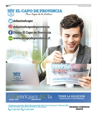 14
DEPORTES
Viernes14de febrerode 202014
DiarioElCapode Provincia
www.elcapodeprovincia.clwww
@diarioelcapodeprovincia
@diarioelcapo
PRIMERA CONSULTA
GRATIS
Miércoles 19 de febrero de 2020
 