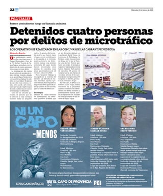 22
POLICIALES
Viernes17de enerode 202014
UNACAMPAÑADE:
Conelapoyode:
DatosyFotografías:PDI
KARINA ANDREA
YÁÑEZ GATICA
Fecha de Extravío:
01 de septiembre del 2019
Lugar de Extravío:
Comuna de Maipú, Región
Metropolitana.
Edad: 30 años.
Estatura: 1.60 mts.
Peso: 55 kg.
Tez: Morena.
Iris: Café.
Contextura: Delgada.
Cabello: Largo, liso, color
negro.
Vestimentas:
Se desconocen.
JEREMY WLADIMIR
SALAZAR ROCHA
Edad: 16 años.
Estatura: 1.50 mts.
Peso: 50 kg.
Tez: Blanca.
Iris: Café.
Contextura: Delgada.
Cabello: Corto, liso, color
teñido amarillo.
Vestimentas: Chaqueta verde o
poleron Marca GAP, color azul,
blue jeans,
zapatillas marca DC, color café.
Fecha de Extravío: 30 de
septiembre del 2019.
Lugar de Extravío: San Pedro
de la Paz, Región del Biobío.
ANA ETELVINA
BRAVO VERDEJO
Edad: 37 años.
Estatura: 1.60 mts.
Tez: Trigueña.
Iris: Café.
Contextura: Media.
Cabello:Largoynegro.
Vestimentas:Pantalóntipocalzas
negra,poleramangalargacolor
naranjo,botinescolornegro.
Otros: Tatuaje en zona
superior de la región dorsal,
correspondiente a dos delfines.
Fecha de Extravío: 04 de
noviembre del 2019.
Lugar de Extravío: Calle
Domingo Otaegui, cerro
Merced, comuna de Valparaíso.
CUALQUIER INFORMACIÓN COMUNÍQUELA
AL NÚMERO DE EMERGENCIA 134
Correo electrónico: bicrim.vma@investigaciones.
cl -Brigada de Ubicación de Personas Metropolitana
Teléfono: 22 708 21 78
Correo electrónico: briup@investigaciones.cl
Si tienes algún familiar desaparecido envíanos sus
datos y foto al email: prensalecapo@gmail.com
Fueron descubiertos luego de llamada anónima
Detenidos cuatro personas
por delitos de microtráfico
LOS OPERATIVOS SE REALIZARON EN LAS COMUNAS DE LAS CABRAS Y PICHIDEGUA
Alejandro Bracho
abracho@elcapodeprovincia.cl
Una información anóni-
ma fue clave para que el
Grupo Microtráfico Cero de
la PDI de San Vicente de Ta-
gua Tagua, procediera con la
detención de cuatro personas
vinculadas con este delito.
La investigación dio cuenta
de un cultivo de cannabis al in-
terior de una vivienda ubicada
en el sector Pilares Verdes de la
comuna de Las Cabras. En este
sitio, se encontraban 15 plantas
de cannabis cuya estatura va-
riaba entre los 1,6 y 2,4 metros,
razónporlacual,elsujetomayor
deedad,fuedetenidodemanera
inmediataporlosdetectives.
“Uno de los oficiales po-
liciales, se percató que en
el patio de la casa contigua
también había un pequeño
cultivo de plantas de canna-
bis, por lo que fueron hasta
el lugar, siendo recibidos por
la encargada de la vivienda,
quien autorizó a los detec-
tives a realizar una revisión
voluntaria del lugar, donde
fueron encontradas once
plantas de cannabis, cuya
atura aproximada era de 1,6
metros”, informó la PDI.
Tras el segundo hallazgo, la
encargada de la vivienda del
también fue detenida de ma-
nera inmediata, y junto al pri-
mer detenido, fueron puestos a
disposición del Juzgado de Le-
tras y Garantía de San Vicente,
para su control de detención.
Pichidegua
Después de varias semanas
de investigación, los detec-
tives pudieron acreditar que
en un domicilio ubicado en
la población Santa Teresa, de
la comuna de Pichidegua, “se
llevaban a cabo transacciones
de droga, por lo que la Fisca-
lía Local de San Vicente ges-
tionó una orden de entrada y
registro a la propiedad, donde
fueron hallados 45,8 gramos
de cannabis, 7,3 gramos de
cocaína base y dos plantas de
cannabis, además de dos pis-
tolas de aire comprimido y 140
mil pesos en efectivo, produc-
to de la venta de la droga”.
Por este caso, se detuvo a un
hombre y una mujer, ambos
moradores de la propiedad,
quienes contaban con antece-
dentes por delitos similares, y
posteriormente fueron pues-
tos a disposición del Juzgado
de Letras y Garantía de San Vi-
cente de Tagua Tagua.
Miércoles 19 de febrero de 2020
 