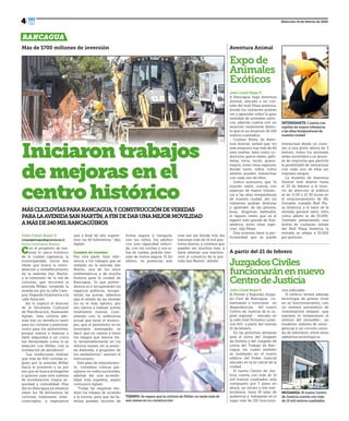 4
RANCAGUA
Miércoles 19 de febrero de 2020Miércoles 19 de febrero de 20204
RANCAGUA
John Cónel Rojas V.
crojas@elcapodeprovincia.cl
Fotos:Constanza Arenas
Con el propósito de me-
jorar el casco histórico
de la ciudad capitalina, la
municipalidad, inició dos
obras que busca la remo-
delación y embellecimiento
de la avenida San Martín,
y la extensión de la red de
ciclovías, que recorrerá la
avenida Millán, tomando la
vereda sur por la calle Cam-
pos, llegando finalmente a la
calle Estación.
Así lo explicó el director
de la Secretaría Comunal
de Planificación, Raimundo
Agliati, “esta ciclovía ade-
más trae un beneficio tanto
para los ciclistas y peatones,
como para los automóviles,
porque vamos a mejorar y
darle seguridad a un cruce
tan demandado como lo es
estación con Millán, con la
instalación de semáforos”.
“Las mediciones indican
que más de 600 ciclistas si-
guen por la avenida Millán
hacia el poniente y es por
eso que se busca entregarles
a quienes usan este sistema
de movilización, mayor se-
guridad y comodidad. Hoy
día en Rancagua ya estamos
sobre los 56 kilómetros de
ciclovías totalmente inter-
conectados, y esperamos
que a final de año supere-
mos los 60 kilómetros.” dijo
Agliati.
Cambio de veredas
Por otra parte, hizo refe-
rencia a los trabajos que se
realizan en la avenida San
Martín, una de los sitios
emblemáticos y de mucha
historia para la ciudad de
Rancagua, “lo que preten-
demos es ir recuperando los
espacios públicos, recupe-
rando las aceras, sabemos
que el estado de las veredas
no es el más óptimo, por
eso vamos a realizar aceras
totalmente nuevas, cum-
pliendo con la ordenanza
actual que tiene el munici-
pio, que el pavimento es en
hormigón estampado, es
decir que no vamos a tener
los riesgos que hemos vis-
to lamentablemente en los
últimos meses, en la aveni-
da Alameda, a propósito de
los vandalismos”, aseveró el
funcionario.
Este plan de mejoramien-
to, considera colocar pai-
sajismo en todos sus bordes,
además dar una accesibi-
lidad más expedita, según
comunicó Agliati.
“Todas las esquinas ten-
drán los rebajes de acuerdo
a la norma, para que las fa-
milias puedan recorrer de
Iniciarontrabajos
demejorasen el
centrohistórico
MÁSCLICLOVÍASPARARANCAGUA,YCONSTRUCCIÓNDEVEREDAS
PARALAAVENIDASANMARTÍN,AFINDEDARUNAMEJORMOVILIDAD
AMÁSDE240MILRANCAGÜINOS
INTERESANTE: Cuenta con
reptiles de mayor tolerancia
a las altas temperaturas de
nuestra ciudad
MUDANZA: El nuevo Centro
de Justicia cuenta con más
de 15 mil metros cuadrados
Expo de
Animales
Exóticos
John Cónel Rojas V.
A Rancagua llegó Aventura
Animal, ubicado a un cos-
tado del mall Plaza América,
donde los visitantes podrán
ver y aprender sobre la gran
variedad de animales exóti-
cos, además cuenta con un
atractivo totalmente distin-
to que es un aviarium de 100
metros cuadrados.
Cristian Pérez, de Aven-
tura Animal, señaló que “en
este aviarium hay más de 60
aves sueltas, tales como co-
dornices, pavos reales, galli-
netas, loros, tucán, guaca-
mayos, entre otras especies,
donde tanto niños como
adultos pueden interactuar
con cada uno de ellos.
Indicó asimismo, que “el
mundo reptil, cuenta con
especies de mayor toleran-
cia a las altas temperaturas
de nuestra ciudad, ahí los
visitantes podrán disfrutar
y aprender de las pitones,
boas, dragónes barbudos,
el lagarto overo que es el
lagarto más grande de Sud-
américa, entre otras espe-
cies”, dijo Pérez.
Esta muestra tiene la par-
ticularidad que se puede
John Cónel Rojas V.
El Primer y Segundo Juzga-
do Civil de Rancagua co-
menzarán a funcionar en
dependencias del nuevo
Centro de Justicia de la ca-
pital regional - ubicado en
la calle José Victorino Lasta-
rria 410- a partir del viernes
21 de febrero.
En las próximas semanas
será el turno del Juzgado
de Familia y del Juzgado de
Letras del Trabajo de Ran-
cagua, los cuales también
se instalarán en el nuevo
edificio del Poder Judicial
ubicado en la ex cárcel de la
ciudad.
El nuevo Centro de Jus-
ticia cuenta con más de 15
mil metros cuadrados, está
compuesto por 7 pisos en
altura, un zócalo y tres sub-
terráneos, tiene 19 salas de
audiencia y trabajarán en el
lugar más de 150 funciona-
Más de $700 millones de inversión Aventura Animal
forma segura y tranquila,
con los niños, los adultos
con una capacidad reduci-
da, con los coches y sus si-
llas de ruedas, podrán tran-
sitar de forma segura. El fin
último, es potenciar aún
más ese eje donde hoy día
transitan más de 10 mil pea-
tones diarios, y creemos que
pueden ser muchos más, y
darle además una reactiva-
ción al comercio de la ave-
nida San Martín”, detalló.
JuzgadosCiviles
funcionaránennuevo
CentrodeJusticia
A partir del 21 de febrero
rios judiciales.
El edificio tendrá además
tecnología de primer nivel
en su funcionamiento, con
un sistema automático de
climatización integral -que
regulará la temperatura al
interior del inmueble-, un
moderno sistema de emer-
gencias y un circuito cerra-
do de televisión, entre otros
adelantos tecnológicos.
TIEMPO: Se espera que la ciclovía de Millán no tarde más de
seis meses en su construcción
interactuar desde un cone-
jito a una pitón albina de 3
metros, todos los animales
están sometidos a un proce-
so de impronta que permite
la posibilidad de interactuar
con cada uno de ellos sin
mayores riesgos.
La muestra de Aventura
Animal está abierta hasta
el 23 de febrero y el hora-
rio de atención al público
es de 11:00 a 21:30 horas en
el estacionamiento de Mc
Donalds, costado Mall Pla-
za América, y el valor de la
entrada general tanto niño
como adulto es de $5.000.
También presentando una
boleta de cualquier tienda
del Mall Plaza América la
entrada se rebaja a $3.000
por persona.
 