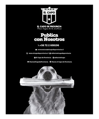 5
REGIONAL
Martes 24 de Diciembre 2019
Publica
conNosotros
economicos@elcapodeprovincia.cl
+56 72 2 608196
www.elcapodeprovincia.cl @diarioelcapodeprovincia
@diarioelcapoEl Capo de Provincia
Diario el Capo de ProvinciaDiarioelCapodeProvincia
 