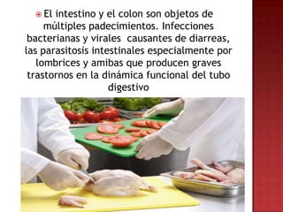  El intestino y el colon son objetos de
     múltiples padecimientos. Infecciones
 bacterianas y virales causantes de diarreas,
las parasitosis intestinales especialmente por
   lombrices y amibas que producen graves
 trastornos en la dinámica funcional del tubo
                    digestivo
 