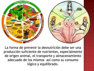 La forma de prevenir la desnutrición debe ser una
producción suficiente de nutrientes, especialmente
 de origen animal, el transporte y almacenamiento
   adecuado de los mismos así como su consumo
               lógico y equilibrado.
 
