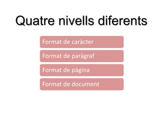 Quatre nivells diferents
Format de caràcter
Format de paràgraf
Format de pàgina
Format de document
 