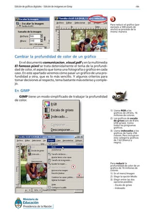 -10-Edición de gráficos digitales - Edición de imágenes en Gimp
3
Para reducir el gráfico (por
ejemplo a 500 píxels de
ancho) se procede de la
misma manera
Cambiar la profundidad de color de un gráfico
En el documento comunicacion_visual.pdf y en la multimedia
El famoso pixel se trata detenidamente el tema de la profundi-
dad de color, el aspecto que toma una fotografía o gráfico en cada
caso. En este apartado veremos cómo pasar un gráfico de una pro-
fundidad a otra, que es lo más sencillo. Y algunos criterios para
tomar decisiones al respecto, tema bastante más extenso y comple-
jo.
En GIMP
GIMP tiene un modo simplificado de trabajar la profundidad
de color.
1) Llama RGB a los
gráficos de 24 bits, 16
millones de colores.
2) Los gráficos de escala
de grises son de 8 bits
(256 grises). Como
todos los programas
gráficos.
3) Llama indexados a los
gráficos de hasta 256
colores. Pero incluye en
esta categoría gráficos
de 1 bit (blanco y
negro).
1
2
3
Para reducir la
profundidad de color de un
gráfico de 16 millones de
colores
1) En el menú Imagen
2) Elegir la opción Modo
3) Elegir entre las dos
opciones posibles:
- Escala de grises
- Indexado
1
2
3
 