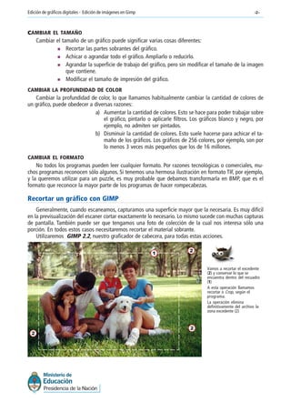 -2-Edición de gráficos digitales - Edición de imágenes en Gimp
1
2
2
2
Vamos a recortar el excedente
(2) y conservar lo que se
encuentra dentro del recuadro
(1)
A esta operación llamamos
recortar o Crop, según el
programa.
La operación elimina
definitivamente del archivo la
zona excedente (2)
CCCCCAMBIAR EL TAMAÑO
Cambiar el tamaño de un gráfico puede significar varias cosas diferentes:
Recortar las partes sobrantes del gráfico.
Achicar o agrandar todo el gráfico. Ampliarlo o reducirlo.
Agrandar la superficie de trabajo del gráfico, pero sin modificar el tamaño de la imagen
que contiene.
Modificar el tamaño de impresión del gráfico.
CAMBIAR LA PROFUNDIDAD DE COLOR
Cambiar la profundidad de color, lo que llamamos habitualmente cambiar la cantidad de colores de
un gráfico, puede obedecer a diversas razones:
a) Aumentar la cantidad de colores. Esto se hace para poder trabajar sobre
el gráfico, pintarlo o aplicarle filtros. Los gráficos blanco y negro, por
ejemplo, no admiten ser pintados.
b) Disminuir la cantidad de colores. Esto suele hacerse para achicar el ta-
maño de los gráficos. Los gráficos de 256 colores, por ejemplo, son por
lo menos 3 veces más pequeños que los de 16 millones.
CAMBIAR EL FORMATO
No todos los programas pueden leer cualquier formato. Por razones tecnológicas o comerciales, mu-
chos programas reconocen sólo algunos. Si tenemos una hermosa ilustración en formato TIF, por ejemplo,
y la queremos utilizar para un puzzle, es muy probable que debamos transformarla en BMP, que es el
formato que reconoce la mayor parte de los programas de hacer rompecabezas.
Recortar un gráfico con GIMP
Generalmente, cuando escaneamos, capturamos una superficie mayor que la necesaria. Es muy difícil
en la previsualización del escaner cortar exactamente lo necesario. Lo mismo sucede con muchas capturas
de pantalla. También puede ser que tengamos una foto de colección de la cual nos interesa sólo una
porción. En todos estos casos necesitaremos recortar el material sobrante.
Utilizaremos GIMP 2.2, nuestro graficador de cabecera, para todas estas acciones.
 