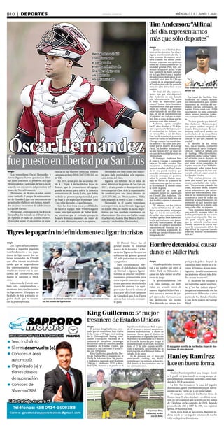 elsiglo.com.veB10  |  DEPORTES MIÉRCOLES | 3 | JUNIO | 2020
elsiglo
El potrazo King Guillermo, entre-
nado por el venezolano Juan Carlos
Ávila, ocupa el 5° lugar en el ranking
de la Thoroughbred Racing Asso-
ciation (Asociación Nacional de la
industria de ejemplares purasangre
de carrera) entre los mejores caballos
tresañeros de Estados Unidos, que
tiene a Tiz the Law como el actual lí-
der con 349 puntos.
King Guillermo, ganador del Der-
by de Tampa Bay y segundo en el
Derby de Arkansas, tiene 166 puntos,
y también es superado por Charlatán
(286 pts.); Authentic (275) y Max-
field (270). Retornó a su puesto en el
hipódromo Gulfstream Park el pasa-
do 27 de mayo y retomó sus entrena-
mientos recientemente a objeto de
mantener forma, pues el objetivo de
su propietario, el exgrande liga Víctor
Martínez y su entrenador es ir directo
al Derby de Kentucky, por lo que el
ejemplar estará en el óvalo florideño
hasta el 27 de julio cuando será lle-
vado a Kentucky, descartando así su
participación en el Belmont Stakes, el
sábado 20 de junio.
Es de destacar que el líder del
mencionado ranking era Nadal,
ejemplar que fue retirado de la activi-
dad pistera, al fracturarse en uno de
sus entrenamientos.
ÓscarHernández
fuepuestoenlibertadporSanLuis
Hernández asistió
como invitado
al campo de
entrenamientos de
Grandes Ligas con
un contrato
no garantizado
elsiglo
Los venezolanos Óscar Hernández y
Edwin Figuera fueron puestos en liber-
tad junto con otros 31 peloteros de Ligas
Menores de los Cardenales de San Luis, de
acuerdo con un reporte del periodista Jeff
Jones, del News-Democrat.
Hernández, de 26 años de edad, asistió
como invitado al campo de entrenamien-
tos de Grandes Ligas con un contrato no
garantizado y falló en seis turnos, reparti-
dos en cinco encuentros de exhibición en
la Liga del Cactus.
Hernández, exprospecto de los Rays de
Tampa Bay, fue tomado en el Dratf de Re-
gla 5 por los D-backs de Arizona en 2014.
El receptor sumó 47 encuentros de expe-
riencia en las Mayores entre esa primera
campaña arriba y 2016 (.167/.239/.262, en
42 VB).
En 2019, actuó para las sucursales Do-
ble A y Triple A de los Medias Rojas de
Boston, que lo promovieron al equipo
grande en mayo, para cubrir la ausencia
momentánea de Sandy León, que había
recibido un permiso por paternidad, pero
no llegó a ser usado por el mánager Alex
Cora y fue devuelto a Ligas Menores.
Con San Luis tenía pocas posibilidades
de hacer el equipo. Matt Wieters seguirá
como principal suplente de Yadier Moli-
na, mientras que el cotizado prospecto
Andrew Knizner, miembro del róster de
40, es otra alternativa para la receptoría.
Hernández era visto como una masco-
ta para darle profundidad a la organiza-
ción detrás del plato.
Figuera, un infielder de 22 años de
edad, debutó en las granjas de San Luis en
2015 y el año pasado se desempeñó en las
tres categorías Clase A de la organización.
Se combinó para una línea ofensiva de
.213/.277/.261, en 78 encuentros. Había
sido asignado al Peoria (Clase A media).
Hernández es el cuarto venezolano
con experiencia en las Grandes Ligas que
es dejado libre, en medio de la ola de pe-
loteros que han quedado cesanteados en
días recientes. Los otros son Carlos Asuaje
(Cachorros), Andrés Eloy Blanco (Cerve-
ceros) y Luis Sardiñas (Nacionales).
elsiglo
Quédate con el béisbol. Man-
tente en los deportes. Esa idea, o
alguna manifestación de ella, se
hace presente de manera inevi-
table cuando los atletas profe-
sionales expresan sus opiniones
sobre los acontecimientos en la
sociedad general. Pero Tim An-
derson--torpedero de los White
Sox, campeón de bateo defensor
en la Liga Americana y jugador
afroamericano dedicado a la co-
munidad en el área de Chicago
a través de su programa League
of Leaders-nunca les ha prestado
atención a los detractores en ese
sentido.
“Al final del día, represen-
tamos más que sólo deportes”,
dijo Anderson en una llamada
por teleconferencia. “Si quitas
el título de ‘deportistas’, ¿qué
somos? Somos seres humanos.
Representamos más que nuestro
título de trabajo. Las personas
están tratando de ser ellas mis-
mas, en vez de simplemente ser
‘el pelotero’, sea cual sea su nom-
bre. Esto se trata de dejar que las
personas sean ellas mismas”.
Anderson, quien cumplirá
los 27 años de edad el 23 de ju-
nio, se pasó parte de la pausa por
el coronavirus en Arizona con
su esposa, Bria, y sus dos hijas.
Este fin de semana, el paracorto
estuvo de vuelta en las afueras de
Chicago cuando los manifestan-
tes salieron a las calles para pro-
testar por la muerte de George
Floyd, un hombre afroamerica-
no que pereció el 25 de mayo en
un caso de brutalidad policial en
Minneapolis.
El domingo, Anderson hizo
el viaje a Chicago y compartió
fotos en las redes sociales. Dos
incluyeron a Anderson parado
junto al nombre de Floyd pinta-
do en una pared, mientras que
otras dos mostraron a Anderson
cerca de mensajes no positivas
sobre la policía. Dichos men-
sajes no fueron de la autoría de
Anderson, sino que fue su inten-
to de enseñarle al mundo cómo
se siente la gente.
“Muchas de las cosas que
comparto tienen un significado
en el fondo”, dijo Anderson. “(Se
trata de) crear un buen arte que
deje huelle y capture el momento
al ser creativo.
“El objetivo no fue criticar
a nadie ni hablar mal de nadie.
No es que me sienta así porque
diga eso. Así no me siento. Pue-
do hablar sobre cómo me siento.
No dejo que las fotos hablen so-
bre lo que realmente está pasan-
do. Pero, todo es amor. Se trata
más bien de capturar momentos
importantes de historia; eso es
lo que me llama la atención. Es
posible que jamás volvamos a ser
testigos de esto”.
TimAnderson:“Alfinal
deldía,representamos
másquesólodeportes”
Tim Anderson, torpedero de los
White Sox
Un canal de YouTube Tim
Anderson fue creado durante
los entrenamientos para exhibir
momentos de Arizona del tor-
pedero con sus compañeros de
equipo. Dicho canal, con 13,500
suscriptores, no tiene contenido
ahora mismo mientras Ander-
son va en una dirección diferen-
te.
“Es más grande que béisbol”,
dijo Anderson. “Entonces, por
eso quiero cambiar un poco el
ángulo. Estoy tratando de man-
tenerme en el carril positivo en
ambos lados de las cosas. Estoy
tratando de entender cada situa-
ción de lo que está pasando de
verdad”.
El derecho de los White
Sox, Lucas Giolito, compartió
un mensaje de apoyo e inspira-
ción en Twitter el sábado con
el hashtag #BlackLivesMatter.
Anderson calificó como “valien-
te” a Giolito por su decisión de
expresarse y reconoció el amor
que siente de su compañero de
equipo, uno con el que habla fre-
cuentemente sobre temas fuera
del béisbol, aunque no han con-
versado sobre el estado actual de
los Estados Unidos.
“Hay muchas personas eno-
jadas que sienten que no están
siendo escuchadas”, dijo Ander-
son. “Por eso están pasando las
cosas, así como ahora. Estamos
en un momento en que necesi-
tamos que todos se junten. Esta-
mos en un momento en que ne-
cesitamos el amor de todos, sin
importar la raza. Estamos en un
momento en que tenemos que
estar agarrados de la mano, cada
raza, cada color, no importa.
“Nos movemos mejor como
uno solo. Es un tema difícil de
hablar, pero traten de ser lo más
comprensivos posible. Hay mu-
cha gente enojada, gente rota
que no entiende muchas cosas
cuando suceden de cierta ma-
nera. Es un momento difícil. Es
algo difícil de expresar cuando
estás tan inmerso en momentos
difíciles”.
elsiglo
Oficiales policiales detuvie-
ron a un hombre que entró al
Miller Park de Milwaukee y
causó un daño menor en el te-
rreno de juego.
“A aproximadamente 7:00
a.m. esta mañana, un indi-
viduo no armado entró de
manera ilegal al Miller Park y
tuvo acceso al terreno de jue-
go”, dijeron los Cerveceros en
una declaración por escrito.
“Fue detenido un tiempo des-
elsiglo
Los Tigres se han compro-
metido a seguirles pagando
indefinidamente a sus juga-
dores de liga menor los sa-
larios semanales de US$400
que ellos vienen recibiendo
desde que se suspendieron
los entrenamientos prima-
verales en marzo por la pan-
demia del coronavirus, una
fuente le informó a MLB.
com.
La novena de Detroit tam-
bién está comprometida a
mantener intactos los rosters
de liga menor. El equipo no
ha dado de baja a ningún ju-
gador desde que se suspen-
dió la pretemporada.
Hombredetenidoalcausar
dañosenMillerPark
pués por la policía después de
causar un daño menor en el te-
rreno. Al tratarse de una inves-
tigación, desafortunadamente
no podemos ofrecer más deta-
lles en este momento”.
El incidente fue limitado a
un individuo, según una fuen-
te, y “no hay indicio alguno”
de que esté relacionado con las
protestas en Milwaukee y otras
partes de los Estados Unidos
a raíz de la muerte de George
Floyd.
Tigreslepagaránindefinidamentealigaminoristas
La novena de Detroit también está comprometida a mantener intac-
tos los rosters de liga menor
El Detroit News fue el
primer medio en informar
acerca de la decisión. La fin-
ca de los Tigres es clave en los
esfuerzos del gerente general
Al Avila por armar un equipo
competitivo.
Bajo circunstancias nor-
males, el club hubiese dejado
en libertad a algunos ligami-
noristas al concluir los entre-
namientos primaverales para
crear espacio para otros juga-
dores que están ascendiendo
dentro del sistema. Los equi-
pos suelen hacer lo mismo al
acercarse del Draft amateur
de Grandes Ligas. Los Tigres
aún no han tomado semejan-
te paso.
King Guillermo: 5° mejor
tresañerodeEstadosUnidos
El potrazo King
Guillermo, arriba
con JC Ávila
elsiglo
Hanley Ramírez publicó una imagen donde
se le puede ver practicando su swing, aunque al-
gunos fanáticos creen que su tiempo como juga-
dor de la MLB ya terminó.
La foto fue tomada en la casa del jugador
dominicano, quien posiblemente juegue nueva-
mente con los Tigres del Licey en la Lidom.
El exjugador estrella de los Medias Rojas de
Boston tiene 36 años de edad, y su última incur-
sión en las Grandes Ligas ocurrió con los Indios
de Cleveland en la campaña de 2019, dejando
promedio de .184 y OBP de .298, tras registrar
apenas 49 turnos al bate.
En la recta final de su carrera, Ramírez to-
davía puede ser un jugador veterano de mucho
valor en la pelota dominicana.
El exjugador estrella de los Medias Rojas de Bos-
ton tiene 36 años de edad
Hanley Ramírez
luceenbuenaforma
 