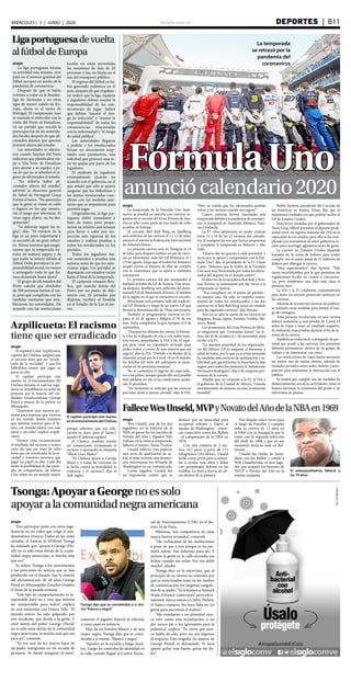 elsiglo.com.ve DEPORTES  | B11MIÉRCOLES | 3 | JUNIO | 2020
FórmulaUno
anunciócalendario2020
elsiglo
La temporada de la Fórmula Uno final-
mente se pondrá en marcha con carreras se-
guidas en el circuito del Gran Premio de Aus-
tria en julio como parte de una tanda de ocho
pruebas en Europa.
El circuito Red Bull Ring en Spielberg
será anfitrión de las carreras el 5 y 12 de julio,
anunció el martes la Federación Internacional
de Automovilismo.
La próxima carrera será en Hungría el 19
de julio, para después realizar un par de carre-
ras en Silverstone, sede del GP Británico, el 2
y 9 de agosto, luego que el Gobierno británico
aceptó eximir al deporte de élite de cumplir
con la cuarentena que se aplica a visitantes
extranjeros.
La primera carrera del año mantendrá el
habitual nombre de GP de Austria. Una sema-
na después, Spielberg será anfitrión del deno-
minado GP de Steiermark (Estiria), el nombre
de la región en el que se encuentra el circuito.
Silverstone será primero sede del tradicio-
nal GP Británico y luego de un nuevo GP que
llevará la denominación de 70mo aniversario.
También se programaron carreras en Es-
paña el 16 de agosto y Bélgica el 30 de ese
mes. Italia completará la gira europea el 6 de
septiembre.
“Durante los últimos dos meses, la Fórmu-
la Uno ha trabajado de cerca con todos nues-
tros socios, autoridades, la FIA y los 10 equi-
pos para crear un calendario revisado para
poder volver a correr de una manera que sea
segura”, dijo la FIA. “Debido a la fluidez de la
situación actual por la Covid-19 en el mundo,
los detalles del resto del calendario se anun-
ciarán en las próximas semanas”.
No se consentirá el ingreso de espectado-
res a las pistas, aunque quizás ello será posible
más adelante en año si las condiciones sanita-
rias lo permiten.
“De momento se anticipa que las carreras
previstas serán a puerta cerrada”, dijo la FIA.
“Pero se confía que los aficionados podrán
volver a las carreras cuando sea seguro”.
Cuatro carreras fueron canceladas esta
temporada debido a la pandemia de coronavi-
rus: la inaugural en Australia, Mónaco, Fran-
cia y Holanda.
La F1 cifra optimismo en poder realizar
entre 15 y 18 de las 22 carreras del calenda-
rio, al reasignar las seis que fueron pospuestas
y completar la temporada en Bahréin y Abu
Dabi.
“Quiero dar las gracias a cada promotor y
socio por su apoyo y compromiso con la Fór-
mula Uno”, dijo el presidente de la F1 Chase
Carey. “Sabemos que la vuelta de la Fórmula
Uno será muy bienvenida por todos los aficio-
nados del deporte en el mundo entero”.
El director de la escudería Red Bull, Chris-
tian Horner, se entusiasmó por dar inicio a la
temporada en Austria.
“Nos complacer ser el punto de partido...
en nuestra casa. Ha sido un empeño monu-
mental de todos los involucrados y las dos
carreras en el Red Bull Ring serán un modelo
para las siguientes carreras”, dijo Horner.
Aún no se sabe la suerte de las carreras en
Singapur, Rusia, Japón, Estados Unidos, Mé-
xico y Brasil.
Los promotores del Gran Premio de Méxi-
co aseguraron que “continúan firmes” las fe-
chas del 30 de octubre al 1 de noviembre para
recibir a la F1.
“La máxima prioridad de los organizado-
res del México GP es asegurar el bienestar y
salud de todos, por lo que ya se están tomando
las medidas más estrictas de sanitización y sa-
lubridad que garantizarán la experiencia más
segura para todos los asistentes al Autódromo
Hermanos Rodríguez”, dijo CIE, empresa pro-
motora de la carrera.
Añadió que, en conjunto a la F1, la FIA y
el gobierno de la Ciudad de México, “estarán
monitoreando de manera cercana la situación
mundial”.
Bobby Epstein, presidente del Circuito de
las Américas en Austin, Texas, dijo que se
mantienen confiados en que podrán recibir el
GP de Estados Unidos.
Directrices emitidas por el gobernador de
Texas Greg Abbott permiten al deporte profe-
sional tener un ingreso máximo del 25% en la
capacidad de un estadio, pero ello se ha com-
plicado por normativas de otros gobiernos lo-
cales para restringir aglomeraciones de gente.
La carrera en Estados Unidos depende
bastante de la venta de boletos para poder
cumplir con el canon anual de 25 millones de
dólares por albergar la carrera.
“Muy esperanzados”, dijo Epstein. “Hay
cierta incertidumbre por lo que permitan las
regulaciones locales en cuanto a concurren-
cia, pero tendremos una idea más clara el
próximo mes”.
La FIA y la F1 colaboran conjuntamente
para tener un estricto protocolo sanitario en
las carreras.
Además de montar las carreras sin público,
se tomarán otras medidas para limitar el ries-
go de contagios.
Toda persona involucrada en una carrera
deberá someterse a una prueba de Covid-19
antes de viajar y tener un resultado negativo.
Se realizarán más pruebas durante el fin de se-
mana de la carrera.
También se reducirá el contingente de per-
sonal que acude a las carreras. Los presentes
deberán permanecer dentro de su grupo de
trabajo y no interactuar con otros.
Las restricciones de viajes harán necesario
un mayor uso de vuelos chárter, además de
traslados privados entre sedes, hoteles y aero-
puertos para minimizar la interacción con el
público.
Se tendrá que cumplir con las medidas de
distanciamiento social en actividades como el
himno nacional, la ceremonia del podio y las
entrevistas de prensa.
La temporada
se retrasó por la
pandemia del
coronavirus
Ligaportuguesadevuelta
alfútboldeEuropa
elsiglo
La liga portuguesa retoma
su actividad esta semana, otro
paso en el retorno gradual del
fútbol europeo en medio de la
pandemia de coronavirus.
Después de que el balón
volviera a rodar en la Bundes-
liga de Alemania y en otras
ligas de menor calado de Eu-
ropa, ahora es el turno de
Portugal. El campeonato luso
se reanuda el miércoles con la
visita del Porto al Famalicao,
en un partido que suscitó la
preocupación de las autorida-
des locales después de que afi-
cionados dijeron que querían
juntarse afuera del estadio.
Las autoridades se alarma-
ron cuando hinchas del Porto
indicaron que planificaban via-
jar a Vila Nova de Famalicao
para alentar a su equipo, a pe-
sar de que no se admitirá el in-
greso de aficionados al estadio.
“No debería haber afi-
cionados afuera del estadio”,
advirtió la directora general
de Salud de Portugual Graça
Freitas el lunes. “No queremos
que la gente se reúna en cafés
o lugares en los que mostra-
rán el juego por televisión. El
virus sigue afuera, no ha des-
aparecido”.
“Se deberán seguir las re-
glas”, dijo. “El reinicio de la
liga es un paso importante y
se necesitó de un gran esfuer-
zo. Ahora tenemos que asegu-
rarnos que la temporada ter-
mine de manera segura y de
que nadie se infecte debido al
fútbol. Debe prevalecer la res-
ponsabilidad social, no vamos
a arriesgarlo todo lo que he-
mos alcanzado hasta ahora”.
El grupo de aficionados del
Porto calcula que alrededor
de 300 personas harían el via-
je, pero que cumplirán con las
medidas sanitarias que esta-
blecieron las autoridades. De
acuerdo con las restricciones
locales no están permitidas
las reuniones de más de 20
personas y hay un límite en el
uso del transporte público.
El regreso del fútbol ya ha-
bía generado polémica en el
país, después de que el gobier-
no indicó que la liga, equipos
y jugadores debían asumir la
responsabilidad de las con-
secuencias de jugar. Indicó
que debían “asumir el ries-
go de infección” y “asumir la
responsabilidad” de todas las
consecuencias relacionadas
con la enfermedad y “el riesgo
de salud pública”.
Las autoridades llegaron
a pedirle a los involucrados
firmar un documento acep-
tando esos parámetros, una
solicitud que provocó una se-
rie de quejas por parte de los
jugadores.
El sindicato de jugadores
eventualmente alcanzó un
acuerdo con el gobierno, en el
que señaló que sólo se quería
asegurar que los futbolistas y
los demás involucrados cum-
plirán con las medidas sani-
tarias que se impusieron para
permitir jugar.
Originalmente, la liga por-
tuguesa debió reanudarse a
fines de mayo, pero pospu-
sieron su reinicio una semana
para llevar a cabo una ins-
pección más rigurosa de los
estadios y realizar pruebas a
todos los involucrados en los
partidos.
Todos los jugadores fue-
ron sometidos a pruebas esta
semana antes de que les auto-
rizaran jugar. Los partidos se
disputarán con estadios vacíos
hasta el final de la temporada.
El campeón reinante Ben-
fica, que marcha detrás del
Porto por un punto de dife-
rencia con 10 jornadas por
disputar, recibirá al Tondela
en el Estadio de la Luz el jue-
ves.
elsiglo
El español César Azpilicueta,
capitán del Chelsea, aseguró que
el racismo tiene que ser “erradi-
cado de la sociedad” y que los
futbolistas tienen que jugar su
parte en ello.
El capitán participó este
martes en el entrenamiento del
Chelsea durante el cual los juga-
dores se arrodillaron en señal de
protesta por la muerte del ciu-
dadano estadounidense George
Floyd a manos de la policía en
Mineápolis.
“Queremos usar nuestra po-
sición para expresar que vivimos
en un mundo donde tenemos
que intentar mejorar para el fu-
turo, un mundo mejor con más
amor y sin odio”, explicó Azpili-
cueta.
“Hemos visto recientemente
el resultado del racismo y vemos
cada día que esa clase de odio
tiene que ser erradicada de la so-
ciedad y nosotros tenemos que
jugar un papel en ello. Cada día
existe la posibilidad de dar ejem-
plo, de comportarse, de educar
a los niños en un mundo mejor,
Azpilicueta: El racismo
tiene que ser erradicado
El capitán participó este martes
en el entrenamiento del Chelsea
porque sabemos que esa edu-
cación es clave para el futuro”,
apuntó el defensa español.
El Chelsea también emitió
un comunicado rechazando el
racismo y apoyando la campaña
“Black Lives Matter”.
“El Chelsea apoya a George
Floyd y a todas las víctimas en
la lucha contra la brutalidad, la
violencia y el racismo”, dijo el
club inglés.
FalleceWesUnseld,MVPyNovatodelAñodelaNBAen1969
El exbasquetbolista falleció a
los 74 años
elsiglo
Wes Unseld, uno de los dos
jugadores en la historia de la
NBA en ganar los los laureles de
Novato del Año y Jugador Más
Valioso en la misma temporada,
falleció el martes. Tenía 74 años.
Unseld falleció tras padecer
una serie de quebrantos de sa-
lud, el más reciente una neumo-
nía, informaron los Wizards de
Washington en un comunicado.
Como jugador, Unseld fue
un imponente centro que se
destacó por su tenacidad para
recuperar rebotes y lideró al
equipo de Washington - enton-
ces conocidos como los Bullets
- al campeonato de la NBA en
1978.
Con una estatura de 2 me-
tros (6,7 pies) y peso de 111
kilogramos (245 libras), Unseld
brilló como pivot pese a enfren-
tar a rivales más altos y lidiar
con persistentes dolores en las
rodillas. Lo hizo a fuerza de ofi-
cio dentro de la pintura.
Fue elegido cinco veces para
el Juego de Estrellas y cumplió
toda su carrera de 13 años en
la NBA con la franquicia que le
tomó con la segunda selección
del draft de 1968 y que en ese
momento tenía su sede en Bal-
timore.
Unseld fue titular de inme-
diato con los Bullets y emuló a
Wilt Chamberlain, el otro juga-
dor que acaparó los honores de
‘MVP’ y Novato del Año en la
misma campaña.
Tsonga:ApoyaraGeorgenoessolo
apoyaralacomunidadnegraamericana
Tsonga dijo que se consideraba a sí mis-
mo“blanco y negro”
elsiglo
Tras participar junto con otros juga-
dores/as en un vídeo que colgó el esta-
dounidense Frances Tiafoe en las redes
sociales, el francés Jo-Wilfried Tsonga
ha señalado que “apoyar a George (Flo-
yd) no es sólo estar detrás de la comu-
nidad negra americana, es mucho más
que eso”.
Se refiere Tsonga a los movimientos
y las peticiones de justicia que se han
producido en el mundo tras la muerte
del afroamericano de 40 años George
Floyd en Minneapolis (Estados Unidos)
el lunes de la pasada semana.
“Este tipo de comportamiento es in-
soportable para mí y creo que debería
ser insoportable para todos”, explicó
en una entrevista con France Info. “El
mundo entero ha sido golpeado por
este incidente, que divide a la gente. Y
estar detrás del pobre George (Floyd)
no es sólo estar detrás de la comunidad
negra americana, es mucho más que eso
para mí”, comentó.
“Yo era uno de los únicos hijos de
un padre inmigrante en mi escuela de
primaria. Te dejaré imaginar el resto”,
comentó el jugador francés al referirse
a como pasó su infancia.
Hijo de un hombre blanco y de una
mujer negra, Tsonga dijo que se consi-
deraba a sí mismo “blanco y negro”.
“Apodos en la escuela y luego insul-
tos. Luego los controles de identidad en
la calle cuando llegué al Centro Nacio-
nal de Entrenamiento (CNE) en el dis-
trito 16 de París.
Mientras, mis compañeros de clase
nunca fueron revisados”, comentó.
“Me rechazaron de las instituciones
a pesar de que a mis amigos se les per-
mitió entrar. Fue doloroso para mí. E
incluso la gente en la calle escondía sus
bolsas cuando me veían. Eso me dolió
mucho”, añadió.
Tsonga dice en la entrevista, que al
principio de su carrera no entendía por
qué se mencionaba tanto en los medios
de comunicación, los orígenes congole-
ños de su padre. “Ya teníamos a Yannick
Noah, el franco-camerunés”, pero extra-
ñamente nunca oímos a Cédric Pioline,
el franco-rumano. No hace falta ser un
genio para encontrar el motivo”.
“Me enseñaron a no presentar nun-
ca esto como una reclamación, a no
dar nunca pie a los ignorantes para la
polémica”, explica. “Es cierto que nun-
ca hablo de ello, pero no soy ingenuo
al respecto. Esta tragedia (la muerte de
George Floyd) es demasiado. Te hará
querer gritar más fuerte, gritar mi do-
lor”.
 