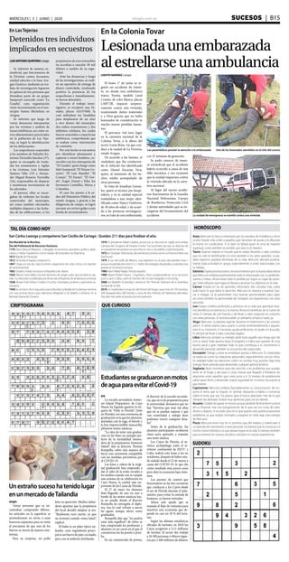 elsiglo.com.ve SUCESOS  | B15MIÉRCOLES | 3 | JUNIO | 2020
SUDOKU
CRIPTOGRAMA
HORÓSCOPOTAL DÍA COMO HOY
QUE CURIOSO
Aries: Mercurio te lleva a interesarte por los estudios de metafísica o de lo
oculto. Estarás más unido a aquellos que necesitan de ayuda y le ofrecerás
la misma sin condiciones. A tu lado no faltará quien te sirva de maestro
espiritual, como también es posible, que seas tú el maestro.
Tauro: Querrás mejorar el mundo que te rodea, llevando a cabo cambios
que no solo te beneficiarán a ti sino también a tus seres queridos. La pa-
labra egoísmo quedará eliminada de tu vida. Mercurio afectará positiva-
mente toda actividad en grupo, especialmente si están relacionadas con
tu trabajo.
Géminis: Espera promociones y reconocimientos por tu buena labor ahora
que Mercurio enfatiza positivamente todo lo relacionado con tu profesión,
carrera o metas. Ahora harás todo lo posible por lograr un lugar de presti-
gio. Todo esfuerzo que hagas te llevará a alcanzar tus objetivos en la vida.
Cáncer: Estarás en las de aprender, informarte, leer, estudiar más, sobre
todo hacer lo que llame la atención. Mercurio te impulsa a explorar, bus-
car o indagar. Se te presentarán muy buenas oportunidades para viajar,
así como también la oportunidad de compartir tus experiencias con otras
personas.
Leo: Espera cambios profundos y positivos en tu vida que aportaran bue-
nos beneficios económicos a la misma. Ahora te beneficias de la suerte de
otros. Es tiempo de unir fuerzas y de llevar a cabo negocios en conjunto
con otras personas. Si necesitas pedir un préstamo al banco hazlo ya.
Virgo: Mercurio, tu planeta regente, favorece el matrimonio y las uniones
para ti. Si tienes planes para casarte o unirte sentimentalmente a alguien,
este es tu momento. Si necesitas ayuda profesional, no dudes en buscarla.
Es tiempo de llevar a cabo consultas legales.
Libra: Mercurio arrojará su energía sobre todo aquello que tenga que ver
con tu salud. Todo apunta hacia el progreso e indica que gozarás de muy
buena salud y gran vitalidad. Todo lo que contribuya a tu crecimiento o
desarrollo personal, también se encuentra bien aspectado.
Escorpión: Trabajo y amor se entrelazan gracias a Mercurio. Tu creatividad
se exalta así como tus relaciones personales, especialmente con los niños.
En realidad todas tus relaciones sufren un cambio muy positivo bajo esta
energía. Buen periodo para desarrollar cualquier aptitud artística.
Sagitario: Buen momento para dar solución a los problemas que puedas
tener en el hogar y dar paso a cosas nuevas que llegarán a fortalecer las
relaciones entre aquellos que viven junto a ti. Es tiempo de establecerte
sobre bases firme y desarrollar mayor seguridad en ti mismo, buscando la
paz interior.
Capricornio: Mercurio enfatiza favorablemente tu comunicación. No im-
porta el tema que te toquen, te sentirás dispuesto a hablar o conversar
sobre el tema que sea. Tus planes para el futuro abarcarán más de lo que
siempre has deseado. Estarás muy generoso para con los demás.
Acuario: Cuídate de gastar en exceso ya que perderás fácilmente el control
de tus finanzas. Haz una reorganización de lo que son tus cosas de valor,
dinero u objetos. Si no estás claro en lo que quieres esto podría ocasionarte
problemas ya que estarás inclinado a exagerar en todo bajo esta energía
de Mercurio.
Piscis: Mercurio entra hoy en tu primera casa del zodiaco y traerá para ti
un periodo de crecimiento a nivel personal. Se impone que te conozcas a ti
mismo como individuo y lo que deseas lograr en la vida. Es tiempo también
para envolverte en nuevos estudios y lanzarte en nuevas experiencias.
Estudiantessegraduaronenmotos
deaguaparaevitarelCovid-19
EFE
La escuela secundaria Somer-
set Island Preparatory de Cayo
Hueso ha logrado ganarse la eti-
queta de “Only in Florida” (Solo
en Florida) con una ceremonia de
graduación en la que los alumnos,
ataviados con la toga, el birrete y
la hoy imprescindible mascarilla,
pilotaron motos náuticas.
“La idea de tener una gradua-
ción en Jet Skies un ejemplo per-
fecto de la mentalidad innova-
dora de la preparatoria Somerset
Island”, dijo su director, Thomas
Rompella, sobre esta manera de
hacer una ceremonia compatible
con las medidas preventivas por
el COVID-19.
Las fotos y videos de la origi-
nal graduación han empezado a
dar el salto de la redes sociales a
los medios cuando casi se cumple
una semana de su celebración en
Cayo Hueso, la ciudad más im-
portante de los Cayos de Florida.
El 27 de mayo los alumnos
iban llegando de uno en uno a
bordo de las motos náuticas has-
ta un muelle donde el director
Rompella les entregaba el diplo-
ma, tras lo cual volvían a surcar
las aguas, aunque ahora como
graduados.
Rompella dijo que “no podría
estar más orgulloso” de cómo se
han comportado los profesores y
alumnos en un curso en el que el
coronavirus los ha puesto a prue-
ba.
En un comunicado de prensa,
el director de la escuela secunda-
ria, que sirve de preparatoria para
la universidad, demuestra que no
hay “barreras que sean tan altas
que no se puedan superar y que
con creatividad y trabajo duro
podemos vencer cualquier desa-
fío”.
Antes de la graduación, los
alumnos participantes recibieron
clases para aprender a manejar
una moto náutica.
Los Cayos de Florida, el tu-
rístico archipiélago entre el te-
rritorio continental de EEUU y
Cuba, reabrió este lunes a los no
residentes, después de haber esta-
do aislado desde el 22 de marzo a
causa del COVID-19, lo que dio
como resultado muy pocos casos
pero dejó la economía bajo míni-
mos.
Los puestos de control que
funcionaron en las dos carreteras
que conducen a los Cayos desde
el sur de Florida durante el aisla-
miento, para evitar la entrada de
foráneos, ya fueron retirados.
Ahora solo queda que se
reanude el flujo de visitantes para
reactivar una economía que de-
pende en casi un 50 % del turis-
mo.
Según las últimas estadísticas
oficiales de turismo, en 2018 los
Cayos acogieron a 5,13 millones
de turistas. El sector dio trabajo
a 26.500 personas y obtuvo ingre-
sos por 2.400 millones de dólares.
Unextrañosucesohatenidolugar
enunmercadodeTailandia
elsiglo
Varias personas que se en-
contraban comprando diferen-
tes artículos en la superficie se
arremolinaron en torno a unas
hueveras expuestas para su venta
al percatarse de que uno de los
huevos se movía de manera mis-
teriosa.
Para su sorpresa, un pollo
hizo su aparición. Medios tailan-
deses apuntan que la propietaria
del local decidió adoptar al ave.
“Realmente tuvo suerte, ya que
no terminó comido como balut”,
explicó.
El balut es un plato típico tai-
landés, cuyo ingrediente princi-
pal es un huevo de pato cocinado,
pero con el embrión fertilizado.
San Carlos Lwanga y compañeros San Cecilio de Cartago . Quedan 211 días para finalizar el año.
Día Mundial de la Bicicleta.
Día del Profesional de Recursos Humanos.
1770: Nace Manuel Belgrano | Abogado, economista, periodista, político, diplo-
mático y militar rioplatense. Fue el creador de la bandera de Argentina.
1813: Batalla de Pampatar.
1812: Se funda el equipo Liverpool F.C.
1847: Llega a la isla de Cuba el primer cargamento de culíes chinos, en régimen
de semiesclavitud.
1862: Estados Unidos reconoce la República de Liberia.
1924: Muere Franz Kafka | Escritor bohemio de origen judío que escribió en ale-
mán. Su obra está considerada una de las más influyentes de la literatura universal.
1938: Muere Tulio Febres Cordero | Escritor, historiador, profesor y periodista ve-
nezolano.
1940: en el marco de la Segunda Guerra Mundial, la Batalla de Dunkerque termina
con una victoria táctica para Alemania obligando a los aliados a retirarse, en la
llamada Operación Dinamo.
1970: El presidente Rafael Caldera, pronuncia un discurso en inglés ante ambas
Cámaras del Congreso de Estados Unidos. Fue la primera vez que un discurso de
un presidente venezolano se transmite en vivo y vía satélite a toda Venezuela.
1972: en Stuttgart (Alemania), desciende por primera vez en su historia el Borussia
Dortmund.
1979: al sur del Golfo de México, una explosión en el pozo del petróleo Ixtoc I
provoca la pérdida de entre 0,7 y 1 millón de toneladas de petróleo, la pérdida más
grande en la historia humana.
1986: Nace Rafael Nadal | Tenista español.
1990: Muere Robert Noyce | Ingeniero y físico estadounidense. Se le reconoce
junto a Jack S. Kilby, como el inventor del circuito integrado o microchip.
2008: en Medellín (Colombia) culmina el 38.º Período Ordinario de la Asamblea
General de la OEA.
2018: en Guatemala la erupción del Volcán de Fuego causó más de 100 muertos,
200 desaparecidos, 600 heridos y cerca de dos millones de habitantes afectados.
Dos días más tarde se produciría otra explosión.
En la Colonia Tovar
Lesionadaunaembarazada
alestrellarseunaambulancia
LIXESTH NARVÁEZ | elsiglo
El lunes 1° de junio se re-
gistró un accidente de tránsi-
to, en donde una ambulancia
marca Toyota, modelo Land
Cruiser, de color blanco, placas
LAW72B, impactó sorpresi-
vamente contra una vivienda,
ocasionando daños materiales
y a Dios gracias que no hubo
lesionados de consideración ni
mucho menos pérdidas huma-
nas.
El percance vial tuvo lugar
en la carretera nacional de la
Colonia Tovar, a la altura del
sector Loma Brisa, vía que con-
duce a la ciudad de La Victoria,
estado Aragua.
De acuerdo a las fuentes, el
ciudadano que iba conducien-
do el vehículo fue identificado
como Daniel Zacarías Vera,
quien, al momento de los he-
chos, estaba acompañado de
otras personas.
Se trata de Jonathan Gonzá-
lez, quien es técnico pre-hospi-
talario, y en la unidad especial
trasladaban a una mujer iden-
tificada como Nancy Gutiérrez,
de 20 años de edad, y de acuer-
do a las primeras investigacio-
nes, se trata de una embarazada,
con 32 semanas de gestación.
Se pudo conocer de mane-
ra extraoficial que el accidente
habría ocurrido a causa de una
falla mecánica y eso ocasionó
que la unidad impactara contra
la vivienda ubicada en la carre-
tera nacional.
Al lugar del suceso acudie-
ron funcionarios de la Guardia
Nacional Bolivariana, Cuerpo
de Bomberos, Protección Civil
y demás autoridades que se en-
cargaron del levantamiento del
accidente.
Los paramédicos prestan la atención a la embarazada Uno de los lesionados atendidos en el sitio del suceso
La unidad de emergencia se estrelló contra una vivienda
En Las Tejerías
Detenidos tres individuos
implicados en secuestros
LUISANTONIOQUINTERO|elsiglo
Se informó de manera ex-
traoficial, que funcionarios de
la División contra Secuestro,
unidad adscrita a la base Ara-
gua-Guárico, mediante un tra-
bajo de investigación lograron
la captura de tres personas que
formaban parte de un grupo
hamponil conocido como “La
Casalta”, cuya organización
viene incursionando en el mu-
nicipio Santos Michelena en
Aragua.
Se informó que luego de
varias denuncias interpuestas
por las víctimas y análisis de
trazas telefónicas, así como va-
rios allanamientos practicados
en la población de Las Teje-
rías, se logró la identificación
de los delincuentes.
Los sospechosos responden
a los nombres de Naleykis Ka-
terines Torrealba Sánchez (37),
quien se encargaba de trasla-
dar los armamentos y vigilar
a las víctimas, Luis Salvador
Santoro Véliz (19) y Alexan-
der Miguel Romero Torrealba
(24), responsables de disparar
y monitorear movimientos de
los afectados.
Al parecer, ellos se encar-
gaban de violentar los locales
comerciales del municipio,
así como también efectuarles
múltiples disparos a las facha-
das de las edificaciones, si los
propietarios de esos inmuebles
no accedían a cancelar 30 mil
dólares a cambio de su segu-
ridad.
Ante las denuncias y luego
de las investigaciones, se reali-
zó un operativo de entrega de
dinero controlada, resultando
positiva la presencia de los
sospechosos e inmediatamen-
te fueron detenidos.
Durante el trabajo inves-
tigativo, se recuperó una Ya-
maha, placas AA3T58M, la
cual utilizaban los bandidos
para desplazarse de un sitio
a otro dentro del municipio;
dos radios transmisores y dos
teléfonos celulares, los cuales
fueron sometidos a experticias
telefónicas, comprobando que
se usaban como instrumento
de comisión.
Por este hecho se encuentra
por identificar plenamente y
capturar a varios hombres, co-
nocidos con los remoquetes de
“El Casalta”, quien funge como
líder hamponil; “El Yeison Co-
mino”, “El Luis Manilla”, “El
Conejo”, “El Enano”, “El Gor-
do”, Ángel, Daniel y Riky, los
hermanos Centellita, Morsa y
Colombia.
El caso fue puesto a la or-
den del Ministerio Público del
estado Aragua, y gracias a las
diligencias de campo, se logró
ejecutar un certero golpe a una
banda de secuestradores.
 