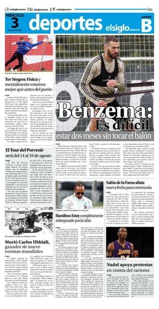 B9@elsiglocomve elsiglocomve @elsiglocomv
deporteselsiglo.com.ve
3DE JUNIO DE 2020
MIÉRCOLES cuerpo
B
Benzema:Es difícil
estardosmesessintocarelbalón
elsiglo
Karim Benzema, delantero francés del
Real Madrid, destacó lo “difícil” que fue
estar “dos meses sin tocar el balón” durante
el confinamiento por la pandemia del co-
ronavirus y celebró el regreso a la norma-
lidad en los entrenamientos, ya pudiendo
disputar partidos a la espera de la reanu-
dación de LaLiga Santander, que marcó
como objetivo.
“La adaptación fue muy buena. Mucho
mejor estar ya con todos y con el balón,
porque en casa es más difícil estar sólo to-
cando el balón, es más trabajo de gimna-
sio y físico. Es difícil estar dos meses sin
tocar el balón”, reconoció en declaraciones
al club.
El delantero francés se queda con las
buenas sensaciones que van sintiendo se-
gún han ido evolucionando los entrena-
mientos en grupo. “Ahora estamos bien
y vamos a seguir trabajando juntos. Hoy
hicimos un partido y tuvimos muy buenas
sensaciones. Estamos más cerca de regre-
sar a LaLiga”.
En poco más de una semana el pulso
por el título con el Barcelona se reanuda y
Benzema marcó el objetivo de ser campeo-
nes. “Tenemos muchas ganas de volver a la
competición y ganar partidos. El primero
es muy importante contra el Eibar en casa
y lo vamos a dar todo hasta el final”.
“Será diferente jugar a puerta cerrada
porque siempre necesitamos a la afición,
pero espero que estén todos apoyándonos
delante de la televisión. Sabemos que te-
nemos que ganar los partidos porque son
muy importantes para nosotros y para el
club. Vamos a tope”, añadió.
Por último resaltó el mensaje que les
traslada Zinedine Zidane, “disfrutar de ju-
gar al fútbol” y valoró tener ya más balón y
menos carga física tras una puesta a punto
inicial. “Ya tocamos más balón que la se-
mana pasada, que fue más de físico”.
El francés
espera con
ansias el primer
partido
El portero resaltó su buen estado físico
TerStegen:Físicay
mentalmenteestamos
mejorqueantesdelparón
elsiglo
El portero del FC Barcelona,
Marc-André ter Stegen, dijo en
declaraciones al canal digital
DAZN que él sus compañeros
están ahora físicamente y men-
talmente mejor que antes del
parón forzado por la pandemia
del coronavirus.
“Creo que físicamente nun-
ca habíamos estado en tan
buen nivel como ahora. Estoy
convencido de que física y
mentalmente estamos mejor
que antes”, afirmó el meta.
Ter Stegen dijo que es raro
que se pueda tener una prepa-
ración tan larga como la que ha
forzado el parón y eso fortalece
al Barcelona, aunque también
puede ayudar a otros equipos.
Ter Stegen sugirió que la
situación con los partidos a
puerta cerrada puede terminar
favoreciendo al Barcelona.
“Ahora no se trata de dónde
juegas ni de presiones exter-
nas, sino de calidad futbolísti-
ca”, explicó el meta.
Interrogado acerca de en
qué momento se dio cuenta
que tenía mejor juego con los
pies en comparación con otros
muchos porteros, Ter Stegen
dijo que él no creía que se tra-
tara de una habilidad en el ma-
nejo del balón, sino de “tomar
las decisiones adecuadas en los
momentos adecuados”.
“En ese sentido creo que
desde que estoy aquí he mejo-
rado mi juego y lo he adapta-
do a lo que necesita el equipo”,
indicó.
elsiglo
El antiguo campeón de
motociclismo Carlo Ubbiali,
referente en los años 50 al con-
quistar nueve coronas, falleció
a los 90 años, según anunció
este martes la organización del
Mundial de MotoGP.
Antes de Giacomo Agostini
en los años 60 y 70 y Valentino
Rossi en el nuevo siglo, Ubbiali
fue la gran cara del motociclismo.
Fue campeón mundial en
categoría 125cm3 en 1951,
1955, 1956, 1958, 1959 y 1960,
y sumó además tres títulos en
250cm3; en 1956, 1959 y 1960.
Está en el podio de los pilo-
tos con más Mundiales, terce-
ElTourdelPorvenir
serádel14al19deagosto
elsiglo
El Tour del Porvenir
(L’avenir), la prueba donde
suelen destacar los jóvenes
talentos que de inmediato
triunfan en el campo profesio-
nal, tendrá lugar del 14 al 19
de agosto, según el calendario
de la UCI.La prueba, previs-
ta en un principio entre el 7
y 16 de agosto, vio las fechas
modificadas a raíz del nuevo
calendario de la UCI por la
pandemia del coronavirus.
Este año será la primera
prueba de la Copa de Nacio-
nes.Otros dos eventos estarán
en el programa de esta Copa
de Naciones: el Gran Premio
Orlen en Polonia, programa-
do para el 29 y 30 de agosto,
y la Carrera de la Paz en la
República Checa que se cele-
brará del 3 al 6 de septiembre.
El Tour del Porvenir, orga-
nizado por ASO, la empresa
que dirige entre otras prue-
bas el Tour de Francia, es el
escaparate universal para los
jóvenes corredores sub-23 que
más tarde dan el salto al cam-
po profesional.Muchos de los
ganadores del Tour del Por-
venir se han consagrado en
el World Tour, como el actual
ganador del Tour de Francia,
el colombiano Egan Bernal
(Ineos), quien se impuso en la
carrera de esperanzas en 2017.
Fue campeón mundial en categoría 125cm3
Murió Carlos Ubbiali,
ganador de nueve
coronas mundiales
ro e igualado con el británico
Mike Hailwood y Rossi, por
detrás de Agostini (15 títulos)
y del español Ángel Nieto (13).
Ubbiali ganó todas sus co-
ronas con las célebres motos
italianas MV Agusta -la misma
marca con la que brillará des-
pués Agostini-.
Con un pilotaje basado en
la seguridad, Ubbiali también
pasó a la historia por no ha-
berse lesionado durante una
carrera. Se retiró en 1960, con
solo 31 años.
Era el único piloto con vida
en haber participado en la pri-
mera edición del Mundial de
motociclismo, en 1949.
elsiglo
El británico Lewis Hamilton,
seis veces campeón mundial de
Fórmula Uno, sigue activo en las
redes sociales para mostrar su
tristeza y enfado por la muerte
de George Floyd a manos de un
agente de policía de Mineápolis
(EEUU), y este martes se decla-
ró “completamente sobrepasado
por la rabia”.
“Esta última semana ha sido
muy oscura. He fallado en man-
tener mis emociones. He sentido
tanta ira, tristeza e incredulidad
en lo que mis ojos han visto...
Me siento completamente abru-
mado por la rabia al ver tan fla-
grante desprecio por las vidas de
nuestra gente”, afirmó en Insta-
gram y Twitter.
“La injusticia que estamos
viendo a nuestros hermanos y
hermanas en todo el mundo una
y otra vez es repugnante, y DEBE
parar”, añadió el inglés.
“Muchos parecen sorprendi-
dos, pero para nosotros, por des-
gracia, no es sorprendente. Los
que somos negros, morenos o
intermedios, lo vemos todos los
días y no deberíamos tener que
sentirnos como si hubiéramos
nacido culpables, no pertenece-
mos, o tememos por nuestras vi-
das por el color de nuestra piel”,
continuó.
(El actor) “Will Smith lo dijo
mejor: el racismo no está em-
peorando, está siendo filmado.
El inglés se mostró muy dolido por la situación
Hamilton:Estoycompletamente
sobrepasadoporlarabia
Sólo ahora que el mundo está
tan bien equipado con cámaras,
este tema ha podido salir a la
luz de una manera tan grande”,
acotó.
“Sólo cuando hay disturbios
y gritos de justicia los poderes
que se derrumban y hacen algo,
pero para entonces es demasia-
do tarde y no se ha hecho lo su-
ficiente. Se necesitaron cientos
de miles de quejas de la gente y
edificios quemados antes de que
los funcionarios reaccionaran
y decidieran arrestar a Derek
Chauvin por asesinato, y eso es
triste”, afirmó.
Y cree que “desafortunada-
mente, América no es el único
lugar donde vive el racismo y se-
guimos fallando como humanos
cuando no podemos defender lo
que es correcto”. “Por favor, no te
sientes en silencio, no importa el
color de tu piel. Las vidas negras
importan”, agregó.
El pasado domingo, al poco
de conocerse la muerte de Geor-
ge Floyd y a través de la red so-
cial Instagram, Hamilton dijo:
“Veo a aquellos de vosotros que
siguen en silencio, algunos sois
las estrellas más grandes, pero
permanecéis en silencio en me-
dio de la injusticia. No hay ni
una señal de nadie de mi indus-
tria que, por supuesto, es un de-
porte dominado por los blancos.
Soy una de las únicas personas
de color en él, pero estoy solo”.
SalóndelaFamaalista
nuevafechaparaceremonia
elsiglo
El Naismith Hall fo Fame
busca una nueva fecha para la
ceremonia del 2020. El Nais-
mith Memorial se estaba alis-
tando para un gran año: no
sólo por la inminente elección
de superestrellas como Kobe
Bryant, Kevin Garnett y Tim
Duncan pero también la opor-
tunidad de inaugurar su com-
pletamente renovado museo. El
coronavirus cambia sus planes.
La pandemia de coronavi-
rus echó los planes por tierra.
La reapertura fue pospuesta
dos meses hasta el 1 de julio y
la ceremonia de inducción -que
honrará de manera póstuma a
Bryant junto al entrenador
colegial Eddie Sutton- se pos-
puso también hasta octubre o
incluso al segundo trimestre de
2021.
Una moneda conmemora-
tiva que supuestamente iba a
darse a conocer durante la fase
Final Four del basquetbol co-
legial en cambio comenzará a
venderse el jueves.
La superestrella Kobe Bryant
Nadal apoya protestas
en contra del racismo
elsiglo
El tenista español Rafa Na-
dal se ha unido a las protestas
desde todos el mundo contra
la muerte del ciudadano es-
tadounidense George Floyd a
manos de un agente de la poli-
cía de Mineápolis (EEUU) pu-
blicando en sus redes sociales
una foto totalmente negra.
Pese a no incluir la etiqueta,
este martes las protestas en las
redes sociales se han unificado
con el esa misma foto, unida al
lema #BlackOutTuesday.
Rafa Nadal, ganador de 19
torneos del Grand Slam, se une
así, tanto en Instagram como
en Twitter, a la lucha contra el
racismo que llega desde todo el
mundo tras la muerte de Floyd,
que ha generado en Estados
Unidos una ola de actos violen-
tos.
 