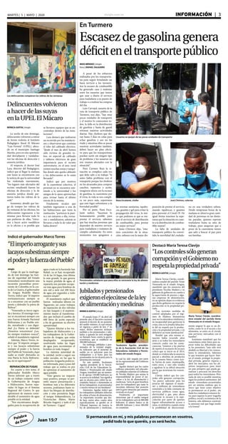 elsiglo.com.ve INFORMACIÓN  | 3MARTES | 5 | MAYO | 2020
Palabra
de Dios
Si permanecéis en mí, y mis palabras permanecen en vosotros,
pedid todo lo que queréis, y os será hecho.Juan 15:7
En Turmero
Escasezdegasolinagenera
déficiteneltransportepúblico
Usuarios se quejan de las pocas unidades de transporte
IRIOS MÉNDEZ | elsiglo
fotos | RAFAEL SALGUERO
A pesar de los esfuerzos
realizados por los transportis-
tas para seguir brindando un
buen servicio a los turmere-
ños la escasez de combustible
ha generado caos y malestar
entre los usuarios que tienen
que usar a diario el servicio
para trasladarse a su puesto de
trabajo o a realizar las compras
del día.
Luis Carvajal, usuario de la
ruta de transporte público de
Turmero, nos dijo, “hay muy
pocas unidades de transporte
y el motivo lo conocemos to-
dos, la falla en la distribución
de gasolina y hasta de gasoil
retrasan nuestras actividades
diarias. Hay choferes que du-
ran hasta 3 días en colas para
echar gasolina y eso no les
rinde y mientras ellos se paran
nuestras actividades también,
deben hacer un plan efecti-
vo para que los transportistas
puedan surtir sin ningún tipo
de problema y los usuarios no
nos veamos afectados con la
situación”.
Para Carmen Ruiz la si-
tuación se complica cada vez
que debe salir a su trabajo “Si
antes había problema con el
transporte porque los choferes
no les alcanzaba para comprar
cauchos, repuestos y aceite,
imagínese ahora con la escasez
de gasolina, la cuarentena por
el virus, la vida se nos compli-
ca un poco más, esperemos
que esto logre solventarse a la
brevedad posible”.
Por su parte, Naza Esca-
lante indicó, “hacemos lo
humanamente posible para
prestar el servicio, sabemos
que hay muchas personas que
dependen de nuestro servicio
para trasladarse y tratamos de
cumplir cabalmente. En estos
momentos nos apegamos a
Naza Escalante, chofer José Chirinos, colector
las normas sanitarias, tapabo-
cas, guantes y gel para evitar la
propagación del virus, lo úni-
co que pedimos es que se me-
jore el servicio de distribución
de combustible, para prestar
un mejor servicio”.
Jesús Chirinos dijo, “esta-
mos concientes de la situa-
ción, salimos con la mejor dis-
posición de prestar el servicio,
usando tapabocas y guantes
para prevenir el Covid-19. De
igual forma tenemos la espe-
ranza que la situación en cuan-
to a la distribución de combus-
tible mejore”.
La falta de unidades de
transporte público ha conver-
tido la movilidad del ciudada-
no en una verdadera odisea.
Desde tempranas horas de la
mañana se observa gran canti-
dad de personas en las distin-
tas paradas, quienes esperan
trasladarse hasta su sitio de
trabajo, pues aseguran que a
pesar de la cuarentena tienen
que salir a buscar el pan para
sus familias.
Delincuentesvolvieron
ahacerdelassuyas
enlaUPELElMácaro
Los delincuentes rompieron los vidrios de las ventanas
MÓNICA GOITIA | elsiglo
La noche de este domingo,
delincuentes volvieron a entrar
de forma violenta al Instituto
Pedagógico Rural El Mácaro
“Luis Fermín” (UPEL), ubica-
do en el municipio Santiago
Mariño, pero en esta oportuni-
dad desvalijaron y vandaliza-
ron las oficinas de dirección y
asesoría jurídica.
Al respecto, el doctor José
Lara, director del Pedagógico,
indicó que al llegar la mañana
este lunes se encontraron con
la noticia de que la universidad
fue violentada nuevamente,
“los lugares más afectados del
recinto estudiantil fueron las
oficinas de dirección y la de
asesoría jurídica donde par-
tieron todos los vidrios de la
sede”.
Asimismo, detalló que lue-
go de romper los vidrios de
las ventanas de las oficinas, los
delincuentes ingresaron a las
mismas para llevarse todo lo
que pudieran de ellas, “entra-
ron a hacer actos vandálicos
en la oficina y es posible que
se llevaron equipos que se en-
contraban dentro de las insta-
laciones”.
Lara destacó que realizaron
un recorrido por las instalacio-
nes y observaron que continúa
el robo del cableado eléctrico,
“desde el mes de abril hemos
sido víctima de grandes ro-
bos, en especial de cableado
y tableros eléctricos de gran
importancia para el recinto
universitario, en el área rural
existen muchas zonas y tanqui-
llas donde aún queda cableado
y los delincuentes se lo están
llevando”.
Indicó que por motivos
de la cuarentena colectiva, el
personal no se encuentra asis-
tiendo a la universidad y los
amigos de lo ajeno aprovechan
para revisar hasta el último
rincón de la misma.
Finalmente recalcó que
también ingresaron a una de
las habitaciones que tiene la
institución, “partieron la puer-
ta y así entraron a ella, revisa-
ron y vandalizaron, además se
llevaron a todo lo de valor que
había dentro”.
Indicó el gobernador Marco Torres
“Elimperioarroganteysus
lacayossubestimansiempre
elpoderylafuerzadelPueblo”
elsiglo
Luego de que la madruga-
da de este domingo las fuer-
zas de seguridad del Estado
venezolano neutralizaron una
incursión paramilitar prove-
niente de Colombia en la cos-
ta de La Guaira, el gobernador
de Aragua Rodolfo Marco
Torres, indicó que “el imperio
norteamericano siempre se
va a encontrar con un pueblo
presto a defender la patria de
Bolívar”.
“Venezuela es tierra sagra-
da y heroica. El enemigo inva-
sor se encontrará siempre con
una Fuerza Armada Nacional
Bolivariana y un Pueblo uni-
do, moralizado y con digni-
dad ¡La Patria se defiende!
¡Nosotros venceremos! ¡Lea-
les siempre traidores nunca!”,
señaló el mandatario regional.
Además, Marco Torres, in-
dicó que “el imperio arrogan-
te y sus lacayos subestiman
siempre el poder y la fuerza
del Pueblo de Venezuela ¡Aquí
nadie se rinde! ¡Retumba en
esta Patria la Furia Bolivaria-
na, no se equivoquen!”.
REPARACIÓN DE FUGAS
En cuanto a otro tema, el
gobernador Rodolfo Marco
Torres informó que a través
de un trabajo conjunto entre
la Gobernación de Aragua
e Hidrocentro, fueron repa-
radas 16 fugas en el Sistema
Regional del Centro, lo que
optimizará de manera consi-
derable el suministro de agua
potable en la entidad.
“Nos encontramos desple-
gados para la recuperación de
agua cruda en la hacienda San
Rafael, ya se han recuperado
16 de las 16 fugas, ésta última
la más grande, la que genera
la mayor pérdida de agua, al
repararla nos permite recupe-
rar más agua para bombear de
seis mil a siete mil 200 litros
de agua por segundos a todo
nuestro estado”.
El mandatario explicó que
fueron realizadas labores en
Yaguaruto, así como trabajos
de reparación de dos válvulas
en San Joaquín y el manteni-
miento mayor al transforma-
dor, que incluyó el cambio de
600 litros de aceite especial,
a fin de garantizar su efectiva
operatividad.
“Quiero felicitar a los tra-
bajadores de Hidrocentro y a
los trabajadores de la Gober-
nación de Aragua, que están
desplegados recuperando,
resolviendo todas las fugas
de agua para incrementar el
bombeo en toda Aragua”.
La máxima autoridad de
la entidad, invitó a seguir sus
redes sociales, en las que la
población Aragueña podrá es-
tar informada, paso a paso del
trabajo que se realiza en pro
de optimizar el suministro de
agua potable.
“Esto genera un impacto
muy positivo, porque va per-
mitir mayor presurización y
bombear más a los diferentes
sectores, podríamos hasta re-
ducir los bloques de distribu-
ción y esto permitiría llegar
al tanque Independencia, La
Victoria,San Mateo, Mario
Briceño Iragorry y todo el eje
de Turmero - Cagua”.
MÓNICA GOITIA | elsiglo
El pasado lunes 27 de abril del
presente año, el Ejecutivo nacional
anunció el decreto de un aumento
del sueldo mínimo, el cual entrará
en vigencia a partir de hoy 1° de
mayo, dichos anuncios incluyen
también a los pensionados y jubi-
lados, a quienes les será otorgado
un llamado bono contra la guerra
económica, que se estableció en
300.000 bolívares.
Sin embargo, jubilados y pen-
sionados de la entidad aragüe-
ña indicaron que el aumento de
sueldo no es suficiente para los
trabajadores y el bono para los
pensionados no les alcanza para la
alimentación mensual.
En este sentido, Teodomiro
Aguilar, presidente de la Asocia-
ción Civil de los Educadores Ju-
bilados y Pensionados del estado
Aragua, manifestó que un aumen-
to de apenas 150.000 bolívares no
seacercaalarealidad,“esosignifica
que no alcanza para cubrir las ne-
cesidades básicas y elementales ni
de los trabajadores, ni pensionados
y mucho menos de sus familiares”.
Asimismo, Aguilar indicó que
los trabajadores jubilados deberían
de cobrar el bono de alimentación,
“es importante recordar que des-
de hace varios años, cuatro años
específicamente, se aprobó en el
Tribunal Supremo de Justicia la
ley de alimentación y medicinas,
MÓNICA GOITIA | elsiglo
María Teresa Clavijo, coordi-
nadora estadal del partido Vente
Venezuela en el estado Aragua,
manifestó que los anuncios del
presidente Nicolás Maduro y su
gabinete de gobierno en cuanto a
la supervisión de precios y algu-
nas empresas de alimentación,
en su opinión dejan en evidencia
que dicho gobierno no respeta la
producción ni la propiedad pri-
vada.
“Las recientes medidas de
control adoptadas por el régi-
men de Maduro, demuestran
una vez la naturaleza totalitaria y
su incapacidad para gerenciar la
crisis, esta es la prueba fehacien-
te del no respeto por la produc-
ción y la propiedad privada, y en
definitiva no tiene justificación”.
Resaltó que esta misma si-
tuación había ocurrido años
atrás y ya todos los venezolanos
conocen cuales son las conse-
cuencias, “estamos a las puertas
de repetir el escenario de escasez
crítico que se inició en el 2014,
donde se evidenciaba la ausencia
parcial o absoluta de productos
de la canasta básica como acei-
te, harina de maíz, mantequilla,
entre otros, y esto sólo vendrá
a agudizar la ya difícil situación
por la que atraviesan los venezo-
lanos”.
Clavijo indicó que los con-
troles sólo generan corrupción,
“no parece suficiente para los
jerarcas del régimen el mante-
ner a millones de venezolanos
sometidos a la falla constante de
servicios públicos como agua,
electricidad y gas, para ahora
potenciar la escasez y la espe-
culación por parte de quienes
logran informalmente acceso a
estos, en definitiva cuando existe
la posibilidad de discrecional-
Pensionados señalaron que para ellos es necesaria la ley de alimen-
tación y medicinas
Jubiladosypensionados
exigieronelejecútesedelaley
dealimentaciónymedicinas
la cual ha sido negada por parte
de los representantes del Gobierno
nacional”.
Aguilar destacó que los cuatro
millones setecientos mil educado-
res jubilados exhortan al Gobierno
de Nicolás Maduro que asuma la
responsabilidad de poner el eje-
cútese a la ley de alimentación y
medicinas, “sería de gran beneficio
para los trabajadores que tanto lo
necesitan, debemos fijar posición
ante la grave situación que estamos
viviendo en el país”.
Finalmente, es importante
mencionar que el sueldo integral
de los trabajadores será de 800.000
bolívares: el salario básico es de
400.000 bolívares y otros 400.000
en cestaticket.
Teodomiro Aguilar, presiden-
te de la Asociación Civil de los
Educadores Jubilados y Pensio-
nados del estado Aragua
Destacó María Teresa Clavijo
“Loscontrolessólogeneran
corrupciónyelGobiernono
respetalapropiedadprivada”
María Teresa Clavijo, coordina-
dora estadal del partido Vente
Venezuela en el estado Aragua
mente asignar lo que es un de-
recho, como lo es el acceso a los
alimentos, se entra en el círculo
más perverso, mercadear con el
hambre”.
Asimismo manifestó que los
venezolanos están listos para su-
perar todas las dificultades que
se les presenten, “esto sólo será
abolido en libertad y los venezo-
lanos lo entendemos. Sabemos
lo que tenemos que hacer: limi-
tar al estado, proteger la propie-
dad privada, generar riqueza y
abrir los mercados, son los ob-
jetivos inequívocos para tener
un país próspero que pueda ga-
rantizar y procurar los derechos
para todos los venezolanos. Pero
nada de esto es posible mientras
sigan los poderes autónomos del
estado venezolano secuestrados
por un sistema mafioso que lo
único que tiene como objetivo
es permanecer en el poder., sin
duda los ciudadanos estamos lis-
tos para superar la peor tragedia
política, social y económica de la
historia, sólo debemos construir
la amenaza real que haga rendir
a la tiranía”.
 