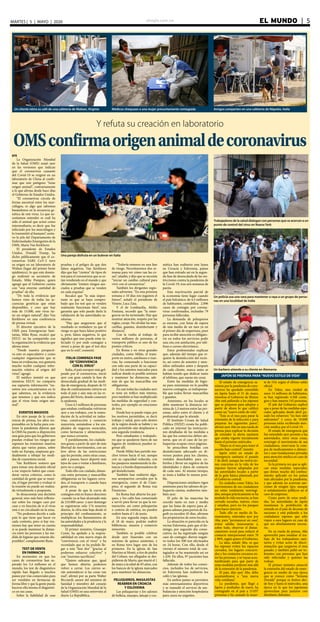 elsiglo.com.ve EL MUNDO  | 5MARTES | 5 | MAYO | 2020
Un cliente retira su café de una cafetería de Malean, Virginia Médicos chequean a una mujer presuntamente contagiada Amigos comparten en una cafetería de Nápoles, Italia
Y refuta su creación en laboratorio
OMSconfirmaorigenanimaldecoronavirus
EFE
La Organización Mundial
de la Salud (OMS) zanjó ayer
en las versiones que indican
que el coronavirus causante
del Covid-19 se originó en un
laboratorio de China al confir-
mar que este patógeno “tiene
origen animal”, contrariamente
a lo que afirma desde hace días
el Gobierno de Estados Unidos.
“El coronavirus circula de
forma ancestral entre los mur-
ciélagos, es algo que sabemos
basándonos en la secuencia ge-
nética de este virus. Lo que ne-
cesitamos entender es cuál ha
sido el animal que actuó como
intermediario, es decir que fue
infectado por los murciélagos y
lo transmitió al humano”, sostu-
vo la jefa del Departamento de
Enfermedades Emergentes de la
OMS, María Van Kerkhove.
El presidente de Estados
Unidos, Donald Trump, ha
dicho públicamente que el co-
ronavirus SARS CoV-2 tuvo
su origen en un laboratorio de
Wuhan (lugar del primer brote
epidémico), lo que este domin-
go reafirmó su secretario de
Estado, Mike Pompeo, quien
agregó que el Gobierno cuenta
con “una enorme cantidad de
pruebas” de ello.
“De toda la evidencia que
hemos visto de todas las se-
cuencias genéticas que están
disponibles, y creo que hay
más de 15.000, este virus tie-
ne un origen natural”, dijo Van
Kerkhove en una conferencia
de prensa virtual.
El director ejecutivo de la
OMS para Emergencias Sani-
tarias, Mike Ryan, recalcó que
EEUU no ha compartido con
la organización la evidencia que
afirma tener.
“Desde nuestra perspecti-
va esto es especulativo y como
cualquier organización que se
basa en evidencias, nos gustaría
mucho recibir cualquier infor-
mación relativa al origen del
virus”, agregó.
El médico insistió en que
mientras EEUU no comparta
esa supuesta información “no-
sotros nos concentramos en lo
que sabemos, en la evidencia
que tenemos y que nos indica
que el virus tiene origen ani-
mal”.
EVENTOS MASIVOS
En otro pasaje de la confe-
rencia de prensa, los altos res-
ponsables en la lucha para con-
tener la pandemia dijeron que
la OMS ha puesto a disposición
una guía para que los gobiernos
puedan evaluar los riesgos que
suponen las reuniones masivas
ahora que varios países, sobre
todo en Europa, empiezan gra-
dualmente a rebajar las medi-
das de cuarentena social.
Van Kerkhove sostuvo que
para tomar una decisión oficial
a ese respecto habrá que consi-
derar varios criterios, como la
cantidad de gente que se reuni-
ría, el lugar previsto y evaluar si
la reunión no puede ser realiza-
da virtualmente o pospuesta.
Se desaconseja una decisión
general, sino más bien reflexio-
nar sobre los riesgos caso por
caso y en función de si el virus
está o no circulando en la zona.
“No podemos decirle a cada
país lo que tiene que hacer en
cada contexto, pero si hay reu-
niones hay que tener en cuenta
si se puede mantener la distan-
cia entre las personas y las me-
dida de higiene que estarán dis-
ponibles”, complementó Ryan.
TEST DE VENTA
EN FARMACIAS
En momentos en que los
casos de coronavirus han su-
perado los 3,4 millones en el
mundo, los test de diagnóstico
rápido han llegado a muchos
países por vías comerciales para
ser vendidos en farmacias de
forma libre y que la gente pueda
hacerse ella misma el diagnósti-
co en sus casas.
Sobre la fiabilidad de esas
Una pareja disfruta en un bulevar en Italia
Un policía usa una vara para mantener a raya a un grupo de perso-
nas en una localidad de India
Trabajadores de la salud dialogan con personas que se acercan a un
punto de control del virus en Nueva York
pruebas y el peligro de que den
falsos negativos, Van Kerkhove
dijo que hay “cientos” de tipos de
test para el coronavirus que se es-
tán vendiendo en el mundo y que
obviamente “existen riesgos aso-
ciados a pruebas que se venden
en cada esquina”.
Recalcó que “lo más impor-
tante es que se haya compro-
bado que los test que se venden
realmente funcionan bien”, una
garantía que solo puede darla la
validación de las autoridades sa-
nitarias.
“Hay que asegurarse que el
resultado es verdadero ya que el
riesgo es que haya falsos positivo
o, peor, falsos negativos, lo que
significa que uno puede estar in-
fectado (y por ende contagiar a
otros) a pesar de que el test dice
que no lo está”, comentó.
ITALIA COMIENZA FASE
DE“CONVIVENCIA
CON EL VIRUS”
Italia, el país europeo más gol-
peado por el coronavirus, inició
ayer con gran cautela la fase de
desescalada gradual de las medi-
das de emergencia, después de 55
días de confinamiento estricto en
todo el país y aún más en las re-
giones del Norte, donde comenzó
la epidemia.
Unos 4,5 millones de personas
que estaban confinadas volvieron
ayer a sus trabajos, con la reanu-
dación de la actividad en indus-
trias, construcción y comercio
mayorista, sumándose a los em-
pleados de negocios esenciales,
como farmacias y alimentación,
que nunca cerraron.
Y paralelamente, los ciudada-
nos gozan a partir de ayer de más
libertad de movimientos, con un
leve alivio de las restricciones
que les permite, entre otras cosas,
salir a pasear, hacer deporte más
lejos de casa o visitar a familiares,
pero no a amigos.
Todo ello con cuidado, distan-
cias entre personas y mascarillas
obligatorias en los lugares cerra-
dos, el transporte o cuando haya
gente cerca.
A pesar de que la curva de
contagios está en franco descenso
-cuando ya se han alcanzado más
de 210.000 casos- y ayer domingo
se registraron solo 174 muertos
diarios, la cifra más baja desde el
principio del confinamiento, se
multiplican los llamamientos de
las autoridades a la prudencia y la
responsabilidad.
El primer ministro, Giuseppe
Conte, ha apelado a la respon-
sabilidad en esta nueva etapa de
“convivencia con el virus” y ha
recordado que se ha podido lle-
gar a esta “fase dos” “gracias al
poderoso esfuerzo colectivo” y
con “enormes sacrificios”.
“Quiero subrayar que, igual
que hemos abierto, podemos
volver a cerrar. Los cierres se-
rán automáticos si las cosas van
mal”, afirmó por su parte Walter
Ricciardi, asesor del ministro de
Sanidad y miembro del consejo
de la Organización Mundial de la
Salud (OMS) en una entrevista al
diario La Repubblica.
“Todavía estamos en una fase
de riesgo. Necesitaremos dos se-
manas para ver cómo van las co-
sas”, añadió, y dijo que se necesita
“iniciar un cambio cultural para
vivir con el coronavirus”.
También los dirigentes regio-
nales advierten. “En esta próxima
semana o 10 días nos jugamos el
futuro”, señaló el presidente de
Véneto, Luca Zaia.
Y el de Lombardía, Attilio
Fontana, recordó que “la emer-
gencia no ha terminado. Hay que
mostrar atención, respeto por las
reglas, coraje. No olvidar las mas-
carillas, guantes, desinfectante y
distancia”.
Con la vuelta al trabajo de
varios millones de personas, el
transporte público es uno de los
puntos críticos.
En Roma y en otras grandes
ciudades, como Milán, el trans-
porte en metro, autobuses o tran-
vías, ha comenzado a funcionar
con solo una parte de su capaci-
dad y los asientos marcados para
indicar donde es posible sentarse
y mantener las distancias, ade-
más de que las mascarillas son
obligatorias.
En casi todas las ciudades ayer
se nota un tráfico más intenso,
pero también se han multiplicado
las medidas de seguridad y con-
troles, por ejemplo en estaciones
de tren.
Desde hoy se puede viajar, por
los motivos permitidos, es decir
trabajo y salud, pero solo dentro
de la región donde se habite y no
está permitido aún desplazarse a
una segunda residencia.
Pero estudiantes o trabajado-
res que se quedaron fuera de sus
lugares de residencia pueden re-
gresar allí.
Desde Milán han partido mu-
chos trenes hacia el sur, aunque
con su capacidad reducida, con
los pasajeros manteniendo la dis-
tancia y a bordo dispensadores de
gel desinfectante.
También han reabierto algu-
nos aeropuertos cerrados por la
emergencia, como el de Ciam-
pino, el segundo de Roma tras
Fiumicino.
En Roma han abierto los par-
ques, y los cafés han comenzado
a servir para llevar ya que la res-
tauración, así como peluquerías
o centros de estética, no pueden
reabrir hasta el 1 de junio.
En una segunda etapa, desde
el 18 de mayo, podrán reabrir
bibliotecas, museos y comercio
minorista
También es posible celebrar
desde ayer funerales con un
máximo de quince asistentes, y
en Roma tuvo lugar uno de los
primeros. En la iglesia de San
Martino ai Monti, a tiro de piedra
del Coliseo, sus allegados se des-
pidieron de Mario, que murió el 1
de mayo a la edad de 85 años, con
los bancos de la iglesia marcados
para mantener las distancias.
PELUQUEROS, MASAJISTAS
REABREN EN CROACIA
Y ESLOVENIA
Las peluquerías y los salones
de belleza, masajes, tatuaje y cos-
mética han reabierto este lunes
en Croacia y Eslovenia, países
que han entrado así en la segun-
da fase de desescalada de las res-
tricciones contra la pandemia de
la Covid-19, tras seis semanas de
parón.
Esta reactivación parcial de
la economía tiene lugar cuando
el país balcánico, de 4,5 millones
de habitantes, contabiliza 2.096
casos de contagio por corona-
virus confirmados, incluidas 79
personas fallecidas.
La demanda de peluqueros
es enorme, con listas de espera
de una media de un mes ya en
el primer día de reapertura, pues
para recibir atención es obligato-
rio en todos los servicios pedir
una cita con antelación, por telé-
fono o correo electrónico.
Estos profesionales explican
que, además del tiempo que re-
quiere la desinfección del recin-
to, así como de asientos y uten-
silios utilizados antes y después
de cada cliente, nunca antes se
habían tenido que dedicar tanto
al teléfono, que suena sin cesar.
Entre las medidas de higie-
ne para minimizar en lo posible
nuevos contagios, es indispensa-
ble que todos lleven mascarillas
y guantes.
Asimismo, en los locales se
debe mantener la distancia mí-
nima de 1,5 metros entre las per-
sonas, salvo entre el cliente y el
profesional que lo atiende.
El Instituto Croata de Salud
Pública (HZJZ) croata ha publi-
cado en internet las instruccio-
nes detalladas de las medidas a
las que los comercios deben ate-
nerse, que en el caso de las pe-
luquerías ocupan cinco páginas.
Se prescriben botellas con
desinfectante adecuado en di-
versos puntos para los clientes,
vestidos desechables para cu-
brirlos y llevar un registro de las
identidades y datos de contacto
de cada uno. Al mismo tiempo,
se insta a hablar lo menos posi-
ble.
Disposiciones similares rigen
asimismo para los salones de pe-
luquería canina, reabiertos tam-
bién ayer.
El pelo de las mascotas ha
crecido tanto en mes y medio
que las listas de espera para al-
gunos salones para perros de Za-
greb ya exceden 45 días, afirman
los propietarios de estos locales.
La situación es parecida en la
vecina Eslovenia, país que el do-
mingo, por segundo día conse-
cutivo, no ha registrado ningún
caso de contagio: dieron negati-
vo todos los 500 test efectuados
en 24 horas. Con ello, desde el
viernes el número total de con-
tagiados se ha mantenido así en
1.439. De ellos, 97 pacientes han
fallecido.
Además de todos los comer-
cios, incluidos los de servicios,
en Eslovenia han reabierto los
cafés y las iglesias.
En ambos países se permiten
más entrenamientos deportivos
y se reanudó el servicio de am-
bulancias y atención hospitalaria
para casos no urgentes.
JAPÓN SE PREPARA PARA“NUEVO ESTILO DE VIDA”
Un barbero atiende a su cliente en Alemania
El estado de emergencia sa-
nitaria por la pandemia de coro-
navirus ha quedado extendido
en Japón hasta el 31 de mayo,
mientras el Gobierno de Shinzo
Abe está pidiendo a los nipones
que se preparen para adoptar a
partir de ahora lo que calificó
como un “nuevo estilo de vida”.
“Este es el mes para parar la
extensión de la infección y para
preparar los siguientes pasos”,
afirmó ayer Abe en una rueda de
prensa para explicar la decisión
de extender la alerta sanitaria
que estaba vigente inicialmente
hasta el próximo miércoles.
“Mayo es el mes para tener el
asunto bajo control”, insistió.
Japón entró en estado de
emergencia sanitaria el pasado
7 de abril, aunque las restriccio-
nes concretas en la vida de los
nipones fueron adoptadas por
las autoridades locales a partir
de la guía básica planteada por
el Gobierno central.
En ciudades como Tokio, los
movimientos de sus ciudadanos
no están totalmente restringi-
dos, aunque prácticamente se ha
anulado la vida nocturna, se han
cerrado escuelas, teatros, cines
y estadios, pero no los parques
para hacer ejercicio.
Todo ello en medio de lla-
mamientos, reiterados ayer por
Abe, para “permanecer en casa”,
evitar salidas innecesarias y,
sobre todo, observar el distan-
ciamiento social para reducir el
contacto interpersonal entre 70
y 80%, según quiere el Gobierno.
La idea, señaló Abe, es que
los nipones eviten los espacios
cerrados, los lugares concurri-
dos y los contactos cercanos en-
tre las personas, y se vayan acos-
tumbrando para que parte de
estas medidas perduren más allá
de la extensión de la pandemia.
El país, dijo ayer Abe, debe
acostumbrarse a “una nueva
vida cotidiana”.
La pandemia, que llegó a
Japón a mediados de enero, ha
contagiado en el país a 15.057
personas y ha causado la muer-
te de 510, según el último saldo
oficial.
En Tokio, una ciudad de
unos 14 millones de habitantes,
se han registrado 4.568 conta-
gios y han muerto 145 personas.
El jefe del Gobierno explicó
que a pesar de las medidas espe-
ciales aplicadas desde abril pa-
sado los esfuerzos “no han sido
suficientes” y cerca de 10.000
personas están recibiendo aten-
ción médica por el Covid-19.
El estado de emergencia que
fue extendido ayer permite a las
autoridades, entre otras cosas,
restringir el movimiento de sus
ciudadanos, reservarse la com-
pra de medicamentos o alimen-
tos y usar instalaciones privadas
para atención médica en caso de
necesidad.
Es la primera vez que se apli-
can estas medidas especiales,
que distan mucho del confina-
miento aplicado en los países
más afectados por la pandemia,
y que además no acarrean san-
ciones de ningún tipo, aunque
sí señalamientos públicos en el
caso de empresas.
Como parte de estas medi-
das, las autoridades de Japón
mantienen la prohibición de
entrada en el país de decenas de
naciones y está pidiendo a los
ciudadanos nipones que sólo
viajen a esos lugares en caso de
que sea absolutamente necesa-
rio.
En su rueda de prensa, Abe
aprovechó para ensalzar el tra-
bajo de los trabajadores sani-
tarios y evitar actos de discri-
minación que surgieron el mes
pasado, y también pidió ser to-
lerantes con personas que han
sido infectadas y quienes las
rodean.
El primer ministro anunció
la extensión del estado de emer-
gencia en medio de una época
que se conoce como “Semana
Dorada” porque es festivo des-
de hoy y hasta el miércoles, una
época en la que los japoneses
aprovechan para juntarse con
familiares distantes.
 