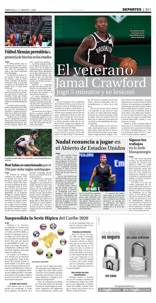 elsiglo.com.ve DEPORTES  | B11MIÉRCOLES | 5 | AGOSTO | 2020
Suspendida la Serie Hípica del Caribe 2020
Serie hípica suspendida
elsiglo
Mediante a un comunica-
do publicado la Confederación
Hípica del Caribe en su cuenta
de Twitter @CONFCARIBE, se
anunció la suspensión de la Se-
rie Hípica del Caribe 2020, que
en un principio fue pautada para
Puerto Rico, país que anunció
la imposibilidad de poder rea-
lizarla y que luego Venezuela y
el Hipódromo Gulfstream Park
ofrecieron organizar, para luego
retirar sus propuestas.
De acuerdo con la informa-
ción ofrecida por los directivos
de la agrupación, luego de que
Puerto Rico declinó montar el
evento debido a los daños causa-
dos por el Huracán María a las ins-
talaciones del Hipódromo Camarero
y de retirarse las propuestas ofreci-
das por Gulfstream Park y Venezuela
para montar la fiesta hípica caribeña,
se tomó la decisión de suspender el
mencionado espectáculo.
SE ABRE UNA PUERTA
Cabe destacar que en el último
párrafo del comunicado se puede
leer lo siguiente: “No obstante, en el
caso que surja de algún país miem-
bro la propuesta para organizar la Se-
rie Hípica del Caribe 2020, siempre
contando con los requisitos mínimos
necesarios para llevarlo a cabo, esta-
remos dispuestos a estudiar la posi-
bilidad de reprogramarla”.
Entre las propuestas presentadas
por Venezuela estaba la de aumentar
los premios, manteniendo las condi-
ciones estatutarias del Reglamento
de la Confederación, mientras que
en las de Gulfstream Park, era
todo lo contrario, bajar el por-
centaje de premiación.
TERCERA SUSPENSIÓN
Sería la tercera vez des-
de 1966 cuando Victoreado,
con Gustavo Ávila conquistó
la primera edición en Puerto
Rico, que no se monta la fiesta
caribeña que durante los úl-
timos tres años se efectuó en
Gulfstream Park, con dos vic-
torias para México en la prue-
ba más importante del evento
y una para Venezuela, en los
años 1972 y 1979 no se disputó
el Clásico del Caribe, prueba
que los ejemplares venezola-
nos han conquistado hasta en
14 oportunidades.
TRES PAÍSES NO HAN
ORGANIZADO
Colombia, Jamaica y Ecuador
son las tres naciones miembros de
la Confederación Hípica del Caribe
que no han organizado el máximo
evento de la hípica caribeña desde
que se efectuó por primera vez en
1966 en la Isla del Encanto.
elsiglo
Con la reanudación de la temporada
2019-2020 de la NBA, uno de los focos de
atención era Nets de Brooklyn porque se
estrenaba con el elenco neoyorquino con
Jamal Crawford. El veterano se ganó un
contrato como reemplazo para el resto del
curso, cumpliendo su deseo de tener una
chance más en la liga tras más de un año
fuera de las canchas. Más precisamente,
su último encuentro había sido el 9 de
abril de 2019, cuando cerró aquella cam-
paña con Suns de Phoenix al anotarle ¡51
puntos! a Mavericks de Dallas.
Tras dos juegos mirando desde afue-
ra para mejorar su puesta a punto, este
martes 4 de agosto llegó el esperado de-
but del histórico anotador de 40 años,
frente a Bucks de Milwaukee. Pero, la-
mentablemente, el mismo duró muy
poco.
Para ser más exactos, duró 5 minutos
y 58 segundos: en una acción de mano
en mano con Donta Hall sintió automá-
ticamente una molestia muscular y pidió
el cambio. Tras unos minutos, Nets con-
firmó que no regresaría al encuentro por
una lesión en los isquiotibiales de la pier-
na izquierda.
Sobre todo porque en esos casi 6 mi-
nutos, Jamal demostró que su calidad es-
taba intacta. Desde que pisó el campo a
4m35s del final del primer cuarto, ingre-
sando en lugar de Garrett Temple, su im-
pacto ofensivo fue automático: una gran
asistencia para el corte por línea de fondo
de Kurucs, otro genial pase tras engañar a
la defensa para servirle la volcada a Donta
Hall, un triple desde 45° grados, una nue-
va asistencia para un bombazo desde el
eje de Muza y otro doble marca registra-
da. Ante la mejor defensa de la liga y tras
casi 16 meses sin jugar un partido NBA,
Crawford logró sumar 5 puntos y 3 asis-
tencias en un ratito.
Cuando se retiró, su equipo estaba al
frente por 42-37. Al término de la prime-
ra mitad, los Nets sorprenden a los Bucks
de Giannis Antetokounmpo por 73-65,
con un recital de triples (14-32) y 17 pun-
tos de Timothe Luwawu-Cabarrot.
El veterano
Jamal Crawfordjugó 5 minutos y se lesionó
El veterano sufrió
una lesión en los
isquiotibiales de la
pierna izquierda
elsiglo
El fútbol alemán cifra es-
peranzas para la vuelta de pú-
blico a los estadios el próximo
mes. Pero no asemejará en
nada a una típica temporada
de la Bundesliga.
Los hinchas no podrán be-
ber cerveza o estar de pie en
las tribunas, como el mítico
“Muro Amarillo” del Borussia
Dortmund. Sólo se permitirá
el ingreso de aficionados del
equipo local, al menos hasta
fin de año.
Los 36 clubes de las dos
máximas divisiones de Alema-
nia sostuvieron el martes una
asamblea virtual para definir
la próxima temporada. La cifra
exacta de hinchas que se per-
mitirá variará dependiendo del
club.
La vuelta tentativa de espec-
tadores dependerá de las cifras
de casos de coronavirus en
Alemania, y requieren del per-
miso de un abanico de autori-
dades de cada ciudad y región.
Mientras que las autorida-
des en Leipzig dieron el visto
bueno para contar con público,
el gobernador de Bavaria - feu-
do del campeón Bayern Mú-
nich - ha sido más cauteloso.
Los clubes aceptaron prohi-
bir el ingreso de hinchas visi-
tantes con el fin de reducir la
cantidad de gente viajando por
todo el país. Ver los partidos de
pie es algo tradicional en Ale-
mania, dándole colorido. Pero
la idea es que será más fácil
mantener el distanciamiento
social si los hinchas permane-
cen sentados.
También se contempla
guardar más información per-
sonal de los aficionados, utili-
zando un sistema electrónico
de boletos que ayudará a la
ubicación de contactos.
La nueva temporada en
Alemania debe comenzar el 11
de septiembre. La UEFA esce-
nificará los partidos de las últi-
mas fases de la Liga Europa en
cuatro estadios alemanes, pero
no se permitirá la presencia de
público.
Las decisiones de la liga se
dieron a conocer cuando el
Borussia Mönchengladbach de
la Bundesliga organizó un en-
trenamiento abierto que pudo
ser presenciado el martes por
unos 300 aficionados que lle-
vaban mascarillas.
La nueva temporada en Alemania debe comenzar el 11 de septiembre
FútbolAlemánpermitiríala
presenciadehinchasenlosestadios
elsiglo
El Tribunal de Arbitraje
Deportivo de Lausana (TAS)
ha dictado este martes una
sanción de cuatro años contra
el ciclista español Ibai Salas,
así como la anulación de todos
sus resultados desde el 25 de
enero de 2017, por violaciones
de las reglas antidopaje e irre-
gularidades en su pasaporte
biológico. La Agencia Españo-
la de Protección de la Salud en
el Deporte (AEPSD) ya había
impuesto una sanción similar
en octubre de 2018 al corre-
dor, aunque ésta fue anulada
por el Tribunal Administrativo
del Deporte español en marzo
de 2019, por lo que la Agencia
Mundial Antidopaje decidió
llevar el caso ante el TAS en se-
gunda instancia.
El tribunal suizo interpreta
que hubo numerosas anor-
malidades en las muestras de
sangre tomadas al ciclista entre
enero y agosto de 2017, “que
indican una alta probabilidad
de dopaje” en época de com-
petición, sin que Salas pudiera
probar razones fisiológicas o
patológicas que los justificaran.
El ciclista, que militó en el
Burgos BH, ya había dado por
terminada su carrera deporti-
va el pasado año, a raíz de la
decisión inicial de la AEPSD,
aunque ésta fuera inicialmente
anulada.
El ciclista ya había dado por terminada su carrera deportiva el pa-
sado año
IbaiSalasessancionadoporel
TASporviolarreglasantidopajes
Siguen los
trabajos
en la Sede
blanquinegra
elsiglo
La Sede Social zamorana
no para, y en este tiempo han
avanzado los procesos para
tenerla al 100%. La cancha
dos ya tiene un 50% de su tri-
buna finalizada; desde hace
poco más de un mes las can-
chas uno y dos cuentan con
iluminación artificial y esto
le permite a la plantilla poder
trabajar en horario nocturno
en su propio feudo.
Esta labor va en pro del
trabajo profesional del Za-
mora Futbol Club tanto en el
ámbito del equipo de primera
división como en las catego-
rías formativas. En la sede
social, la furia llanera, ade-
más de las canchas de fútbol,
cuenta con camerinos y salas
de rehabilitación. Además,
está planteada la creación de
una cuarta cancha de grama
natural, gimnasio con máqui-
nas especializadas, y oficinas
para el área administrativa.
Nadal renuncia a jugar en
el Abierto de Estados Unidos
elsiglo
El tenista español Rafael
Nadal ha anunciado este
martes en sus redes sociales
que no jugará en el Abierto de
Estados Unidos, “tras pensar-
lo mucho”, haciendo hincapié
en la “complicada situación
sanitaria en todo el mundo
con casos de Covid-19 y re-
brotes que parecen fuera de
control”.
Esta es una decisión que
no quería tomar, pero en este
caso sigo a mi corazón para
decidir que por ahora prefie-
ro no viajar, señala Nadal.
El tenista balear, número
dos del mundo, explica que
“al día de hoy” la situación
es “complicada para hacer
torneos, y todo mi respeto a
la USTA, organizadores del
US Open y a la ATP por los
esfuerzos que están haciendo
para que se juegue el torneo
que verán millones de fans
por TV o en las plataformas
digitales”, remarca.
Nadal, ganador de 19 títu-
los de Grand Slam, agradece
“los esfuerzos que todas las
partes están poniendo para
que se jueguen torneos”, aun-
que matiza: “Sabemos que el
calendario de este año tras 4
meses sin jugar (por la crisis
sanitaria del coronavirus) es
una barbaridad”.
La renuncia del mallor-
quín a jugar en el torneo que
ganó el pasado año al derro-
tar en la final al ruso Daniil
Medvedev, ha coincido con
la cancelación del Mutua
Madrid Open que se iba a
celebrar del 12 al 30 de sep-
tiembre.
 