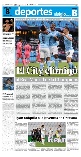 B9@elsiglocomve elsiglocomve @elsiglocomv
deporteselsiglo.com.ve
8DE AGOSTO DE 2020
SÁBADO cuerpo
B
EFE
El portugués Cristiano
Ronaldo cayó eliminado este
viernes con el Juventus Turín
en los octavos de final de la
Liga de Campeones contra
el Lyon, algo que no ocurría
desde 2010, cuando el luso
vestía la camiseta del Real
Madrid y se rindió precisa-
mente contra el mismo con-
junto francés.
El doblete firmado por
Cristiano, primero de penalti
y luego con un zurdazo desde
los 25 metros, dio un triunfo
2-1 al Juventus, pero el Lyon,
que había ganado 1-0 la ida
en Francia, avanzó a los cuar-
tos de final gracias a su gol
marcado fuera de casa.
Hacía diez años que Cris-
tiano, cinco veces campeón
de Europa en su carrera, una
con el Manchester United y
cuatro con el Real Madrid,
VaraneautodestruyóalosdeZidanecondoserroresgarrafales
ElCityeliminó
alRealMadriddelaChampionsEFE
Imperdonables, flagrantes y sen-
tenciadores. Dos errores de un titu-
beante Raphael Varane condenaron
al Real Madrid (2-1), que terminó de
entregar la eliminatoria ante un Man-
chester City que por fin consigue su
gran triunfo europeo (4-2 en el glo-
bal).
Los de Pep Guardiola desangraron
a un temeroso Real Madrid que llegó
a estar a un gol de la prórroga con el
1-1, pero que se marchó a casa por
los errores en defensa de un errático
Varane, quien echó de menos tener a
Sergio Ramos a su lado.
Los nervios, siempre cruciales
en estos cruces y en otras ocasiones
verdugos del City, traicionaron al
Madrid, que pecó en eso en lo que
Rodrigo les ponía como favoritos, en
experiencia y mentalidad. A los nueve
minutos, la presión alta de Guardiola
dio sus frutos y Varane se hizo un lío.
Gabriel Jesús le Robó la cartera y asis-
tió a placer a Sterling, que solo tuvo
que empujarla.
Las dudas atenazaban a un Madrid
que recibía los gritos desde la grada
de un enchufadísimo Sergio Ramos.
El escenario se ponía perfecto para la
posesión infernal del City, pero el Ma-
drid supo responder.
Tiró de la garra de antaño y se in-
trodujo en las pocas rendijas que de-
jan abiertas los de Guardiola. La tuvo
primero Benzema en una ocasión cla-
rísima, solo delante de Ederson, pero
en la que tiró al muñeco.
La segunda del francés ya no se
perdonó. Rodrygo dejó clavado a
Joao Cancelo y puso un centro me-
dido desde la línea de fondo para
que lo picase a las redes Benzema.
El Madrid se siguió acercando,
pero el verdadero peligro lo llevó a
la meta de Courtois el City, sobre
todo con los disparos de Sterling y
Cancelo. El belga estuvo resolutivo
y evitó un descalabro antes del des-
canso.
A la vuelta de vestuarios, el City
salió convencido de ir a buscar al
Madrid. Comandados por un genial
De Bruyne que se consolida como
el mejor mediapunta de Europa, los
Sky Blues comenzaron a cimentar el
segundo.
La rozó Sterling, quien tras un pase
magistral del belga, rompiendo dos lí-
neas, se encontró en el mano a mano
con la yema de los dedos de Courtois.
El City estaba mucho mejor, pero no
mataba, lo que ya le había echado de esta
competición en el pasado. Su capacidad
para dominar se quedaba muy por enci-
ma de sus habilidades para competir y
el Madrid, con muy poco, siempre daba
sensación de peligro. Benzema atisbó la
machada, pero con dos disparos lejanos
no superó a Ederson.
Más clara la tuvo Gabriel Jesús, a
quien solo delante de Courtois se le
hizo de noche; y se encontró con otra
manopla salvadora del belga.
Al City le faltaba una chispa arriba
y Varane se la volvió a regalar. En un
balón largo cómodo para el francés,
intentó cedérsela a Courtois, pero se
quedó corto. Gabriel Jesús se anticipó
y superó al belga, implosionando al
Madrid.
Un mazazo, porque los blancos se
acababan de pegar el tiro en el pie que
daba alas al aspirante. La suerte que
hace falta para ganar la Champions
esta vez se alineó con el que no vestía
el escudo del Real Madrid.
El City dio el puñetazo en la mesa
que tanto llevaban esperando los de
Guardiola. Su gran noche en Europa
ante un Real Madrid que confirma el
cambio de guardia en el ‘Viejo Con-
tinente’.
Serán los ‘Sky Blues’ los que mar-
chen a los cuartos de final de Lisboa.
Los de Zidane se van de vacaciones.
1 - Manchester City: Ederson; Cancelo,
Fernandinho, Laporte, Walker; Rodrigo
(Otamendi, m.89), Gündogan, Foden
(B.Silva, m.67), De Bruyne; Sterling
(D.Silva, m.81) y Gabriel Jesús.
2 - Real Madrid: Courtois; Mendy, Militao,
Varane, Carvajal (L.Vázquez, m.83); Kroos,
Casemiro, Modric (Valverde, m.83);
Hazard (Jovic, m.83), Benzema y Rodrygo
(Asensio, m.61).
Goles: 1-0. Sterling, m.9, 1-1. Benzema,
m.28 y 1-2. G.Jesús, m.68.
Árbitro: Félix Brych amonestó a Modric
(m.81) por parte de los visitantes.
Incidencias: Partido correspondiente
a la vuelta de octavos de final de la Liga
de Campeones disputado en el Etihad
Stadium de Mánchester a puerta cerrada.
Ficha técnica:
Gabriel Jesús
celebra el gol
con sus
compañeros
Lyon aniquila a la Juventus de Cristiano
no se despedía tan pronto del
torneo continental.
El último verdugo del por-
tugués en “Champions” fue
precisamente el Lyon, que
eliminó al Real Madrid al
empatar 1-1 la ida en Francia
y al imponerse por 1-0 en el
Bernabéu con un gol del bos-
nio Pjanic, actual compañero
de CR7 en el Juventus.
Era el Real Madrid del
técnico chileno Manuel Pe-
llegrini, que ese año también
perdió en los dieciseisavos de
final de la Copa del Rey con-
tra el Alcorcón.
De allí, Cristiano conquis-
tó cuatro Copas de Europa,
en 2014, 2016, 2017 y 2018
con el Real Madrid. Se paró
cuatro veces en semifinal, en
2011, 2012, 2013 y 2015, y fue
eliminado el curso pasado en
los cuartos de final, cuando
ya jugaba en el Juventus, con-
tra el Ajax.
La temporada de Cristia-
no termina de esta manera
con el título de campeón de
la Serie A, en la que marcó 31
goles. Este curso su Juventus
también perdió la final de la
Copa Italia y la Supercopa
italiana.
Cristiano
Ronaldo marcó
un doblete, pero
no pudo evitar la
eliminación
JorgeLinares
diopositivo
alCovid-19
Pospone pelea con
Javier Fortuna
elsiglo
El múltiple campeón de bo-
xeo, Jorge Linares, no podrá
pelear el próximo 28 de agosto
contra el dominicano, y tam-
bién excampeón mundial Ja-
vier Fortuna, debido a que un
test para detectar el coronavi-
rus dio positivo.
Linares no presenta sín-
tomas de la enfermedad, que
ha causado muertes en todo
el planeta durante este año, y
cambió la actividad deportiva,
y la vida en general, a toda la
humanidad.
Inicialmente el plan era
pelear en el Fantasy Springs
Resort Casino de Indio, Cali-
fornia para el 28 de este mes.
Linares estaba entrenando
en Japón, cuyo gimnasio está
siendo ahora sometido a una
estricta desinfección.
El combate contra Fortuna
era por el “cinturón Diamante”,
a la espera de un gran combate
contra Ryan García, campeón
mundial ligero del Consejo
Mundial de Boxeo.
ElZenitesel
campeóndela
Supercoparusa
elsiglo
El Zenit San Petersburgo se
alzó este viernes con el primer
título de la temporada en Ru-
sia, la Supercopa, al derrotar al
Lokomotiv Moscú (2-1) en el
debut del croata Dejan Lovren
con la camiseta del campeón
ruso.
El Zenit golpeó primero en
un partido disputado en el es-
tadio del CSKA Moscú ante un
25 por ciento de aforo debido a
la pandemia del Covid-19, que
aún sigue registrando varios
miles de contagios diarios en
este país.
Un gran centro desde la
izquierda del brasileño Dou-
glas Santos fue aprovechado al
cuarto de hora por el gigantón
Dzyuba para superar con un
certero cabezazo al borde del
área pequeña a Guilherme.
Tras reanudación, el equipo
de los Ferrocarriles de Rusia
estuvo cerca del empate, pero
Fiódor Smólov, que volvió a
Rusia tras su cesión en el Celta
de Vigo, falló ante Kerzhakov.
No falló en cambio Ozdóev,
que remató magistralmente un
pase de Driussi, balón que gol-
peó el larguero y entró como
una exhalación por la escuadra
de la portería del Lokomotiv.
(min.69)
Corluka dio esperanzas a
los suyos al recortar distan-
cias a la salida de un córner
(min.72), pero Smólov no llegó
por poco a un pase de cabeza
del capitán croata.
De esta forma, el Zenit,
con el exbarcelonista Malcom
como estrella, suma tres títu-
los en apenas un mes, ya que
se proclamó campeón de Liga
a principios de julio y de Copa
hace apenas dos semanas.
Ozdóev celebra su tanto
 