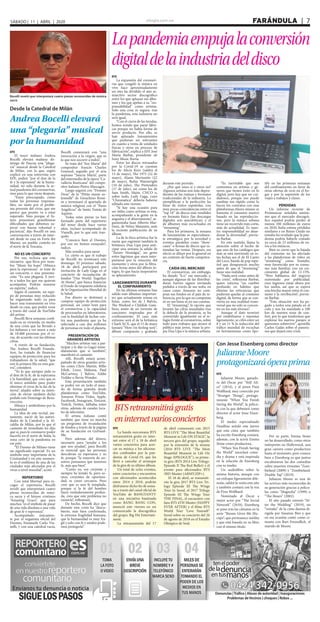 elsiglo.com.ve FARÁNDULA  | 7SÁBADO | 11 | ABRIL | 2020
Lapandemiaempujalaconversión
digitaldelaindustriadeldisco
EFE
La expansión del coronavi-
rus que congeló la música en
vivo hace aproximadamente
un mes ha dividido el aún se-
miactivo sector discográfico
entre los que aplazan sus álbu-
mes y los que apelan a su “res-
ponsabilidad” como artistas.
Solo una cosa es segura: tras
la pandemia, esta industria no
será igual.
“Con el cierre de las tiendas,
hemos tenido que parar fábri-
cas porque no había forma de
servir producto. Por ello, se
han aplazado lanzamientos
que pudieran ser relevantes
en cuanto a venta de unidades
físicas y otros en proceso de
fabricación”, explica a EFE José
María Barbat, presidente de
Sony Music Iberia.
Entre los discos retrasados
por la Covid-19 se cuentan
los de Alicia Keys (saldrá el
15 de mayo), The 1975 (22 de
mayo), Alanis Morissette (22
de mayo), Rufus Wainwright
(10 de julio), The Pretenders
(17 de julio), así como los de
Sam Smith, Haim, CNCO o,
sobre todo, Lady Gaga, cuyo
“Chromatica” debería haberse
editado este viernes.
“Si hay una ocasión para
ser útiles como artistas es esta,
acompañando a la gente en la
angustia y el aburrimiento”, ar-
gumentaba Juan Alberto Mar-
tínez, de Niños Mutantes, ante
la reciente publicación de su
álbum.
La de la ética artística fue la
razón que esgrimió también la
británica Dua Lipa para anti-
cipar una semana la salida de
“Future Nostalgia”, un gesto
entre lágrimas que unos inter-
pretaron por la emoción del
momento y otros por la filtra-
ción horas antes del álbum ín-
tegro, lo que hacía inoperativo
su aplazamiento.
LANZAMIENTOS DURANTE
EL CONFINAMIENTO
En las últimas semanas han
salido más álbumes importan-
tes que actualmente reinan en
listas, como los de J Balvin,
The Weeknd o Childish Gam-
bino, amén de un torrente de
canciones inspiradas por el
confinamiento. El caso más
extremo será el de la británica
Charli XCX, que el 15 de mayo
lanzará “How i’m feeling now”,
álbum compuesto y grabado
durante este periodo.
¿Por qué unos sí y otros no?
Algunos artistas son más depen-
dientes de las rutinas y formatos
tradicionales de la industria. Lo
ejemplifican a la perfección las
listas de éxitos españolas, con
muy pocas coincidencias entre el
“top 10” de discos más vendidos
en formato físico (las descargas
digitales son anecdóticas) y el
de álbumes más escuchados en
“streaming”.
Para los primeros, la semana
de lanzamiento es especialmen-
te estratégica por la novedad y
eventos paralelos como “show-
cases” o firmas de discos que es-
timulan las ventas. Después, ese
efecto se diluye por lo general en
un contexto de fuerte competen-
cia.
CAÍDA DEL MERCADO
El coronavirus, sin embargo,
ha dejado “k.o.” ese mercado y,
aunque algunas de las distribui-
doras fuertes siguen enviando
pedidos a través de sus webs, en
casos como Amazon no com-
pran sus fondos en el país de re-
ferencia, por lo que no computan
ni en sus listas ni en sus cuentas.
El “streaming”, la opción que
levantó las cifras mundiales tras
la debacle de la piratería, se ha
convertido igualmente en el re-
fugio frente al coronavirus, sobre
todo para trabajos que atraen al
público más joven, véase la pro-
pia Dua Lipa o la música urbana.
“Es inevitable que nos
centremos en artistas y gé-
neros que tienen éxito en lo
digital, pero hay que ser cui-
dadosos, porque eso puede
cambiar tan rápido como lo
hacen los contratos con esas
plataformas.Ahora mismo se
fomenta el consumo masivo
basado en las reproduccio-
nes, pero la música urbana
tiene un recorrido más corto,
más de actualidad. Es nues-
tra responsabildad no aban-
donar la diversidad”, previe-
ne Barbat.
En este sentido, llama la
atención sobre el hecho de
que uno de los catálogos que
más se está moviendo en es-
tas fechas sea el de El Canto
del Loco, banda de pop espa-
ñol que desapareció mucho
antes de que el “streaming”
fuese una realidad.
“Nada será como antes de
las crisis”, reflexiona Barbat,
quien vaticina “un cambio
profundo en hábitos que
elimine las reticencias que
pudieran quedar al consumo
digital, de forma que se con-
vierta en una realidad trans-
versal que no solo se concen-
tre en los más jóvenes”.
Aunque el dato terminó
por estabilizarse y repuntar
ligeramente, se cifró entre un
8 y un 11 % la reducción del
tráfico mundial de escuchas
en herramientas como Spo-
tify en las primeras semanas
del confinamiento en favor de
otras ofertas de ocio en el ho-
gar y por la supresión de los
viajes a trabajos y clases.
PÉRDIDAS
Un informe reciente de
Promusicae señalaba asimis-
mo que el mercado discográ-
fico español podría perder al
menos 100 millones de euros
en 2020, Italia estima pérdidas
similares y en Reino Unido un
estudio ha revelado que la pan-
demia podría haberle costado
ya cerca de 23 millones de eu-
ros a los músicos.
Bien es cierto que la bajada
del consumo no ha afectado
a las plataformas de vídeo en
“streaming” como Youtube,
muy favorecido por su consu-
mo más familiar, con un cre-
cimiento global de 12-15%.
“Pero hablamos del negocio
sustentado por publicidad;
esos ingresos están ahora por
los suelos, así que se espera
una brecha mayor entre el con-
sumo y la retribución”, previe-
ne Barbat.
“Esta situación nos ha pe-
gado a todos una patada en el
culo y nos ha mandado a 100
km de nuestra zona de con-
fort, por lo que tendremos que
explorar los nuevos parajes si
queremos sobrevivir”, apostilla
Carlos Galán sobre el panora-
ma que dejará esta crisis
Bocelli reveló que interpretará cuatro piezas reconocidas de música
sacra
Desde la Catedral de Milán
Andrea Bocelli elevará
una “plegaria” musical
por la humanidad
EFE
El tenor italiano Andrea
Bocelli elevará mañana do-
mingo de Pascua una “plega-
ria” musical desde la Catedral
de Milán, con la que, según
explicó en una entrevista con
EFE, pedirá “por el don de la
fe y la esperanza” de la huma-
nidad, no solo durante la ac-
tual pandemia del coronavirus,
sino para lo que viene después.
“Estoy preocupado, como
todas las personas responsa-
bles, no tanto por el proble-
ma presente del virus, que me
parece que pronto va a estar
superado. Sino porque el fu-
turo presentará grandísimas
dificultades que debemos su-
perar con buena voluntad y
paciencia”, dijo Bocelli en una
conversación a través de inter-
net desde su casa en Forte dei
Marmi, un pueblo costeño en
el norte de la Toscana.
NO ES UN CONCIERTO
Por eso, rechaza que esta
iniciativa -que lleva por nom-
bre “Music for hope” (Música
para la esperanza)- se trate de
un concierto o una presenta-
ción: “Es una plegaria. E invi-
to a todos los que me quieran
acompañar. Podrán sumarse
en espíritu”, indicó.
Según el cantante, un equi-
po de personas muy reducido
ha organizado todo ya para
hacer una transmisión en vivo
desde su casa, que podrá verse
a través del canal de YouTube
del artista.
Bocelli lleva semanas confi-
nado en su vivienda, en medio
de una crisis que ha llevado a
los italianos a ver morir a más
de 18.000 personas por el vi-
rus, de acuerdo con las últimas
cifras.
A través de su fundación,
The Andrea Bocelli Founda-
tion, ha tratado de financiar
equipos de protección para los
trabajadores de la salud, “que
son la primera fila en esta gue-
rra”, consideró.
“Yo lo que siempre pido es
el don de la fe, de la esperanza
y la humildad, que creo que es
el único antídoto para poder
eliminar el virus de la faz de la
tierra”, añadió sobre su inten-
ción de elevar también dicho
pedido este Domingo de Resu-
rrección.
Música y simbolismo por la
humanidad
La idea de este recital, jus-
tamente, nació de las autori-
dades de la Catedral y la Al-
caldía de Milán, por lo que el
cantante de inmediato les dijo
que sí, pues le conmueve poder
hacerlo en el norte de Italia, la
zona cero de la pandemia en
ese país.
“El Duomo de Milano tiene
un significado especial. Es un
símbolo muy importante de la
Cristiandad y en este momen-
to es el emblema de una de las
ciudades más afectadas por el
virus a nivel mundial”, acotó.
REPERTORIO
Con total libertad para es-
coger el repertorio, Bocelli
reveló que interpretará cuatro
piezas reconocidas de músi-
ca sacra y el himno cristiano
“Amazing Grace”, que para
muchos “es el símbolo de pasar
de una vida disoluta a una vida
de gran fe y esperanza”.
Acompañado únicamen-
te por el organista oficial del
Duomo, Emanuele Carlo Via-
nelli, y con una catedral vacía,
Bocelli comenzará con “una
invocación a la virgen, que es
la que nos socorre a todos”.
Se trata del “Ave María” del
compositor francés Charles
Gounod, seguido por el aria
soprano “Sancta María”, parte
del intermedio de la ópera “Ca-
valleria Rusticana” del compo-
sitor italiano Pietro Mascagni.
Luego seguirá con “Domini
Deus” de la “Petite messe so-
lennelle” de Gioachino Rossi-
ni y terminará el apartado de
música religiosa con el “Panis
Angelicus” de Santo Tomás de
Aquino.
Todas estas piezas ya han
formado parte del repertorio
del tenor desde hace varios
años, incluso acompañado de
Vianelli, por lo que está tran-
quilo.
“Conozco bien el Duomo,
por eso no hemos ensayado”,
indicó.
Más sonidos para sanar
Lo cierto es que el trabajo
de Bocelli no terminará este
domingo. El próximo sábado,
18 de abril, participará por
invitación de Lady Gaga en el
concierto de recaudación de
fondos “One World: Together
At Home”, que busca financiar
el Fondo de respuesta solidaria
de la Organización Mundial de
la Salud.
Ese dinero se destinará a
comprar equipo de protección
personal, así como tests para
el coronavirus y la capacidad
de procesarlos en laboratorios,
con la finalidad de luchar con-
tra una pandemia que ya ha
infectado a casi dos millones
de personas en todo el planeta.
PRESENTACIÓN DE
GRANDES ARTISTAS
“Muchos artistas van a par-
ticipar y le dije (a Gaga) inme-
diatamente que sí también”,
manifestó el cantante.
Allí, Bocelli estará acom-
pañado de otros grandes artis-
tas como Chris Martin, Billie
Eilish, Lizzo, Maluma, Paul
McCartney, J Balvin, Eddie
Vedder o Stevie Wonder.
Esta presentación también
se podrá ver en todo el mun-
do de forma gratuita desde
plataformas como YouTube,
Amazon Prime Video, Apple,
Facebook, Instagram, Tencent,
Twitch, Twitter, Alibaba, entre
otras, además de canales loca-
les de televisión.
El artista italiano contó
también que tiene en marcha
un programa de recaudación
de fondos a través de la página
de su fundación en GoFund-
Me.
Pero además del dinero,
necesario para “ayudar a los
que nos ayudan”, para Bocelli
es esencial que las personas
descubran su esperanza y su
fe, porque “la mayoría de no-
sotros pensamos que tenemos
fe, más que bien”.
“Como yo, soy creyente y
siempre he tenido fe, pero so-
mos, creyentes de oportuni-
dad, se creen cercanos. Pero
creo que es una fe templada,
porque si la fe del hombre
fuera verdaderamente profun-
da, creo que este problema no
existiría”, reflexionó.
De hecho, Bocelli dice que
durante esta crisis ha “descu-
bierto, más bien confirmado,
la extrema fragilidad humana,
que la humanidad es muy frá-
gil y solo con fe y unidos pode-
mos protegerla”.
BTSretransmitirágratis
eninternetvariosconciertos
EFE
La banda surcoreana BTS
retransmitirá gratis en inter-
net entre el 17 y 18 de abril
varios conciertos para acer-
car su música a los aficiona-
dos confinados por la pan-
demia de Covid-19, que les
llevó a cancelar el arranque
de la gira de su último álbum.
Un total de ocho eventos,
entre conciertos y encuentros
con aficionados acontecidos
entre 2014 y 2018, podrán
disfrutarse dicho fin de sema-
na a través del canal oficial de
YouTube de BANGTANTV
en una iniciativa bautizada
como BANG BANG CON,
anunció este viernes en un
comunicado la discográfica
del grupo, Big Hit Entertain-
ment.
La retransmisión del 17
de abril comenzará con 2015
BTS LIVE “The Most Beautiful
Moment in Life ON STAGE”, la
tercera gira del grupo, seguido
por la extensión de la misma
(2016 BTS LIVE “The Most
Beautiful Moment in Life On
Stage: EPILOGUE”), su prime-
ra gira (BTS 2014 Live Trilogy:
Episode II The Red Bullet) y el
evento para aficionados BTS
3RD Muster (ARMY.ZIP+).
El 18 de abril, se transmiti-
rán la gira 2017 BTS Live Tri-
logy Episode III The Wings
Tour In Seoul, el 2017 Trilogy
Episode III The Wings Tour
THE FINAL, el encuentro con
fans BTS 4TH Muster (HAPPY
EVER AFTER) y el filme BTS
World Tour ‘Love Yourself’
Seoul sobre su concierto del 26
de agosto de 2018 en el Estadio
Olímpico de Seúl.
Con Jesse Eisenberg como director
JulianneMoore
protagonizaráóperaprima
EFE
Julianne Moore, ganado-
ra del Óscar por “Still Ali-
ce” (2014), y el joven Finn
Wolfhard, muy conocido por
“Stranger Things”, protago-
nizarán “When You Finish
Saving the World”, la pelícu-
la con la que debutará como
director el actor Jesse Eisen-
berg.
El medio especializado
Deadline señaló este jueves
que esta cinta que también
ha escrito Eisenberg contará,
además, con la actriz Emma
Stone como productora.
“When You Finish Saving
the World” mezclará come-
dia y drama y está inspirada
en la relación de Eisenberg
con su madre.
Un audiolibro sobre la
misma historia, aunque con
un enfoque ligeramente dife-
rente, saldrá la venta este año
y también contará con la voz
de Finn Wolfhard.
Nominado al Óscar a
mejor actor por “The Social
Network” (2010), Eisenberg
se puso tras las cámaras en la
serie “Bream Gives Me Hic-
cups”, que permanece inédita
y que está basada en su libro
con el mismo título.
Por su parte, Emma Stone
no ha desarrollado, como otros
intérpretes en Hollywood, una
gran carrera como productora
hasta el momento, pero conoce
bien a Eisenberg ya que juntos
encabezaron las dos comedias
sobre muertos vivientes “Zom-
bieland (2009) y “Zombieland:
Double Tap” (2019).
Julianne Moore es una de
las actrices más reconocidas de
su generación gracias a pelícu-
las como “Magnolia” (1999) o
“The Hours” (2002).
El año pasado estrenó “Af-
ter the Wedding” (2019), un
“remake” de la cinta danesa di-
rigida por Susanne Bier y que
en esa ocasión contó como ci-
neasta con Bart Freundlich, el
marido de Moore.
 