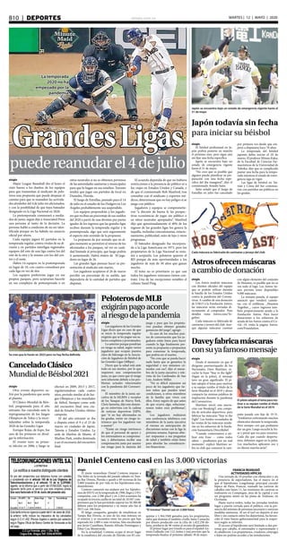 elsiglo.com.veB10  |  DEPORTES MARTES | 12 | MAYO | 2020
elsiglo
El jinete venezolano Daniel Centeno impuso a
The Stifer en la jornada del pasado sábado en Tam-
pa Bay Downs, Florida y quedó a 49 victorias de los
3.000 triunfos de por vida en los hipódromos esta-
dounidenses.
Centeno comenzó sus andares por los hipódro-
mos de EEUU en la temporada de 1996, llegó a 2.951
conquistas, con 2.586 placé y en 2.264 ocasiones ha
ocupado la tercera casilla en un total de 10.047 com-
promisos que le han permitido superar los 50.300.00
dólares para los propietarios y su mejor año fue el
2015 con 186 fotos.
El látigo caraqueño, ganador de estadísticas en
Tampa Bay Downs, es uno de los más exitosos en
el exterior y se encuentra entre los pocos que han
superado los 2.000 o más victorias, lista encabezada
por Javier Castellano, Ramón Alfredo Domínguez y
Eibar Coa Monteverde.
En la actualidad, Centeno ocupa el tercer lugar
de la estadística del circuito de Florida con 83 con-
Daniel Centeno casi en las 3.000 victorias
“El travieso”Daniel casi en 3.000 fotos
quistas y 1.364.356$ ganados para los propietarios,
zafra que domina el también criollo Samy Camacho
por dinero producido con la cifra de 1.622.250 dó-
lares, producto de 96 visitas al recinto de ganadores.
El primer lugar por triunfo es para el español An-
tonio Gallardo con 112, éxitos y está previsto que la
temporada finalice el próximo sábado 30 de mayo.
FRANCIA REANUDÓ
ACTIVIDADES HÍPICAS
Una jornada de 10 pruebas con obstáculos y sin
la presencia de espectadores, fue el marco en el
que el hipódromo Longchamp, principal circuito
hípico de París, Francia, reanudó las carreras de
caballos este lunes 11, las reuniones de carreras se
realizaron en Compiegne, área de la capital y con
un programa mixto en las pistas de Toulouse, en
Occitania.
Hasta nueva orden, todas las jornadas tendrán
lugar a puerta cerrada para el público, con la pre-
sencia del mínimo de personas necesario y estrictas
medidas sanitarias. Al ser el turf un deporte al aire
libre y sin contacto entre los deportistas, ha favore-
cido el visto bueno gubernamental para la reaper-
tura según se informó.
El acceso al hipódromo será limitado a dos per-
sonas por caballo, el entrenador o representante y
el caballerizo. Los propietarios, criadores, cónyuges
e hijos no podrán acceder a las instalaciones.
puedereanudarel4dejulio
GrandesLigas
elsiglo
Major League Basseball dio el lunes el
visto bueno a los dueños de los equipos
para que transmitan al sindicato de pelo-
teros una propuesta que puede despejar el
camino para que se reanuden las activida-
des alrededor del 4 de julio sin aficionados,
y con la posibilidad de que haya bateador
designado en la Liga Nacional en 2020.
La pretemporada comenzará a media-
dos de junio, según dijo a Associated Press
una persona al tanto de la decisión. La
persona habló a condición de no ser iden-
tificada porque no ha habido un anuncio
oficial por ahora.
Cada equipo jugará 82 partidos en la
temporada regular, contra rivales de su di-
visión y en partidos interligas regionales:
equipos del este de una liga contra los del
este de la otra y lo mismo con los del cen-
tro y el oeste.
Habrá 14 equipos en la postemporada
en lugar de 10, con cuatro comodines por
cada liga en vez de dos.
Los equipos preferirían jugar en sus
propios parques, pero aceptarían hacerlo
en sus complejos de pretemporada o en
sitios neutrales si no se obtienen permisos
de las autoridades sanitarias y municipales
para que lo hagan en sus estadios. Toronto
tendrá que jugar sus partidos de local en
Dunedin, Florida.
El Juego de Estrellas, pautado para el 14
de julio en el estadio de los Dodgers en Los
Ángeles probablemente sea suspendido.
Los equipos propondrán a los jugado-
res que reciban un porcentaje de sus sueldos
del 2020 a partir de una división por partes
iguales de los ingresos que las grandes ligas
reciben durante la temporada regular y la
postemporada, algo que será seguramente
el aspecto más resistido de la propuesta.
La propuesta da por sentado que en al-
gún momento se permitirá al retorno de los
aficionados a los parques, tal vez en canti-
dad limitada al principio, que luego podría
ir aumentando. Habrá rósters de 30 juga-
dores en lugar de 26.
Las grandes ligas piensan hacer su pre-
sentación al sindicato este martes.
Los jugadores aceptaron el 26 de marzo
percibir un porcentaje de su sueldo, que
dependería de la cantidad de partidos que
disputan.
El acuerdo dependía de que no hubiera
restricciones a la presencia de público ni a
los viajes en Estados Unidos y Canadá, y
de que el comisionado Rob Manfred, tras
consultar con el sindicato y expertos mé-
dicos, determinase que no hay peligro si se
juega con público.
Jugadores y equipos se comprometie-
ron “a discutir de buena fe las perspec-
tivas económicas de jugar sin público o
en sitios neutrales apropiados”. Manfred
dijo que aproximadamente el 40% de los
ingreso de las grandes ligas los genera la
taquilla, incluidas concesionarias, estacio-
namiento, publicidad, suits de lujo y otros
programas.
El bateador designado fue incorpora-
do a la Liga Americana en 1973, pero los
propietarios de la Liga Nacional se resis-
ten a aceptarlo. Los peloteros quieren el
BD porque da más oportunidades a los
jugadores de más de 30 años que ganan
mucho.
El tema no es prioritario ya que casi
todos los jugadores veteranos tienen con-
trato. Una de las excepciones notables el
cubano Yasiel Puig.
La temporada
2020 no ha
empezado por la
pandemia
elsiglo
El béisbol profesional en Ja-
pón podría ponerse en marcha
el próximo mes, pero sigue aún
sin fijar una fecha específica.
Japón se encuentra bajo un
estado de emergencia vigente
hasta el 31 de mayo.
“No creo que es posible que
alguien pueda planificar su pre-
paración con una fecha espe-
cífica del día inaugural”, dijo el
comisionado Atsushi Saito.
Saito señaló que el Juego de
Estrellas en julio fue cancelado
por primera vez desde que em-
pezó a disputarse hace 70 años.
La temporada del béisbol
japonés debía iniciar el 20 de
marzo. El profesor Mitsuo Kaku,
de la Facultad de Ciencias Far-
macéuticas de la Universidad de
Tohoku, dijo que es complicado
pautar una fecha para la tempo-
rada mientras el estado de emer-
gencia siga en vigor.
Las ligas de béisbol en Tai-
wán y Corea del Sur comenza-
ron con partidos sin públicos en
las gradas.
Japón se encuentra bajo un estado de emergencia vigente hasta el
31 de mayo
Japón todavía sin fecha
para iniciar su béisbol
elsiglo
Otro evento deportivo su-
frió por la pandemia que azota
al planeta.
El Clásico Mundial de Béis-
bol, programada para el año
entrante, fue cancelado ante la
reprogramación de los Juegos
Olímpicos de Tokio y la incer-
tidumbre sobre la temporada
2020 de las Grandes Ligas
Enrique Rojas, de Espn, fue
uno de los primeros en divul-
gar la información.
El evento tuvo su prime-
ra edición en 2006, y luego se
Se cree que lo harán en 2023 pero no hay fecha definida
CanceladoClásico
MundialdeBéisbol2021
efectuó en 2009, 2013 y 2017,
regularizándose cada cuatro
años, período similar al de Jue-
gos Olímpicos y los mundiales
de fútbol, Siempre como sede
del encuentro final una ciu-
dad de Estados Unidos, último
campeón.
El del año entrante se iba
a disputa entre el 9 y el 23 de
marzo en ciudades de Japón,
Taiwán y Estados Unidos. La
sede de Marlins de Miami, el
Marlins Park, estaba destinada
a ser el escenario del encuentro
final.
elsiglo
Los Astros tendrán máscaras
con diseños oficiales del equipo
que se podrán utilizar durante
la batalla de los Estados Unidos
contra la pandemia del Corona-
virus. A cambio de una donación
de US$15 a la Fundación Astros,
las máscaras serán enviadas di-
rectamente al comprador. Para
detalles visita Astros.com/To-
gether.
Cada máscara es fabricada de
camisetas y jerseys del club. Aun-
que algunas máscaras cuentan
con algún elemento del conjunto
de Houston, es posible que no se
vea todo el logo. Los Astros tie-
nen previsto tener disponibles
9,000 máscaras.
La semana pasada, el equipo
anunció que venderá camise-
tas con el emblema _Houston
Together_, cuyos ingresos tam-
bién proporcionarán ayuda a la
Fundación Astros. Para hacer
donaciones a los esfuerzos de
ayuda de los Astros contra el Co-
vid--19, visita la página Astros.
com/Foundation.
Astrosofrecenmáscaras
acambiodedonación
Cada máscara es fabricada de camisetas y jerseys del club
elsiglo
Desde el momento en que el
dirigente puertorriqueño de los
Nacionales, Dave Martínez, es-
cuchó la frase “Stay in the fight”
(Sigan en la pelea), el mensaje
tuvo un gran significado. El pi-
loto adoptó el lema para motivar
a su equipo rumbo al título de la
Serie Mundial en el 2019 y ahora
comparte las mismas palabras de
inspiración durante la pandemia
del Coronavirus.
Martínez inició una asocia-
ción con BreakingT, una compa-
ñía de artículos deportivos, para
fabricar las máscaras “Stay in the
Fight”. Los fondos recaudados de
las ventas de las máscaras ayuda-
rán en los esfuerzos de la funda-
ción humanitaria DirectRelief.
“Cuando comenzamos a uti-
lizar esta frase -- como todos
saben -- pasábamos por un mal
momento”, explicó Martínez so-
bre su club que comenzó la cam-
PeloterosdeMLB
exigiránpagoacorde
alriesgodelapandemia
elsiglo
Los jugadores de las Grandes
Ligas dicen que en caso de que
se inicie la temporada regular
exigirán que se les pague sus sa-
larios completos y prorrateados.
Lo anterior porque pondrían
en riesgo su salud, según varios
jugadores que ocupan puestos
clave de liderazgo en la Asocia-
ción de Jugadores de Béisbol de
las Grandes Ligas (Mlbpa).
Dicen que la salud está ante
todo en sus mentes, por lo que
requieren una compensación
justa, ya que creen que el riesgo
será inherente debido a los pro-
blemas actuales relacionados
con la pandemia del Coronavi-
rus.
El miembro de la junta eje-
cutiva de la MLBPA y receptor
de los Yanquis de Nueva York,
Chris Iannetta, dijo este domin-
go en entrevista con la cadena
de noticias deportivas ESPN,
que “si no hay aficionados en
las gradas, existe un riesgo in-
trínseco que los jugadores van
a asumir”.
“Existe un riesgo intrínseco
de que el personal de apoyo y
los entrenadores se comprome-
tan, y deberíamos recibir una
compensación justa por asumir
ese riesgo para la mejoría del
juego y para que los propieta-
rios puedan obtener grandes
ganancias del juego”, agregó.
Es uno de los muchos pun-
tos de conversación que los ju-
gadores están listos para hacer
cuando la liga finalmente pre-
sente su propuesta o propuestas
para comenzar la temporada,
que podría ser el martes.
“No creo que se pueda hacer
nada hasta que se garantice la
seguridad y nos sintamos có-
modos con eso”, dijo el miem-
bro de la junta ejecutiva y rele-
vista de los Cardenales de San
Luis, Andrew Miller.
“No es difícil separarse un
poco de los jugadores que tie-
nen niños que pueden tener
condiciones, u otros miembros
de la familia que viven con
ellos. Estoy seguro de que antes
de que ocurra algo, soluciona-
remos todos esos problemas”,
dijo.
Los jugadores realizaron
una conferencia telefónica con
miembros de la junta ejecutiva
el viernes en anticipación de
discusiones serias con la liga la
próxima semana. Esperan obte-
ner respuestas a sus preguntas
de salud y también están listos
para abordar las consideracio-
nes financieras.
El piloto adoptó el lema para mo-
tivar a su equipo rumbo al título
de la Serie Mundial en el 2019
Daveyfabricamáscaras
consuyafamosomensaje
paña pasada con foja de 19-31.
“Estábamos enfrentando muchos
obstáculos durante la temporada.
Pero siempre creí que podíamos
dar un giro. Luego escuché la fra-
se y pensé que era para nosotros.
Cada día que cuando desperta-
mos, debemos seguir en la pelea.
Los muchachos aplicaron eso y
no dieron marcha atrás”.
 