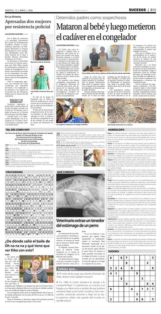 elsiglo.com.ve SUCESOS  | B15MARTES | 12 | MAYO | 2020
SUDOKU
CRUCIGRAMA
HORÓSCOPOTAL DÍA COMO HOY
QUE CURIOSO
Sabías que...
Aries: Te sentirás motivado a esforzarte más para lograr realizar tus
sueños. Tu mente estará muy activa. Mercurio, el planeta de la comu-
nicación, entra hoy en tu casa que rige la personalidad por lo que te
pone en una posición muy favorable para expresar tu punto de vista
a otras personas.
Tauro: Te encuentras a la defensiva ya que piensas que los demás te
atacan al no estar de acuerdo contigo. Di sin miedo alguno lo que
tengas que decir y expresa aquello que te molesta. Lo relacionado con
el mundo espiritual o religioso cobra fuerza para ti con la entrada de
Mercurio en tu casa doce
Géminis: Tus expectativas son altas y lucharás por lograr ver tus sue-
ños hechos realidad. Tus canales de comunicación se activan por lo
que te comunicarás efectivamente. Gente joven ingresa a tu
Cáncer: Mercurio te lleva a hacer planes exitosamente, relacionados
con tu trabajo o profesión. Piensa bien si lo que estás llevando a cabo
es lo que te gusta hacer. Aprovecha la buena influencia de las estrellas
para hablar con tus jefes o superiores y pedir eso que tanto te mereces
por tu buen trabajo.
Leo: Mercurio exalta todo lo relacionado con los viajes y buscarás ex-
pandir tu mundo intelectual por medio de los mismos. Estarás muy
curioso, atrevido y audaz. Gustarás de envolverte en conversaciones
de filosofía. Libros, estudios, educación, todo lo intelectual se enfatiza
para ti.
Virgo: Mercurio exalta lo que tiene que ver con la transformación y el
cambio y pone de manifiesto los aspectos ocultos de tu vida.También
trae todo conflicto interno a la luz para que se disipe. Necesitas buscar
dentro de ti algunas respuestas a eso que te inquieta.
Libra: Se enfatiza favorablemente todo lo que sea unión, compañeris-
mo, amistad. Ahora puedes sentarte a discutir una situación delicada
que necesita ser resuelta. Tu palabra será directa, clara, sincera, pero
sin toques de ofensa. Te cuidarás de no herir los sentimientos de los
demás.
Escorpión: Te inclinas ahora a concentrarte en los detalles, lo que te
llevará a trabajar más en el aspecto mental. Gustarás que todo sea per-
fecto y esto podría llevarte a la extenuación tanto física como mental.
Cuídate de no criticar a otras personas. Muéstrate más cooperador
con todos.
Sagitario: De seguro ahora no darás margen a errores al momento
de comunicarte. Tus ideas o planes podrían no estar muy a tono con
la realidad pero resultarán interesantes a otros. Te inclinarás por la lec-
tura que no solo te servirá de entretenimiento sino que expandirá tus
conocimientos.
Capricornio: Asuntos pasados podrían estar afectando tu momen-
to presente. Es tiempo de prestarle más atención a tu vida familiar y
llevar a cabo planes para mejorar la misma. Necesitas sentarte a es-
cuchar tu voz interior y reflexionar sobre problemas personales que
necesitan de tu pronta intervención.
Acuario: La energía de Mercurio se derrama sobre tu tercera casa, la
de la comunicación. Te envolverás en muchas discusiones de grupo
y conversaciones muy interesantes con amistades o compañeros de
trabajo. Se ampliará tu círculo de amistades.Todo viaje corto está muy
bien.
Piscis: Tu atención se vuelca hacia aquello que valoras. Pondrás todo
plan que tengas en mente en acción. Toda transacción será más ela-
borada con Mercurio en tu casa del dinero. Todo lo relacionado a los
negocios, a lo que pueda de una forma u otra dejarte buenas ganan-
cias económicas, se exalta.
Veterinarioextraeuntenedor
delestómagodeunperro
elsiglo
Un veterinario de una clíni-
ca de animales en Australia ex-
trajo del interior de un golden
retriever un tenedor de metal
que la mascota se había traga-
do por accidente.
El Adelaide Animal Emer-
gency & Referral Center
compartió en su cuenta de
Facebook las imágenes de la
delicada intervención.
Los dueños del perro asegu-
raron que el animal se tragó el
tenedor mientras comía de su
plato.
“Si no me dedicara a esto,
pensaría que alguien había
manipulado la radiografía“,
explicó el veterinario Matt
Woodruff, responsable de la
operación cuando vio las pla-
cas del animal, según informa
el canal 7News. El cubierto se
había quedado incrustado en
el esófago de Dustin, y tras ser
extraído por los especialistas,
el can pudo regresar a su hogar
en compañía de sus amos.
¿De dónde salió el baile de
Oh na na na y qué tiene que
ver Kiko con esto?
elsiglo
Los pasos que
le dieron vida a
este reto viral de
TikTok fueron
creados en 1988
por Carlos Villa-
grán, actor que
durante varios
años encarnó a ese
personaje.
Esa coreogra-
fía fue incluida en
¡Ah, qué Kiko!, el
programa que Villagrán creó después de salir de El Chavo del 8 y
en el que pasó a llamarse Kiko (en vez de Quico), debido a proble-
mas con el fallecido Roberto Gómez Bolaños.
En ese programa, Kiko tenía un amigo llamado Toto al que so-
lía saludar justamente con los pasos del Oh na na na. Un video de
la serie lo prueba.
Hasta el momento, se desconoce quién fue la primera persona
en revivir esa coreografía para hacer el reto viral.
l “El nieto de la mujer que diseñó el búnker de
Hitler diseñó el de Saddam Hussein”.
l “En 1989, la Unión Soviética le otorgó a la
compañía Pepsi 17 submarinos, un crucero, una
fragata y un destructor a cambio de que pudiera
venderse Pepsi en la Unión Soviética. Este inter-
cambio comercial convirtió a Pepsi en la sex-
ta potencia militar más grande del mundo en
aquella época”.
San Pancracio de Roma. Santo Domingo de la Calzada. San Aquiles.
Quedan 233 días para finalizar el año.
Día Internacional de las Enfermeras.
Día Internacional contra la Fibromialgia.
Día del Comunicólogo.
Día Escolar de las Matemáticas.
1820: Nace Florence Nightingale | Enfermera, escritora y estadista britá-
nica.
1865: Se funda Nokia.
1889: en la isla de Puerto Rico, la flota estadounidense mandada por el
almirante Sampson bombardea la ciudad de San Juan.
1912: en España, la revista Blanco y Negro publica la primera fotografía en
color que apareció en la prensa española.
1922: en el marco de la Guerra de Marruecos, las tropas españolas con-
quistan Tazarut.
1937: en Inglaterra es coronado Jorge VI.
1949: en Alemania, la Unión Soviética levanta el bloqueo de Berlín.
1958: El vicepresidente estadounidense Richard Nixon, visita a Venezuela
como parte de una gira por América del Sur.
1966: Última emisión de La Familia Monster..
2002: en Cuba, el ex presidente de Estados Unidos Jimmy Carter visita
durante cinco días a Fidel Castro, siendo el primer presidente estadouni-
dense, dentro o fuera de su mandato, que visita la isla desde la Revolución
cubana (1959).
2013: en la Ciudad del Vaticano, el papa Francisco canoniza a la beata
«Madre Laura» (1874-1949), primera santa colombiana.​
2014: Muere Jacinto Convit | fue un reconocido médico y científico ve-
nezolano, conocido por desarrollar la vacuna contra la lepra. Recibió el
Premio Príncipe de Asturias de Investi-
gación Científica yTécnica de 1987 y fue
nominado al Premio Nobel de Medicina
en 1988. Falleció a los 100 años de edad
en su ciudad natal Caracas. Nació en Ca-
racas, en la populosa parroquia de San
José, el 11 de septiembre de 1913, hijo
de madre venezolana, Flora García Ma-
rrero, y un español de origen barcelo-
nés, de nombre Francisco Convit Marti,
naturalizado venezolano.
Detenidos padres como sospechosos
Mataronalbebéyluegometieron
elcadáverenelcongelador
Chery Alberto Ríos Pérez y Belexis del Mar Morales Alcalá, detenidos
LUISANTONIOQUINTERO | elsiglo
Un hecho que causó in-
dignación y repudio entre la
población, una pareja de es-
posos tras sostener una fuerte
discusión mataron a un bebé
de tres meses y posteriormen-
te simularon un presunto rap-
to para librarse de culpas ante
los cuerpos policiales y quedar
bien parados ante la sociedad.
El abominable acto ocurrió
en Guarenas del estado Miran-
da, según la información re-
velada a los medios de comu-
nicación social a través de las
redes sociales.
De acuerdo a las fuentes
consultadas, funcionarios de
la Delegación Municipal de
Guarenas procesaron una de-
nuncia de un supuesto rapto
del niño. Ante ese hecho los
investigadores activaron los
protocolos de búsqueda y pes-
quisas correspondientes.
Luego de varios días, los
sabuesos se percataron que los
padres entraron en contradic-
ción al aportar información
falsa sobre el supuesto rapto.
Con la ayuda de la comunidad
de Trapichito, se demostró que
no hubo tal delito.
Ante los intensos interroga-
torios, Belexis del Mar Morales
Alcalá, de 33 años de edad,
señalaba que dos hombres ha-
bían sometido a su bebé, pero
no aguantó la presión y termi-
nó confesando su participa-
ción junto a su pareja Chery
Alberto Ríos Pérez, de 49 años
de edad.
Los sospechosos confesa-
ron que los hechos ocurrieron
el día 3 de mayo en medio de
una fuerte discusión y en su
ira arrojaron a la criatura con
toda su fuerza contra el piso,
ocasionándole la muerte por
múltiples fracturas.
Para que el cadáver no se
descompusiera en el transcu-
rrir de las horas, los padres
metieron el cadáver en una
nevera mientras preparaban su
cuartada criminal.
Buscaron cal y en horas
nocturnas trasladaron el cuer-
po hasta una zona montañosa,
donde fue sepultado. Luego se
mostraron como las víctimas
del rapto. Sin embargo, la his-
toria revelada no cuadraba en-
tre los vecinos y ayudaron a los
funcionarios a esclarecer ese
repudiado hecho.
Tras la confesión, los sospe-
chosos condujeron a los fun-
cionarios hasta el sitio donde
se consumó el entierro. Los ho-
micidas, seguidamente fueron
detenidos, ahora tendrán que
rendir cuentas ante la justicia.
Sitio donde enterraron a la criaturaLos expertos realizaron un trabajo científico 
En La Victoria
Apresadas dos mujeres
por resistencia policial
LUIS ANTONIO QUINTERO | elsiglo
Por el delito de resistencia
a la autoridad, funcionarios
del Cuerpo de Investigaciones
Científicas, Penales y Crimi-
nalísticas, adscritos a la Dele-
gación Municipal La Victoria,
aprehendieron a dos ciudada-
nas, identificadas como Ma-
risela Graterol, de 51 años, y
Karelin Mesenia Hernández
Zambrano, de 25 años.
Su detención se materializó
en el sector El Calvario, parro-
quia José Félix Ribas cuando
los funcionarios realizaban un
trabajo de investigación en re-
lación a unos hechos ocurridos
en esa comunidad y las muje-
res se tornaron agresivas y vio-
lentas contra los investigadores
del Cicpc.
Ante su compostura agre-
siva, una comisión del Cicpc
encabezada por femeninas
arrestaron a las implicadas y
las pusieron a las órdenes de
la Fiscalía 8va del Ministerio
Público para la instrucción del
expediente.
BUSCAN A“LAS
MARIMACHAS”
Asimismo capturaron a
Frank Alejo Contreras Ríos, de
66 años de edad, conocido con
el alias de “El Macuto”, por el
delito de hurto en La Victoria
del municipio José Félix Ribas.
Actuaba junto a un delin-
cuente identificado con el re-
moquete de “El Manco Jesús”
y dos mujeres conocidas como
“Las Marimachas”.
Frank Alejo Contreras Ríos, pre-
so
Se trata de un grupo de
hampones que se dedica al
hurto de residencias en varios
sectores de esa jurisdicción, se-
gún la información facilitada a
los periodistas.
Se dijo que los funcionarios
recuperaron parte de los obje-
tos hurtados, un reloj pulsera
valorado en unos 12 millones
de bolívares, propiedad de una
de las víctimas. El caso quedó
en manos del Ministerio Pú-
blico.
Marisela Graterol, detenida
 