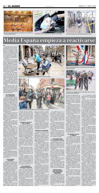 elsiglo.com.veA6  |  EL MUNDO MARTES | 12 | MAYO | 2020
EFE
Mascarillas, geles y guantes
protagonizaron este lunes el re-
greso de las terrazas y la aper-
tura de los comercios en media
España, un “privilegio” tras casi
dos meses de confinamiento del
que sólo goza parte del país, y
con la amenaza de un “impor-
tante repunte” de la pandemia si
no se siguen las recomendacio-
nes sanitarias.
El 51 por ciento de los espa-
ñoles iniciaron ayer la llamada
fase 1, de mayor relajación de las
medidas adoptadas por el Go-
bierno para frenar la expansión
del Coronavirus, con 373 nue-
vos contagios por el Covid-19 en
las últimas 24 horas, el número
diario más bajo desde el pasado
9 de marzo, y con 123 fallecidos,
según las cifras oficiales.
Los datos son “favorables”
y permiten deducir que “esta-
mos en la última fase de trans-
misión”, pero también ante “un
riesgo importante de repunte”,
como los ocurridos en Corea
del Sur y en Alemania, advirtió
el epidemiólogo Fernando Si-
món, portavoz sanitario para la
pandemia, en su habitual rueda
de prensa.
“Tenemos que tener aún
mucho cuidado” porque, “si no
hacemos las cosas bien”, puede
pasar como en esos dos países,
redundó el experto, que incidió
en la necesidad de seguir extre-
mando la precaución.
LOS“PRIVILEGIOS”
DE LA NUEVA FASE
En esta nueva fase 1, aunque
el Gobierno continúa recomen-
dando el teletrabajo siempre que
sea posible, se reanudaron nu-
merosas actividades y servicios,
aunque con condiciones, como
la limitación de la asistencia, el
mantenimiento de la distancia
de seguridad entre personas,
fuertes medidas de higiene, pro-
tección personal y desinfección
frecuente de instalaciones y
puestos laborales.
Reabrieron las terrazas de
bares y restaurantes, tan apre-
ciadas por los españoles, pero
siempre con la mitad del aforo
permitido y un horario reserva-
do a la tercera edad por ser po-
blación de riesgo.
También los comercios de
superficie inferior a 400 metros
cuadrados, que deberán realizar,
como mínimo, dos labores de
desinfección diarias.
Reabren además hoteles y
alojamientos turísticos, aun-
que sin ofrecer comida en el
interior; los espectáculos cul-
turales con aforo limitado y los
gimnasios y centros deportivos
con un entrenador por grupo y
desarrollando ejercicios que no
impliquen contacto físico.
En cuanto a las relaciones
sociales, se permiten reuniones
de hasta 10 personas en espa-
cios públicos y privados con las
adecuadas medidas de distan-
ciamiento social, además de la
reanudación de actividades reli-
giosas, que podrán tener un 30
por ciento de su aforo habitual.
En las provincias de fase 1,
se permiten los desplazamientos
por el territorio.
Pero las grandes áreas metro-
politanas de Madrid, Barcelona
y Valencia, junto con otros terri-
torios, quedaron por ahora fue-
ra y siguen en la fase 0, mucho
más restrictiva.
“TODO EMPIEZA
A MOVERSE”
Después de dos meses en los
que el tiempo se había detenido,
“todo empieza a moverse”, dice a
Efe Mónica, una joven sanitaria
desde Las Palmas de Gran Ca-
naria, capital de una de las islas
españolas que ya disfrutan de la
fase 1 del desconfinamiento.
“Antes salía a la calle y no
veía a nadie, pero hoy las terra-
zas estaban llena. La gente sen-
tada, pero respetando el espacio,
y muchos otros de pie tomán-
dose el cafecito. La actividad
es normal, gente en los bancos,
comercios abiertos, con el aforo
limitado, la gente haciendo cola
para entrar”, explica.
También se han reactivados
otros servicios, como las con-
sultas médicas privadas, inte-
Personas con máscaras esperan la proyección de una película en
un cine de Praga, Chequia Una peluquera lava el cabello de una clienta en Tirana, Albania Un hombre ejercita en el recién abierto gimnasio en Suiza
Media España empieza a reactivarse
Clientes toman sus bebidas en un bar de la plaza de la Font de Tarragona
rrumpidas durante la cuarente-
na, “pero con cita previa y unas
pautas a seguir, como el uso de
calzas en la consulta, gel para
la desinfección de las manos,
guantes y mascarillas”, indica
Mónica que hoy retomó sus vi-
sitas a la dietista.
RETOMAR EL CONTACTO
CON LA FAMILIA
En Logroño, la capital de La
Rioja (norte), la región de Espa-
ña más afectada por la pande-
mia en relación a su población,
Begoña quería aprovechar la
fase 1 para tomar un café con sus
primas, a las que llevaba mucho
tiempo sin ver, pero abandonó
la idea al ver que en varias terra-
zas la gente se juntaba más de lo
debido, sin respetar distancias.
“No es obligatorio llevar
mascarillas, pero si te vas a jun-
tar con otros es mejor llevarlas y
tener cuidado”, afirma a Efe esta
funcionaria, cuya hermana es
enfermera y conoce de primera
mano los riesgos de la pande-
mia.
También residente en Logro-
ño, María aprovechó el inicio
de la fase 1 para recorrer los 25
kilómetros que le separan de su
abuela Gloria, de 89 años, a la
que no veía desde hacía más de
dos meses.
“Hemos mantenido la dis-
tancia de seguridad, y me dio
mucha pena no darle un beso ni
abrazarla, pero creo que era lo
correcto. Hay que protegerla. Al
menos nos hemos podido ver.
Hay que ver lo positivo y estoy
muy contenta”, explica a Efe.
ITALIA PERMITIRÁ
ADELANTAR APERTURAS
El Gobierno italiano per-
mitirá a las regiones adelantar
al 18 de mayo la reapertura de
algunos sectores, como el de la
restauración, mientras se sigue
registrando un menor número
de nuevos contagios de Coro-
navirus, hoy en mínimos desde
hace dos meses.
Las infecciones totales desde
que se detectara el primer caso,
el 21 de febrero, son 219.814, lo
que supone un aumento de 744
en el último día, pero se trata
del nivel más bajo desde el 4 de
Residentes de Saint Mande celebran el fin de la cuarentena en Francia
marzo, de acuerdo a los datos
difundidos por Protección Civil.
Italia ha contabilizado 179
fallecidos con el Coronavirus el
último día, lo que sitúa el balan-
ce provisional en 30.739, pero la
cifra de nuevas defunciones se
mantiene por debajo de las 200
desde el pasado viernes.
De este modo la curva de la
pandemia sigue contrayéndose
en Italia, al tiempo que las regio-
nes meten prisa para acelerar la
desescalada y la reanudación de
sus exhaustas economías.
PRESIÓN DE LAS REGIONES
El primer ministro italiano,
Giuseppe Conte, convocó este
lunes por vía telemática a los
gobernadores y aceptó que sean
ellos quienes decidan las reaper-
turas de los negocios siempre y
cuando sigan un protocolo de
seguridad específico que se pu-
blicará próximamente.
“Se empieza. Desde el 18 de
mayo todos los negocios has-
ta ahora suspendidos podrán
reanudar su actividad en base
a una programación puntual
regional”, declaró al término
del encuentro el presidente de
la Conferencia de las Regiones,
Stefano Bonaccini.
Tras más de dos meses de pa-
rón, Italia está en pleno desblo-
queo desde el 4 de mayo, cuando
reanudaron sus operaciones los
sectores de la construcción y
la manufactura. Es un proceso
lento y que estaba previsto que
siguiera el 18 de mayo con la
reapertura de bibliotecas, mu-
seos y tiendas.
El 1 de junio era el turno de
establecimientos como bares y
restaurantes, abiertos ahora solo
“para llevar”, o peluquerías, pero
tras las numerosas quejas po-
drán recibir clientes en muchas
regiones dos semanas antes, ya
desde el próximo lunes.
Bonaccini explicó que las
reaperturas desde el 18 de mayo
serán “de forma diferenciada”, es
decir, en base a las característi-
cas y exigencias de cada región y
a sus datos epidemiológicos.
Además, el Gobierno podrá
intervenir si los contagios vuel-
ven a subir en una región deter-
minada.
Este adelanto será, eso sí,
con rigurosas medidas de se-
guridad. Ya se da por supuesto
el uso de mascarilla, así como
la separación entre comensales
y la consecuente reducción de
aforo. Ciudades como Roma
darán más espacio público a las
terrazas.
La concesión se produce des-
pués de un auténtico pulso de
las regiones con el Gobierno.
Así, Calabria (sur del país) per-
mitió la reapertura de estableci-
mientos, una decisión anulada
por la Justicia.
En el caso de la provincia au-
tónoma de Alto Adige (norte),
desde hoy están abiertos los res-
taurantes o las peluquerías gra-
cias a una ley local impugnada
por el Ejecutivo de Roma.
LAS ÚLTIMAS CIFRAS
DE LA PANDEMIA EN ITALIA
Actualmente en Italia hay
registradas 82.488 personas en-
fermas de Coronavirus, de las
que más de 13.500 están hospi-
talizadas, y 67.950, la gran ma-
yoría, aisladas en sus casas con
síntomas leves.
Además cae la cifra de pa-
cientes en cuidados intensivos,
hoy por primera vez por debajo
de mil, lo que reduce notable-
mente la presión en los hospi-
tales italianos, muchas veces al
borde del colapso.
De los 219.814 casos totales,
106.587 ya se han curado, un 1,3
% más que el domingo.
La región más afectada sigue
siendo Lombardía (norte), con
81.871 de los casos totales, aun-
que con una tendencia a la baja,
seguida por el Piamonte (no-
roeste), con 28.776 contagiados.
NUEVAS AYUDAS
Y UNA CUESTIONADA
REGULARIZACIÓN
MIGRATORIA
Por otro lado, el Gobierno ul-
tima un nuevo decreto con me-
didas para relanzar la economía
y los sectores más golpeados por
la pandemia y que estará dota-
do de 55.000 millones de euros,
sumándose al paquete de ayudas
de marzo por valor de 25.000
millones.
Este nuevo texto incluirá
Vecinos de Saint Mande sacan sus banderas de Francia para cele-
brar la nueva etapa
Un hombre es arrestado durante una protesta contra las restric-
ciones en Colonia, Alemania
también una regularización mi-
gratoria con la que se pretende
paliar la falta de mano de obra
en el campo por el cierre de
fronteras, reducir la economía
sumergida y seguir la evolución
del virus entre los inmigrantes
irregulares.
La regularización pasaría por
otorgar un permiso de residen-
cia temporal de medio año -re-
novable por otros seis meses- a
unos 600.000 inmigrantes, entre
jornaleros y también empleados
de hogar, que trabajen en los
campos para que puedan acce-
der a un contrato.
Como era de esperar, la ini-
ciativa ha suscitado las críticas
de la ultraderecha de Matteo
Salvini, pero también ha cau-
sado división en la coalición de
Gobierno de Giuseppe Conte.
Mientras los progresistas
Partido Demócrata, Libres e
Iguales e Italia Viva están a favor
de la regularización, el Movi-
miento Cinco Estrellas mantie-
ne reticencias, sobre todo con la
posibilidad de dar inmunidad a
los patronos que antes explota-
ban a los jornaleros.
PUTIN ORDENA VOLVER
AL TRABAJO
El presidente ruso, Vladímir
Putin, ordenó a los rusos que
vuelvan hoy martes al trabajo,
tras seis semanas no laborables,
pese a que Rusia superó hoy en
casos de Covid-19 a Italia y el
Reino Unido.
“Hoy, 11 de mayo, expira
el período de días no labora-
bles para todo el país y toda la
industria nacional. En total,
empezando el 30 de marzo, se
prolongó durante más de seis
semanas”, precisó dirigiéndose
a la nación por televisión.
Putin subrayó que esa “ex-
traordinaria medida” fue crucial
para “ralentizar” el avance de la
pandemia y aumentar “consi-
derablemente” la capacidad del
sistema sanitario para afrontar
un posible “agravamiento de la
situación epidemiológica”.
Además, anunció el levan-
tamiento gradual de las restric-
ciones a los rusos, que fueron
impuestas a finales de marzo
pasado.
“Las medidas adoptadas nos
permiten pasar a la próxima
fase de lucha contra la epide-
mia, el inicio del levantamien-
to gradual de las restricciones”,
dijo.
Putin recordó que Rusia es
un “país grande”, por lo que no
es el Gobierno central quien
dictará una hoja de ruta general,
sino serán las regiones las que
tomen esa decisión teniendo en
cuenta la situación epidemioló-
gica en sus territorios.
“Y si la situación lo exige,
puede ser que incluso haya que
aumentar” las restricciones,
añadió.
Advirtió que la desescalada
debe transcurrir con “precau-
ción” y “paso a paso”, respetando
todos los requisitos sanitarios
que “garantizan la seguridad de
las personas” con el fin de impe-
dir un rebrote de la pandemia.
“La lucha contra la epidemia
no ha concluido”, ya que el ries-
go de contagio aún es latente,
y destacó que seguirán prohi-
biéndose los actos masivos y
se mantendrá el confinamiento
obligatorio para mayores de 65
años y enfermos crónicos.
Putin consideró crucial au-
mentar el número de test hasta
los 300.000 diarios a mediados
de mayo, ya que, adujo, cuanto
“más efectivos” sean los exáme-
nes, “más rápido” el país supera-
rá la epidemia.
A su vez, anunció un nuevo
paquete de ayudas para la po-
blación, que incluye subsidios
para 27 millones de menores
de edad, cuyos progenitores re-
cibirán a partir del 1° de junio
próximo.
Encargó al Gobierno un pro-
grama de recuperación de la
economía y, en particular, del
empleo, ya que admitió que el
paro se había duplicado en el
último mes hasta afectar a 1,4
millones de personas.
Con respecto al desconfi-
namiento, el alcalde de Moscú,
Serguéi Sobianin, ya dejó clara
su postura la pasada semana
al prolongar el confinamiento
para los moscovitas hasta el 31
de mayo, con lo que, si no hay
cambios, los habitantes de la
capital completarán dos meses
encerrados en sus casas.
Según las últimas cifras ofi-
ciales, Moscú sigue siendo el
foco de la pandemia en este
país con 115.909 casos, de ellos
6.169 en las últimas 24 horas.
Por ese motivo, mientras las
principales capitales europeas
iniciaron o están a punto de
embarcarse en una desescala-
da gradual, las autoridades de
Moscú aplazaron esa medida,
aunque ya existe una hoja de
ruta de desconfinamiento ava-
lada por el Gobierno central.
La única excepción son los
obreros de la construcción y los
trabajadores de la industria, que
podrán volver a sus puestos ma-
ñana, martes, aunque siempre
que usen mascarillas y guantes,
y guarden la distancia física en
sus lugares de trabajo.
Rusia superó hoy al Reino
Unido e Italia en número de
contagios por el Covid-19 al al-
canzar los 221.344 casos.
 
