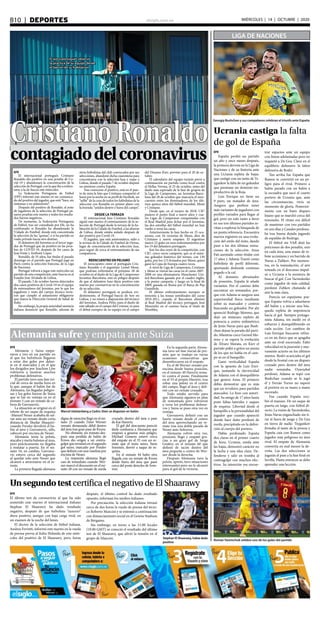 elsiglo.com.veB10  |  DEPORTES MIÉRCOLES | 14 | OCTUBRE | 2020
Cristiano Ronaldo
contagiadodelcoronavirus
El astro portugués observó
la práctica de su equipo desde
el balcón de su habitación
LIGA DE NACIONES
Georgiy Bushchan y sus compañeros celebran el triunfo ante España
Ucrania castiga la falta
de gol de España
EFE
España perdió un partido
un año y once meses después,
la primera derrota en la Liga de
Naciones y de su historia ante
una Ucrania repleta de bajas,
que castigó con un tanto de Ts-
ygankov la falta de un goleador
que premiase un dominio im-
productivo de la Roja.
Luis Enrique no tiene un
9 puro, un matador de área.
Asegura que prefiere tener
más variantes de jugadores con
perfiles variados para llegar al
gol, pero un solo tanto a favor
en sus tres últimos partidos in-
vitan a explorar la búsqueda de
un punta referencia. Encuentra
nuevos registros en una evolu-
ción del estilo del éxito, dando
paso a las dos últimas sensa-
ciones de la selección. Ansu
Fati asentado como titular con
17 años y Adama Traoré como
futbolista de perfil diferente,
aportando desborde continuo
pegado a la cal.
Al dominio abrumador
de posesión, España le añade
variantes. Por el camino debe
encontrar un rematador, por-
que con Adama se asegura una
superioridad física insultante
sobre su marcador y centros
buscando un goleador. Por ahí
apareció Rodrigo Moreno, que
dejó un testarazo repleto de
potencia a centro milimétrico
de Jesús Navas para que Bush-
chan dejase la parada del parti-
do. Mientras crece Gerard Mo-
reno y se espera la evolución
de Álvaro Morata, en Kiev el
partido pidió a gritos un punta
de los que no había en el cam-
po ni en el banquillo.
Ganó verticalidad España
con la apuesta de Luis Enri-
que, juntando la electricidad
de Adama con el desequilibrio
que genera Ansu. El primero
debía demostrar que es más
que un revulsivo para partidos
atascados. Lo hizo con autori-
dad. Su amigo de 17 años hasta
pone faltas laterales y saques
de esquina. Libertad desde el
banquillo a la personalidad del
jugador que cuando apareció
donde hace daño perdonó de
zurda, precipitado en la defini-
ción al cuerpo del portero.
Había perdonado España
dos claras en el primer cuarto
de hora. Ucrania, unida ante
las bajas, demostró carácter en
la lucha y una idea clara. De-
fenderse y salir en tromba al
contragolpe con muchos efec-
tivos. Su intención era encon-
trar espacios ante un equipo
con líneas adelantadas pero no
inquietó a De Gea. Clave en el
equilibrio defensivo la labor
defensiva de Rodri.
Tan arriba fue España que
Ramos se convirtió en un pe-
ligro para el rival. Primero a
balón parado con un balón a
la escuadra que sacó el cuarto
portero de Ucrania que, ante
las circunstancias, vivía su
momento de gloria. Posterior-
mente con un buen disparo
lejano que se marchó cerca del
travesaño. El ritmo era difícil
de mantener con tres partidos
en seis días y Canales perdona-
ba tras buena dejada jugando
de espaldas de Rodrigo.
El fútbol sin VAR dejó las
peticiones de dos penaltis, uno
en cada área, una mano de re-
bote ucraniana y un barrido de
Navas a Zubkov. Por momen-
tos, en la reanudación, el aire
tomado en el descanso impul-
só a Ucrania a la aventura de
buscar el gol. Con Yarmolenko
como jugador de más calidad,
perdonó Zubkov chutando al
aire la más clara.
Parecía un espejismo por-
que España volvía a adueñarse
del balón y a iniciar una bús-
queda repleta de impotencia
hacia el gol. Siempre protago-
nista Adama, sin medir en el
esfuerzo y desequilibrando en
cada acción. Los cambios de
Luis Enrique buscaron refres-
co en un físico que se apagaba
ante un rival encerrado. Faltó
velocidad en la posesión y nue-
vamente acierto en los últimos
metros. Rodri acariciaba el gol
desde la frontal con un disparo
cruzado pero dentro del área
nadie remataba. Oyarzabal
perdonó, Adama se topó con
Bushchan cuando se la jugó
él y Ferrán Torres no superó
al portero en su mano a mano
escorado.
Fue cuando España reci-
bió el mazazo. De un saque de
puerta en largo, con fútbol di-
recto. La visión de Yarmolenko,
Jesús Navas enganchado sin ti-
rar el fuera de juego y De Gea
en tierra de nadie. Tsygankov
firmaba el tanto de la proeza y
España caía con Ramos como
jugador más peligroso en área
rival. El empate de Alemania
convertía en mal menor la de-
rrota. Las dos selecciones se
jugarán el pase a la fase final en
Sevilla. Hasta entonces se debe
aprender una lección.
Roman Yaremchuk celebra uno de los goles del partido
Alemania sufre y empata ante Suiza
Marcel Halstenberg y Cedric Itten se disputan en balón
EFE
Alemania y Suiza empa-
taron a tres en un partido en
el que los helvéticos llegaron
a estar dos goles por delan-
te en el marcador y en el que
los dirigidos por Joachim Löw
volvieron a mostrar muchos
problemas defensivos.
El partido tuvo una fase ini-
cial de cerca de media hora en
la que, aunque el balón fue de
Alemania, las llegadas peligro-
sas y los goles fueron de Suiza
que se fue en ventaja ya en el
minuto 5 con un remate de ca-
beza de Gavranovic.
La situación se originó en el
rebote de un saque de esquina
-Manuel Neuer acababa de sal-
var ante un remate desde corta
distancia de Shedar Shaquiri-
cuando Freuler devolvió el ba-
lón al área y Gavranovic, sólo,
cabeceó por encima de Neuer.
Alemania tenía la pelota,
atacaba y metía balones al área,
pero prácticamente no llegaba
a rematar a puerta. En el mi-
nuto 16, en cambio, Gavrano-
vic estuvo cerca del segundo
al quedar solo ante Neuer que
alcanzó a atravesarse en el re-
mate.
La primera llegada alemana
digna de mención llegó en el mi-
nuto 25 cuando Timo Werner
remató demasiado débil dentro
del área tras gran pase de Kroos.
No obstante, un minuto des-
pués una perdida de balón de
Kroos dio origen a un contra-
golpe que terminó en el segundo
gol suizo, marcado por Freuler
que definió con una vaselina por
encima de Neuer.
La respuesta alemana llegó
casi de inmediato cuando Wer-
ner marcó el descuento en el mi-
nuto 28 con un remate de zurda
cruzado dentro del área a pase
de Kai Havertz.
El gol del descuento pareció
darle confianza a Alemania que
empezó a generar más peligro.
Michael Gossens estuvo cerca
del empate en el 35 con un re-
mate que el meta suizo, Yann
Sommer, desvió a saque de es-
quina.
En el minuto 44 hubo otra
llegada con un remate de Kroos
desde fuera del área que pasó
cerca del poste derecho de Som-
mer.
En la segunda parte Alema-
nia tuvo un fase inicial de pre-
sión que se tradujo en varias
ocasiones consecutivas que
desembocaron en el empate.
En el 48 Werner remató por
encima desde buena posición,
en el minuto 49 Havertz rema-
tó contra el poste. Finalmente
en el 55 el propio Havertz, tras
robar una pelota en el centro
del campo, llegó al área y defi-
nió con un remate cruzado.
Todo estaba servido para
que Alemania siguiera en plan
de remontada pero volvieron
a verse los problemas defensi-
vos y Suiza se puso otra vez en
ventaja.
Gavranovic definió con un
fuerte remate desde el centro
del área aprovechando un re-
mate tras una doble parada de
Neuer ante Seferovic.
Alemania volvió otra vez,
presionó, llegó y empató gra-
cias a un gran gol de Serge
Gnabry en el minuto 60 que
definió de tacón dentro del
área pequeña a centro de Wer-
ner desde la derecha.
Después Alemania tuvo la
pelota, apretó, tuvo situaciones
interesantes pero no le alcanzó
para el gol de la victoria.
UnsegundotestcertificaelnegativodeElShaarawy
Stephan El Shaarawy, había dado
positivo
EFE
El último test de coronavirus al que ha sido
sometido este martes el internacional italiano
Stephan El Shaarawy ha dado resultado
negativo, después de que futbolista “azzurro”
diera positivo, aunque con baja carga viral, en
un examen de la noche del lunes.
El doctor de la selección de fútbol italiana,
Andrea Ferretti, informó este martes en la rueda
de prensa previa al Italia-Holanda de este miér-
coles del positivo de El Shaarawy, pero, horas
después, el último control ha dado resultado
opuesto, informan los medios italianos.
Por precaución, la selección italiana retrasó
cerca de dos horas la rueda de prensa del técni-
co Roberto Mancini y se entrenó a continuación
con distanciamiento social en el Gewiss Stadium
de Bérgamo.
Sin embargo, en torno a las 21.00 locales
(19.00 GMT) se conoció el resultado del último
test de El Shaarawy, que alivió la tensión en el
grupo de Mancini.
EFE
El internacional portugués Cristiano
Ronaldo dio positivo en una prueba de Co-
vid-19 y abandonará la concentración de la
selección de Portugal, con la que iba a enfren-
tarse a la de Suecia este miércoles.
La Federación Portuguesa de Fútbol
(FPF) informó este martes en un comunica-
do del positivo del jugador, que está “bien, sin
síntomas y en aislamiento”.
Después del positivo de Ronaldo, el resto
de jugadores de la selección de Portugal pa-
saron pruebas este martes y todos los resulta-
dos fueron negativos.
De momento, la Federación Portuguesa
de Fútbol, tras ser consultada por Efe, no ha
confirmado si Ronaldo ha abandonado la
‘Cidade do Futebol’, donde está concentrada
la selección de las “quinas”, o si ha partido en
vuelo privado hacia otro destino.
El delantero del Juventus es el tercer juga-
dor de Portugal que da positivo en las prue-
bas de COVID-19, después de los casos de
José Fonte y Anthony Lopes.
Ronaldo, de 35 años, fue titular el pasado
domingo en el partido que Portugal jugó en
París contra la selección francesa, de la Liga
de Naciones.
Portugal volverá a jugar este miércoles un
partido de esta competición, ante Suecia en el
Estadio José Alvalade de Lisboa.
El pasado 3 de octubre fueron detectados
dos casos positivos de Covid-19 en el equipo
de entrenadores del Juventus, por lo que los
jugadores y resto del cuerpo técnico tuvie-
ron que cumplir el aislamiento obligatorio
que marca la Dirección General de Salud de
Italia.
Sin embargo, la propia autoridad sanitaria
italiana denunció que Ronaldo, además de
otros futbolistas del club convocados por sus
selecciones, abandonó dicha cuarentena para
concentrarse con la selección lusa y viajar a
Lisboa, donde el pasado 7 de octubre disputó
un amistoso contra España.
Tras conocerse el positivo, está en el pun-
to de mira la foto que Cristiano compartió el
lunes por la noche en su perfil de Facebok, un
“selfie” de la cena de todos los futbolistas de la
selección con Ronaldo en primer plano con
la leyenda “unidos dentro y fuera del campo”.
DESDE LATERRAZA
El internacional luso Cristiano Ronaldo
siguió este martes el entrenamiento de la se-
lección de Portugal desde la terraza de la ha-
bitación de la Cidade do Futebol, a las afueras
de Lisboa, donde estaba aislado después de
dar positivo por Covid-19.
El jugador, que está asintomático, salió a
la terraza de la Cidade do Futebol de Oeiras,
lugar de concentración de la selección lusa,
para seguir de cerca el entrenamiento de sus
compañeros.
REENCUENTRO EN PELIGRO
El reencuentro entre el portugués Cris-
tiano Ronaldo y el argentino Lionel Messi,
que podrían enfrentarse el próximo 28 de
octubre en el duelo de la Liga de Campeones
Juventus-Barcelona, está en peligro después
de que el delantero luso diera positivo este
martes por coronavirus en la concentración
de su selección.
El delantero portugués se perderá, evi-
dentemente, el Portugal-Suecia de hoy en
Lisboa, y no estará a disposición del técnico
del Juventus, Andrea Pirlo, para el duelo de
este sábado en el campo del Crotone, ni para
el debut europeo de su equipo en el campo
del Dinamo Kiev, previsto para el 20 de oc-
tubre.
El calendario del equipo turinés prevé a
continuación un partido como local contra
el Hellas Verona, el 25 de octubre, antes del
duelo más esperado de la fase de grupos de
la Liga de Campeones, un Juventus-Barce-
lona del 28 de octubre que marcaría el reen-
cuentro entre los dominadores de los últi-
mos quince años del fútbol mundial, Messi
y Cristiano.
Desde que, en el verano de 2018, CR7
pusiera el punto final a nueve años y cua-
tro Ligas de Campeones conquistadas con
el Real Madrid para fichar por el Juventus,
las dos estrellas del fútbol mundial no han
vuelto a verse las caras.
Anteriormente lo han hecho en 35 oca-
siones, con 16 victorias de Messi, diez de
Cristiano y nueve empates. El argentino
marcó 22 goles en esos enfrentamientos por
los 19 del delantero portugués.
Son los dos reyes de la competición, con
CR7, cinco veces campeón, que es el máxi-
mo goleador histórico del torneo, con 130
goles, por los 115 firmados por Messi, quien
ganó la Copa de Europa cuatro veces.
A nivel de Liga de Campeones, Cristiano
y Messi se vieron las caras en el curso 2007-
2008 en una eliminatoria Manchester Uni-
ted-Barcelona ganada por el cuadro inglés,
a la postre campeón, y luego en la final de
2009, ganada en Roma por el Barça de Pep
Guardiola.
El último enfrentamiento europeo se
remonta a las tensas semifinales del curso
2010-2011, cuando el Barcelona eliminó
al Real Madrid del técnico portugués José
Mourinho en el camino hacia el título de
Wembley.
 