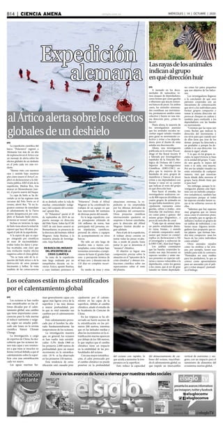 elsiglo.com.veB14  |  CIENCIA AMENA MIÉRCOLES | 14 | OCTUBRE | 2020
EFE
Los océanos se han vuelto
más estratificados en las úl-
timas décadas por el calen-
tamiento global, una cambio
que tiene importantes conse-
cuencias para la vida marina
al reducir nutrientes y oxíge-
no, según un estudio publi-
cado este lunes en la revista
científica Nature Climate
Change.
La investigación, a cargo
de expertos de China, ha des-
cubierto que los océanos tie-
nen más capas y son resisten-
tes a que éstas se mezclen en
forma vertical debido a que el
calentamiento sobre la super-
ficie crea una estratificación
cada vez mayor.
Las aguas marinas for-
alÁrticoalertasobrelosefectos
globalesdeundeshielo
Expedición
EFE
La expedición científica del
barco “Polarstern” regresó a
Alemania tras más de un año
de exploración en el Ártico con
un mensaje de alerta sobre los
efectos globales de un deshielo
en el polo cada vez más evi-
dente.
“Hemos visto con nuestros
ojos y sentido bajo nuestros
pies cómo muere el Ártico”, ex-
plicó en declaraciones a la tele-
visión pública ARD el jefe de la
expedición, Markus Rex, tras
atracar en Bremenhaven (nor-
te), el puerto matriz del buque.
La capa de hielo se ha de-
rretido ya en las regiones más
cercanas del Polo Norte en el
verano, alertó Rex. “Si no lo-
gramos contener de inmediato
el calentamiento de la Tierra
pronto desaparecerá por com-
pleto el llamado hielo eterno,
al menos en verano”, añadió.
Incluso en invierno, la capa
de hielo tiene ahora la mitad de
espesor que hace 40 años, pro-
siguió el jefe de la expedición.
A la espera de que su equi-
po -integrado por científicos
de unas 20 nacionalidades-
evalúe todos los datos y prue-
bas recabadas, está claro que
esta evolución tendrá efectos
negativos sobre el clima global.
“No se trata solo de la si-
tuación del hielo ártico o de la
destrucción de unos paisajes
fascinantes y bellos. Se trata
también de las consecuencias
alemana
de su deshielo sobre la vida de
muchas comunidades indíge-
nas y del conjunto del ecosiste-
ma”, apuntó Rex.
El “Polarstern” partió el 20
de septiembre de 2019 de un
puerto noruego en dirección
del Polo Norte. Sobre las 07.00
GMT de este lunes amarró en
Bremenhaven, en presencia de
la directora del Instituto Alfred
Wegener, Antje Boetius, y la
ministra almeán de Investiga-
ción, Anja Karliczek.
EN BUSCA DEL MOSAICO
DEL EPICENTRO DE LA
CRISIS CLIMÁTICA
Se trata de la expedición
más larga realizada por un
rompehielos durante un in-
vierno Ártico, apuntó Boetius,
a cuyo instituto pertenece el
“Polarstern”. Desde el Alfred
Wegener se ha coordinado los
trabajos de un equipo en que
han intervenido 80 institutos
de diversas partes del mundo.
En la larga expedición, con
un presupuesto estimado de
140 millones de euros, han
participado 442 personas, en-
tre tripulación, científicos,
personal de relevo y equipos
de acompañamiento en otros
barcos.
Ha sido un año largo de
desafíos más o menos con-
templados, como trabajar bajo
tormentas invernales, a tempe-
raturas de hasta 42 grados bajo
cero -y percepción térmica de
65 bajo cero- y durante más de
150 días en completa oscuri-
dad.
En medio de éstas y otras
situaciones extremas, la ex-
pedición se vio sorprendida
por los dilemas derivados de
la pandemia del coronavirus.
Otros proyectos científicos
internacionales quedaron en
suspenso o fueron canceladas,
pero la dirección del Alfred
Wegener Institut decidió se-
guir adelante.
Para el jefe de la expedición,
el trabajo ahora consiste en
juntar todas las piezas recaba-
das, a modo de puzzle, hasta
juntar lo que se denomina el
“mosaico” climático.
El objetivo es lograr una
composición precisa sobre la
situación en el “epicentro de la
crisis climática” y obtener eva-
luaciones científica sobre sus
repercusiones sobre el resto
del planeta.
Lasrayasdelosanimales
indicanalgrupo
enquédirecciónhuir
EFE
A menudo en los docu-
mentales de naturaleza ve-
mos ataques de depredadores,
como leonas que cazan gacelas
o tiburones que atacan inmen-
sos bancos de peces. En ambos
casos, los animales amenaza-
dos coordinan sus movimien-
tos, permanecen unidos como
colectivo y huyen en una mis-
ma dirección pero, ¿cómo lo
hacen?.
Hasta ahora, la mayoría de
los investigadores asumían
que los animales sociales ne-
cesitan seguir señales visuales
para guiar su movimiento co-
lectivo y evitar a los depreda-
dores, pero el diseño de estas
señales era desconocido.
Ahora, una investigación
publicada en la revista Procee-
dings of the Royal Society B
y liderada por investigadores
españoles de la Estación Bio-
lógica de Doñana del Centro
Superior de Investigaciones
Científicas (EBD-CSIC) ex-
plica que la mayoría de las
bandadas de aves, grupos de
mamíferos y bancos de peces
evitan a sus depredadores con
franjas o rayas en su cuerpo
que indican al resto del grupo
en qué dirección huir.
Para hacer el estudio, los
investigadores analizaron cer-
ca de 800 especies divididas en
cuatro grupos de animales en
los que había mamíferos -prin-
cipalmente rumiantes como
gacelas, cebras o jirafas-, aves
limícolas (de marisma), ánsa-
res como patos y gansos -del
mismo grupo filogenético-, y
peces de arrecifes de coral.
“Cada tipo de animal tiene
un patrón señalizador distin-
to: rayas, franjas... y usando
el método comparativo anali-
zamos qué tienen en común”,
explica en declaraciones a Efe
el investigador y exdirector de
la EBD-CSIC, Juan José Negro.
Los análisis constataron
que las bandas corporales la-
terales son más frecuentes en
especies sociales y están me-
nos presentes en especies soli-
tarias o menos vulnerables a la
depredación, como los gansos
o los cisnes, que al ser de gran
tamaño no tienen depredado-
res como los patos pequeños
que son objetivo de los halco-
nes.
Los investigadores llegaron
a la conclusión de que esos
patrones corporales son un
mecanismo de comunicación
que sirve a los individuos para
formar grupos compactos y
tomar la misma dirección sin
provocar choques en cadena y
también para confundir a los
depredadores con las bandas
en movimiento.
“Creemos que las rayas son
como flechas que indican la
dirección del movimiento y
eso sirve para que cuando uno
de ellos tiene que tirar de los
demás -porque ha detectado a
un predador o porque ha de-
cidido ir en una dirección- los
demás le sigan”, añade.
Y es que, en los grupos so-
ciales, la supervivencia se basa
en la unidad del grupo: “Cuan-
do una gacela se separa del
resto o se aísla, está muerta.
Por eso las señales visuales no
están orientadas de cualquier
manera, sino que muestran
hacia dónde debe moverse el
grupo, hacia dónde tiene que
ir para huir”.
Sin embargo, aunque la in-
vestigación plantea esta hipó-
tesis con un método compara-
tivo (estadístico), también hay
excepciones porque ni todas
las especies sociales tienen ra-
yas ni las solitarias carecen de
ellas.
“Sabemos que hay especies
muy gregarias que no tienen
rayas como el estornino pinto,
por ejemplo, que se agrupa en
millares e incluso en grupos de
un millón de individuos, y no
tienen rayas. Algunos investi-
gadores han propuesto que es-
tos pájaros -que forman ban-
dos muy compactos- usan los
haces de luz entre individuos
como señales”.
Otros animales rayados
como las mofetas o las avis-
pas, por ejemplo, tienen esas
señales para todo lo contrario:
“Pretenden ser muy visibles
para los predadores, lo que se
conoce como aposematismo
para ser asociadas con el peli-
gro y evitar ataques”, puntuali-
za el biólogo.
Los océanos están más estratificados
por el calentamiento global
man generalmente capas con
aguas más ligeras cerca de la
superficie y las más densas
a mayor profundidad, por
lo que es vital entender sus
cambios por el calentamiento
global.
Este calentamiento provo-
cado por el hombre ha alte-
rado fundamentalmente las
temperaturas de los océanos.
La investigación muestra
que, en general, los océanos
se han vuelto más estratifi-
cados -5,3%- desde 1960 en
los primeros 2.000 metros de
profundidad, pero un mayor
incremento en la estratifica-
ción -18 %- se ha observado
en los primeros 150 metros.
Esta tendencia de estra-
tificación está causada prin-
cipalmente por el calenta-
miento en las capas de la
superficie, debido al cambio
climático, añade el estudio de
la Academia de Ciencias de
China.
En los trópicos se ha ob-
servado un fuerte ascenso de
la estratificación en los pri-
meros 200 metros, mientras
que en las latitudes medias y
altas los incrementos en la es-
tratificación marina aparecen
por debajo de los 500 metros,
lo que implica que el cambio
climático tiene un impacto
en la estabilidad de las pro-
fundidades del océano.
Con una mayor estratifica-
ción, el calor provocado por
el cambio climático no puede
penetrar en la profundidad
del océano con rapidez, lo
que ayuda a aumentar la tem-
peratura en la superficie.
Esto reduce la capacidad
del almacenamiento de car-
bono del océano, exacerban-
do el calentamiento global, ya
que impide un intercambio
vertical de nutrientes y oxí-
geno, con un impacto para el
suministro de alimentos del
ecosistema marino global.
 