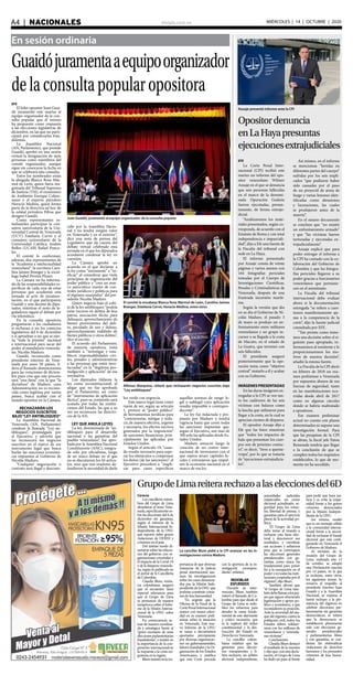 elsiglo.com.veA4  |  NACIONALES MIÉRCOLES | 14 | OCTUBRE | 2020
En sesión ordinaria
Guaidójuramentaaequipoorganizador
delaconsultapopularopositora
Juan Guaidó, juramentó al equipo organizador de la consulta popular
El comité lo encabeza Blanca Rosa Mármol de León, Carolina Jaimes
Branger, Estefanía Cervó, Horacio Medina, entre otros
Alfonso Marquina, reiteró que rechazarán negocios suscritos bajo
“Ley antibloqueo”
EFE
El líder opositor Juan Guai-
dó juramentó este martes al
equipo organizador de la con-
sulta popular que él mismo
ha propuesto como respuesta
a las elecciones legislativas de
diciembre, en las que no parti-
cipará por considerarlas frau-
dulentas.
La Asamblea Nacional
(AN, Parlamento), que preside
Guaidó, aprobó en una sesión
virtual la designación de siete
personas como miembros del
comité organizador, aunque
sigue sin conocerse la fecha en
que se celebrará esta consulta.
Entre los nombrados están
la abogada Blanca Rosa Már-
mol de León, quien fuera ma-
gistrada del Tribunal Supremo
de Justicia (TSJ), el exministro
de Ambiente Enrique Colme-
nares y el experto petrolero
Horacio Medina, quien forma
parte de la directiva ad hoc de
la estatal petrolera Pdvsa que
designó Guaidó.
Como representantes es-
tudiantiles participan la con-
sejera universitaria de la Uni-
versidad Central de Venezuela
(UCV) Estefanía Cervó y el
consejero universitario de la
Universidad Católica Andrés
Bellos (UCAB) Rafael Punce-
les.
El comité lo conforman,
además, dos representantes de
la “Academia e intelectualidad
venezolana”: la escritora Caro-
lina Jaimes Branger y la soció-
loga Isabel Pereira Pizani.
La Cámara no ha informa-
do de las responsabilidades es-
pecíficas de cada una de estas
personas que acudieron esta
jornada al acto de juramen-
tación, en el que participaron
Guaidó y una decena de dipu-
tados, mientras el resto de le-
gisladores siguió el debate por
vía telemática.
En la consulta opositora
preguntarán a los ciudadanos
si rechazan o no los comicios
legislativos del 6 de diciembre
y si aprueban o no que se ejer-
za “toda la presión” nacional
e internacional para sacar del
poder al mandatario venezola-
no, Nicolás Maduro.
Guaidó, reconocido como
presidente interino de Vene-
zuela por unos 50 países, li-
dera el llamado abstencionista
para las votaciones de diciem-
bre pues cree que este proceso
será “una farsa” con la que “la
dictadura” de Maduro, cuya
Administración no es recono-
cida como legítima por varios
países, busca acabar con el
mando opositor en la Cámara.
RECHAZARÁN LOS
NEGOCIOS SUSCRITOS
BAJO“LEY ANTIBLOQUEO”
La Asamblea Nacional de
Venezuela (AN, Parlamento)
condenó la llamada “Ley an-
tibloqueo”, promulgada por
el Ejecutivo, y advirtió que
no reconocerá los negocios
suscritos en el marco de ese
instrumento legal que busca
burlar las sanciones económi-
cas impuestas al Gobierno de
Nicolás Maduro.
“Cualquier negociación o
contrato será ilegal y descono-
cido por la Asamblea Nacio-
nal y no tendrá ningún valor
en Venezuela y en el exterior”,
dice una nota de prensa del
Legislativo que da cuenta del
debate virtual celebrado esta
jornada en el que los diputados
acordaron condenar la ley en
cuestión.
La Cámara aprobó un
acuerdo en el que declaran a
la ley como “inexistente” e “in-
eficaz” al considerar que viola
principios de organización del
poder público y “crea un mar-
co autocrático exento de con-
troles jurídicos y políticos para
el régimen usurpador” del pre-
sidente Nicolás Maduro.
Quien negocie bajo el cobi-
jo de la ley antibloqueo “podría
estar incurso en delitos de lesa
patria, asociación ilícita para
delinquir, aprovechamiento de
bienes provenientes del deli-
to, peculado de uso y doloso,
aprovechamiento indebido de
bienes públicos y otros delitos”,
dice el escrito.
El acuerdo del Parlamento,
de mayoría opositora, insta
también a “investigar y esta-
blecer responsabilidades civi-
les, penales y administrativas
a las personas que estén invo-
lucradas” en la “ilegítima pro-
mulgación y aplicación” de esa
normativa.
Los diputados tildaron la
ley como inconstitucional, al
alegar que no fue aprobada
por el Parlamento, así como
de “instrumento de aplicación
fáctica”, pues su contenido será
acatado por todas las institu-
ciones del Estado, las que a su
vez no reconocen las directri-
ces de la AN.
LEY QUE ANULA LEYES
La ley, denominada de “an-
tibloqueo para el desarrollo
nacional y las garantías del
pueblo venezolano”, fue apro-
bada por la Asamblea Nacional
Constituyente (ANC), integra-
da sólo por oficialistas, luego
de un único debate en el que
no se discutieron los 44 artícu-
los, sino que tres oradores de-
fendieron la necesidad de darle
luz verde con urgencia.
Este marco legal tiene como
razón de ser, según su artículo
1, proveer al “poder público”
de herramientas jurídicas para
“contrarrestar, mitigar y redu-
cir, de manera efectiva, urgente
y necesaria, los efectos nocivos
generados por la imposición”
de sanciones financieras, prin-
cipalmente las aplicadas por
Estados Unidos.
Según el artículo 19, “cuan-
do resulte necesario para supe-
rar los obstáculos o compensar
los daños (de las sanciones)” el
Ejecutivo procederá a “inapli-
car para casos específicos
aquellas normas de rango le-
gal o sublegal cuya aplicación
resulta imposible o contrapro-
ducente”.
La ley fue redactada y pro-
puesta por Maduro y tendrá
vigencia hasta que cesen todas
las sanciones impuestas que,
según el Ejecutivo, son más de
300 solo las aplicadas desde Es-
tados Unidos.
Maduro anunció luego la
creación de un centro inter-
nacional de inversiones con el
que espera atraer capitales lo-
cales y extranjeros que impul-
sen la economía nacional en el
marco de esa ley.
Azuaje presentó informe ante la CPI
Opositordenuncia
enLaHayapresuntas
ejecucionesextrajudiciales
EFE
La Corte Penal Inter-
nacional (CPI) recibió este
martes un informe del opo-
sitor venezolano Wilmer
Azuaje en el que se denuncia
que seis personas fallecidas
en el marco de la denomi-
nada Operación Gedeón
fueron ejecutadas, presun-
tamente, de forma extraju-
dicial.
“Analizaremos los mate-
riales presentados, según co-
rresponda, de acuerdo con el
Estatuto de Roma y con total
independencia e imparciali-
dad”, dijo a Efe una fuente de
la Fiscalía del tribunal con
sede en La Haya.
El informe presentado
por Azuaje consta de veinte
páginas y varios anexos con
164 fotografías periciales
tomadas por el Cuerpo de
Investigaciones Científicas,
Penales y Criminalísticas de
Venezuela, después de una
frustrada incursión maríti-
ma.
Según la versión que dio
en su día el Gobierno de Ni-
colás Maduro, el pasado 3
de mayo se produjo un en-
frentamiento entre militares
venezolanos y un grupo in-
cursor a su llegada a la costa
de Macuto, en el estado de
La Guaira, que terminó con
seis fallecidos.
El presidente aseguró
posteriormente que la ope-
ración tenía como “objetivo
central” matarlo a él y acabar
con su Gobierno.
IMÁGENESPRESENTADAS
En las duras imágenes en-
tregadas a la CPI se ven tan-
to los cadáveres de las seis
víctimas con balazos como
la lancha que utilizaron para
llegar a la costa, en la cual se
aprecian cientos de disparos.
El opositor Azuaje dijo a
Efe que las fotos muestran
que “todos los impactos de
bala que presentan los cuer-
pos son de próximo contac-
to”, es decir, “tiros a quema-
rropa”, por lo que se trataría
de “ejecuciones extrajudicia-
les”.
Así mismo, en el informe
se mencionan “heridas en
diferentes partes del cuerpo”
sufridas por los seis impli-
cados “que pudieron haber
sido causadas por el paso
de un proyectil de arma de
fuego y varias lesiones iden-
tificadas como abrasiones
y laceraciones, las cuales
se produjeron antes de la
muerte”.
En el mismo documento
se concluye que “no existió
un enfrentamiento armado”
y que “las víctimas fueron
torturadas y ejecutadas ex-
trajudicialmente”.
Azuaje explicó que para
poder entregar el informe a
la CPI ha contado con la co-
laboración del Gobierno de
Colombia y que las fotogra-
fías periciales llegaron a su
poder gracias a funcionarios
venezolanos que permane-
cen en el anonimato.
La Fiscalía del tribunal
internacional debe evaluar
ahora si la documentación
entregada “se refiere a cues-
tiones manifiestamente aje-
nas a la competencia de la
corte”, dijo la fuente judicial
consultada por EFE.
“Tan pronto como tome-
mos una decisión sobre el si-
guiente paso apropiado, in-
formaremos al remitente y le
proporcionaremos los mo-
tivos de nuestra decisión”,
añadió la misma fuente.
La Fiscalía de la CPI abrió
en febrero de 2018 un exa-
men preliminar a Venezuela
por supuestos abusos de sus
fuerzas de seguridad, tanto
en las manifestaciones ocu-
rridas desde abril de 2017
como en algunas cárceles
donde se habría maltratado
a opositores.
Ese examen preliminar
actual no cuenta con plazos
determinados ni supone una
investigación formal. Para
que las pesquisas de la CPI
se abran, la fiscal jefe Fatou
Bensouda tendría que llegar
a la conclusión de que se
cumplen todos los requisitos
establecidos, lo que de mo-
mento no ha sucedido.
GrupodeLimareiterarechazoalaseleccionesdel6D
La canciller Blum pidió a la CPI avanzar en las in-
vestigaciones contra Maduro
Caracas
Los cancilleres miem-
bros del Grupo de Lima
abordaron el tema Vene-
zuela,específicamenteso-
bre las elecciones del 6 de
diciembre sin garantías,
según el informe de la
Misión Internacional In-
dependiente de la ONU
que reportó sobre graves
violaciones de DDHH y
crímenes en el país.
Del mismo modo di-
sertaron sobre las relacio-
nes del gobierno con or-
ganizaciones criminales y
el impacto de la Covid-19
y de la diáspora venezola-
na, según lo publicado en
el portal de la Cancillería
de Colombia.
Claudia Blum, minis-
tra colombiana, aseguró
que el encuentro tiene
especial relevancia para
que el Grupo de Lima
se pronuncie de manera
inequívoca sobre el Infor-
me de la Misión Interna-
cional de la ONU sobre
Venezuela.
En consecuencia ac-
tuar de manera coordina-
da y estratégica frente al
“grave escenario de unas
elecciones parlamentarias
fraudulentas”, e insistir en
la importancia de la coo-
peración internacional en
la respuesta a la crisis mi-
gratoria en la región.
Bluminsistióenlaim-
portancia de que diversas
instancias de la justicia
penal internacional asu-
man las investigaciones
sobre los casos denuncia-
dos por la Misión Inde-
pendiente de la ONU que
podrían constituir críme-
nes de lesa humanidad.
“Es urgente que la
Oficina de la Fiscal de la
CortePenalInternacional
avance con mayor celeri-
dad en su examen preli-
minar sobre la situación
en Venezuela. Este nue-
vo Informe de la ONU
se suma a documentos
aportados previamente
por diversas organizacio-
nes no gubernamentales,
líderes mundiales y la Or-
ganización de los Estados
Americanos, y justifica
que esta Corte proceda
con la apertura de la in-
vestigación correspon-
diente”, enfatizó.
REDOBLAR
ESFUERZOS
Durante su inter-
vención, Blum también
reiteró el llamado de Co-
lombia para que desde el
Grupo de Lima se redo-
blen los esfuerzos para
atender la causa funda-
mental de este alarmante
y crítico escenario, que
es la ruptura del orden
constitucional y la des-
trucción del Estado en
Derecho en Venezuela.
La canciller colom-
biana enfatizó que las
garantías para eleccio-
nes transparentes y li-
bres incluyen: un árbitro
electoral independiente,
autoridades judiciales
imparciales, un censo
electoral actualizado, se-
guridad para los votan-
tes, libertad de prensa, y
garantías para el ejercicio
plural de la actividad po-
lítica.
“El Grupo de Lima
debe instar al mundo a
rechazar esta farsa elec-
toral y desconocer sus
resultados, y movilizar
sus acciones y esfuerzos
para que se convoquen
las elecciones generales
presidenciales con ga-
rantías, como única vía
fundamental para poner
fin a la usurpación en el
poder y en todas las insti-
tuciones cooptadas por el
régimen”, dijo Blum.
También afirmó que
“el Grupo de Lima tam-
biéndebellamaralospaí-
sesquesiguenofreciendo
legitimación y apoyo po-
lítico y económico, a que
reconsideren su posición.
Ante la severidad del ata-
que del régimen contra la
población civil, todos los
Estados deben solidari-
zarse con los millones de
venezolanos y venezola-
nas víctimas”.
Conclusiones
Claudia Blum destacó
el resultado de la reunión
y dijo que, con esta decla-
ración, el Grupo de Lima
ha dado un paso al frente
para pedir que haya jus-
ticia y se evite la impu-
nidad frente a los graves
crímenes denunciados
por la Misión Indepen-
diente de la ONU.
Así mismo, resaltó
que es un mensaje sólido
a la comunidad interna-
cional frente a la necesi-
dad de rechazar el fraude
electoral que está confi-
gurando en Venezuela el
Gobierno de Maduro.
Al término de la
reunión del Grupo de
Lima, realizada este 13
de octubre, se adoptó
una Declaración suscrita
por 14 países, en la que
se incluyen, entre otros,
los siguientes temas: Se
renueva el respaldo al
presidente interino Juan
Guaidó y a la Asamblea
Nacional, se expresa el
fuerte rechazo a la per-
sistencia del régimen en
celebrar elecciones par-
lamentarias sin garantías
democráticas, se reitera
que la democracia se
restablecerá plenamente
solo con elecciones ge-
nerales presidenciales
y parlamentarias libres
y con garantías, se con-
denan las sistemáticas
violaciones de derechos
humanos y los presuntos
crímenes de lesa huma-
nidad.
 