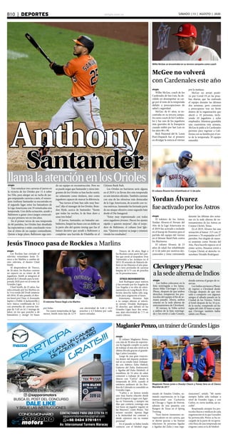 elsiglo.com.veB10  |  DEPORTES SÁBADO | 15 | AGOSTO | 2020
Anthony
SantanderllamalaatenciónenlosOrioleselsiglo
Tras remolcar tres carreras el jueves en
la victoria de los Orioles por 11-4 sobre
los Filis, para alargar así su racha de jue-
gos empujando carreras a siete, el venezo-
lano Anthony Santander se encontraba en
el segundo lugar entre los bateadores de
la Liga Americana con 19 remolcadas esta
temporada. Con dicha actuación, ayudó a
Baltimore a ganar cinco juegos consecuti-
vos por primera vez en tres años.
En el primer tercio de una temporada
de 60 partidos, los Orioles han desafiado
las expectativas y están cosechando victo-
rias al ritmo de un equipo contendiente.
Quizás a largo plazo, Baltimore siga sien-
do un equipo en reconstrucción. Pero no
se puede negar que Santander y otros inte-
grantes de los Orioles se han hecho sentir,
no solamente como titulares, sino como
jugadores capaces de marcar la diferencia.
“Sus turnos al bate han sido muy bue-
nos”, dijo el manager de los Orioles, Bran-
don Hyde, acerca de Santander. “Siento
que todas las noches, le da bien duro a
unas tres bolas”.
El jueves, Santander, un bateador am-
bidiestro, limpió las bases con un doble en
la parte alta del quinto inning que fue el
batazo decisivo que ayudó a Baltimore a
completar una barrida de Filadelfia en el
Citizens Bank Park.
Los Orioles no barrieron serie alguna
en el 2019 y ya llevan dos esta temporada
en seis intentos oficiales. También cuentan
con una de las ofensivas más destacadas
de la Liga Americana, de acuerdo con va-
rias métricas. Santander ha formado parte
de ese ataque ofensivo como segundo bate
desde el Día Inaugural.
“Estoy muy impresionado con todos
estos jugadores jóvenes. Hacen los ajustes
rápido y quieren mejorar”, dijo el torpe-
dero de Baltimore, el cubano José Igle-
sias. “Quieren mejorar su juego y estamos
viendo los resultados”.
elsiglo
Willie McGee, coach de los
Cardenales de San Luis, ha de-
cidido no desempeñar su car-
go por el resto de la temporada
debido a preocupaciones de
salud y seguridad.
McGee, de 61 años, se en-
contraba en su tercera campa-
ña como coach de los Cardena-
les y fue uno de los jugadores
más queridos de la franquicia
cuando militó por San Luis en
los años 80 y 90.
Rick Hummel del St. Louis
Post-Dispatch fue el primero
en divulgar la noticia el viernes
Willie McGee se encontraba en su tercera campaña como coach
McGee no volverá
con Cardenales este año
por la mañana.
McGee no arrojó positi-
vo por Covid-19 en las prue-
bas diarias que ha realizado
el equipo durante las últimas
dos semanas, pero comenzó
a preocuparse tras un brote
dentro de la organización que
afectó a 18 personas, inclu-
yendo 10 jugadores y ocho
empleados. Mientras guardaba
una cuarentena esta semana,
McGee le pidió a lo Cardenales
permiso para regresar a Cali-
fornia con su familia por el res-
to de la temporada. El equipo
entendió.
elsiglo
El toletero de los Astros,
Yordan Álvarez-el Novato del
Año de la Liga Americana en
el 2019-fue activado e incluido
en el lineup de Houston para el
partido del equipo del viernes
en el Minute Maid Park contra
los Marineros.
El cubano Álvarez, de 23
años de edad, fue inhabilitado
el 12 de julio por motivos des-
conocidos y viene entrenando
El cubano Álvarez fue inhabilitado el 12 de julio
Yordan Álvarez
fueactivadoporlosAstros
durante las últimas dos sema-
nas en la sede alterna de en-
trenamientos de los Astros en
Corpus Christi, Texas.
En el 2019, Álvarez fue una
sensación al batear .313 con 27
jonrones y 78 empujadas en 87
partidos. Fue elegido de mane-
ra unánime como Novato del
Año. Para hacerle espacio en el
róster activo, Houston envió a
Corpus Christi al derecho ve-
nezolano Nivaldo Rodríguez.
elsiglo
Los Rockies han enviado al
relevista venezolano Jesús Ti-
noco a los Marlins a cambio de
otro relevista, el diestro Chad
Smith.
Al desprenderse de Tinoco,
de 26 años, los Rockies crearon
un espacio en su róster de 40
jugadores. Smith se integrará al
plantel de Colorado para la tem-
porada 2020 pero no al roster de
Grandes Ligas.
Chad Smith, de 25 años, fue
seleccionado por los Marlins en
la 11ra ronda del Draft amateur
del 2016. El año pasado, el dies-
tro lanzó por Clase-A Avanzada
Jupiter y Doble-A Jacksonville y
tuvo marca combinada de 3-2
con promedio de carreras lim-
pias de 5.45 en 41.1 innings de
labor, en los que ponchó a 46
bateadores y otorgó 24 bases
Jesús Tinoco pasa de Rockies a Marlins
El relevista Tinoco llegó a los Marlins
por bolas.
En cuatro temporadas de liga
menor, Smith tiene foja de 12-9
con efectividad de 4.46 y 10.0
ponches y 4.3 boletos por cada
nueve entradas.
Tinoco, de 26 años, llegó a
los Rockies como parte del cam-
bio que envió al torpedero Troy
Tulowitzki a los Azulejos en el
2015. El oriundo de Maturín de-
butó en las Mayores el año pasa-
do y tuvo promedio de carreras
limpias de 4.75 con 46 ponches
en 24 presentaciones.
OTROS MOVIMIENTOS
José Rodríguez pasó waivers
y fue enviado por los Ángeles de
Los Ángeles a su sitio de entre-
namientos en Long Beach. El re-
levista derecho había sido asig-
nado para asignación el lunes.
Entretanto, Houston bajó
a su campo alterno al relevis-
ta novato Nivaldo Rodríguez.
El derecho, que debutó en las
Grandes Ligas hace dos sema-
nas, dejó efectividad de 7.71 en
cuatro relevos.
elsiglo
El zuliano Maglanier Penzo,
con más de 30 años de experien-
cia, ha logrado cumplir su sueño
de trabajar al más alto nivel en la
última década gracias al grande-
liga Carlos González.
Luego de una gran trayecto-
ria dentro del deporte profesio-
nal en su estado natal, trabajan-
do con Atlético Zulia (fútbol),
Gaiteros del Zulia (baloncesto)
y Águilas del Zulia (béisbol), el
marabino, de 54 años de edad,
comenzó a trabajar de manera
directa con “CarGo” desde la
temporada de 2010, cuando el
entonces jardinero de los Roc-
kies de Colorado se consolidó en
Grandes Ligas.
“Carlos y yo hemos tenido
una muy buena relación desde
que él empezó a jugar con Águi-
las en Venezuela, y siempre me
dijo que contaría conmigo una
vez fuese un jugador regular en
las Mayores”, contó Penzo. “Así
mismo sucedió. Apenas llegó
a la titularidad me contrató y
desde entonces soy su trainer
personal”.
En el pasado ya había tenido
contacto con el béisbol orga-
ClevingeryPlesac
alasedealternadeIndios
elsiglo
Los Indios colocaron en la
lista restringida a los lanza-
dores Mike Clevinger y Zach
Plesac, después de que ambos
derechos rompieran los pro-
tocolos del equipo el fin de se-
mana pasado. Ahora, ambos
estarán en la sede alterna de
entrenamientos de Cleveland.
El viernes, la Tribu activó
a ambos de la lista restringi-
da y los envió a Lake County,
donde entrena el grupo de re-
servas.
Los Indios enviaron a Plesac
de regreso a Cleveland desde
Chicago después de que éste
salió a compartir con algunos
amigos el sábado pasado en la
Ciudad de los Vientos. Volvió
al hotel después de las 10 p.m.
de la noche, rompiendo así las
reglas del club. El lunes se supo
que Clevinger también había
salido con Plesac.
MaglanierPenzo,untrainerdeGrandesLigas
Maglanier Penzo junto a Jhoulys Chacín y Tomás Vera en el Clásico
Mundial de 2017
nizado de Estados Unidos, su-
mando experiencias en la Liga
instruccional con Cachorros
de Chicago y Tigres de Detroit,
además de una pasantía con
Rangers de Texas en el Spring
Training.
“Esos fueron momentos en-
riquecedores en mi carrera, que
se dieron gracias a las buenas
relaciones de personas ligadas
a Águilas del Zulia y esas orga-
nizaciones”, señaló. “Mi sueño
siempre había sido trabajar a
nivel de Grandes Ligas, y con
Carlos, en cierta medida, así su-
cedió”.
Respetando siempre los pro-
tocolos físicos y médicos de cada
organización en la que González
ha pertenecido, Penzo se ha en-
cargado de la parte de recupera-
ción física de una temporada tan
exigente como es la de béisbol.
 