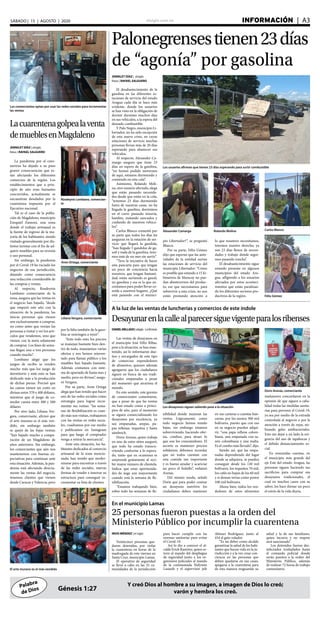 elsiglo.com.ve INFORMACIÓN  | A3SÁBADO | 15 | AGOSTO | 2020
Palabra
de Dios
Y creó Dios al hombre a su imagen, a imagen de Dios lo creó;
varón y hembra los creó.Génesis 1:27
Palonegrensestienen23días
de “agonía” por gasolina
JENNILET DÍAZ | elsiglo
fotos | RAFAEL SALGUERO
El desabastecimiento de la
gasolina en las diferentes es-
taciones de servicio del estado
Aragua cada día se hace más
evidente, donde los usuarios
se han visto en la obligación de
dormir durantes muchos días
en sus vehículos, a la espera del
deseado combustible.
Y Palo Negro, municipio Li-
bertador, no ha sido excepción
de esta nueva crisis, en cuyas
estaciones de servicio muchas
personas llevan más de 20 días
esperando para abastecer sus
vehículos.
Al respecto, Alexander Ca-
margo asegura que tiene 23
días en espera de la gasolina,
“no hemos podido movernos
de aquí, estamos durmiendo y
comiendo en esta cola”.
Asimismo, Rolando Moli-
na, otro usuario afectado, alega
que están pasando necesida-
des desde que están en la cola,
“tenemos 23 días durmiendo
fuera de nuestras casas, no ha
llegado la gasolina, dormimos
en el carro pasando miseria,
hambre, matando zancudos y
cuidando de nuestros vehícu-
los”.
Carlos Blanco comentó por
su parte que todos los días les
aseguran en la estación de ser-
vicio que llegará la gandola;
“han llegado 5 gandolas de ga-
soil y nada de la gasolina, tene-
mos más de un mes sin surtir”.
“Tuve la iniciativa de hacer
esta pancarta para que tengan
un poco de conciencia hacia
nosotros, que tengan humani-
dad, están surtiendo es gasoil,
no gasolina y esa es la que ne-
cesitamos para poder llevar co-
mida a nuestros hogares. ¿Qué
está pasando con el munici-
Los usuarios afirman que tienen 23 días esperando para surtir combustible
Alexander Camargo Rolando Molina Carlos Blanco
Félix Gómez
pio Libertador?”, se preguntó
Blanco.
Por su parte, Félix Gómez
dijo que esperan que las auto-
ridades de la entidad surtan
las estaciones de servicio del
municipio Libertador: “Cómo
es posible que estando a 15 ki-
lómetros de Maracay no pue-
dan abastecernos del produc-
to, ese que necesitamos para
sobrevivir a esta crisis, no nos
están prestando atención a
lo que nosotros necesitamos,
tenemos nuestro derecho, ya
son 23 días llenos de necesi-
dades y trabajo donde segui-
mos pasando roncha”.
El desabastecimiento sigue
estando presente en algunos
municipios del estado Ara-
gua, afligiendo a los usuarios
afectados por estos aconteci-
mientos que están paralizan-
do los diferentes sectores pro-
ductivos de la región.
Los comerciantes optan por usar las redes sociales para incrementar
las ventas
Lacuarentenagolpealaventa
demueblesenMagdaleno
JENNILET DÍAZ | elsiglo
fotos | RAFAEL SALGUERO
La pandemia por el coro-
navirus ha dejado a su paso
graves consecuencias que es-
tán afectando los diferentes
comercios de la región. Los
establecimientos que a prin-
cipio de año eran bastantes
concurridos, actualmente se
encuentran desolados por la
cuarentena impuesta por el
Ejecutivo nacional.
Tal es el caso de la pobla-
ción de Magdaleno, municipio
Ezequiel Zamora, una zona
donde el trabajo artesanal es
la fuente de ingreso de la ma-
yoría de los habitantes; siendo
visitado generalmente por dis-
tintos turistas con el fin de ad-
quirir muebles para su reventa
o uso personal.
Sin embargo, la pandemia
por el Covid-19 ha vaciado los
negocios de esa jurisdicción,
dejando como consecuencia
una reducción considerable de
las compras y ventas.
Al respecto, Rosdeynis
Lombano comerciante de la
zona, asegura que las ventas en
el negocio han bajado, “desde
que empezó este año con la
situación de la pandemia, las
únicas personas que vienen
son exclusivamente a comprar,
no como antes que venían las
personas a visitar y ver los artí-
culos que vendemos, sino que
vienen con la meta solamente
de comprar. Los fines de sema-
nas llegan una o tres personas
cuando mucho”.
Lombano alegó que los
juegos de recibo se venden
mucho más que los juego de
dormitorio y ante esto se han
dedicado más a la producción
de dichas piezas. Precisó que
las camas tienen un costo en
divisas entre 370 y 400 dólares,
mientras que el juego de co-
medor cuesta entre 300 y 500
dólares
Por otro lado, Liliana Ver-
gara, comerciante, afirmó que
el arte murano es el más ven-
dido, sin embargo también
se quejó de las bajas ventas;
“han bajado mucho a compa-
ración de un Magdaleno de
años anteriores. Sin embargo,
los comerciantes que aún nos
mantenemos con buenas ex-
pectativas para continuar ante
esta situación. Además, la pan-
demia está afectando directa-
mente las ventas del negocio,
tenemos clientes que vienen
desde Caracas y Valencia, pero
El arte murano es el más vendido
Rosdeynis Lombano, comercian-
te
Aron Ortega, comerciante
Liliana Vergara, comerciante
por la falta también de la gaso-
lina se restringen a venir”.
“Ante todo esto, los precios
se manejan bastante bien den-
tro de todo, manejamos varias
ofertas y nos hemos reinven-
tado para llamar público y los
muebles han bajado bastante.
Además contamos con siste-
ma de apartado de hasta mes y
medio, pero en divisas”, asegu-
ró Vergara.
Por su parte, Aron Ortega
alega que han tenido que hacer
uso de las redes sociales como
estrategia para lograr incre-
mentar sus ventas: “las sema-
nas de flexibilización es cuan-
do más nos visitan, trabajamos
con las ventas en redes socia-
les, cuadramos por ese medio
y publicamos en Instagram
para que luego el comprador
venga a retirar la mercancía”.
Ante esta situación, los ha-
bitantes dedicados al comercio
artesanal de la zona mencio-
nada; han tenido que moder-
nizarse para encontrar a través
de las redes sociales, nuevas
formas de vender e innovar su
estructura para conseguir in-
crementar su lista de clientes.
A la luz de las ventas de luncherías y comercios de este índole
Desayunarenlacallealparecersiguevigenteparalosribenses
DANIELMELLADO|elsiglo-LaVictoria
Las ventas de desayunos en
el municipio José Félix Ribas,
pese a la situación, se han man-
tenido, así lo informaron due-
ños y encargados de este tipo
de comercios expendedores
de alimentos, quienes además
agregaron que los ciudadanos
siguen en busca de sus tradi-
cionales empanadas a pesar
del momento que atraviesa el
mundo.
En este sentido, este gremio
de comerciantes comentaron,
que a pesar de que las ventas
no han estado como a princi-
pios de año, para el momento
se siguen comercializando los
desayunos por excelencia, ya
sea empanadas, arepas, pa-
pas rellenas, tequeños y hasta
sándwich.
Doris Arenas, quien trabaja
en uno de estos sitios aseguró,
que todo ha estado transcu-
rriendo conforme a lo espera-
do, tanto que en ocasiones se
sorprende gratamente al reci-
bir mayor número de clientela.
Indica, que estas oportunida-
des de auge son mayormente
cuando está la semana de fle-
xibilización.
“Estamos trabajando bien,
sobre todo las semanas de fle-
Los desayunos siguen saliendo pese a la situación
Doris Arenas, comerciante
xibilidad donde mejoran las
ventas. Lógicamente, como
todo negocio hemos tenido
bajas, sin embargo estamos
sobreviviendo, haciendo ofer-
tas, combos, para atraer lo
que son los consumidores. El
secreto es mantener precios
solidarios; debemos recordar
que no todos cuentan con
esta comida tan importante
y es bueno ayudar y acariciar
un poco el bolsillo”, enfatizó
Arenas.
Del mismo modo, señaló
Doris que para poder costear
un desayuno nutritivo los
ciudadanos deben mantener
en sus carteras o cuentas ban-
carias, por los menos 300 mil
bolívares, puesto que con eso
en su negocio pueden adqui-
rir, “una papa rellena colom-
biana, una empanada con sa-
zón colombiana y una malta.
Es el combo más llevado”, dijo.
Siendo así, que las empa-
nadas dependiendo del lugar
donde se adquiera, se pueden
conseguir desde los 120 mil
bolívares, los tequeños 70 mil,
los cafés no bajan de los 60 mil
y si desean tortas como postre
100 mil bolívares.
Ahora bien, todos los ven-
dedores de estos alimentos
mañaneros concordaron en la
opinión de que siguen a caba-
lidad todas las medidas sanita-
rias para prevenir el Covid-19,
ya sea por medio de la entrada
controlada al negocio o por la
atención a través de rejas, uti-
lizando geles antibacteriales.
Esto sin dejar a un lado la exi-
gencia del uso de tapabocas y
el debido distanciamiento so-
cial.
En resumidas cuentas, en
el municipio más grande del
eje Este del estado Aragua, las
personas siguen haciendo sus
sacrificios para comprar sus
desayunos tradicionales, el
cual en muchos casos con su
sabor, los hace drenar un poco
el estrés de la vida diaria.
En el municipio Lamas
25 personas fueron puestas a la orden del
Ministerio Público por incumplir la cuarentena
IRIOS MÉNDEZ | el siglo
Veinticinco personas que-
daron detenidas, por violar
la cuarentena en horas de la
madrugada de este viernes en
Santa Cruz, municipio Lamas.
El operativo de seguridad
se llevó a cabo en las 32 co-
munidades de la jurisdicción
para hacer cumplir con las
normas sanitarias para evitar
el Covid-19.
Así lo dio a conocer el al-
calde Erick Ramírez, quien es-
tuvo al mando del despliegue
de seguridad junto a los or-
ganismos policiales al mando
de la comisionada Nulymin
Lazarde y el supervisor jefe
Abieser Rodríguez, junto al
454 el gato volador.
“Es mi deber como alcalde
garantizar la salud de los habi-
tantes que hacen vida en la ju-
risdicción y a la vez crear con-
ciencia en las personas que
deben quedarse en sus casas,
apegarse a la cuarentena para
de esta manera resguardar su
salud y la de sus familiares,
quien incurra y no respete
será sancionado”.
Los detenidos fueron des-
infectados trasladados hasta
el comando policial donde
serán puestos a la orden del
Ministerio Público, además
de realizar 72 horas de trabajo
comunitario.
 