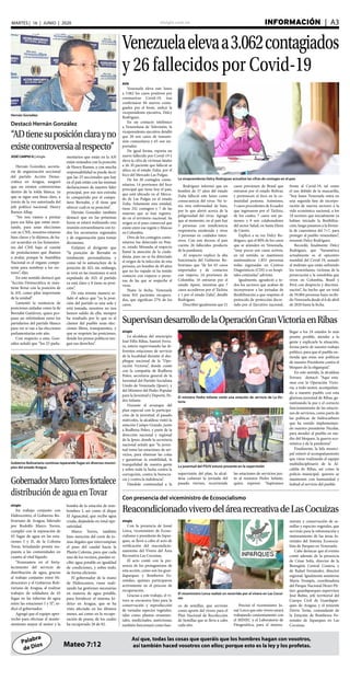 elsiglo.com.ve INFORMACIÓN  | A3MARTES | 16 | JUNIO | 2020
Palabra
de Dios
Así que, todas las cosas que queráis que los hombres hagan con vosotros,
así también haced vosotros con ellos; porque esto es la ley y los profetas.Mateo 7:12
La vicepresidenta Delcy Rodríguez actualizó las cifras de contagio en el país
Venezuelaelevaa3.062contagiados
y 26 fallecidos por Covid-19
AVN
Venezuela eleva este lunes
a 3.062 los casos positivos por
coronavirus Covid-19, tras
confirmarse 84 nuevos conta-
giados por el brote, indicó la
vicepresidenta ejecutiva, Delcy
Rodríguez.
En un contacto telefónico
a Venezolana de Televisión, la
vicepresidenta ejecutiva detalló
que 20 son casos de transmi-
sión comunitaria y 65 son im-
portados.
De igual forma, reporta un
nuevo fallecido por Covid-19 y
eleva la cifra de víctimas fatales
a 26. El paciente que falleció se
ubica en el estado Zulia, por el
foco del Mercado Las Pulgas.
De los 20 contagios comu-
nitarios, 14 provienen del foco
principal que tiene hoy el país,
que está ubicado en el Merca-
do de Las Pulgas en el estado
Zulia. Solamente esta entidad,
tiene 242 contagios y 7 de las
muertes que se han registra-
do en el territorio nacional. Su
origen es el paso comercial que
existe entre esa región y Maicao
en Colombia.
Otro de los contagios comu-
nitarios fue detectado en Peta-
re, estado Miranda; al respecto
llamó la atención de la ciuda-
danía, pues no se ha detectado
el origen de la infección de esta
persona, un hombre de 49 años
que no ha viajado ni ha tenido
contacto con viajeros o perso-
nas de las que se sospeche el
virus.
Hasta la fecha, Venezuela
tiene 835 pacientes recupera-
dos, que significan 27% de los
casos.
Rodríguez informó que un
hombre de 57 años del estado
Zulia falleció este lunes como
consecuencia del virus. No te-
nía otra enfermedad de base,
por lo que alertó acerca de la
peligrosidad del virus. Agregó
que al momento, en el país hay
5 personas con insuficiencia
respiratoria moderada y otras
5 personas en cuidados inten-
sivos. Con este deceso, el país
cuenta 26 fallecidos producto
de la pandemia.
Al respecto explicó la alta
funcionaria del Gobierno Bo-
livariano que “de los 65 casos
importados y de contactos
con viajeros, 24 provienen de
Colombia, 16 entraron por el
estado Apure, mientras que 7
casos accedieron por el Táchira
y 1 por el estado Zulia”, detalló
Rodríguez.
Describió igualmente que 21
casos provienen de Brasil que
entraron por el estado Bolívar,
y pertenecen al foco en la co-
munidad pemona. Asimismo,
3 casos procedentes de Ecuador
que ingresaron por el Táchira,
de los cuales, 7 casos son pe-
mones y 9 son colaboradores
del sector Salud, en Santa Elena
de Uairén.
Explicó a su vez Delcy Ro-
dríguez, que el 80% de los casos
que se atienden en Venezuela,
“muy pocos son casos activos,
en tal sentido, se mantienen
asintomáticos 1.853 personas
todas ingresadas en Centros
Diagnósticos (CDI) o en hospi-
tales centinelas” advirtió.
Igualmente, agradeció a to-
dos los sectores que acaban de
incorporarse a las jornadas de
flexibilización a que respeten el
protocolo de protección decre-
tado por el Ejecutivo nacional,
frente al Covid-19, tal como
el uso debido de la mascarilla,
“hoy lunes Venezuela entra en
una segunda fase de incorpo-
ración de nuevos sectores a la
vida económica nacional, a los
10 sectores que inicialmente ya
habían iniciado la flexibiliza-
ción, luego pasamos a la fórmu-
la de cuarentena del 7+7, para
proteger al pueblo venezolano”,
resumió Delcy Rodríguez.
Recordó, finalmente Delcy
Rodríguez, que “Suramérica
actualmente es el epicentro
mundial del Covid 19, aunado
al maltrato que están sufriendo
los venezolanos, víctimas de la
persecución y la xenofobia que
viven en Colombia, Brasil y
Perú con desprecio y discrimi-
nación”, ha hecho que un total
de 59.004 personas haya recibi-
do Venezuela desde el 6 de abril
de 2020 hasta la fecha.
Hernán González
Destacó Hernán González
“ADtienesuposiciónclarayno
existecontroversiaalrespecto”
JOSÉ CARPIO G | elsiglo
Hernán González, secreta-
rio de organización seccional
del partido Acción Demo-
crática en Aragua, aseguró
que no existen controversias
dentro de la tolda blanca, ya
que se sigue una línea clara, a
través de la voz autorizada del
jefe político nacional, Henry
Ramos Allup.
“No nos vamos a prestar
para esa falsa que están mon-
tando, para unas elecciones
con su CNE, nosotros estamos
bien claros y lo dijimos, de ha-
cer acuerdos en los liniamien-
tos del CNE bajo el comité
de postulaciones que íbamos
a avalar, porque la Asamblea
Nacional es el órgano compe-
tente para nombrar a los rec-
tores”, dijo.
En este sentido destacó que
“Acción Democrática se man-
tiene firme con la posición de
la AN, como pilar importante
de la unidad”.
Lamentó la existencia de
posiciones aisladas como la de
Bernabé Gutiérrez, quien pro-
puso un referéndum entre los
partidarios del partido blanco
para ver si van a las elecciones
parlamentarias este año.
Con respecto a esto, Gon-
zález señaló que “los 25 parla-
mentarios que están en la AN
están resteados con la posición
de Henry Ramos, y con mucha
responsabilidad se puede decir
que las 25 seccionales que hay
en el país están con las mismas
declaraciones de nuestro líder
principal, por eso nos extraña
lo compartido por el compa-
ñero Bernabé, y él tiene que
ofrecer cuál es su posición”.
Hernán González también
destacó que en las próximas
horas se estará realizando una
reunión extraordinaria con to-
dos los secretarios regionales
y de organización para tomar
decisiones.
Enfatizó el dirigente que
“la posición de Bernabé es
totalmente personalísima y
como tal lo autoexcluye de la
posición de AD, sin embargo,
se verá en las reuniones si será
expulsado de AD; el partido
ya está claro y 8 tiene su posi-
ción”.
De esta misma manera se-
ñaló el adeco que “ya la posi-
ción del partido es una sola y
está tomada, nosotros no nos
hemos salido de ella, siempre
ha resaltado por lo que es el
clamor del pueblo unas elec-
ciones libres, transparentes, y
que se respeten las posiciones,
donde los presos políticos ten-
gan sus derechos”.
SupervisandesarrollodelaOperaciónGranVictoriaenRibas
elsiglo
La alcaldesa del municipio
José Félix Ribas, Sumiré Ferra-
ra, estuvo supervisando las di-
ferentes estaciones de servicio
de la localidad durante el des-
pliegue nacional de la “Ope-
ración Victoria”, donde contó
con la compañía de Rodbexa
Poleo, secretaria general de la
Juventud del Partido Socialista
Unido de Venezuela (Jpsuv), y
del Ministro del Poder Popular
para la Juventud y Deporte, Pe-
dro Infante.
Durante el arranque del
plan especial con la participa-
ción de la juventud, el pasado
miércoles, la alcaldesa visitó la
estación Campo Grande, junto
a Rodbexa Poleo, y parte de la
dirección nacional y regional
de la Jpsuv, donde la secretaria
nacional señaló que “la juven-
tud toma las estaciones de ser-
vicios, para eliminar las colas
y garantizar la estabilidad, la
tranquilidad de nuestra gente
y sobre todo la lucha contra la
corrupción, contra la burocra-
cia y contra la indolencia”.
Dándole continuidad a la
El ministro Pedro Infante visitó una estación de servicio de La Vic-
toria
La juventud del PSUV estuvo presente en la supervisión
supervisión del plan, la alcal-
desa culminó la jornada del
pasado viernes, recorriendo
las estaciones de servicios jun-
to al ministro Pedro Infante,
quien expresó: “Aspiramos
llegar a los 24 estados lo más
pronto posible, atender a la
gente y explicarle la situación,
forma parte de nuestro trabajo
político, para que el pueblo en-
tienda que estas son políticas
de nuestro Presidente contra el
bloqueo de la oligarquía”.
En este sentido, la alcaldesa
Ferrara destacó: “Aquí esta-
mos con la Operación Victo-
ria, a todo motor, acompañan-
do a nuestro pueblo con esta
gloriosa juventud de Ribas, ga-
rantizando la paz y el correcto
funcionamiento de las estacio-
nes de servicios, como parte de
las políticas de hidrocarburo
que ha venido implementan-
do nuestro presidente Nicolás,
para atender al pueblo en me-
dio del bloqueo, la guerra eco-
nómica y de la pandemia”.
Finalmente, la Jefa munici-
pal reiteró el acompañamiento
que viene realizando el equipo
multidisciplinario de la Al-
caldía de Ribas, así como la
policía municipal, quienes se
mantienen con humanidad y
lealtad al servicio del pueblo
Gobierno Bolivariano continúa reparando fugas en diversos munici-
pios del estado Aragua
GobernadorMarcoTorresfortalece
distribución de agua en Tovar
elsiglo
En trabajo conjunto con
Hidrocentro, el Gobierno Bo-
livariano de Aragua, liderado
por Rodolfo Marco Torres,
cumplió con la reparación de
45 fugas de agua en las esta-
ciones I y II, de la Colonia
Tovar, brindando pronta res-
puesta a las comunidades en
cuanto al vital líquido.
“Avanzamos en el forta-
lecimiento del servicio de
distribución de agua, gracias
al trabajo conjunto entre Hi-
drocentro y el Gobierno Boli-
variano de Aragua, al realizar
trabajos de soldadura de 45
fugas en las tuberías de agua
entre las estaciones I y II”, in-
dicó el gobernador.
Agregó que el equipo apro-
vechó para efectuar el mante-
nimiento mayor al motor y la
bomba de la estación de rem-
bombeo I, así como el dique
El Aguacatal, que recibe agua
cruda, dejándolo en total ope-
ratividad.
Marco Torres, también
hizo mención del corte de to-
mas ilegales que interrumpían
el paso del caudal hacia la
Planta Colonia, para que cada
uno de los vecinos, puedan re-
cibir agua potable en igualdad
de condiciones, y sobre todo,
de forma eficiente.
El gobernador de la mano
de Hidrocentro, viene reali-
zando las gestiones necesarias
en materia de agua potable,
para fortalecer el sistema hí-
drico en Aragua, que se ha
visto afectado en los últimos
meses, así como en la recupe-
ración de pozos, de los cuales
ha recuperado 28 de 82.
Con presencia del viceministro de Ecosocialismo
ReacondicionadoviverodelárearecreativadeLasCocuizas
El viceministro Lorca realizó un recorrido por el vivero en Las Cocui-
zas
elsiglo
Con la presencia de Josué
Lorca, viceministro de Ecoso-
cialismo y presidente de Inpar-
ques, se llevó a cabo el acto de
verificación del reacondicio-
namiento del Vivero del Área
Recreativa Las Cocuizas.
El acto contó con la pre-
sencia de los protagonistas de
esta acción, como son los guar-
daparques y Bomberos Fo-
restales, quienes participaron
activamente en el proceso de
recuperación.
Gracias a este trabajo, el vi-
vero se encuentra listo para la
conservación y reproducción
de variadas especies vegetales,
tales como plantas ornamen-
tales, medicinales, autóctonas;
también funcionará como ban-
co de semillas, que servirán
como aporte del vivero para el
Plan Nacional de Recolección
de Semillas que se lleva a cabo
cada año.
Precisó el viceministro Jo-
sué Lorca que este vivero estará
trabajando conjuntamente con
el MINEC y el Laboratorio de
Fitogenética, para el mejora-
miento y conservación de se-
millas y especies vegetales, que
servirán para la reforestación y
mejoramiento de las áreas fo-
restales del Sistema Ecosocia-
lista de Parques en Venezuela.
Cabe destacar que el evento
contó además de la presencia
de César Solís, director de la
Bioregión Central Costera, y
de Rafael Fernández, director
regional. Igualmente asistieron
María Trompiz, coordinadora
del Parque Nacional Henri Pit-
tier; guardaparques supervisor
José Rubio, jefe territorial del
Cuerpo Civil de Guardapar-
ques de Aragua; y el teniente
Deivis Terán, comandante de
la Estación de Bomberos Fo-
restales de Inparques en Las
Cocuizas.
 