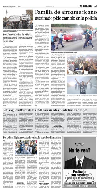 elsiglo.com.ve EL MUNDO  | A7MARTES | 16 | JUNIO | 2020
Familia de afroamericano
asesinadopidecambioenlapolicía
EFE
La familia de Rayshard
Brooks, el hombre de raza
negra que murió el viernes a
manos de la policía en Atlanta
(Georgia, EEUU), exigió este
lunes un cambio en las fuerzas
de seguridad para acabar con
la violencia policial contra los
afroamericanos.
“No solo estamos heridos,
estamos enfadados”, dijo la so-
brina de Brooks, en una rueda
de prensa en la que intervinie-
ron varios familiares del falle-
cido.
“¿Cuándo va a parar esto?
No estamos pidiendo justicia,
estamos pidiendo un cambio”,
exigió la joven.
“No solo pido que Atlanta
esté con nosotros -dijo la sobri-
na-, pido a toda la nación que
esté con nosotros”.
El abogado de los parien-
tes, Chris Steward, matizó que
lo que la familia exige “no son
solo cambios de leyes y políti-
cas, sino un cambio mental en
la policía, que es lo que está fal-
tando”.
En ese sentido, el letrado
calificó de “temeraria” la de-
cisión de los agentes de abrir
fuego contra Brooks en un
aparcamiento que estaba lleno
de gente y subrayó que algunas
balas perdidas alcanzaron un
vehículo con una familia den-
tro, sin que se registraran más
víctimas.
La prima de Brooks dijo por
su parte que la única manera
de obtener justicia será con
condenas a los culpables del
asesinato de Brooks, aunque
matizó: “La justicia verdadera
nunca prevalecerá porque nun-
ca podremos traer a la vida a
Rayshard Brooks”.
En una emotiva rueda de
prensa, Steward recordó, ade-
más, que la muerte de Brooks
coincidió con el octavo cum-
pleaños de su hija, que lo espe-
raba el sábado para celebrarlo
y que estuvo presente durante
la comparecencia ante los me-
dios.
Policías lanzan gas pimienta a los manifestantes en Atlanta
Manifestantes toman una estación de servicio durante la protesta
Una mujer le da la espalda a los policías durante un intento de tomar
una autopista
De hecho, la viuda del falle-
cido, Tomika Miller, también
intervino con sus tres hijas
para agradecer el apoyo recibi-
do e instar a los manifestantes
que han salido a las calles para
rechazar la violencia policial
contra los afroamericanos a
que lo hagan pacíficamente.
Decenas de personas pro-
testaron este domingo en At-
lanta para exigir justicia por
el homicidio de Brooks por
disparos de un policía blanco,
mientras que la fiscalía local ta-
chó lo sucedido de “irracional”
y evaluaba presentar cargos
contra el agente.
Atlanta se convirtió este fin
de semana en un nuevo foco
de las protestas contra la bruta-
lidad policial y el racismo que
sacuden EEUU desde hace 20
días, a raíz del caso de Brooks,
de 27 años, que murió la noche
del viernes por disparos de un
policía tras resistirse a ser dete-
nido por conducir ebrio.
El suceso, captado en tres
videos distintos, provocó este
sábado la dimisión de la jefa
de Policía de esa ciudad sure-
ña, Erika Shields; y el despido
del agente blanco que disparó
a Brooks, identificado como
Garrett Rolfe, así como una
baja administrativa para el po-
licía que le acompañaba, Devin
Bronsan.
La muerte de Brooks se pro-
duce después de que el pasado
25 de mayo otro afroameri-
cano, George Floyd, perdiera
la vida a manos de un policía
blanco en Mineápolis, lo que
desencadenó una ola de protes-
tas en distintas partes del país.
Cientos de policías protestan este lunes, por una de las principales
avenidas en Ciudad de México
Policías de Ciudad de México
protestanantela“criminalización”
de su labor
EFE
Varios centenares de policías
de Ciudad de México protesta-
ron este lunes en el Zócalo capi-
talino para pedir que no se les
criminalice ante los últimos ca-
sos de violencia policial y para
reclamar mejores condiciones
laborales.
“(El Gobierno) está crimi-
nalizando la labor de la Policía.
Por una parte permites destro-
zos y saqueos de grupos anar-
quistas, pero por otra parte se
está criminalizando” nuestras
acciones, denunció a Efe el pre-
sidente del Movimiento Nacio-
nal por la Seguridad y en Pro de
la Justicia, Ramón Bernal.
Hace unos días, en una pro-
testa violenta en la capital por la
muerte del joven Giovanni Ló-
pez bajo custodia policial en el
occidental estado de Jalisco, se
hizo viral un caso de violencia
de varios agentes que golpearon
a Melanie, una adolescente de
15 años.
La jefa de Gobierno de
Ciudad de México, Claudia
Sheinbaum, denunció median-
te un video en su cuenta de
Twitter un “abuso policial” que
era “inaceptable”, tras lo que dos
agentes han sido vinculados a
proceso e ingresados a un cen-
tro penitenciario.
Bernal reconoció que “en
un momento hubo un abuso
policial” en esa marcha, con el
episodio de Melanie, pero de-
fendió que sus dos compañeros
“fueron procesados injusta-
mente”.
En la manifestación de este
lunes, que llegó a la puerta del
Palacio Nacional, se podían
leer carteles como “Libertad a
nuestros compañeros” y “De-
rechos humanos: no defiendas
a delincuentes”.
“Necesitamos recuperar la
confianza de la ciudadanía,
pero el mismo Gobierno no
nos apoya. No hay respaldo
institucional del Gobierno ni
de las propias instancias poli-
ciales. Nos han abandonado,
nos han dejado sin capacita-
ción y sin protocolos de actua-
ción. Eso es lo que ha provoca-
do un enfrentamiento con la
ciudadanía”, lamentó.
Lasemanapasada,otroado-
lescente de 16 años, Alexander,
fue asesinado presuntamente
por un policía municipal en
un pueblo del sureño estado de
Oaxaca.
El representante policial
reivindicó la necesidad “de un
sueldo y horarios dignos” y se
quejó del adeudo de “un pago
retroactivo de un aumento sa-
larial que únicamente se pagó a
un sector de la Policía”.
En la capital mexicana hay
alrededor de 83.000 policías,
además de los efectivos de la
Guardia Nacional federal.
Bernal destacó a los cuerpos
de “policía de investigación,
la policía auxiliar y la policía
preventiva” como los más mal-
tratados, aunque aseguró que
“todos los policías de Ciudad
de México son vulnerados”.
Periodistafilipinadeclaradaculpableporciberdifamación
La periodista Maria Ressa sale del juzgado
EFE
La reconocida pe-
riodista filipina Maria
Ressa fue este lunes
declarada culpable en
un dudoso caso de di-
famación cibernética
y podría enfrentarse a
una pena de entre seis
meses y seis años de
prisión.
Ressa, nombrada
persona del año por la
revista Time en 2018,
dirige desde 2012 el
portal Rappler, me-
dio que ha destapado
varios escándalos que
atañen al presidente
Rodrigo Duterte y fue
pionero en denunciar
los abusos de su polé-
mica guerra contra las
drogas.
La directora ha
sido condenada junto
al periodista Reynaldo
Santos por un artículo
que Rappler publicó
en mayo de 2012 en el
que se relacionaba al
empresario Wilfredo
Keng, el demandante,
con el tráfico de dro-
gas.
Los dos periodis-
tas, que aún no entra-
rán en la cárcel porque
el caso es recurrible,
han sido condenados
además a pagar una
indemnización de
400.000 pesos (unos
7.950 dólares/7.000
euros) al empresario.
Éste no es el único
proceso judicial contra
la laureada periodista,
que tiene pendientes
otros nueve casos rela-
cionados con evasión
de impuestos y con la
violación de las leyes
filipinas de propiedad
de los medios, que no
permiten el capital ex-
tranjero.
SILENCIAR LA
PRENSA LIBRE
Ressa ha insistido
en repetidas ocasio-
nes en que todos los
cargos contra ella son
“fabricados” en un
intento de silenciar la
prensa libre y acallar a
los críticos de Duterte,
quien no ha oculta-
do su animadversión
hacia Rappler, medio
al que ha acusado de
estar financiado por la
CIA estadounidense,
además de tratar de
revocar su licencia y
negar el acceso al pa-
lacio presidencial a sus
reporteros.
El caso de ciberdi-
famación se remota a
febrero de 2019, cuan-
do el Departamento
de Justicia presentó
cargos contra Ressa y
Reynaldo Santos, au-
tor del reportaje, así
como contra Rappler
como corporación, al
aceptar una demanda
interpuesta por Keng
en octubre de 2017,
cinco años después de
la publicación del artí-
culo.
Keng alegó que
el reportaje es difa-
matorio porque se le
vincula con el tráfico
de drogas, aunque esa
afirmación se basa en
un informe de inteli-
gencia que una fuente
filtró a Santos, perio-
dista de investigación
que ya no trabaja en el
medio.
El reportaje se cen-
traba en el entonces
presidente del Tribu-
nal Supremo, Renato
Corona, que se encon-
traba en un juicio para
su destitución tras co-
nocerse que había re-
cibido regalos y usado
para desplazamientos
por trabajo vehículos
de lujo propiedad de
grandes empresarios,
como Keng.
IRREGULARIDADES
EN LA DEMANDA
Además de cues-
tionar la base de la
difamación, la defen-
sa de Ressa y varios
expertos legales han
puesto el foco en otras
irregularidades que
presenta este caso,
principalmente la
prescripción del de-
lito.
El otro aspecto
cuestionable es que
la Ley de Delitos Ci-
bernéticos en la que
la acusación se apoya
se aprobó en octubre
de 2012, cinco meses
después de la publi-
cación del artículo,
por lo que se está apli-
cando con carácter
retroactivo, algo que
no se puede hacer en
el caso de ofensas cri-
minales.
En base a esto, la
División de Delitos
Cibernéticos de la
Oficina Nacional de
Investigación desesti-
mó el caso en febrero
de 2018, pero el De-
partamento de Justi-
cia lo reabrió sobre la
base de la “republica-
ción”, ya que en 2014
el medio actualizó el
artículo para corregir
un error tipográfico.
200 exguerrilleros de las FARC asesinados desde firma de la paz
EFE
Un exguerrillero de las
FARC fue asesinado en la
convulsa región colombiana
del Catatumbo, fronteriza
con Venezuela, denunció este
lunes ese partido político se-
gún el cual ya son 200 los an-
tiguos combatientes víctimas
de estos crímenes desde fina-
les de 2016 cuando se firmó
el acuerdo de paz.
La nueva víctima es Mario
Téllez Restrepo, quien esta-
ba trabajando en su parcela
de tierra en el municipio de
Tibú, en el departamento de
Norte de Santander, cuando
fue asesinado a tiros por des-
conocidos, dijo la Fuerza Al-
ternativa Revolucionaria del
Común (FARC).
“El día del padre deja tres
hijos huérfanos”, expresó la
FARC en Twitter al referirse
al hecho de que Téllez fue
asesinado durante esa festi-
vidad que en algunas zonas
de Colombia se celebró este
domingo.
CRÍTICAS AL GOBIERNO
Los representantes de la
FARC manifestaron su recha-
zo a este crimen y criticaron
al Gobierno del presidente
colombiano, Iván Duque, a
quien responsabilizan de no
tomar acciones para evitar
estos asesinatos.
“Con él ya son 200 firman-
tes asesinados, 200 camara-
das que muestran la barbarie
de un Gobierno indolente
ante el dolor. #LaPazNosEs-
taCostandoLaVida”, escribió
en Twitter la senadora Sandra
Ramírez, integrante del Con-
sejo Político Nacional de ese
partido.
Coincidió con ella Sergio
Marín, representante a la Cá-
mara de la FARC por Bogotá,
quien dijo que el Gobierno y
Duque “son los únicos res-
ponsables de esta masacre”.
“Iván Duque esta masacre
debe terminar de inmediato”,
manifestó por su parte el se-
nador Pablo Catatumbo.
ASISTENCIA
INTERNACIONAL
Por esta situación que vi-
ven los exguerrilleros de las
FARC, los líderes del partido
político tuvieron una reunión
virtual el pasado 10 de junio
con la alta comisionada de
la ONU para los Derechos
Humanos, Michelle Bachelet,
a quien pidieron asistencia
internacional para evitar un
“genocidio” de excombatien-
tes.
“Lo que está sucediendo
(...) además de la retórica
estatal que niega la sistema-
ticidad de los asesinatos, es
el exterminio sistemático de
un grupo nacional sin que el
Estado tome medidas. Que-
remos evitar un genocidio,
un exterminio con base en
el discurso del odio”, dijo en
el encuentro el presidente de
la FARC, Rodrigo Londoño,
conocido en su época de gue-
rrillero como “Timochenko”.
Asimismo, la FARC ase-
guró que la violencia no solo
afecta a los excombatientes
sino también a sus familia-
res y puso como ejemplo lo
ocurrido el pasado 7 de junio
cuando desconocidos asesi-
naron en zona rural de Ituan-
go, en Antioquia (noroeste),
a un hombre y dos menores
de edad, uno de ellos hijo de
una desmovilizada.
 