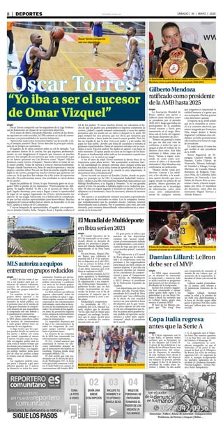 elsiglo.com.ve8  |  DEPORTES SÁBADO | 30 | MAYO | 2020
Óscar Torres compartió
con sus seguidores
Óscar Torres:
“Yo iba a ser el sucesor
de Omar Vizquel”
elsiglo
Óscar Torres compartió con los seguidores de la Liga Profesio-
nal de Baloncesto un repaso de su trayectoria deportiva.
De la mano de María Alexandra Bastidas, a través de las distin-
tas opciones en redes sociales, la LPB continuó su ciclo de conver-
saciones con personalidades de nuestro baloncesto.
“Aprovechar todos estos momentos lindos”, así de sencillo y cla-
ro, el siempre positivo Óscar Torres describe la principal conclu-
sión de su tiempo en cuarentena.
El jugador de 43 años conversó sobre su rol de ejemplo: “Los
que estamos dentro de la cancha, los que jugamos profesional-
mente, no nos imaginamos el impacto que tenemos en muchos
jóvenes. Ser ejemplo de esos jóvenes que están comenzando y que
en un futuro quisieran ser Carl Herrera como “Pepito” (Héctor
Romero), como Greivis (Vásquez). Nuestra labor es tratar de ser
lo mejor posible. Tratar de darnos a conocer internacionalmente.
Porque cuando hacemos eso, llena de mucha esperanza y mucha
alegría a muchos niños. Por eso me llena de mucho orgullo lo que
logré en mi carrera, porque hay muchos jóvenes que quisieran ser
como yo. Yo lo que hice fue trabajar día a día, tratar de superarme
día a día. No conformarme nunca y los resultados se vieron dentro
de la cancha”.
Según las palabras de Torres, lo que Venezuela ganó en un ju-
gador NBA lo perdió en los diamantes: “Prácticamente me obli-
garon. Yo jugaba béisbol. Yo iba a ser el sucesor de Omar Viz-
quel. Jugaba shortstop, pero nunca llegué a tener la oportunidad
de jugar en un equipo organizado. En el liceo, prácticamente me
dijeron: Tú vas a jugar baloncesto. En el baloncesto lo complicado
es que no hay muchas oportunidades para desarrollarse. Muchos
jugadores de Caracas deben buscar afuera su desarrollo. A mí me
tocó”, apunta el nativo de El Cementerio.
Y en esa búsqueda de oportunidades, el jugador con experien-
cia en Estados Unidos, Italia, Turquía, Rusia y España, enaltece el
rol de los padres: “A veces muchos jóvenes no valoramos el he-
cho de que los padres nos acompañen en nuestros comienzos de
carrera. ¿Sabes?, cuando estamos comenzando a veces los padres
pensamos que ‘eso puede ser un ratico y después se le quita’. Mi
papá siempre fue una persona que nos decía que teníamos que
estudiar mucho y hacer todas las cosas lo mejor posible. Para mí,
fue un orgullo lo que le hice vivir a mi padre y a mi madre. Mi
papá era más suelto. Llevaba una bolsa de caramelos y entraba al
gimnasio repartiéndolos. Hasta al camerino entraba con los cara-
melos a veces. Para los padres: No duden en apoyar a sus hijos en
todo momento. El apoyo puede ser clave en los logros de los hijos.
El apoyo es fundamental sobre todo en los momentos cuando uno
se deprime, o te va mal en un juego”.
A sus 43 años de edad, Torres mantiene la forma física de su
trayectoria como atleta activo: “Me acostumbré a entrenar fuer-
te. Mi mentalidad era siempre entrenar duro, porque sentía que
me daba resultado. Era la única forma de aprovechar los años e ir
evolucionando. Ahora para mí la comida es muy importante, el
alimentarse bien es fundamental”.
Torres recordó sus inicios en Estados Unidos, donde no pudo
jugar en principio en la CBA (Continental Basketball Associa-
tion) y debió ir a la IBA (International Basketball Association) con
Billings RimRockers, a su llegada a Houston: “A mí me gustaba
asumir el reto. No pensaba si hablaba inglés o si la ciudad me gus-
taba. Mi idea era seguir jugando y forjando mi futuro. Uno busca
adaptarse en el momento y hacer lo necesario, además de mostrar
el talento”.
“Mi esposa y yo actualmente estamos asociados y aprendiendo
de los negocios de mercadeo en redes. Con la compañia Anway,
que verdaderamente nos ha ayudado mucho. Además, estamos
desarrollando una academia. Por el momento claro está, aún está
detenida, pero estamos desarrollando videoconferencias y entre-
nando en la formación”.
La Asociación Mundial de Boxeo ratificó este jueves a Gilberto Jesús
Mendoza como su presidente por el periodo 2020-2025
GilbertoMendoza
ratificadocomopresidente
delaAMBhasta2025
elsiglo
La Asociación Mundial de
Boxeo ratificó este jueves a
Gilberto Jesús Mendoza como
su presidente por el periodo
2020-2025, luego que todos los
participantes de la asamblea
virtual votaran a favor, para
mantenerlo en el cargo. Men-
doza está al frente del organis-
mo desde diciembre de 2015.
“Reitero mi gratitud a todos
los que me dan este voto de
confianza, a todos los que se
apegan al plan de trabajo de los
últimos cinco años. Aún falta
continuar y faltan cosas por
hacer. Vamos a seguir avan-
zando en cosas como acer-
carnos al atleta y el desarrollo
sistemático”, dijo Mendoza tras
confirmarse su ratificación.
“Hemos hecho cosas pro-
ductivas. Gracias a los médi-
cos, a los oficiales, a la acade-
mia, quiero decirles que van a
seguir siendo los pilares de mi
gestión. Ahora queremos po-
ner esfuerzo en la tecnología
de información, entre otras
cosas, pero independiente-
mente de cualquier sistema
que tengamos es importante la
calidad humana y la gente que
nos acompaña. Muchas gracias
a los directores”, apuntó.
El reporte de la AMB señaló
que en la Asamblea se convo-
có a la comisión electoral, que
estuvo integrada por Francisco
Piña, Jesper Jensen y Renzo
Bagnariol, y al llamar a los can-
didatos, no hubo postulaciones
adicionales para tomar el cargo
de presidente.
En total fueron 10 votos los
que recibió el aún presidente
de la AMB.
Renzo Bagnariol, de Ni-
caragua, Gustavo Padilla, de
Panamá, Carlos Chávez, de
Venezuela, Shivana Inalsingh,
de Trinidad y Tobago, George
Martínez, de Canadá, Maiana
Borissova, de Bulgaria, Fran-
cisco Piña, de Colombia, Julio
Quintero, de Venezuela y Luis
Pabón, de Puerto Rico se mos-
traron a favor, y fueron respal-
dados por otros 25 miembros
del directorio, entre ellos los
mexicanos Miguel Torruco y
Alfredo Polanco.
El base de los Blazers aseguró que“The King”hizo una temporada de
ensueño al mando de sus Lakers
Damian Lillard: LeBron
debe ser el MVP
elsiglo
La NBA sigue avanzando
en su objetivo de reanundar
la temporada y mientras todo
se aclara muchos se preguntan
qué pasará con los premios in-
dividuales de la temporada.
Incluso los propios jugado-
res han comenzado a opinar
sobre quién debe optar a los
galardones y, en esa línea, Da-
mian Lillard ha insistido que
es LeBron James quien más
merece el premio MVP.
El base de los Blazers ase-
guró que “The King” hizo
una temporada de ensueño al
mando de sus Lakers, que -al
momento de la suspensión- li-
deraban el Oeste con récord de
49-14.
LeBron estaba promedian-
do 25 tantos, siete rebotes y
10 asistencias (máximo de la
NBA).
Según Lillard, factores
como la edad y la presión de
ser líder son determinantes a
la hora de decidir quién debe
ganar el premio. Por ello, nadie
más que LeBron para ser reco-
nocido.
La MLS ha disputado solo dos jornadas
MLSautorizaaequipos
entrenarengruposreducidos
elsiglo
La MLS dio luz verde el jue-
ves a sus equipos para que co-
miencen de manera voluntaria,
sesiones de entrenamiento al
aire libre con grupos reducidos
de jugadores.
Las sesiones, en las que los
grupos deben sujetarse a las
restricciones locales y guberna-
mentales de salud pública, son
el próximo paso en el intento de
la liga para reanudar la competi-
ción después de que suspendiera
la temporada este año debido a
la pandemia de coronavirus.
Los clubes deben entregar a
la MLS planes específicos sobre
las sesiones de entrenamiento
y cada grupo deberá tener un
máximo de seis jugadores.
La liga recalcó que los equi-
pos pueden dividir su cancha en
dos partes y definir seis zonas
por mitad, separadas al menos
3 metros (10 pies) unas de otras.
Sólo un jugador podrá estar en
cada zona al mismo tiempo que
los demás para mantener el dis-
tanciamiento físico. Los jugado-
res podrán cambiar zonas pero
dos de ellos no podrán ocupar
la misma zona de manea simul-
tánea.
Los jugadores podrán ensa-
yar pases y disparar a gol, pero
deberán guardar los 3 metros
de distancia en todos los entre-
namientos. Tendrán que perma-
necer con su mismo grupo y no
podrán interactuar o cambiarse
con otros en los demás grupos.
Los porteros tienen prohibido
escupir en sus guantes.
La MLS informó que deberán
seguirse observando todas las
demás medidas de salud y segu-
ridad exigidas cuando los clubes
comenzaron los entrenamientos
individuales, entre ellas la desin-
fección de los implementos utili-
zados y la revisión de los jugado-
res antes de permitirles ingresar
en los campos de entrenamiento.
Esa revisión incluye inspec-
ciones de temperatura.
La suspensión dispuesta por
la liga a los entrenamientos de
todos los integrantes de cual-
quier equipo continúa vigente
hasta el próximo lunes.
La mayoría de los conjuntos
de la MLS han comenzado los
entrenamientos individuales.
El D.C. United anunció que
comenzará el viernes los ejer-
cicios individuales después de
que le autorizaron efectuarlos en
Leesburg, Virginia, donde juega
su equipo afiliado USL.
El club señaló que está exa-
minando con la oficina del alcal-
de de Washington, D.C, la fecha
en la que podrá comenzar a utili-
zar el Audi Field y los campos de
entrenamiento del Estadio RFK.
Copa Italia regresa
antes que la Serie A
elsiglo
El Calcio regresará con la
Copa Italia, el primer trofeo
europeo que se levantará en
la era después del Covid-19.
A pesar de las polémicas y las
dudas de las últimas horas, tras
las declaraciones del minis-
tro de Deportes, la asamblea
de esta mañana hizo oficial el
nuevo calendario del deporte
rey italiano. El primer partido
se jugará el día 13 de junio, la
semifinal de vuelta entre Ju-
ventus y Milán (la ida acabó
1-1), el segundo será el Nápo-
les-Inter (los sureños ganaron
1-0 en San Siro, con un tanto
de Fabián), el domingo 14.
La competición se com-
pletará enseguida, ya que el
miércoles 17 de junio se dis-
putará la final en el Olímpico
de Roma. En el fin de semana
siguiente (20 y 21) regresará la
Serie A, aunque recuperando
los partidos aplazados de la
jornada 25 (Atalanta-Sassuolo,
Verona-Cagliari, Torino-Par-
ma e Inter-Sampdoria).
ElMundialdeMultideporte
enIbizaseráen2023
Muchos de los deportistas cuentan con“acceso insuficiente al entre-
namiento debido al confinamiento
elsiglo
El Comité Ejecutivo de la
ITU ha anunciado en un comu-
nicado oficial, su decisión de
aplazar los próximos Campeo-
natos del Mundo Multideporte,
posponiendo el de Ibiza hasta
2023.
De esta forma, Almere (Paí-
ses Bajos) que celebraría el
mundial del 4 al 13 de septiem-
bre se disputará en el año 2021,
y no se conoce la fecha; el de
Townsville (Australia), pasará
al año 2022, mientras que el de
Ibiza se realizará en 2023.
En su última reunión, la ITU
quiso agradecer la flexibilidad
y disposición a los tres comités
de organización y sus respecti-
vas Federaciones Nacionales y
gobiernos locales que, no han
tenido inconveniente en aco-
modar las fechas, con el fin de
minimizar el impacto que la
pandemia tendrá a corto y me-
dio plazo.
Solidaridad y compromiso
La presidente de ITU y
miembro del COI, Marisol Ca-
sado, explicó que la decisión
“no ha sido fácil de tomar para
ninguno”, sin embargo “acorda-
mos que la mejor opción para
todos es trasladar los eventos
durante todo un año”.
En gran parte, se debe a que
muchos de los deportistas
cuentan con “acceso insufi-
ciente al entrenamiento debido
al confinamiento y con restric-
ciones de viaje que aun se apli-
ca en muchos países”, comentó
Casado.
“La Federación y el Consell
de Ibiza, aboga por la solidari-
dad y el compromiso entre las
personas y los organizadores
para buscar un bien común en
nuestro deporte. Y por ello era
necesario abordar un reajuste
de los calendarios de competi-
ciones y pasar el Campeonato
del Mundo de Multideporte
a 2023”, destacó el presidente
de la Federación Española de
Triatlón.
Los deportistas son un bien
común, por ello Vicente Marí,
presidente del Consell de Ibiza
comentó que “una celebración
de la altura de este mundial
merece ser una auténtica fiesta
del deporte”, por lo que “mere-
ce la pena esperar un año más
si con eso conseguimos que to-
dos los países participantes ha-
yan podido recuperarse social,
anímica y sobre todo, sanita-
riamente”, añade el presidente
del Consell.
 