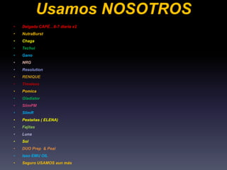 Usamos NOSOTROS
• Delgada CAFÉ…6-7 diaria x2
• NutraBurst
• Chaga
• Techui
• Gano
• NRG
• Resolution
• RENIQUE
• Timeless
• Pomica
• Gladiator
• SlimPM
• SlimR
• Pestañas ( ELENA)
• Fajitas
• Luna
• Sol
• DUO Prep & Peal
• Iaso EMU OIL
• Seguro USAMOS aun más
 