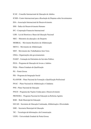 ICAE – Conselho Internacional de Educação de Adultos
ICSID - Centro Internacional para a Resolução de Disputas sobre Investimentos
IDA - Associação Internacional de Desenvolvimento
IDH – Índice de Desenvolvimento Humano
IFC - Corporação Financeira Internacional
LDB – Lei de Diretrizes e Bases da Educação Nacional
MEC – Ministério da educação e do Desporto
MOBRAL – Movimento Brasileiro de Alfabetização
MOVA – Movimento de Alfabetização
MST – Movimento dos Trabalhadores Sem Terra
ONGs - Organizações não governamentais
PASEP – Formação do Patrimônio do Servidos Publico
PEJA – Programa de Educação de Jovens e Adultos
PEQs – Planos Estaduais de Qualificação
PG – Ponta Grossa
PIS – Programa de Integração Social
PLANFOR – Plano Nacional de Formação e Qualificação Profissional
PNAC – Plano Nacional de Alfabetização e Cidadania
PNE - Plano Nacional de Educação
PNUD – Programa das Nações Unidas para o Desenvolvimento
PRONERA – Programa Nacional de Educação na Reforma Agrária
RME – Rede Municipal de Educação
SECAD – Secretaria de Educação Continuada, Alfabetização e Diversidade.
SME – Secretaria Municipal de Educação
TIC – Tecnologia da Informação e da Comunicação
UEPG – Universidade Estadual de Ponta Grossa
 