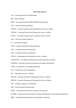 LISTA DE SIGLAS
AIA - Ano Internacional da Alfabetização
BM – Banco Mundial
BSGI - Associação Brasileira SOKAGAKKAI internacional
CEB – Câmara de Educação Básica
CEEBJA – Centro Estadual de Educação Básica de Jovens e Adultos
CENEJA – Comissão Nacional de Educação de Jovens e Adultos
CEPAL – Comissão Econômica para a América Latina e Caribe
CES – Centro de Estudos Supletivos
CF – Constituição Federal
CNB – Conselho Nacional de Educação Básica
CNE – Conselho Nacional de Educação
CNE – Conselho Nacional de Educação
COEJA - Coordenadoria de Educação de Jovens e Adultos
CONFINTEA - V Conferência Internacional sobre Educação de Adultos
CONSED - Conselho Nacional de Secretários de Estados da Educação
CRUB - Conselho de Universidades Brasileiras
CUT - Central Única dos Trabalhadores
EJA – Educação de Jovens e Adultos
ENEJAS – Encontro Nacional de Educação de Jovens e Adultos
EPEJAS – Encontro Paranaense de Educação de Jovens e Adultos
FAT – Fundo de Amparo ao Trabalhador
FMI – Fundo Monetário Internacional
FNDE – Fundo Nacional de Desenvolvimento da Educação
FUNDEF - Fundo de Desenvolvimento do Ensino Fundamental e Valorização do Magistério
IBGE – Fundação Instituto Brasileiro de Geografia e Estatística
 