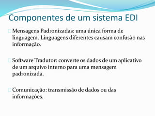 Componentes de um sistema EDI 
Mensagens Padronizadas: uma única forma de 
linguagem. Linguagens diferentes causam confusão nas 
informação. 
Software Tradutor: converte os dados de um aplicativo 
de um arquivo interno para uma mensagem 
padronizada. 
Comunicação: transmissão de dados ou das 
informações. 
 